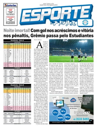 Noiteimortal!Comgolnosacréscimosevitória
nos pênaltis, Grêmio passa pelo Estudiantes
06-17-24-25-44-49
01-02-23-30-32-33
CONCURSO
1.832
DUPLA SENA
28/08
12-21-54-56-72
CONCURSO
4.762
QUINA
28/08
Jornal Correio do Sul
Quarta-Feira, 29 de Agosto de 2018
A
téondevai
a imorta-
lidade do
Grêmio?!
A quem
não acreditava mais nela, o
atual campeão da América
mostrou que a alcunha não
falha quando mais se precisa
dela. Depois de vencer por 2
a 1, com o gol da vitória aos
47minutosdosegundotempo,
o Tricolor bateu o Estudiantes
nos pênaltis na noite desta
terça-feira, naArena, e passou
às quartas de final da Liberta-
dores. O sonho do tetra está
mais vivo do que nunca!
Grêmio abriu a série de
penalidades e foi até o fim
de forma perfeita. Maicon,
Everton, Jael,Alisson eAndré
acertaram suas cobranças. Ro-
dríguez, Noguera e Lugüercio
também converteram. Mas
o zagueiro Campi mandou a
bola na torcida e deu a classi-
ficação ao time brasileiro.
Classificado às quartas
de final da Libertadores, o
Grêmio terá pela frente mais
um argentino. Será o Atlético
Tucumán, que passou pelo
Atlético Nacional, da Colôm-
bia. A primeira partida será
disputada na Argentina. O
Tricolor decide a vaga na se-
mifinal novamente na Arena.
Nosábado,osgaúchosenfren-
tam o Botafogo, às 16h, pelo
Brasileirão, em Porto Alegre.
Alisson entrou em campo
no intervalo, com o empate
no placar e a necessidade de
o Grêmio marcar a qualquer
custo. No fim do jogo, cheio
de atacantes e sem esquema
tático, o Tricolor fez o 2 a 1
aos 47. Luan cobrou falta do
lado da área, e Alisson deu
uma casquinha de cabeça. A
bola ainda bateu no travessão
antes de morrer no fundo da
rede de Andújar. Na cobrança
de pênaltis, o atacante não
desperdiçou a sua.
O Grêmio não deu tempo
para o ferrolho do Estudian-
tes entrar em ação. Aos cin-
co minutos, Jael recebeu de
Maicon e deu belo passe por
elevação para Everton entrar
na área e encobrir o goleiro
Andújar. Com a mesma rapi-
dez, perdeu a vantagem. Aos
oito, Jailson saiu errado pelo
meio e Geromel foi mal em
dividida com Rodríguez, que
disparou e deslocou Grohe
para empatar. A partir daí, os
brasileiros ultrapassaram os
70% de posse de bola, mas
sem encontrar espaços. Em
escanteio aos 41, Luan quase
fez o segundo, mas não pegou
bem na bola.
Renato Gaúcho logo pro-
videnciou a saída de Ramiro,
Brasileirão - Série A
Brasileirão - Série B
novamente apagado, e co-
locou Alisson no intervalo.
Os donos da casa ampliaram
ainda mais seu domínio. Jael,
em três oportunidades, e Jail-
son levaram perigo ao gol do
Estudiantes em 15 minutos.
Aos 26, Jael dominou na área
e bateu. A bola tocou no pé
de Schunke, na trave e não
entrou. O Tricolor seguiu a
martelar, já com cinco ata-
cantes em campo. E, aos 47,
Alisson completou de cabeça
cobrança de falta de Luan
para fazer o 2 a 1 e levar a
decisão aos pênaltis.
Nem o torcedor gremista
imaginava,masogoldeEver-
ton logo aos cinco minutos
facilitaria e muito a vida trico-
Porto Alegre
lor. Ele marcou após Maicon
encontrar Jael, que fez o pivô
e deu um belo toque por cima
para o companheiro, que
protegeu a bola e encobriu
o goleiro Andújar. A Arena
explodiu em festa.
Mas ninguém esperava
também duas falhas seguidas
do sistema defensivo do Grê-
mio.Aos oito, Jailson vacilou
no meio, e Geromel perdeu a
dividida com Rodríguez. O
argentino saiu cara a cara com
Marcelo Grohe e deslocou-
-o com um toque no canto
esquerdo. O balde jogado
sobre a torcida foi de água
congelada. Quem imaginaria
que o alívio viria só aos 47 do
segundo tempo?!
 