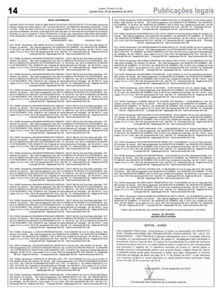 14 Publicações legaisJornal Correio do Sul
Quinta-Feira, 29 de dezembro de 2016
EDITAL DE INTIMAÇÃO
ARLINDO EDÍLIO DA ROSA, Titular do TABELIONATO DE NOTAS E PROTESTOS DE TÍTULOS desta Comarca de
Sombrio, situado naAv. Nereu Ramos, 1300 - Fone (48) 3533-0318 - CEP 88960-000, atendimento das 08:00h - 12:00h
e 14:00h - 18:00h, faz saber na forma da Lei aos que o presente EDITAL virem, que se encontram nesse tabelionato
para serem protestados, decorrido o prazo legal de 03 (três) dias úteis, por não terem sido encontrados nos endereços
fornecidos, ou por se recusarem a tomar conhecimento, os títulos cujos responsáveis estão abaixo discriminados.
Ficam esclarecidos, também, de que nesse mesmo prazo poderão apresentar resposta escrita, que não impedirá a
lavratura do protesto.
PROT.......................................................................APRESENTANTE / CNPJ DEVEDOR / CNPJ
Prot: 153797; Devedor(es): ANA MARIA DA SILVA CLAUDINO - 12.815.159/0001-43, End: Rua José Isopop, 84,
Sombrio; Tip: Normal; Mot: Falta de pagamento; Ced: MUNICIPIO DE SOMBRIO; Sac: MUNICIPIO DE SOMBRIO;
Tit: 857-2016 ; Apr: MUNICIPIO DE SOMBRIO; VEN: À VISTA; Esp: Certidão de Dívida Ativa; Val: R$ 1.140,67 + Juros
Legais (1% a.m.); Emol.: R$ 51,86. Apontamento R$ 15,00 - Selo R$ 1,70 - Distribuição R$ 0,00 - Diligência R$ 30,00
- Condução R$ 6,86 - Digitalização R$ 0,00- Total Emolumentos R$ 51,86.
Prot: 153660; Devedor(es):ANAMARIARODRIGUES CARDOSO - 736.471.950-49, End: Rua Padre João Reitz, 1187,
Sombrio; Tip: Normal; Mot: Falta de pagamento; Ced: DB S.A COMERCIO DE MOVEIS E ELETRODOMEST; Sac:
DB S.A COMERCIO DE MOVEIS E ELETRODOMESTICOS; Tit: 102100106 ; Apr: DB S.A COMERCIO DE MOVEIS
E ELETRODOMEST; VEN: 02/08/2015; Esp: Duplicata de Venda Mercantil por Indicação; Val: R$ 203,00 + Juros
Legais (1% a.m.); Emol.: R$ 51,86. Apontamento R$ 15,00 - Selo R$ 1,70 - Distribuição R$ 0,00 - Diligência R$ 30,00
- Condução R$ 6,86 - Digitalização R$ 0,00- Total Emolumentos R$ 51,86.
Prot: 153655; Devedor(es):ANAMARIARODRIGUES CARDOSO - 736.471.950-49, End: Rua Padre João Reitz, 1187,
Sombrio; Tip: Normal; Mot: Falta de pagamento; Ced: DB S.A COMERCIO DE MOVEIS E ELETRODOMEST; Sac:
DB S.A COMERCIO DE MOVEIS E ELETRODOMESTICOS; Tit: 109670104 ; Apr: DB S.A COMERCIO DE MOVEIS
E ELETRODOMEST; VEN: 10/07/2015; Esp: Duplicata de Venda Mercantil por Indicação; Val: R$ 559,75 + Juros
Legais (1% a.m.); Emol.: R$ 51,86. Apontamento R$ 15,00 - Selo R$ 1,70 - Distribuição R$ 0,00 - Diligência R$ 30,00
- Condução R$ 6,86 - Digitalização R$ 0,00- Total Emolumentos R$ 51,86.
Prot: 153654; Devedor(es):ANAMARIARODRIGUES CARDOSO - 736.471.950-49, End: Rua Padre João Reitz, 1187,
Sombrio; Tip: Normal; Mot: Falta de pagamento; Ced: DB S.A COMERCIO DE MOVEIS E ELETRODOMEST; Sac:
DB S.A COMERCIO DE MOVEIS E ELETRODOMESTICOS; Tit: 102100105 ; Apr: DB S.A COMERCIO DE MOVEIS
E ELETRODOMEST; VEN: 03/07/2015; Esp: Duplicata de Venda Mercantil por Indicação; Val: R$ 203,00 + Juros
Legais (1% a.m.); Emol.: R$ 51,86. Apontamento R$ 15,00 - Selo R$ 1,70 - Distribuição R$ 0,00 - Diligência R$ 30,00
- Condução R$ 6,86 - Digitalização R$ 0,00- Total Emolumentos R$ 51,86.
Prot: 153649; Devedor(es):ANAMARIARODRIGUES CARDOSO - 736.471.950-49, End: Rua Padre João Reitz, 1187,
Sombrio; Tip: Normal; Mot: Falta de pagamento; Ced: DB S.A COMERCIO DE MOVEIS E ELETRODOMEST; Sac:
DB S.A COMERCIO DE MOVEIS E ELETRODOMESTICOS; Tit: 109670103 ; Apr: DB S.A COMERCIO DE MOVEIS
E ELETRODOMEST; VEN: 10/06/2015; Esp: Duplicata de Venda Mercantil por Indicação; Val: R$ 559,75 + Juros
Legais (1% a.m.); Emol.: R$ 51,86. Apontamento R$ 15,00 - Selo R$ 1,70 - Distribuição R$ 0,00 - Diligência R$ 30,00
- Condução R$ 6,86 - Digitalização R$ 0,00- Total Emolumentos R$ 51,86.
Prot: 153648; Devedor(es):ANAMARIARODRIGUES CARDOSO - 736.471.950-49, End: Rua Padre João Reitz, 1187,
Sombrio; Tip: Normal; Mot: Falta de pagamento; Ced: DB S.A COMERCIO DE MOVEIS E ELETRODOMEST; Sac:
DB S.A COMERCIO DE MOVEIS E ELETRODOMESTICOS; Tit: 61965105 ; Apr: DB S.A COMERCIO DE MOVEIS
E ELETRODOMEST; VEN: 05/06/2015; Esp: Duplicata de Venda Mercantil por Indicação; Val: R$ 294,00 + Juros
Legais (1% a.m.); Emol.: R$ 51,86. Apontamento R$ 15,00 - Selo R$ 1,70 - Distribuição R$ 0,00 - Diligência R$ 30,00
- Condução R$ 6,86 - Digitalização R$ 0,00- Total Emolumentos R$ 51,86.
Prot: 153647; Devedor(es):ANAMARIARODRIGUES CARDOSO - 736.471.950-49, End: Rua Padre João Reitz, 1187,
Sombrio; Tip: Normal; Mot: Falta de pagamento; Ced: DB S.A COMERCIO DE MOVEIS E ELETRODOMEST; Sac:
DB S.A COMERCIO DE MOVEIS E ELETRODOMESTICOS; Tit: 102100104 ; Apr: DB S.A COMERCIO DE MOVEIS
E ELETRODOMEST; VEN: 02/06/2015; Esp: Duplicata de Venda Mercantil por Indicação; Val: R$ 203,00 + Juros
Legais (1% a.m.); Emol.: R$ 51,86. Apontamento R$ 15,00 - Selo R$ 1,70 - Distribuição R$ 0,00 - Diligência R$ 30,00
- Condução R$ 6,86 - Digitalização R$ 0,00- Total Emolumentos R$ 51,86.
Prot: 153642; Devedor(es):ANAMARIARODRIGUES CARDOSO - 736.471.950-49, End: Rua Padre João Reitz, 1187,
Sombrio; Tip: Normal; Mot: Falta de pagamento; Ced: DB S.A COMERCIO DE MOVEIS E ELETRODOMEST; Sac:
DB S.A COMERCIO DE MOVEIS E ELETRODOMESTICOS; Tit: 109670102 ; Apr: DB S.A COMERCIO DE MOVEIS
E ELETRODOMEST; VEN: 10/05/2015; Esp: Duplicata de Venda Mercantil por Indicação; Val: R$ 559,75 + Juros
Legais (1% a.m.); Emol.: R$ 51,86. Apontamento R$ 15,00 - Selo R$ 1,70 - Distribuição R$ 0,00 - Diligência R$ 30,00
- Condução R$ 6,86 - Digitalização R$ 0,00- Total Emolumentos R$ 51,86.
Prot: 153641; Devedor(es):ANAMARIARODRIGUES CARDOSO - 736.471.950-49, End: Rua Padre João Reitz, 1187,
Sombrio; Tip: Normal; Mot: Falta de pagamento; Ced: DB S.A COMERCIO DE MOVEIS E ELETRODOMEST; Sac:
DB S.A COMERCIO DE MOVEIS E ELETRODOMESTICOS; Tit: 61965104 ; Apr: DB S.A COMERCIO DE MOVEIS
E ELETRODOMEST; VEN: 05/05/2015; Esp: Duplicata de Venda Mercantil por Indicação; Val: R$ 294,00 + Juros
Legais (1% a.m.); Emol.: R$ 51,86. Apontamento R$ 15,00 - Selo R$ 1,70 - Distribuição R$ 0,00 - Diligência R$ 30,00
- Condução R$ 6,86 - Digitalização R$ 0,00- Total Emolumentos R$ 51,86.
Prot: 153635; Devedor(es):ANAMARIARODRIGUES CARDOSO - 736.471.950-49, End: Rua Padre João Reitz, 1187,
Sombrio; Tip: Normal; Mot: Falta de pagamento; Ced: DB S.A COMERCIO DE MOVEIS E ELETRODOMEST; Sac:
DB S.A COMERCIO DE MOVEIS E ELETRODOMESTICOS; Tit: 109670101 ; Apr: DB S.A COMERCIO DE MOVEIS
E ELETRODOMEST; VEN: 10/04/2015; Esp: Duplicata de Venda Mercantil por Indicação; Val: R$ 559,75 + Juros
Legais (1% a.m.); Emol.: R$ 51,86. Apontamento R$ 15,00 - Selo R$ 1,70 - Distribuição R$ 0,00 - Diligência R$ 30,00
- Condução R$ 6,86 - Digitalização R$ 0,00- Total Emolumentos R$ 51,86.
Prot: 153634; Devedor(es):ANAMARIARODRIGUES CARDOSO - 736.471.950-49, End: Rua Padre João Reitz, 1187,
Sombrio; Tip: Normal; Mot: Falta de pagamento; Ced: DB S.A COMERCIO DE MOVEIS E ELETRODOMEST; Sac:
DB S.A COMERCIO DE MOVEIS E ELETRODOMESTICOS; Tit: 61965103 ; Apr: DB S.A COMERCIO DE MOVEIS
E ELETRODOMEST; VEN: 05/04/2015; Esp: Duplicata de Venda Mercantil por Indicação; Val: R$ 294,00 + Juros
Legais (1% a.m.); Emol.: R$ 51,86. Apontamento R$ 15,00 - Selo R$ 1,70 - Distribuição R$ 0,00 - Diligência R$ 30,00
- Condução R$ 6,86 - Digitalização R$ 0,00- Total Emolumentos R$ 51,86.
Prot: 153633; Devedor(es):ANAMARIARODRIGUES CARDOSO - 736.471.950-49, End: Rua Padre João Reitz, 1187,
Sombrio; Tip: Normal; Mot: Falta de pagamento; Ced: DB S.A COMERCIO DE MOVEIS E ELETRODOMEST; Sac:
DB S.A COMERCIO DE MOVEIS E ELETRODOMESTICOS; Tit: 102100102 ; Apr: DB S.A COMERCIO DE MOVEIS
E ELETRODOMEST; VEN: 02/04/2015; Esp: Duplicata de Venda Mercantil por Indicação; Val: R$ 203,00 + Juros
Legais (1% a.m.); Emol.: R$ 51,86. Apontamento R$ 15,00 - Selo R$ 1,70 - Distribuição R$ 0,00 - Diligência R$ 30,00
- Condução R$ 6,86 - Digitalização R$ 0,00- Total Emolumentos R$ 51,86.
Prot: 153800; Devedor(es): C.A ROCHA REPRESENTACOES - 75.815.506/0001-58, End: Av. Neeru Ramos, 1460,
Sombrio; Tip: Normal; Mot: Falta de pagamento; Ced: MUNICIPIO DE SOMBRIO; Sac: MUNICIPIO DE SOMBRIO;
Tit: 863-2016 ; Apr: MUNICIPIO DE SOMBRIO; VEN: À VISTA; Esp: Certidão de Dívida Ativa; Val: R$ 581,51 + Juros
Legais (1% a.m.); Emol.: R$ 51,86. Apontamento R$ 15,00 - Selo R$ 1,70 - Distribuição R$ 0,00 - Diligência R$ 30,00
- Condução R$ 6,86 - Digitalização R$ 0,00- Total Emolumentos R$ 51,86.
Prot: 153543; Devedor(es): CLEUSASILVAPADILHA- 828.555.010-91, End:Av. Irere, 1236, Sombrio; Tip: Normal; Mot:
Falta de pagamento; Ced: LEOPOLDO CARDOSO PADILHA; Sac: LEOPOLDO CARDOSO PADILHA; Tit: 000000005
; Apr: COOPERATIVA DE CREDITO DE LIVRE ADMISSAO; VEN: 10/12/2016; Esp: Duplicata de Venda Mercantil por
Indicação; Val: R$ 179,16 + Juros Legais (1% a.m.); Emol.: R$ 87,29.Apontamento R$ 15,00 - Selo R$ 1,70 - Distribuição
R$ 0,00 - Diligência R$ 46,00 - Condução R$ 26,29 - Digitalização R$ 0,00- Total Emolumentos R$ 87,29.
Prot: 153566; Devedor(es): COMERCIAL DE BEM BEZ LTDA - EPP - 85.213.635/0001-20, End: Via Lat. da BR 101
Pref. Santelmo Borba, S/N, Sombrio; Tip: Normal; Mot: Falta de pagamento; Ced: COM DE EQUIPAMENTOS NORTE
SUL LTDA; Sac: COM DE EQUIPAMENTOS NORTE SUL LTDA; Tit: 096116-A-2 ; Apr: BANCO BRADESCO S A;
VEN: 16/12/2016; Esp: Duplicata de Venda Mercantil por Indicação; Val: R$ 558,72 + Juros Legais (1% a.m.); Emol.:
R$ 51,86. Apontamento R$ 15,00 - Selo R$ 1,70 - Distribuição R$ 0,00 - Diligência R$ 30,00 - Condução R$ 6,86 -
Digitalização R$ 0,00- Total Emolumentos R$ 51,86.
Prot: 153564; Devedor(es): DANIARA MACIEL RODRIGUES ME - 13.634.278/0001-62, End: Av. Antonio Sant’Helena,
320, Sombrio; Tip: Normal; Mot: Falta de pagamento; Ced: IRMAOS MESA E CIA LTDA; Sac: IRMAOS MESA E
CIA LTDA; Tit: NF5998CH01 ; Apr: BANCO BRADESCO S A; VEN: 11/12/2016; Esp: Duplicata de Venda Mercantil
por Indicação; Val: R$ 2.000,00 + Juros Legais (1% a.m.); Emol.: R$ 51,86. Apontamento R$ 15,00 - Selo R$ 1,70 -
Distribuição R$ 0,00 - Diligência R$ 30,00 - Condução R$ 6,86 - Digitalização R$ 0,00- Total Emolumentos R$ 51,86.
Prot: 153700; Devedor(es): DI HELLEN INDUSTRIADE COSMETICOS LTDA- 01.376.008/0001-10, End: Rua Dr.Antonio
Bottini, 1386, Sombrio; Tip: Normal; Mot: Falta de pagamento; Ced: MUNICIPIO DE SOMBRIO; Sac: MUNICIPIO
DE SOMBRIO; Tit: 26-2016 ; Apr: MUNICIPIO DE SOMBRIO; VEN: À VISTA; Esp: Certidão de Dívida Ativa; Val: R$
1.089,70 + Juros Legais (1% a.m.); Emol.: R$ 51,86. Apontamento R$ 15,00 - Selo R$ 1,70 - Distribuição R$ 0,00 -
Diligência R$ 30,00 - Condução R$ 6,86 - Digitalização R$ 0,00- Total Emolumentos R$ 51,86.
Prot: 153592; Devedor(es): ESQUADRIAS E.B.V LTDA- 05.791.734/0001-50, End: RuaAntonio Simão, 66, Sombrio; Tip:
Normal; Mot: Falta de pagamento; Ced: MUNICIPIO DE SOMBRIO; Sac: MUNICIPIO DE SOMBRIO; Tit: 758-2016
; Apr: MUNICIPIO DE SOMBRIO; VEN: À VISTA; Esp: Certidão de Dívida Ativa; Val: R$ 1.846,63 + Juros Legais (1%
a.m.); Emol.: R$ 51,86. Apontamento R$ 15,00 - Selo R$ 1,70 - Distribuição R$ 0,00 - Diligência R$ 30,00 - Condução
R$ 6,86 - Digitalização R$ 0,00- Total Emolumentos R$ 51,86.
Prot: 153739; Devedor(es): FLAT EMPREENDIMENTOS IMOBILIARIOS LTD - 00.536.235/0001-00, End:Av. Beiramar,
S/N, Balneario Gaivota; Tip: Normal; Mot: Falta de pagamento; Ced: POZOLANAIND E COM LTDA; Sac: POZOLANA
IND E COM LTDA; Tit: 102658/02/ ;Apr: BANCO BRADESCO SA; VEN: 16/12/2016; Esp: Duplicata de Venda Mercantil
por Indicação; Val: R$ 1.059,00 + Juros Legais (1% a.m.); Emol.: R$ 51,86. Apontamento R$ 15,00 - Selo R$ 1,70 -
Distribuição R$ 0,00 - Diligência R$ 30,00 - Condução R$ 6,86 - Digitalização R$ 0,00- Total Emolumentos R$ 51,86.
Prot: 153812; Devedor(es): IVAN CABRAL BORGES ME (JB CONSULTORIO VETER) - 12.152.366/0002-46, End: Rua
João José Guimarães, 702, Sombrio; Tip: Normal; Mot: Falta de pagamento; Ced: MUNICIPIO DE SOMBRIO; Sac:
MUNICIPIO DE SOMBRIO; Tit: 877-2016 ; Apr: MUNICIPIO DE SOMBRIO; VEN: À VISTA; Esp: Certidão de Dívida
Ativa; Val: R$ 1.106,30 + Juros Legais (1% a.m.); Emol.: R$ 51,86. Apontamento R$ 15,00 - Selo R$ 1,70 - Distribuição
R$ 0,00 - Diligência R$ 30,00 - Condução R$ 6,86 - Digitalização R$ 0,00- Total Emolumentos R$ 51,86.
Prot: 153787; Devedor(es): JAILSON RABELO TRAJANO ME - 13.202.723/0001-15, End: Rua José Patricio dos Santos,
836, Sombrio;Tip: Normal; Mot: Falta de pagamento; Ced: MUNICIPIO DE SOMBRIO; Sac: MUNICIPIO DE SOMBRIO;
Tit: 845-2016 ; Apr: MUNICIPIO DE SOMBRIO; VEN: À VISTA; Esp: Certidão de Dívida Ativa; Val: R$ 1.140,67 + Juros
Legais (1% a.m.); Emol.: R$ 51,86. Apontamento R$ 15,00 - Selo R$ 1,70 - Distribuição R$ 0,00 - Diligência R$ 30,00
- Condução R$ 6,86 - Digitalização R$ 0,00- Total Emolumentos R$ 51,86.
Prot: 153619; Devedor(es): JOAO CARLOS D EOLIVEIRA - 13.357.001/0001-30, End: Av. Getulio Vargas, 1282,
Sombrio; Tip: Normal; Mot: Falta de pagamento; Ced: MUNICIPIO DE SOMBRIO; Sac: MUNICIPIO DE SOMBRIO;
Tit: 721-2016 ; Apr: MUNICIPIO DE SOMBRIO; VEN: À VISTA; Esp: Certidão de Dívida Ativa; Val: R$ 1.140,67 + Juros
Legais (1% a.m.); Emol.: R$ 51,86. Apontamento R$ 15,00 - Selo R$ 1,70 - Distribuição R$ 0,00 - Diligência R$ 30,00
- Condução R$ 6,86 - Digitalização R$ 0,00- Total Emolumentos R$ 51,86.
Prot: 153769; Devedor(es): LEANDRO ARAUJO DE OLIVEIRA LTDA (MAQSUL) - 10.639.584/0001-01, End: Rua
Caetano Lummertz, 1034, Sombrio; Tip: Normal; Mot: Falta de pagamento; Ced: MUNICIPIO DE SOMBRIO; Sac:
MUNICIPIO DE SOMBRIO; Tit: 798-2016 ; Apr: MUNICIPIO DE SOMBRIO; VEN: À VISTA; Esp: Certidão de Dívida
Ativa; Val: R$ 1.699,85 + Juros Legais (1% a.m.); Emol.: R$ 51,86. Apontamento R$ 15,00 - Selo R$ 1,70 - Distribuição
R$ 0,00 - Diligência R$ 30,00 - Condução R$ 6,86 - Digitalização R$ 0,00- Total Emolumentos R$ 51,86.
Prot: 153763; Devedor(es): MARCOSAURELIO DASILVABOEIRAME - 09.244.446/0001-36, End: Rua João Quartieiro,
151, Sombrio;Tip: Normal; Mot: Falta de pagamento; Ced: MUNICIPIO DE SOMBRIO; Sac: MUNICIPIO DE SOMBRIO;
Tit: 787-2016 ; Apr: MUNICIPIO DE SOMBRIO; VEN: À VISTA; Esp: Certidão de Dívida Ativa; Val: R$ 1.699,85 + Juros
Legais (1% a.m.); Emol.: R$ 51,86. Apontamento R$ 15,00 - Selo R$ 1,70 - Distribuição R$ 0,00 - Diligência R$ 30,00
- Condução R$ 6,86 - Digitalização R$ 0,00- Total Emolumentos R$ 51,86.
Prot: 153785; Devedor(es): PONTO MAQUINAS LTDA - 13.000.065/0001-89, End: Av. Antonio Sant’Helena, 150,
Sombrio; Tip: Normal; Mot: Falta de pagamento; Ced: MUNICIPIO DE SOMBRIO; Sac: MUNICIPIO DE SOMBRIO;
Tit: 843-2016 ; Apr: MUNICIPIO DE SOMBRIO; VEN: À VISTA; Esp: Certidão de Dívida Ativa; Val: R$ 1.140,67 + Juros
Legais (1% a.m.); Emol.: R$ 51,86. Apontamento R$ 15,00 - Selo R$ 1,70 - Distribuição R$ 0,00 - Diligência R$ 30,00
- Condução R$ 6,86 - Digitalização R$ 0,00- Total Emolumentos R$ 51,86.
Prot: 153791; Devedor(es): PROJETAR INDUSTRIADE FIBRAS LTDA- 13.545.988/0001-16, End:Av. Papa João XXIII,
974, Sombrio;Tip: Normal; Mot: Falta de pagamento; Ced: MUNICIPIO DE SOMBRIO; Sac: MUNICIPIO DE SOMBRIO;
Tit: 851-2016 ; Apr: MUNICIPIO DE SOMBRIO; VEN: À VISTA; Esp: Certidão de Dívida Ativa; Val: R$ 1.140,67 + Juros
Legais (1% a.m.); Emol.: R$ 51,86. Apontamento R$ 15,00 - Selo R$ 1,70 - Distribuição R$ 0,00 - Diligência R$ 30,00
- Condução R$ 6,86 - Digitalização R$ 0,00- Total Emolumentos R$ 51,86.
Prot: 153789; Devedor(es): RAQUELDE LIMAMARTINS ME - 13.341.481/0001-40, End: Rua João Manoel Scheffer, 1757,
Sombrio; Tip: Normal; Mot: Falta de pagamento; Ced: MUNICIPIO DE SOMBRIO; Sac: MUNICIPIO DE SOMBRIO;
Tit: 848-2016 ; Apr: MUNICIPIO DE SOMBRIO; VEN: À VISTA; Esp: Certidão de Dívida Ativa; Val: R$ 1.140,67 + Juros
Legais (1% a.m.); Emol.: R$ 51,86. Apontamento R$ 15,00 - Selo R$ 1,70 - Distribuição R$ 0,00 - Diligência R$ 30,00
- Condução R$ 6,86 - Digitalização R$ 0,00- Total Emolumentos R$ 51,86.
Prot: 153813; Devedor(es): ROTASUL VISTORIALTDA- 15.188.640/0001-44, End:Av. Papa João XXIII, 756, Sombrio;
Tip: Normal; Mot: Falta de pagamento; Ced: MUNICIPIO DE SOMBRIO; Sac: MUNICIPIO DE SOMBRIO; Tit: 878-
2016 ;Apr: MUNICIPIO DE SOMBRIO; VEN: À VISTA; Esp: Certidão de DívidaAtiva; Val: R$ 559,36 + Juros Legais (1%
a.m.); Emol.: R$ 51,86. Apontamento R$ 15,00 - Selo R$ 1,70 - Distribuição R$ 0,00 - Diligência R$ 30,00 - Condução
R$ 6,86 - Digitalização R$ 0,00- Total Emolumentos R$ 51,86.
Prot: 153784; Devedor(es): RS CONFCCOES E TRANSPORTES LTDA- 13.026.860/0001-46, End:Av. Papa João XXIII,
685, Sombrio;Tip: Normal; Mot: Falta de pagamento; Ced: MUNICIPIO DE SOMBRIO; Sac: MUNICIPIO DE SOMBRIO;
Tit: 842-2016 ; Apr: MUNICIPIO DE SOMBRIO; VEN: À VISTA; Esp: Certidão de Dívida Ativa; Val: R$ 1.420,27 + Juros
Legais (1% a.m.); Emol.: R$ 51,86. Apontamento R$ 15,00 - Selo R$ 1,70 - Distribuição R$ 0,00 - Diligência R$ 30,00
- Condução R$ 6,86 - Digitalização R$ 0,00- Total Emolumentos R$ 51,86.
Prot: 153811; Devedor(es): SENILDA APARECIDA FERREIRA ME (MOTO CIDADE) - 00.757.508/0003-09, End: Rua
Caetano Lummertz, 780, Sombrio; Tip: Normal; Mot: Falta de pagamento; Ced: MUNICIPIO DE SOMBRIO; Sac:
MUNICIPIO DE SOMBRIO; Tit: 876-2016 ; Apr: MUNICIPIO DE SOMBRIO; VEN: À VISTA; Esp: Certidão de Dívida
Ativa; Val: R$ 1.699,85 + Juros Legais (1% a.m.); Emol.: R$ 51,86. Apontamento R$ 15,00 - Selo R$ 1,70 - Distribuição
R$ 0,00 - Diligência R$ 30,00 - Condução R$ 6,86 - Digitalização R$ 0,00- Total Emolumentos R$ 51,86.
Certifico, para os devidos fins, que o presente edital foi afixado no mural da serventia em: 29/12/2016.
Sombrio - SC, 29/12/2016
ARLINDO EDÍLIO DA ROSA
 