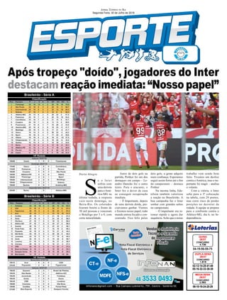 Após tropeço "doído", jogadores do Inter
destacam reação imediata: “Nosso papel”
02-12-14-28-41-48
05-16-32-33-38-39
CONCURSO
1.819
DUPLA SENA
28/07
04-19-56-59-75
CONCURSO
4.736
QUINA
28/07
06-10-19-24-25-29
CONCURSO
2.063
MEGA SENA
28/07
Jornal Correio do Sul
Segunda-Feira, 30 de Julho de 2018
Brasileirão - Série A
Brasileirão - Série B
Porto Alegre
S
e o Inter
sofreu com
uma derrota
para oAmé-
rica-MG na
última rodada, a resposta
veio neste domingo, no
Beira-Rio. Os colorados
fizeram bonito a frente de
30 mil pessoas e venceram
o Botafogo por 3 a 0, com
certa naturalidade.
Autor de dois gols na
partida, Pottker foi um dos
destaques em campo – Le-
andro Damião fez o outro
tento. Para o atacante, o
Inter fez o dever de casa
ao conseguir recuperação
imediata.
– É Importante, depois
de uma derrota doída, pre-
cisávamos ganhar. Viemos
e fizemos nosso papel, todo
mundo entrou focado e con-
centrado. Fico feliz pelos
dois gols, a gente adquire
mais confiança. Esperamos
seguir assim fortes até o fim
do campeonato – destaca
Pottker
Na mesma linha, Ede-
nílson também valorizou
a reação no Brasileirão. A
boa campanha faz o Inter
sonhar com grandes saltos
no campeonato.
– O importante era re-
tomar rápido e agora dar
sequência.Acho que o nosso
trabalho vem sendo bem
feito. Tivemos um deslize
contra oAmérica, mas o im-
portante foi reagir – analisa
o volante.
Com a vitória, o Inter
sobe para a 3ª colocação
na tabela, com 29 pontos,
mas corre risco de perder
posições no decorrer da
rodada. A equipe se prepara
para o confronto contra o
Atlético-MG, dia 6, no In-
dependência.
 