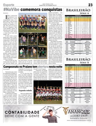 Araranguá
Sombrio
Tudo pronto para o início
do campeonato de futebol su-
íço,Taça Lojas Futebol Clube,
no Praiano Centro de Eventos
em Araranguá. Além do ceri-
monial de abertura, haverá as
duas partidas que irão abrir o
campeonato e também haverá
show de pagode com Papo de
Samba. Será a 3º Taça Lojas
Futebol Clube, a primeira a ser
realizada nas dependências do
Praiano Centro de Eventos, e
terá a coordenação do Jonas
Matos e Fabiano Borges.
Às20hentramemcampo,
o atual bicampeão campeão
Santa Cruz contra o Invictus.
Santa Cruz esse ano que tem
a frente um novo treinador,
o Clei Silvano. O time, pe-
las contratações, vem ainda
mais forte do que na última
E
las começaram
modestas e aos
poucos foram
conquistando nome e res-
peito. Hoje, o time de futsal
feminino #Na Vibe é uma
potência de Sombrio e re-
gião. Boa parte do sucesso
deve-se a jogadora e líder
Luana Darabas, embora ela
não goste que se fale assim.
“Treinamos todas juntas
e somos fortes como uma
equipe”, diz.
O time existe a quase
quatro anos e reúne 16 garo-
tas de Sombrio, que disputam
campeonatos e torneios pelo
menos uma vez ao mês.
Este ano, o saldo está sendo
bastante positivo, com cinco
vitórias em nove competi-
ções. “Este ano, somente
uma competição a gente não
veio com troféu e medalha”.
Quando não está com-
petindo, o grupo se encontra
para treinos, confraterniza-
ção e trabalho, como a rea-
lização de rifas para ajudar a
custear as despesas.
Além da união do time,
Luana conta com o apoio do
pai, Adicionir Matias, que
Brasileirão
Série A
Brasileirão
Série B
23Esporte Jornal Correio do Sul
Quarta-Feira, 30 de Agosto de 2017
competição. Já o Invictus está
renovado e vem com algumas
novidades.
Às 21h mais dois bons
times, em campo a equipe da
Família Elias, atual campeão
da terceira divisão do campe-
onato municipal deAraranguá
contra Frigorífico Duvalle/
Coloniense/Madesasso. Dois
bons times, o time do Família
Elias vem com sua base, já
o Coloniense sempre monta
times de chegada.
Segunda rodada
Após esta rodada de aber-
tura, a competição segue na
sexta-feira, com mais dois
jogos. Às 20h jogam Amigos
da Bola x Resenha e em se-
guida se enfrentam Sandrinos
Mercearia/Araranguaense/
UFC x Vimoendo/Frigorífico
age como técnico, e da irmã
caçula, que aos 12 anos já
joga como gente grande, e de
CampeonatonoPraianotemaberturanestanoite
#NaVibe comemora conquistas
Duvalle/Cia das Ferragens.
“Esperemos um grande
público para esta quarta-feira
na abertura, convidamos a
todos para comparecer não só
para ver dois bons jogos, mais
também desfrutar de um bom
pagode e de uma cerveja bem
Zênio Cardoso, que colabora
com a equipe pessoalmente,
mesmo antes de ser eleito
prefeito de Sombrio. Nos
últimos finais de semana, a
equipe esteve em Xangri-
-lá, de voltou com o terceiro
lugar, sendo o único time ca-
tarinense disputando entre 15
gaúchos; e em Içara, ficando
com o primeiro lugar.
As meninas agora estão
se preparando para um tor-
neio em Turvo, no dia 10 de
setembro, e logo começam os
praianos. Este ano, o Na Vibe
ficou em segundo lugar nos
campeonatos de Balneário
Gaivota e Arroio do Sil-
va, neste último município,
competindo com o apoio de
Maicon, do Departamento de
Esportes de Ermo.
Para brilhar nas quadras,
o #NaVibe conta com o apoio
de patrocinadores, a quem
faz questão de agradecer:
Pizzaria Temperoma, Isabel
Tiscoski corretora de imó-
veis, Júnior Automóveis,
Papa Doce, Sassá Água e
Gás, Hélio Pastelaria, Res-
taurante Frank Sinatra, Posto
Japonês,Acefarma, Paulinho
Burguer, Loteamento Berlim,
ABC Supermercado, Sandre-
mar e a auto-escola Kanon,
que tem proporcionado trans-
porte as atletas.
gelada. Sem sombra de dúvi-
da, dos dois campeonatos que
realizamos, esse é o terceiro e
creio que será o melhor e mais
forte também em termos de
níveltécnicoentreasequipes”,
frisou o coordenador Jonas
Matos.
 