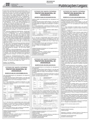 Publicações Legais22 Correio do Sul
Terça-feira,
3 de fevereiro de 2015
ESTADO DE SANTA CATARINA
PREFEITURA MUNICIPAL DE
ARARANGUÁ
ESTADO DE SANTA CATARINA
PREFEITURA MUNICIPAL DE
ARARANGUÁ
ESTADO DE SANTA CATARINA
PREFEITURA MUNICIPAL DE
ARARANGUÁ
ESTADO DE SANTA CATARINA
PREFEITURA MUNICIPAL DE
ARARANGUÁ
SUPER CREDI JAPONES SERVI OS ASSESSORIA CREDI; Tit:
297443-5 ;Apr: FCDL; VEN: 12/01/2015; Esp: Duplicata de Venda
Mercantil por Indicação; Val: 242,50+Juros Legais; Emol.: 64,23.
Prot: 132132; Dev: JOSE CLAUDIO ONEIDE ZORTEA -
946.678.539-72; Ced: GLOBAL COBRANCAS LTDA - ME; Sac:
TALAU MOVEIS E DECORACOES LTDA; Tit: 69090034242 ;
Apr: GLOBAL COBRANCAS LTDA - ME; VEN: 10/02/2011; Esp:
titulo sentença judicial; Val: 5.510,00+Juros Legais; Emol.: 46,96.
Prot: 132179; Dev: LUIS FELIPE DARDE RIBEIRO - 610.065.130-
00; Ced: UNICRED OESTE E SERRA; Sac: IPDVET INSTITUTO
DE PESQUISA E; Tit: 0001 ; Apr: BANCO BRADESCO S A
; VEN: 25/01/2015; Esp: Duplicata de Venda Mercantil por
Indicação; Val: 2.500,00+Juros Legais; Emol.: 46,96.
Prot: 132084; Dev: NOELI EVALDT DA SILVA - 416.310.990-00;
Ced: SUPER CREDI JAPONES SERVI OSASSESSORIACREDI;
Sac: SUPER CREDI JAPONES SERVI OSASSESSORIACREDI;
Tit: 281129-6/8 ; Apr: FCDL; VEN: 27/03/2014; Esp: Duplicata de
Venda Mercantil por Indicação; Val: 43,58+Juros Legais; Emol.:
46,96.
Prot: 132109; Dev: SIMONE DA CUNHA MIGUEL - 049.500.559-
25; Ced: BV FINANCEIRA S/A C.F.I.; Sac: BV FINANCEIRA
S/A C.F.I.; Tit: 900275491 ; Apr: SCHULZE ADVOGADOS
ASSOCIADOS; VEN: 29/01/2015; Esp: Cédula de Crédito
Bancário por Indicação; Val: 6.495,43+Juros Legais; Emol.: 46,96.
Prot: 132074; Dev: TALITADE SOUZAFERREIRA- 075.224.899-
54; Ced: SUPER CREDI JAPONES SERVI OS ASSESSORIA
CREDI; Sac: SUPER CREDI JAPONES SERVI OSASSESSORIA
CREDI; Tit: 299947-5 ; Apr: FCDL; VEN: 17/10/2014; Esp:
Duplicata de Venda Mercantil por Indicação; Val: 433,38+Juros
Legais; Emol.: 46,96.
Prot: 132171; Dev: TATIANE RODRIGUES ANTONIO CANDIDO
- 055.049.879-62; Ced: MARCEL FERNADES PESSOA ME;
Sac: MARCEL FERNADES PESSOA ME; Tit: 161014B/01 ;
Apr: BANCO DO BRASIL SA; VEN: 22/01/2015; Esp: Duplicata
de Venda Mercantil por Indicação; Val: 518,10+Juros Legais;
Emol.: 46,96.
Prot: 132088; Dev: TIAGO DE BORBAABATTI - 044.410.389-92;
Ced: SUPER CREDI JAPONES SERVI OSASSESSORIACREDI;
Sac: SUPER CREDI JAPONES SERVI OSASSESSORIACREDI;
Tit: 290785-1 ; Apr: FCDL; VEN: 18/05/2014; Esp: Duplicata de
Venda Mercantil por Indicação; Val: 30,00+Juros Legais; Emol.:
46,96.
Prot: 132169; Dev: TRANSPORTADORA ISMAEL LTDAME -
18.960.687/0001-72; Ced: VÂNIO DAROSAME.; Sac: VÂNIO DA
ROSA ME.; Tit: 12400-2 ; Apr: CAIXA ECONÔMICA FEDERAL;
VEN: 21/01/2015; Esp: Duplicata de Venda Mercantil por
Indicação; Val: 345,00+Juros Legais; Emol.: 46,96.
Sombrio - SC, 03/02/2015
ARLINDO EDÍLIO DA ROSA
DECRETO Nº 6.680, DE 15 DE SETEMBRO DE 2014.
VISA SUPLEMENTAÇÃO NO ORÇAMENTO DO MUNICÍPIO
DE ARARANGUÁ.
O Prefeito Municipal Sandro Roberto Maciel, no uso das suas
atribuições legais emanadas pela Lei Orgânica do Município e em
conformidade com o art. 8º da Lei Municipal nº 3.215/13.
DECRETA
Art. 1º Fica suplementado o orçamento do Município, no valor
total de R$ 61.000,00 (Sessenta e um mil reais) na seguinte
modalidade de despesa:
Art. 2º. Para fazer face a suplementação deste decreto serão
utilizadas os recursos oriundos do excesso de arrecadação
na fonte de recurso nº 028 - Recurso de Multa de Trânsito, em
conformidade com o que dispõe o art. 43, § 1º, inciso II da Lei
federal nº 4.320/64.
Art. 3º Este Decreto entra em vigor na data de sua publicação.
Art. 4º Revogam-se as disposições em contrário.
Prefeitura Municipal de Araranguá, em 15 de setembro de 2014.
SANDRO ROBERTO MACIEL
Prefeito Municipal
Registrado e publicado o presente Decreto na Secretaria de
Administração em 15 de setembro de 2014.
FERNANDO VALMOR MARCELINO
Secretário de Administração
DECRETO Nº 6.650, DE 19 DE AGOSTO DE 2014.
DISPÕE SOBRE SUPLEMENTAÇÃO NO ORÇAMENTO DO
MUNICÍPIO.
O Prefeito Municipal Sandro Roberto Maciel, no uso das suas
atribuições legais emanadas pela Lei Orgânica do Município e
em conformidade com o artigo 8º da Lei Municipal nº 3.215/2013.
DECRETA
Art. 1º Fica suplementado o orçamento do Município, no valor
total de R$ 875.000,00 (oitocentos e setenta e cinco mil reais) na
seguinte modalidade de despesa:
Art. 2º. Fará face a suplementação deste Decreto, ficarão os
recursos oriundos do excesso de arrecadação na Fonte (132)
– Recursos de Convênio Estadual, em conformidade com o Art.
8º da Lei Municipal nº 3.215/2013 e Art. 43, § 1º, inciso II da Lei
Federal nº 4.320/64.
Art. 3º Este Decreto entra em vigor na data de sua publicação.
Art. 4º Revogam-se as disposições em contrário.
Decreto nº 6.650, de 19 de agosto de 2014.
Fls. 02
Prefeitura Municipal de Araranguá, em 19 de agosto de 2014.
SANDRO ROBERTO MACIEL
Prefeito Municipal
Registrado e publicado o presente Decreto na Secretaria de
Administração em ¬¬¬19 de agosto de 2014.
FERNANDO VALMOR MARCELINO
Secretário de Administração
DECRETO N° 6.710, DE 23 DE OUTUBRO DE 2014.
DECLARA DE UTILIDADE PÚBLICA ÁREAS DE TERRAS
RURAIS NO MUNICÍPIO DE ARARANGUÁ.
O Prefeito Municipal Sandro Roberto Maciel, no uso das
atribuições emanadas do art. 83, VII, da Lei Orgânica do Município,
c/c os artigos. 2º, 5º, i e 6º, do Decreto-Lei nº 3.365, de 21 de
junho de 1941,
DECRETA
Art. 1º - Ficam declaradas de utilidade pública, para posterior
desapropriação amigável ou judicial as áreas de terras que
menciona:
ÁREA 04 - DOAÇÃO DA RODOVIA VALMIRO MANOEL
GONÇALVES: 10.026,70m²
Um terreno rural, situado no Bairro Coloninha, nesta Cidade e
Comarca de Araranguá-SC, com a área de 10.026,70m², com
as seguintes medidas e confrontações: Inicia-se a descrição
deste perímetro no vértice P01, situado no limite com Nelson
Silva Nunes e Outros, deste segue sentido Sul, confrontando ao
OESTE, com distancia total de 501,03m, em 09 (nove) lances,
sendo o primeiro com distancia de 258,03m, até o vértice P02; o
segundo com distancia de 28,14m, até o vértice P03; o terceiro
com distancia de 18,42m, até o vértice P04; o quarto com distancia
de 28,07m, até o vértice P05; o quinto com distancia de 32,36m,
até o vértice P06; o sexto com distancia de 35,58m, até o vértice
P07; o sétimo com distancia de 38,99m, até o vértice P08; o oitavo
com distancia de 32,42m, até o vértice P09; o nono com distancia
de 29,02m, até o vértice P10, ambos confrontando com Área 02 de
Maria de Lourdes Ferreira Mouta Campos e outros; deste segue
sentido Oeste, confrontando ao SUL, onde mede 20,15m, com
terras de AKLLA- Indústria e Comércio de Ingredientes Naturais
Ltda (matr.54.749), até o vértice P24; deste segue sentido Norte,
confrontando ao LESTE, onde mede o total de 504,47m, em 08
(nove) lances, sendo o primeiro com distancia de 30,41m, até o
vértice P25; o segundo com distancia de 29,82m, até o vértice
P26; o terceiro com distancia 37,61m, até o vértice P27; o quarto
com distancia de 32,72m, até o vértice P28; o quinto com distancia
de 35,66m, até o vértice P29; o sexto com distancia de 35,14m,
até o vértice P30; o sétimo com distancia de 27,61m, até o vértice
P31; o oitavo com distancia de 275,50m, até o vértice P19, ambos
confrontando com Área 02 de Maria de Lourdes Ferreira Mouta
Campos e outros; deste segue sentido Oeste, confrontando ao
NORTE, onde mede 26,79m, com terras de Nelson Silva Nunes
e outros (matr. 40.681), ate o vértice P01; Fechando o perímetro
do Imóvel.
ÁREA 05- DOAÇÃO DA RUA GOV. CELSO RAMOS: 1.151,20m²
Um terreno rural, situado no Bairro Coloninha, nesta Cidade e
Comarca de Araranguá-SC, com a área de 1.151,20m², com as
seguintes medidas e confrontações: com as seguintes medidas
e confrontações: Inicia-se a descrição deste perímetro no vértice
P14, situado no limite com a Rua Lucio Antonio Timboni, deste
segue sentido Leste, confrontando ao SUL, com distancia de
94,36m, com Área 02 de Maria de Lourdes Ferreira Mouta
Campos e outros; até o vértice P15, deste segue sentido Norte,
confrontando ao LESTE, com distancia de 34,73m, com terras
de Nelson Silva Nunes e outros (matr. 40.681), até o vértice
P16; deste segue sentido Oeste, confrontando ao NORTE, com
distancia de 55,55m, com Área 01 de Maria de Lourdes Ferreira
Mouta Campos e outros, até o vértice P17; deste segue sentido
Sul, confrontando ao OESTE, com distancia total de 17,16m,
com a Rua Lucio Antonio Timboni, até o vértice P14; Fechando
o perímetro do Imóvel.
Art. 2º - A declaração de utilidade pública a que se refere este
decreto tem o amparo, fins e objetivos constantes dos arts. 2º,
5º, i e 6º do Decreto Lei nº 3.365, de 21 de junho de 1941 e se
destina à regularização da doação das áreas ocupadas pela
Rua Governador Celso Ramos e pela Rodovia Valmiro Manoel
Gonçalves.
Art. 3º - A indenização dos imóveis expropriados será efetuado
pelo Município de Araranguá, através de composição amigável,
determinação judicial ou, ainda, por doação dos proprietários ao
Município.
Art. 4º - Fica nomeada Comissão Especial deAvaliação, composta
pelos servidores Gesse Espindola Gomes, Paulo Ricardo da
Silva, Gilmar Farias, se necessário, sob a presidência do primeiro,
procederem à avaliação dos imóveis, podendo usar dos critérios
que julgar necessários, inclusive consulta ao mercado imobiliário
e o profissional habilitado para tanto.
Art. 5º - Este Decreto entra em vigor na data de sua publicação.
Art. 6º - Revogam-se as disposições em contrário.
Decreto nº 6.710, de 24 de outubro de 2014.
Fls. 02
Prefeitura Municipal de Araranguá, em 23 de outubro de 2014.
SANDRO ROBERTO MACIEL
Prefeito Municipal
Registrado e Publicado o presente Decreto na Secretaria da
Administração Municipal, em 23 de outubro de 2014.
FERNANDO VALMOR MARCELINO
Secretário de Administração
DECRETO Nº 6.631, DE 28 DE JULHO DE 2014.
VISA SUPLEMENTAÇÃO DE DOTAÇÕES NO ORÇAMENTO
DO MUNICÍPIO.
O Prefeito Municipal Sandro Roberto Maciel, no uso das suas
atribuições legais emanadas pela Lei Orgânica do Município e
em conformidade com o artigo 7º da Lei Municipal n° 3.215/2013.
DECRETA
Art. 1º Fica suplementado o Orçamento do Município no valor de
até R$ 104.100,00 (cento e quatro mil e cem reais), no seguinte
projeto e atividade especificada abaixo:
Art. 2º Para fazer face a suplementação deste Decreto, serão
utilizados recursos de anulação de saldo de dotações, nas
respectivas fontes, em conformidade com o disposto no artigo 7º
da Lei Municipal nº 3.215, de 11 de dezembro de 2013, a saber:
Art. 3º Este Decreto entra em vigor na data de sua publicação.
Art. 4º Revogam-se as disposições em contrário.
Prefeitura Municipal de Araranguá, em 28 de julho de 2014.
SANDRO ROBERTO MACIEL
Prefeito Municipal
Registrado e Publicado o presente Decreto na Secretaria da
Administração Municipal, em 28 de julho de 2014.
FERNANDO VALMOR MARCELINO
Secretário de Administração
ESTADO DE SANTA CATARINA
MUNICÍPIO DE ARARANGUÁ
_______________________________________________________
Rua: Dr. Virgulino de Queirós, nº 200 – Centro – Araranguá/SC
Fone: (48)35210900 www.ararangua.net
DECRETO Nº 6.680, DE 15 DE SETEMBRO DE 2014.
VISA SUPLEMENTAÇÃO NO
ORÇAMENTO DO MUNICÍPIO DE
ARARANGUÁ.
O Prefeito Municipal Sandro Roberto Maciel, no uso das suas
atribuições legais emanadas pela Lei Orgânica do Município e em
conformidade com o art. 8º da Lei Municipal nº 3.215/13.
DECRETA
Art. 1º Fica suplementado o orçamento do Município, no valor total de R$ 61.000,00
(Sessenta e um mil reais) na seguinte modalidade de despesa:
Órgão 09 SEC. DE DESENVOLVIMENTO URBANO,
OBRAS E SERVIÇOS
U. Orçam. 03 Departamento de Trânsito
Proj/Ativ. 2.025 Manutenção e Funcionamento do Departamento de
Trânsito.
Elemento 104/33.90.00.00.0028 Aplicações Diretas R$ 37.680,00
Órgão 14 ENCARGOS GERAIS DO MUNICÍPIO
U. Orçam. 01 Encargos Gerais do Município
Proj/Ativ. 2.050 Manutenção do Convênio Policia Militar Rec. Trânsito
Elemento 164/44.90.00.00.0028 Aplicações Diretas R$ 23.320,00
TOTAL DE SUPLEMENTAÇÃO ...................................................... R$ 61.000,00
Art. 2º. Para fazer face a suplementação deste decreto serão utilizadas os recursos
oriundos do excesso de arrecadação na fonte de recurso nº 028 - Recurso de Multa de
Trânsito, em conformidade com o que dispõe o art. 43, § 1º, inciso II da Lei federal nº
ESTADO DE SANTA CATARINA
MUNICÍPIO DE ARARANGUÁ
_______________________________________________________
Rua: Dr. Virgulino de Queirós, nº 200 – Centro – Araranguá/SC
Fone: (48)35210900 www.ararangua.net
DECRETO Nº 6.650, DE 19 DE AGOSTO DE 2014.
DISPÕE SOBRE SUPLEMENTAÇÃO NO
ORÇAMENTO DO MUNICÍPIO.
O Prefeito Municipal Sandro Roberto Maciel, no uso das suas
atribuições legais emanadas pela Lei Orgânica do Município e
em conformidade com o artigo 8º da Lei Municipal nº
3.215/2013.
DECRETA
Art. 1º Fica suplementado o orçamento do Município, no valor total de R$
875.000,00 (oitocentos e setenta e cinco mil reais) na seguinte modalidade de despesa:
Órgão 09 SEC. DE DESENVOLV. URBANO, OBRAS E
SERVIÇOS
U. Orçam. 01 Departamento de Obras
Proj/Ativ. 1.003 Pavimentação e Infra-estrutura com asfalto ou lajotas
Elemento 85/44.90.00.00.0132 Aplicações Diretas R$ 875.000,00
TOTAL DE SUPLEMENTAÇÃO...................................................... R$ 875.000,00
Art. 2º. Fará face a suplementação deste Decreto, ficarão os recursos oriundos do
excesso de arrecadação na Fonte (132) – Recursos de Convênio Estadual, em conformidade
com o Art. 8º da Lei Municipal nº 3.215/2013 e Art. 43, § 1º, inciso II da Lei Federal nº
4.320/64.
Art. 3º Este Decreto entra em vigor na data de sua publicação.
Art. 4º Revogam-se as disposições em contrário.
ESTADO DE SANTA CATARINA
MUNICÍPIO DE ARARANGUÁ
_______________________________________________________
Rua: Dr. Virgulino de Queirós, nº 200 – Centro – Araranguá/SC
Fone: (48)35210900 www.ararangua.net
DECRETO Nº 6.631, DE 28 DE JULHO DE 2014.
VISA SUPLEMENTAÇÃO DE DOTAÇÕES NO ORÇAMENTO DO
MUNICÍPIO.
O Prefeito Municipal Sandro Roberto Maciel, no uso das suas
atribuições legais emanadas pela Lei Orgânica do Município e em
conformidade com o artigo 7º da Lei Municipal n° 3.215/2013.
DECRETA
Art. 1º Fica suplementado o Orçamento do Município no valor de até R$ 104.100,00
(cento e quatro mil e cem reais), no seguinte projeto e atividade especificada abaixo:
Órgão: 06 SECRETARIA DE FINANÇAS
Unidade: 01 Departamento de Receitas
Proj/Ativ. 2.042 Consorcio de Informática na Gestão Pública Municipal
Elementos 51/33.71.00.00.0001 Transferências a Consórcios
Públicos
R$ 4.100,00
Órgão: 07 SECRETARIA DE PLANEJAMENTO URBANO,
CAP. DE RECURSOS E PROJ. ESPECIAIS
Unidade: 01 Departamento de Planejamento Urbano e Projetos
Especiais
Proj/Ativ. 2.018 Funcionamento do Depto. de Planejamento urbano,
Projetos Especiais e Captação de Recursos
Elementos 59/33.90.00.00.0001 Aplicações Diretas R$ 100.000,00
TOTAL DE SUPLEMENTAÇÃO...................................................... R$ 104.100,00
Art. 2º Para fazer face a suplementação deste Decreto, serão utilizados recursos de
anulação de saldo de dotações, nas respectivas fontes, em conformidade com o disposto no
artigo 7º da Lei Municipal nº 3.215, de 11 de dezembro de 2013, a saber:ESTADO DE SANTA CATARINA
MUNICÍPIO DE ARARANGUÁ
_______________________________________________________
Órgão: 06 SECRETARIA DE FINANÇAS
Unidade: 01 Departamento de Receitas
Proj/Ativ. 2.042 Consorcio de Informática na Gestão Pública Municipal
Elementos 50/31.70.00.00.0001 Transferências a Consórcios
Públicos
R$ 4.100,00
Órgão: 08 SECRETARIA DE DESENVOLVIMENTO
ECONÔMICO SUSTENTÁVEL
Unidade: 01 Departamento de Planejamento Urbano e Projetos
Especiais
Proj/Ativ. 2.054 Ações de apoio a micro e pequenas empresas
Elementos 67/44.60.00.00.0001 Transferências a instituições
privadas sem fins lucrativos
R$ 100.000,00
TOTAL DE ANULAÇÕES.............................................................. R$ 104.100,00
Art. 3º Este Decreto entra em vigor na data de sua publicação.
Art. 4º Revogam-se as disposições em contrário.
Prefeitura Municipal de Araranguá, em 28 de julho de 2014.
SANDRO ROBERTO MACIEL
Prefeito Municipal
Registrado e Publicado o presente Decreto na Secretaria da Administração Municipal, em 28
de julho de 2014.
FERNANDO VALMOR MARCELINO
Secretário de Administração
 