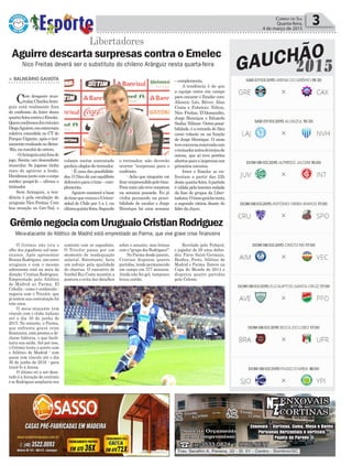 – complementa.
A tendência é de que
a equipe entre em campo
para encarar o Emelec com:
Alisson; Léo, Réver, Alan
Costa e Fabrício; Nilton,
Nico Freitas, D’Alessandro,
Jorge Henrique e Eduardo
Sasha;Nilmar. Outrapossi-
bilidade, é a entrada deAlex
como volante ou na função
de Jorge Henrique. O meia
teveconversareservadacom
otreinadorantesdotreinode
ontem, que só teve portões
abertosparaaimprensanos
primeiros minutos.
Inter e Emelec se en-
frentam a partir das 22h
destaquarta-feira.Apartida
éválidapelaterceirarodada
da fase de grupos da Liber-
tadores.Otimegaúchotenta
a segunda vitória diante do
líder da chave.
volante recém contratado
ganhou elogios do treinador.
- É uma das possibilida-
des.ONicodáumequilíbrio
defensivoparaotime–com-
plementa.
Aguirre manterá a base
dotimequevenceuoUniver-
sidad de Chile por 3 a 1, na
últimaquinta-feira.Segundo
Política 3Correio do Sul
Quarta-feira,
4 de março de 2015
Nico Freitas deverá ser o substituto do chileno Aránguiz nesta quarta-feira
Meia-atacante do Atlético de Madrid está emprestado ao Parma, que vive grave crise financeira
Libertadores
Aguirre descarta surpresas contra o Emelec
> BALNEÁRIO GAIVOTA
Com desgaste mus-
cular,CharlesArán-
guiz está realmente fora
do confronto do Inter desta
quarta-feiracontraoEmelec.
Quemconfirmoufoiotécnico
DiegoAguirre,ementrevista
coletiva concedida no CT do
Parque Gigante, após o trei-
namentorealizadonoBeira-
-Rio, na manhã de ontem.
-OAránguizestáforado
jogo. Sentiu um desconforto
muscular. Se jogasse tinha
risco de agravar a lesão.
Decidimosjuntocomocorpo
médico poupá-lo – afirma o
treinador.
Sem Aránguiz, a ten-
dência é pela escalação do
uruguaio Nico Freitas. Com
boa atuação no Gre-Nal, o
GrêmionegociacomUruguaioCristianRodriguez
O Grêmio não tira o
olho dos jogadores sul-ame-
ricanos. Após apresentar
Braian Rodríguez, um outro
uruguaio e com o mesmo
sobrenome está na mira da
direção: Cristian Rodriguez.
Emprestado pelo Atlético
de Madrid ao Parma, El
Cebolla - como é conhecido -
negocia com o Tricolor, que
já tentou sua contratação há
três anos.
O meia-atacante tem
vínculo com o clube italiano
até o dia 30 de junho de
2015. No entanto, o Parma,
que enfrenta grave crise
financeira, está prestes a de-
clarar falência, o que facili-
taria sua saída.Até por isso,
o Grêmio tenta o acerto com
o Atlético de Madrid - com
quem tem vínculo até o dia
30 de junho de 2016 - para
trazê-lo à Arena.
O último nó a ser desa-
tado é a duração de contrato
e se Rodriguez ampliaria seu
contrato com os espanhóis.
O Tricolor passa por um
momento de readequação
salarial. Entretanto, faria
um esforço pela qualidade
do charrua. O executivo de
futebol Rui Costa mantém a
postura e evita dar detalhes
o treinador, não deverão
ocorrer “surpresas para o
confronto.
-Acho que ninguém vai
ficarsurpreendidopelotime.
Paramimnãotevesurpresa
na semana passada. Eu já
vinha pensando na possi-
bilidade de escalar o Jorge
Henrique há uma semana
sobre o assunto, mas brinca
com o "grupo dos Rodríguez":
No Parma desde janeiro,
Cristian disputou quatro
partidas, tendo permanecido
em campo em 377 minutos.
Ainda não fez gol, tampouco
levou cartão.
Revelado pelo Peñarol,
o jogador de 29 anos defen-
deu Paris Saint-Germain,
Benfica, Porto, Atlético de
Madrid e Parma. Esteve na
Copa do Mundo de 2014 e
disputou quatro partidas
pela Celeste.
GAUCHÃO
2015
 
