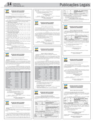 Publicações Legais14 Correio do Sul
Segunda-feira,
16 de março de 2015
ESTADO DE SANTA CATARINA
MUNICÍPIO DE ARARANGUÁ
_______________________________________________________
Rua: Dr. Virgulino de Queirós, nº 200 – Centro – Araranguá/SC
Fone: (48)35210900 www.ararangua.net
DECRETO Nº 6.412, DE 17 DE FEVEREIRO DE 2014.
NOMEIA OS MEMBROS COMPONENTES DO CONSELHO MUNICIPAL DO IDOSO.
O Prefeito Sandro Roberto Maciel, no exercício das atribuições que lhe são conferidas pelo
art. 83, VII da Lei Orgânica do Município, e em conformidade com a Lei Municipal n° 2.516,
de 12 de março de 2007:
DECRETA
Art. 1º Ficam nomeados os membros do Conselho Municipal do idoso, indicados pelas
entidades componentes, e pelo senhor Prefeito Municipal, na forma determinada pelo artigo
2°, da Lei Municipal n° 2.516, de 12 de março de 2007, cuja composição é a seguinte:
I – Representantes Governamentais:
a) Clarice de Mesquita Behenck, como titular e Soraia Deolindo, como suplente,
representantes da Secretaria de Assistência Social e Habitação;
b) Édna Guizzo Fragnani, como titular e Nádia C. Schmitt, como suplente,
representantes da Secretaria de Saúde;
c) Patrícia Coelho Patrício, como titular e Ricardo Medeiros da Silva, como suplente,
representantes da Secretaria de Educação;
d) Márcio Luis Honório, como titular e Eduardo Gomes Goulart, como suplente,
representantes da Secretaria de Administração;
e) Daniel da Rosa da Rocha, como titular e Thiago Moacyr Turelly, como suplente,
representantes da Procuradoria Geral do Município;
f) Evan Carlos Ródio, como titular e Ana Elise Prêmoli de Souza, como suplente,
representantes do Poder Legislativo de Araranguá.
II – Representantes Não Governamentais
a) Maria Edenir Espindola Fernandes, como titular e Ilma Afonso Brina, como
suplente, representantes da Pastoral da Saúde;
b) Altemar Tomasi, como titular e Ivan Gabriel Milanez Ávila, como suplente,
representantes do Rotary Clube Araranguá;
c) Vera Regina de A. Ghisoni, como titular e Jucelia Costa Correia, como suplente,
representantes do Lar São Vicente de Paulo;
d) Osmar Nunes, como titular e Regina do Carmo Cador, como suplente,
representantes da Associação dos Aposentados e Pensionistas da Previdência Social de
Araranguá;
e) Julio da Silva, como titular e Miguel Lemos da Luz, como suplente, representantes da
Associação dos deficientes Físicos de Araranguá;
f) Luiz Gonzaga da Silva Rocke, como titular e Rosalba Turatti Alves, como suplente,
representantes do Sindicato dos Trabalhadores Rurais;
Art. 2º Este Decreto entra em vigor na data de sua publicação.
Art. 3º Revogam-se as disposições em contrário, especificamente o Decreto nº 5261, de
21 de outubro de 2011.
Prefeitura Municipal de Araranguá, em 17 de fevereiro de 2014.
SANDRO ROBERTO MACIEL - Prefeito Municipal
Registrado e publicado o presente Decreto na Secretaria Municipal de Administração,
em 17 de fevereiro de 2014.
FERNANDO VALMOR MARCELINO - Secretário de Administração
ESTADO DE SANTA CATARINA
MUNICÍPIO DE ARARANGUÁ
_______________________________________________________
Rua: Dr. Virgulino de Queirós, nº 200 – Centro – Araranguá/SC
Fone: (48)35210900 www.ararangua.net
DECRETO Nº 6.415, DE 17 DE FEVEREIRO DE 2014.
CONCEDE ISENÇÃO DE IPTU E CONTRIBUIÇÃO DE MELHORIA ÀS PESSOAS QUE
MENCIONA.
O Prefeito Sandro Roberto Maciel no exercício das atribuições emanadas da Lei Orgânica
do Município, e ao que determina o art. 22, VI, da Lei Complementar nº 006, de 03 de
dezembro de 1997 (Código Tributário Municipal), com alteração das Leis Complementares nº
036, de 31 de outubro de 2002, nº 038, de 26 de Novembro de 2003, nº 043, de 27 de agosto
de 2003, nº 48, de 07 de maio de 2004 e n° 101/2010:
DECRETA
Art. 1º Fica concedida isenção do pagamento do Imposto Predial e Territorial Urbano -
IPTU e Contribuição de Melhoria, às pessoas abaixo relacionadas, as quais requereram a
aludida isenção, na forma dos artigos. 22, VI e 116, II, da Lei Complementar nº 006, de 03 de
dezembro de 1997 (Código Tributário Municipal), com alteração das Leis Complementares nº
036, de 31 de outubro de 2002, nº 038, de 26 de Novembro de 2003, nº 043, de 27 de agosto
de 2003 e nº 48, de 07 de maio de 2004 e n° 101/2010.
NOME MATRÍCULA
CADASTRO
MUNICIPAL
DATA DO
BENEFÍCIO
TIPO
(%)
Anelisia Oliveira da Silva 44.901, Lº 2 RG 15407 07/11/1994 100
Arilton Gomes Anastacio 69.336, Lº 2 RG 30943 20/01/2010 100
Arino Bernardo da Silva 17.273, Lº 2 RG 14167 06/12/1996 100
Dolores Peres dos Santos 66.306, Lº 2 RG 25776 12/04/2004 100
Dolores Peres dos Santos 66.306, Lº 2 RG 401 12/04/2004 100
Eva Marli dos Santos -------------------- 6976 09/09/2002 100
José Ricardo 43.333, Lº 2 RG 384 30/09/1997 100
Maria de Fatima F. dos Santos --------------------- 10592 07/10/2007 100
Maria Gorete Rabelo 38.276, Lº 2 RG 10836 15/09/2009 100
Neuza Maria Ritter Pinter 31.462, Lº 2 RG 2427 03/06/1987 100
Pedro dos Santos Severino 30.858, Lº 2 RG 18188 08/02/1979 100
Pedro Rocha Eugenio --------------------- 18313 02/02/2011 100
Raulino Pereira Mota 7.236, Lº 2 RG 24738 30/11/2010 100
Tereza de Bitencourt Pereira 1.699, Lº 2 RG 13948 25/02/2003 100
Terezinha Constantina Felisberto 71.474, Lº 2 RG 26422 01/04/1989 100
Valtair Luiz 16.818, Lº 2 RG 11212 20/05/2010 100
Vanilda Borges Heme 43.746, Lº 2 RG 5616 22/01/2010 100
Verginia Berti Martins ---------------------- 16428 15/01/2009 100
Art. 2º O prazo de validade da isenção é de dois (2) anos, após o que deverá o
beneficiado submeter-se a recadastramento, para comprovar a permanência das condições de
concessão do benefício.
Art. 3º Este Decreto entra em vigor na data de sua publicação.
Art. 4º Revogam-se as disposições em contrário.
Prefeitura Municipal de Araranguá, em 17 de fevereiro de 2014.
ESTADO DE SANTA CATARINA
MUNICÍPIO DE ARARANGUÁ
_______________________________________________________
SANDRO ROBERTO MACIEL
Prefeito Municipal
Registrado e Publicado o presente Decreto na Secretaria da Administração
Municipal, em 17 de fevereiro de 2014.
FERNANDO VALMOR MARCELINO
Secretário de Administração
ESTADO DE SANTA CATARINA
MUNICÍPIO DE ARARANGUÁ
_______________________________________________________
DECRETO Nº 6.594, DE 07 DE JULHO DE 2014.
ESTABELECE HORÁRIO ESPECIAL DE FUNCIONAMENTO NAS REPARTIÇÕES PÚBLICAS DO
MUNICÍPIO.
O Prefeito Sandro Roberto Maciel, no exercício das atribuições que lhe são conferidas pelo
art. 7º, XIV, da Constituição Federal, combinado com o artigo 83, VII da Lei Orgânica do
Município:
DECRETA
Art. 1º Fica estabelecido horário especial de funcionamento nas repartições públicas da
Administração Direta e Indireta do Município de Araranguá para o dia 08 de julho de 2014.
Parágrafo Único: O horário de trabalho nas repartições públicas pertencentes à
Administração Municipal, no período estabelecido no “caput” deste artigo, será das 07:00 às
13:00.
Art. 2º Os serviços de coleta de lixo, a limpeza pública, água, saúde, educação e outros
serviços entendidos como de natureza essenciais e inadiáveis serão atendidos na forma e nos
horários exigidos, sob a orientação e a responsabilidade do Secretário ou do Diretor da
respectiva pasta.
Art. 3º Este Decreto entra em vigor na data de sua publicação.
Art. 4º Revogam-se as disposições em contrário.
Prefeitura Municipal de Araranguá, em 07 de julho de 2014.
Rua: Dr. Virgulino de Queirós, nº 200 – Centro – Araranguá/SC
Fone: (48)35210900 www.ararangua.net
MUNICÍPIO.
O Prefeito Sandro Roberto Maciel, no exercício das atribuições que lhe são conferidas pelo
art. 7º, XIV, da Constituição Federal, combinado com o artigo 83, VII da Lei Orgânica do
Município:
DECRETA
Art. 1º Fica estabelecido horário especial de funcionamento nas repartições públicas da
Administração Direta e Indireta do Município de Araranguá para o dia 08 de julho de 2014.
Parágrafo Único: O horário de trabalho nas repartições públicas pertencentes à
Administração Municipal, no período estabelecido no “caput” deste artigo, será das 07:00 às
13:00.
Art. 2º Os serviços de coleta de lixo, a limpeza pública, água, saúde, educação e outros
serviços entendidos como de natureza essenciais e inadiáveis serão atendidos na forma e nos
horários exigidos, sob a orientação e a responsabilidade do Secretário ou do Diretor da
respectiva pasta.
Art. 3º Este Decreto entra em vigor na data de sua publicação.
Art. 4º Revogam-se as disposições em contrário.
Prefeitura Municipal de Araranguá, em 07 de julho de 2014.
SANDRO ROBERTO MACIEL
Prefeito Municipal
Registrado e Publicado o presente Decreto na Secretaria da Administração
Municipal, em 07 de julho de 2014.
FERNANDO VALMOR MARCELINO
Secretário de Administração
ESTADO DE SANTA CATARINA
MUNICÍPIO DE ARARANGUÁ
_______________________________________________________
Rua: Dr. Virgulino de Queirós, nº 200 – Centro – Araranguá/SC
Fone: (48)35210900 www.ararangua.net
DECRETO Nº 6.600, DE 15 DE JULHO DE 2014.
DECLARA NÃO INCIDÊNCIA DE IMPOSTOS SOBRE ÁREA DE TERRA.
O Prefeito Sandro Roberto Maciel, no exercício das atribuições emanadas da Lei Orgânica
do Município, e ao que determina a alínea “e” do Inciso I do artigo 4º, da Lei Complementar
nº 006, de 03/12/97 (Código Tributário Municipal), e Processo Administrativo nº 4147/2014:
DECRETA
Art. 1º Fica declarada a não incidência do Imposto Predial e Territorial Urbano - IPTU
sobre o imóvel matriculado no Cartório de Registro de Imóveis sob o nº 16.742, com área de
15.000,00 m², localizado no Polícia Rodoviária, de propriedade de José Norberto Marcelino,
na forma determinada pelo art. 4º, § único, da Lei Complementar nº 006, de 03 de dezembro
de 1997 (Código Tributário Municipal).
Art. 2º Este Decreto entra em vigor na data de sua publicação.
Art. 3º Revogam-se as disposições em contrário.
Prefeitura Municipal de Araranguá, em 15 de julho de 2014
SANDRO ROBERTO MACIEL
Prefeito Municipal
Registrado e Publicado o presente Decreto na Secretaria da Administração
Municipal, em 15 de julho de 2014.
FERNANDO VALMOR MARCELINO
Secretário de Administração
ESTADO DE SANTA CATARINA
MUNICÍPIO DE ARARANGUÁ
_______________________________________________________
Rua: Dr. Virgulino de Queirós, nº 200 – Centro – Araranguá/SC
Fone: (48)35210900 www.ararangua.net
Decreto Nº 6.608, de 21 de julho de 2014.
CONCEDE ISENÇÃO DE IPTU E CONTRIBUIÇÃO DE MELHORIA ÀS PESSOAS QUE
MENCIONA.
O Prefeito Sandro Roberto Maciel no exercício das atribuições emanadas da Lei Orgânica
do Município, e ao que determina o art. 22, VI, da Lei Complementar nº 006, de 03 de
dezembro de 1997 (Código Tributário Municipal), com alteração das Leis Complementares nº
036, de 31 de outubro de 2002, nº 038, de 26 de Novembro de 2003, nº 043, de 27 de agosto
de 2003, nº 48, de 07 de maio de 2004 e n° 101/2010:
DECRETA
Art. 1º Fica concedida isenção do pagamento do Imposto Predial e Territorial Urbano -
IPTU e Contribuição de Melhoria, às pessoas abaixo relacionadas, as quais requereram a
aludida isenção, na forma dos artigos. 22, VI e 116, II, da Lei Complementar nº 006, de 03 de
dezembro de 1997 (Código Tributário Municipal), com alteração das Leis Complementares nº
036, de 31 de outubro de 2002, nº 038, de 26 de Novembro de 2003, nº 043, de 27 de agosto
de 2003 e nº 48, de 07 de maio de 2004 e n° 101/2010.
NOME
MATRÍCULA
CADASTRO
MUNICIPAL
DATA DO
BENEFÍCIO
TIPO
(%)
    
    
    
    
    
    
    
    
    
    
    
    
    
    
Art. 2º O prazo de validade da isenção é de dois (2) anos, após o que deverá o
beneficiado submeter-se a recadastramento, para comprovar a permanência das condições de
concessão do benefício.
Art. 3º Este Decreto entra em vigor na data de sua publicação.
Art. 4º Revogam-se as disposições em contrário.
Prefeitura Municipal de Araranguá, em 21 de julho de 2014.
SANDRO ROBERTO MACIEL Prefeito Municipal
Registrado e Publicado o presente Decreto na Secretaria da Administração
Municipal, em 21 de julho de 2014.
FERNANDO VALMOR MARCELINO - Secretário de Administração
ESTADO DE SANTA CATARINA
MUNICÍPIO DE ARARANGUÁ
_______________________________________________________
DECRETO Nº 6.631, DE 28 DE JULHO DE 2014.
VISA SUPLEMENTAÇÃO DE DOTAÇÕES NO ORÇAMENTO DO MUNICÍPIO.
O Prefeito Municipal Sandro Roberto Maciel, no uso das suas atribuições legais emanadas
pela Lei Orgânica do Município e em conformidade com o artigo 7º da Lei Municipal n°
3.215/2013.
DECRETA
Art. 1º Fica suplementado o Orçamento do Município no valor de até R$ 104.100,00
(cento e quatro mil e cem reais), no seguinte projeto e atividade especificada abaixo:
Órgão: 06 SECRETARIA DE FINANÇAS
Unidade: 01 Departamento de Receitas
Proj/Ativ. 2.042 Consorcio de Informática na Gestão Pública Municipal
Elementos 51/33.71.00.00.0001 Transferências a Consórcios
Públicos
R$ 4.100,00
Órgão: 07 SECRETARIA DE PLANEJAMENTO URBANO,
CAP. DE RECURSOS E PROJ. ESPECIAIS
Unidade: 01 Departamento de Planejamento Urbano e Projetos
Especiais
Proj/Ativ. 2.018 Funcionamento do Depto. de Planejamento urbano,
Projetos Especiais e Captação de Recursos
Elementos 59/33.90.00.00.0001 Aplicações Diretas R$ 100.000,00
TOTAL DE SUPLEMENTAÇÃO...................................................... R$ 104.100,00
Art. 2º Para fazer face a suplementação deste Decreto, serão utilizados recursos de
anulação de saldo de dotações, nas respectivas fontes, em conformidade com o disposto no
artigo 7º da Lei Municipal nº 3.215, de 11 de dezembro de 2013, a saber:
Órgão: 06 SECRETARIA DE FINANÇAS
Unidade: 01 Departamento de Receitas
Proj/Ativ. 2.042 Consorcio de Informática na Gestão Pública Municipal
Elementos 50/31.70.00.00.0001 Transferências a Consórcios
Públicos
R$ 4.100,00
Órgão: 08 SECRETARIA DE DESENVOLVIMENTO
ECONÔMICO SUSTENTÁVEL
Unidade: 01 Departamento de Planejamento Urbano e Projetos
Especiais
Proj/Ativ. 2.054 Ações de apoio a micro e pequenas empresas
Elementos 67/44.60.00.00.0001 Transferências a instituições R$ 100.000,00
Rua: Dr. Virgulino de Queirós, nº 200 – Centro – Araranguá/SC
Fone: (48)35210900 www.ararangua.net
Especiais
Proj/Ativ. 2.018 Funcionamento do Depto. de Planejamento urbano,
Projetos Especiais e Captação de Recursos
Elementos 59/33.90.00.00.0001 Aplicações Diretas R$ 100.000,00
TOTAL DE SUPLEMENTAÇÃO...................................................... R$ 104.100,00
Art. 2º Para fazer face a suplementação deste Decreto, serão utilizados recursos de
anulação de saldo de dotações, nas respectivas fontes, em conformidade com o disposto no
artigo 7º da Lei Municipal nº 3.215, de 11 de dezembro de 2013, a saber:
Órgão: 06 SECRETARIA DE FINANÇAS
Unidade: 01 Departamento de Receitas
Proj/Ativ. 2.042 Consorcio de Informática na Gestão Pública Municipal
Elementos 50/31.70.00.00.0001 Transferências a Consórcios
Públicos
R$ 4.100,00
Órgão: 08 SECRETARIA DE DESENVOLVIMENTO
ECONÔMICO SUSTENTÁVEL
Unidade: 01 Departamento de Planejamento Urbano e Projetos
Especiais
Proj/Ativ. 2.054 Ações de apoio a micro e pequenas empresas
Elementos 67/44.60.00.00.0001 Transferências a instituições
privadas sem fins lucrativos
R$ 100.000,00
TOTAL DE ANULAÇÕES.............................................................. R$ 104.100,00
Art. 3º Este Decreto entra em vigor na data de sua publicação.
Art. 4º Revogam-se as disposições em contrário.
Prefeitura Municipal de Araranguá, em 28 de julho de 2014.
SANDRO ROBERTO MACIEL Prefeito Municipal
Registrado e Publicado o presente Decreto na Secretaria da Administração Municipal, em 28
de julho de 2014.
FERNANDO VALMOR MARCELINO - Secretário de Administração
ESTADO DE SANTA CATARINA
MUNICÍPIO DE ARARANGUÁ
_______________________________________________________
Rua: Dr. Virgulino de Queirós, nº 200 – Centro – Araranguá/SC
Fone: (48)35210900 www.ararangua.net
DECRETO Nº 6.650, DE 19 DE AGOSTO DE 2014.
DISPÕE SOBRE SUPLEMENTAÇÃO NO ORÇAMENTO DO MUNICÍPIO.
O Prefeito Municipal Sandro Roberto Maciel, no uso das suas atribuições legais emanadas
pela Lei Orgânica do Município e em conformidade com o artigo 8º da Lei Municipal nº
3.215/2013.
DECRETA
Art. 1º Fica suplementado o orçamento do Município, no valor total de R$
875.000,00 (oitocentos e setenta e cinco mil reais) na seguinte modalidade de despesa:
Órgão 09 SEC. DE DESENVOLV. URBANO, OBRAS E
SERVIÇOS
U. Orçam. 01 Departamento de Obras
Proj/Ativ. 1.003 Pavimentação e Infra-estrutura com asfalto ou lajotas
Elemento 85/44.90.00.00.0132 Aplicações Diretas R$ 875.000,00
TOTAL DE SUPLEMENTAÇÃO...................................................... R$ 875.000,00
Art. 2º. Fará face a suplementação deste Decreto, ficarão os recursos oriundos do
excesso de arrecadação na Fonte (132) – Recursos de Convênio Estadual, em conformidade
com o Art. 8º da Lei Municipal nº 3.215/2013 e Art. 43, § 1º, inciso II da Lei Federal nº
4.320/64.
Art. 3º Este Decreto entra em vigor na data de sua publicação.
Art. 4º Revogam-se as disposições em contrário.
Decreto nº 6.650, de 19 de agosto de 2014. Fls. 02
Prefeitura Municipal de Araranguá, em 19 de agosto de 2014.
SANDRO ROBERTO MACIEL
Prefeito Municipal
Registrado e publicado o presente Decreto na Secretaria de Administração em 19 de agosto
de 2014.
FERNANDO VALMOR MARCELINO
Secretário de Administração
ESTADO DE SANTA CATARINA
MUNICÍPIO DE ARARANGUÁ
_______________________________________________________
Rua: Dr. Virgulino de Queirós, nº 200 – Centro – Araranguá/SC
Fone: (48)35210900 www.ararangua.net
DECRETO Nº 6.654, DE 22 DE AGOSTO DE 2014.
NOMEIA CHEFE DO SERVIÇO DE CEMITÉRIOS DO INTERIOR.
O Prefeito Sandro Roberto Maciel, no exercício das atribuições emanadas da Lei Orgânica
do Município, especificamente o art. 83, VII, e ao que determina a Lei Complementar nº 145,
de 26 de dezembro de 2012:
DECRETA
Art. 1º Fica nomeada MARIA CAROLINA DA SILVA ANACLETO para exercer em
comissão o cargo de Chefe do Serviço de Cemitérios do Interior, da Secretaria de Interior,
símbolo CC5, no quadro de pessoal do Poder Executivo Municipal.
Art. 2º Este Decreto entra em vigor na data de sua publicação.
Art. 3º Revogam-se as disposições em contrário.
Prefeitura Municipal de Araranguá, em 22 de agosto de 2014.
SANDRO ROBERTO MACIEL
Prefeito Municipal
Registrado e Publicado o presente Decreto na Secretaria da Administração
Municipal, em 22 de agosto de 2014.
FERNANDO VALMOR MARCELINO
Secretário de Administração
ESTADO DE SANTA CATARINA
MUNICÍPIO DE ARARANGUÁ
_______________________________________________________
DECRETO Nº 6.661, DE 29 DE AGOSTO DE 2014.
VISA SUPLEMENTAÇÃO DE DOTAÇÕES NO ORÇAMENTO DO MUNICÍPIO.
O Prefeito Municipal Sandro Roberto Maciel, no uso das suas atribuições legais emanadas
pela Lei Orgânica do Município e em conformidade com o artigo 12 da Lei Municipal n°
3.215/2013.
DECRETA
Art. 1º Fica suplementado o Orçamento do Município no valor de até R$ 45.000,00
(quarenta e cinco mil reais), no seguinte projeto e atividade especificada abaixo:
Órgão 09 SEC. DO DESENVOLVIMENTO URBANO,
OBRAS E SERVIÇOS
U. Orçam. 02 Departamento de Desenvolvimento Urbano
Proj/Ativ. 2.023 Funcionamento Serviços de Limpeza Pública e
Coleta de Lixo
Elemento 188/33.50.00.00.0001 Aplicações Diretas R$ 45.000,00
TOTAL DE SUPLEMENTAÇÕES.............................................................. R$ 45.000,00
Art. 2º. Fará face à suplementação deste Decreto os recursos oriundos do Superávit
Financeiro do exercício anterior na fonte de recursos 001 – Recursos Ordinários, em
conformidade com o artigo 12 da Lei Municipal nº 3.215/2013 e artigo 43 § 1º, inciso I da Lei
Federal nº 4.320/64.
Art. 3º Este Decreto entra em vigor na data de sua publicação.
Art. 4º Revogam-se as disposições em contrário.
Decreto nº 6.661, de 29 de agosto de 2014. Fls. 02
Prefeitura Municipal de Araranguá, em 29 de agosto de 2014.
SANDRO ROBERTO MACIEL
Prefeito Municipal
Registrado e Publicado o presente Decreto na Secretaria da Administração Municipal, em 29
de agosto de 2014.
FERNANDO VALMOR MARCELINO
Secretário de Administração
 