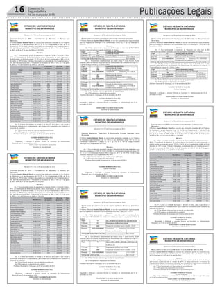 16 Correio do Sul
Segunda-feira,
16 de março de 2015
ESTADO DE SANTA CATARINA
MUNICÍPIO DE ARARANGUÁ
_______________________________________________________
Rua: Dr. Virgulino de Queirós, nº 200 – Centro – Araranguá/SC
Fone: (48)35210900 www.ararangua.net
DECRETO Nº 6.730, DE 07 DE NOVEMBRO DE 2014.
CONCEDE ISENÇÃO DE IPTU E CONTRIBUIÇÃO DE MELHORIA ÀS PESSOAS QUE
MENCIONA.
O Prefeito Sandro Roberto Maciel no exercício das atribuições emanadas da Lei Orgânica
do Município, e ao que determina o art. 22, VI, da Lei Complementar nº 006, de 03 de
dezembro de 1997 (Código Tributário Municipal), com alteração das Leis Complementares nº
036, de 31 de outubro de 2002, nº 038, de 26 de Novembro de 2003, nº 043, de 27 de agosto
de 2003, nº 48, de 07 de maio de 2004 e n° 101/2010:
DECRETA
Art. 1º Fica concedida isenção do pagamento do Imposto Predial e Territorial Urbano -
IPTU e Contribuição de Melhoria, às pessoas abaixo relacionadas, as quais requereram a
aludida isenção, na forma dos artigos. 22, VI e 116, II, da Lei Complementar nº 006, de 03 de
dezembro de 1997 (Código Tributário Municipal), com alteração das Leis Complementares nº
036, de 31 de outubro de 2002, nº 038, de 26 de Novembro de 2003, nº 043, de 27 de agosto
de 2003 e nº 48, de 07 de maio de 2004 e n° 101/2010.
NOME
MATRÍCULA
CADASTRO
MUNICIPAL
DATA DO
BENEFÍCIO
TIPO
(%)
    
    
    
    
    
    
    
    
    
    
    
    
    
    
    
    
    
    
    
    
    
    
    
    
    
    
ESTADO DE SANTA CATARINA
MUNICÍPIO DE ARARANGUÁ
_______________________________________________________
Rua: Dr. Virgulino de Queirós, nº 200 – Centro – Araranguá/SC
Fone: (48)35210900 www.ararangua.net
Art. 2º O prazo de validade da isenção é de dois (2) anos, após o que deverá o
beneficiado submeter-se a recadastramento, para comprovar a permanência das condições de
concessão do benefício.
Art. 3º Este Decreto entra em vigor na data de sua publicação.
Art. 4º Revogam-se as disposições em contrário.
Prefeitura Municipal de Araranguá, em 07 de novembro de 2014.
SANDRO ROBERTO MACIEL
Prefeito Municipal
Registrado e Publicado o presente Decreto na Secretaria da Administração
Municipal, em 07 de novembro de 2014.
FERNANDO VALMOR MARCELINO
Secretário de Administração
ESTADO DE SANTA CATARINA
MUNICÍPIO DE ARARANGUÁ
_______________________________________________________
Rua: Dr. Virgulino de Queirós, nº 200 – Centro – Araranguá/SC
Fone: (48)35210900 www.ararangua.net
DECRETO Nº 6.730, DE 07 DE NOVEMBRO DE 2014.
CONCEDE ISENÇÃO DE IPTU E CONTRIBUIÇÃO DE MELHORIA ÀS PESSOAS QUE
MENCIONA.
O Prefeito Sandro Roberto Maciel no exercício das atribuições emanadas da Lei Orgânica
do Município, e ao que determina o art. 22, VI, da Lei Complementar nº 006, de 03 de
dezembro de 1997 (Código Tributário Municipal), com alteração das Leis Complementares nº
036, de 31 de outubro de 2002, nº 038, de 26 de Novembro de 2003, nº 043, de 27 de agosto
de 2003, nº 48, de 07 de maio de 2004 e n° 101/2010:
DECRETA
Art. 1º Fica concedida isenção do pagamento do Imposto Predial e Territorial Urbano -
IPTU e Contribuição de Melhoria, às pessoas abaixo relacionadas, as quais requereram a
aludida isenção, na forma dos artigos. 22, VI e 116, II, da Lei Complementar nº 006, de 03 de
dezembro de 1997 (Código Tributário Municipal), com alteração das Leis Complementares nº
036, de 31 de outubro de 2002, nº 038, de 26 de Novembro de 2003, nº 043, de 27 de agosto
de 2003 e nº 48, de 07 de maio de 2004 e n° 101/2010.
NOME
MATRÍCULA
CADASTRO
MUNICIPAL
DATA DO
BENEFÍCIO
TIPO
(%)
    
    
    
    
    
    
    
    
    
    
    
    
    
    
    
    
    
    
    
    
    
    
    
    
    
    
ESTADO DE SANTA CATARINA
MUNICÍPIO DE ARARANGUÁ
_______________________________________________________
Art. 2º O prazo de validade da isenção é de dois (2) anos, após o que deverá o
beneficiado submeter-se a recadastramento, para comprovar a permanência das condições de
concessão do benefício.
Art. 3º Este Decreto entra em vigor na data de sua publicação.
Art. 4º Revogam-se as disposições em contrário.
Prefeitura Municipal de Araranguá, em 07 de novembro de 2014.
SANDRO ROBERTO MACIEL
Prefeito Municipal
Registrado e Publicado o presente Decreto na Secretaria da Administração
Municipal, em 07 de novembro de 2014.
FERNANDO VALMOR MARCELINO
Secretário de Administração
ESTADO DE SANTA CATARINA
MUNICÍPIO DE ARARANGUÁ
_______________________________________________________
Rua: Dr. Virgulino de Queirós, nº 200 – Centro – Araranguá/SC
Fone: (48)35210900 www.ararangua.net
DECRETO Nº 6.735, DE 14 DE NOVEMBRO DE 2014.
DISPÕE SOBRE SUPLEMENTAÇÃO DE DOTAÇÕES NO ORÇAMENTO DO MUNICÍPIO.
O Prefeito Municipal Sandro Roberto Maciel, no uso das suas atribuições legais emanadas
pela Lei Orgânica do Município e em conformidade com o art. 7º da Lei Municipal nº
3.215/13.
DECRETA
Art. 1º Fica suplementado o orçamento do Município, no valor total de R$ 75.000,00
(setenta e cinco mil reais) na seguinte modalidade de despesa:
Órgão 01 GABINETE DO PREFEITO
U. Orçam. 01 Gabinete do Prefeito
Proj/Ativ. 2.004 Execução das ações turísticas e eventos
Elemento 11/33.90.00.00.0001 Aplicações Diretas R$ 75.000,00
TOTAL DE SUPLEMENTAÇÃO...................................................... R$ 75.000,00
Art. 2º. Para atender a suplementação que trata o artigo 1º deste Decreto, ficarão
reduzidos saldos de dotações orçamentárias, em conformidade com o disposto no artigo 43, §
1º inciso III da Lei Federal nº 4.320/64, a saber:
Órgão 01 GABINETE DO PREFEITO
U. Orçam. 04 Subsecretaria de Turismo
Proj/Ativ. 2.004 Execução das ações turísticas e eventos
Elemento 10/33.50.00.00.0001 Transferências à instituições
privadas sem fins lucrativos
R$ 35.000,00
U. Orçam. 05 Subsecretaria de Esportes
Proj/Ativ. 2.005 Funcionamento da Subsecretaria de esportes
Elemento 16/33.90.00.00.0001 Aplicações Diretas R$ 20.000,00
U. Orçam. 06 Subsecretaria de Cultura
Proj/Ativ. 2.006 Execução de ações culturais e museu histórico
Elemento 21/33.50.00.00.0001 Transferências a Instituições
Privadas sem fins lucrativos
R$ 20.000,00
TOTAL DE ANULAÇÃO.................................................................... R$ 75.000,00
Art. 3º Este Decreto entra em vigor na data de sua publicação.
Art. 4º Revogam-se as disposições em contrário.
Prefeitura Municipal de Araranguá, em 14 de novembro de 2014.
SANDRO ROBERTO MACIEL
Prefeito Municipal
Registrado e publicado o presente Decreto na Secretaria de Administração em 14 de
novembro de 2014.
FERNANDO VALMOR MARCELINO
Secretário de Administração
ESTADO DE SANTA CATARINA
MUNICÍPIO DE ARARANGUÁ
_______________________________________________________
Rua: Dr. Virgulino de Queirós, nº 200 – Centro – Araranguá/SC
Fone: (48)35210900 www.ararangua.net
DECRETO Nº 6.737 DE 21 DE NOVEMBRO DE 2014.
CONCEDE IMUNIDADE TRIBUTÁRIA À INSTITUIÇÃO FUTURO APRENDIZ, NESTE
MUNICÍPIO.
O Prefeito Sandro Roberto Maciel, no exercício das atribuições emanadas da Lei Orgânica
do Município, especificamente o art. 83, VII, e ao que determina o artigo 150, VI, “c”, da
Constituição Federal/1988, e artigos 25, 86 V “g”, 92, 99 II, 130 do Código Tributário
Municipal (Lei Complementar 006/1997):
DECRETA
Art. 1º Fica reconhecida imunidade tributária à INSTITUIÇÃO FUTURO APRENDIZ, neste
Município, portadora do CNPJ Nº 18.485.252/0001-13, na forma determinada pelo artigo 150,
VI, “c”, § 2º da Constituição Federal/1988, e artigos 25, 86 V “g”, 92, 99 II, 130 do Código
Tributário Municipal (Lei Complementar 006/1997).
Art. 2º Este Decreto entra em vigor na data de sua publicação.
Art. 3º Revogam-se as disposições em contrário.
Prefeitura Municipal de Araranguá, em 21 de novembro de 2014.
SANDRO ROBERTO MACIEL
Prefeito Municipal
Registrado e Publicado o presente Decreto na Secretaria da Administração
Municipal, em 21 de novembro de 2014.
FERNANDO VALMOR MARCELINO
Secretário de Administração
ESTADO DE SANTA CATARINA
MUNICÍPIO DE ARARANGUÁ
_______________________________________________________
DECRETO Nº 6.738, DE 21 DE NOVEMBRO DE 2014.
DISPÕE SOBRE SUPLEMENTAÇÃO NO ORÇAMENTO DO FUNDO MUNICIPAL ASSISTÊNCIA
SOCIAL.
O Prefeito Municipal Sandro Roberto Maciel, no uso das suas atribuições legais emanadas
pela Lei Orgânica do Município e em conformidade com o art. 7º da Lei nº 3.215/13.
DECRETA
Art. 1º Fica suplementado o orçamento do Fundo Municipal de Assistência Social,
no valor total de R$ 3.216,00 ( três mil duzentos e dezesseis reais) na seguinte modalidade de
despesa:
Órgão 10 SEC. DO BEM ESTAR SOCIAL E HABITAÇÃO
U. Orçam. 01 Departamento de Bem Estar Social
Proj/Ativ. 2.065 Programa de Assistência Social a Família – CRAS
Elemento 18/33.50.00.00.0001 Transferência a Instituições
Privadas sem fins lucrativos
R$ 3.216,00
TOTAL DE SUPLEMENTAÇÃO...................................................... R$ 3.216,00
art. 2º. Para atender a suplementação que trata o artigo 1º deste Decreto, ficarão
reduzidos saldos de dotações orçamentárias, em conformidade com o disposto no artigo 43, §
1º inciso III da Lei Federal nº 4.320/64, a saber:
Órgão 10 SEC. DO BEM ESTAR SOCIAL E
HABITAÇÃO
U. Orçam. 01 Departamento do Bem Estar Social
Proj/Ativ. 2.009 Programa de Assistência Social a Família – CRAS
Elemento 26/44.90.00.00.0001 Aplicações Diretas R$ 3.216,00
TOTAL DE ANULAÇÃO.................................................................... R$ 3.216,00
Art. 3º Este Decreto entra em vigor na data de sua publicação.
Art. 4º Revogam-se as disposições em contrário.
Prefeitura Municipal de Araranguá, em 21 de novembro de 2014.
SANDRO ROBERTO MACIEL
Prefeito Municipal
Registrado e publicado o presente Decreto na Secretaria de Administração em 21 de
novembro de 2014.
FERNANDO VALMOR MARCELINO
Secretário de Administração
ESTADO DE SANTA CATARINA
MUNICÍPIO DE ARARANGUÁ
_______________________________________________________
Rua: Dr. Virgulino de Queirós, nº 200 – Centro – Araranguá/SC
Fone: (48)35210900 www.ararangua.net
DECRETO Nº 6.739, DE 24 DE NOVEMBRO DE 2014.
DISPÕE SOBRE SUPLEMENTAÇÃO E ANULAÇÃO DE DOTAÇÕES NO ORÇAMENTO DO
MUNICÍPIO.
O Prefeito Municipal Sandro Roberto Maciel, no uso das suas atribuições legais emanadas
pela Lei Orgânica do Município e em conformidade com a Lei Municipal nº 3.284, de 24 de
novembro de 2014:
DECRETA
Art. 1º Fica suplementado o orçamento do Município, no valor total de R$
1.600.000,00 (um milhão e seiscentos mil reais) na seguinte modalidade de despesa:
Órgão 09 SECRETARIA DE SAÚDE
U. Orçam. 01 Fundo Municipal de Saúde
Proj/Ativ. 2.057 Bloco de Atenção Básica à Saúde
Elemento 11/33.50.00.00.0106 Transferências a Instituições
Privadas sem Fins Lucrativos
R$ 1.600.000,00
TOTAL DE SUPLEMENTAÇÃO...................................................... R$ 1.600.000,00
Art. 2º. Para atender a suplementação que trata o artigo 1º deste Decreto, ficarão
reduzidos saldos de dotações orçamentárias, em conformidade com o disposto no artigo 43, §
1º inciso III da Lei Federal nº 4.320/64, a saber:
Órgão 03 PROCURADORIA GERAL
U. Orçam. 01 Procuradoria Jurídica do Município
Proj/Ativ. 2.009 Pagamento de Precatórios Cíveis e Trabalhistas
Elemento 30/31.90.00.00.0001 Aplicações Diretas R$ 800.000,00
Elemento 31/33.90.00.00.0001 Aplicações Diretas R$ 800.000,00
TOTAL DE ANULAÇÃO.................................................................... R$ 1.600.000,00
Art. 3º Este Decreto entra em vigor na data de sua publicação.
Art. 4º Revogam-se as disposições em contrário.
Prefeitura Municipal de Araranguá, em 24 de novembro de 2014.
SANDRO ROBERTO MACIEL
Prefeito Municipal
Registrado e publicado o presente Decreto na Secretaria de Administração em 24 de
novembro de 2014.
FERNANDO VALMOR MARCELINO
Secretário de Administração
ESTADO DE SANTA CATARINA
MUNICÍPIO DE ARARANGUÁ
_______________________________________________________
Rua: Dr. Virgulino de Queirós, nº 200 – Centro – Araranguá/SC
Fone: (48)35210900 www.ararangua.net
DECRETO Nº 6.740, DE 24 DE NOVEMBRO DE 2014.
CONCEDE ISENÇÃO DE IPTU E CONTRIBUIÇÃO DE MELHORIA ÀS PESSOAS QUE
MENCIONA.
O Prefeito Sandro Roberto Maciel no exercício das atribuições emanadas da Lei Orgânica
do Município, e ao que determina o art. 22, VI, da Lei Complementar nº 006, de 03 de
dezembro de 1997 (Código Tributário Municipal), com alteração das Leis Complementares nº
036, de 31 de outubro de 2002, nº 038, de 26 de Novembro de 2003, nº 043, de 27 de agosto
de 2003, nº 48, de 07 de maio de 2004 e n° 101/2010:
DECRETA
Art. 1º Fica concedida isenção do pagamento do Imposto Predial e Territorial Urbano -
IPTU e Contribuição de Melhoria, às pessoas abaixo relacionadas, as quais requereram a
aludida isenção, na forma dos artigos. 22, VI e 116, II, da Lei Complementar nº 006, de 03 de
dezembro de 1997 (Código Tributário Municipal), com alteração das Leis Complementares nº
036, de 31 de outubro de 2002, nº 038, de 26 de Novembro de 2003, nº 043, de 27 de agosto
de 2003 e nº 48, de 07 de maio de 2004 e n° 101/2010.
NOME
MATRÍCULA
CADASTRO
MUNICIPAL
DATA DO
BENEFÍCIO
TIPO
(%)
    
     
    
    
    
    
    
    
    
    
    
    
    
    
    
    
    
    
    
    
    
    
    
ESTADO DE SANTA CATARINA
MUNICÍPIO DE ARARANGUÁ
_______________________________________________________
Art. 2º O prazo de validade da isenção é de dois (2) anos, após o que deverá o
beneficiado submeter-se a recadastramento, para comprovar a permanência das condições de
concessão do benefício.
Art. 3º Este Decreto entra em vigor na data de sua publicação.
Art. 4º Revogam-se as disposições em contrário.
Prefeitura Municipal de Araranguá, em 24 de novembro de 2014.
SANDRO ROBERTO MACIEL
Prefeito Municipal
Registrado e Publicado o presente Decreto na Secretaria da Administração
Municipal, em 24 de novembro de 2014.
FERNANDO VALMOR MARCELINO
Secretário de Administração
ESTADO DE SANTA CATARINA
MUNICÍPIO DE ARARANGUÁ
_______________________________________________________
DECRETO Nº 6.744, DE 24 DE NOVEMBRO DE 2014.
REGULAMENTA O ART. 3º DA LEI MUNICIPAL Nº 3.243, DE 01 DE ABRIL DE 2014.
O Prefeito Sandro Roberto Maciel, no exercício das atribuições que lhe são conferidas pelo
artigo 83, VII da Lei Orgânica do Município, em conformidade com o que dispõe o artigo 3º
da Lei Municipal nº 3.243, de 01 de abril de 2014:
DECRETA:
Art. 1º Regulamenta o artigo 3º da Lei Municipal nº 3.243, de 01 de abril de 2014, a
qual concede a partir do mês de outubro de 2014, 02 (duas) referenciais na carreira, no
enquadramento salarial, aos auxiliares de ensino, aos orientadores e supervisores escolares da
rede municipal, conforme a Lei Federal nº 11.738, de 06 de julho de 2008.
Art. 2º Este Decreto entra em vigor na data de sua publicação.
Art. 3º Revogam-se as disposições em contrário.
Prefeitura Municipal de Araranguá, em 24 de novembro de 2014.
SANDRO ROBERTO MACIEL
Prefeito Municipal
Registrado e Publicado o presente Decreto na Secretaria da Administração Municipal,
em 24 de novembro de 2014.
FERNANDO VALMOR MARCELINO
Secretário de Administração
Publicações Legais
 