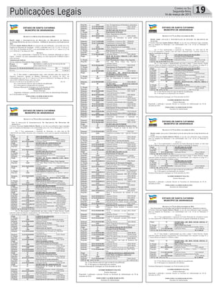 Correio do Sul
Segunda-feira,
16 de março de 2015
ESTADO DE SANTA CATARINA
MUNICÍPIO DE ARARANGUÁ
_______________________________________________________
Rua: Dr. Virgulino de Queirós, nº 200 – Centro – Araranguá/SC
Fone: (48)35210900 www.ararangua.net
DECRETO Nº 6.768, DE 22 DE DEZEMBRO DE 2014.
DISPÕE SOBRE A SUPLEMENTAÇÃO DE DOTAÇÕES NO ORÇAMENTO DO SERVIÇO
AUTÔNOMO MUNICIPAL DE ÁGUA E ESGOTO – SAMAE DE ARARANGUÁ DO EXERCÍCIO DE
2014.
O Prefeito Sandro Roberto Maciel, no exercício das suas atribuições, e de acordo com a Lei
Orgânica do Município de Araranguá – LOMA, combinado com o Art. 7º e Art. 12, da Lei nº
3.215, de 11 de Dezembro de 2013, e em conformidade com o art. 43, § 1º, Inciso I e § 2º da
Lei 4.320/64 de 17 de Março de 1964.
DECRETA
Art. 1º Fica suplementado o Orçamento do Serviço Autônomo Municipal de Água e
Esgoto – SAMAE, nos itens orçamentários abaixo, no valor total de R$ 35.000,00 (Trinta e
cinco mil reais).
Administração Indireta
Serviço Autônomo Municipal de Água e Esgotos – SAMAE
Projeto/
Atividade:
1.015 REFORMA E AMPLIAÇÃO DA ESTAÇÃO DE
TRATAMENTO DE ÁGUA
Elemento: 4.4.90.00.00.00.00.00.081 Aplicações Diretas R$ 35.000,00
TOTAL................................... R$ 35.000,00
Art. 2º Para atender à suplementação supra, serão utilizados parte dos recursos do
Superávit Financeiro, apurado no Balanço Patrimonial do exercício de 2013, em
conformidade com o art. 43, § 1º, Inciso I e § 2º da Lei 4.320/64 de 17 de Março de 1964, no
valor de R$ 35.000,00 (Trinta e cinco mil, reais).
Decreto nº 6.768, de 22 de dezembro de 2014. Fls. 02
Art. 3º Esta Decreto entra em vigor na data de sua publicação.
Art. 4º Revogam-se as disposições em contrário.
Prefeitura Municipal de Araranguá, em 22 de dezembro de 2014.
SANDRO ROBERTO MACIEL
Prefeito Municipal
Registrado e Publicado o presente decreto na Secretaria de Administração Municipal,
em 22 de dezembro de 2014.
FERNANDO VALMOR MARCELINO
Secretário de Administração
ESTADO DE SANTA CATARINA
MUNICÍPIO DE ARARANGUÁ
_______________________________________________________
Rua: Dr. Virgulino de Queirós, nº 200 – Centro – Araranguá/SC
Fone: (48)35210900 www.ararangua.net
DECRETO Nº 6.770, DE 30 DE DEZEMBRO DE 2014.
VISA A ANULAÇÃO E SUPLEMENTAÇÃO NO ORÇAMENTO DO MUNICÍPIO DE
ARARANGUÁ.
O Prefeito Municipal Sandro Roberto Maciel, no uso das suas atribuições legais emanadas
pela Lei Orgânica do Município e em conformidade com o Art. 10 Lei Municipal nº 3.215/13.
DECRETA
Art. 1º Fica suplementado o orçamento do Município, no valor total de R$
1.800.055,00 (um milhão oitocentos mil e cinqüenta e cinco reais) na seguinte modalidade de
despesa:
Órgão 03 PROCURADORIA GERAL
U. Orçam. 01 Procuradoria Jurídica do Município
Proj/Ativ. 2.008 Manut. E Funcionamento da Procuradoria Jurídica
Elemento 28/31.90.00.00.0001 Aplicações Diretas R$ 35.000,00
Órgão 05 SECRETARIA DE ADMINISTRAÇÃO
U. Orçam. 02 Departamento de compras e licitações
Proj/Ativ. 2.013 Funcionamento do departamento de compras e
licitações
Elemento 39/31.90.00.00.0001 Aplicações Diretas R$ 63.455,00
Órgão 06 SECRETARIA DE FINANÇAS
U. Orçam. 01 Departamento de Receitas
Proj/Ativ. 2.015 Manut. Departamento de receitas
Elemento 47/31.90.00.00.0001 Aplicações Diretas R$ 20.000,00
Órgão 07 SECRET. DE PLANJ. URBANO CAPT. RECS.
PROJ. ESPECIAIS
U. Orçam. 01 Depto. Planejamento Urbano e Proj. Especiais
Proj/Ativ. 2.018 Func. Depto. Planej. Urbano, Proj. Especiais e Captação
recursos
Elemento 58/31.90.00.00.0001 Aplicações Diretas R$ 93.000,00
Órgão 08 SECRETARIA DE DESENVOLVIMENO
ECONÔMICO SUSTENTÁVEL
U. Orçam. 01 Depto Indústria, Comércio e Serviços
Proj/Ativ. 2.020 Funcionamento do departamento de indústria, comércio
e serviços
Elemento 63/31.90.00.00.0001 Aplicações Diretas R$ 10.600,00
Órgão 09 SECRETARIA DE DESENVOLVIM. URBANO,
OBRAS E SERVIÇOS
U. Orçam. 02 Departamento de Desenvolvimento Urbano
Proj/Ativ. 2.023 Func. Serviços de limpeza pública e coleta de lixo
Elemento 92/31.90.00.00.0001 Aplicações Diretas R$ 306.000,00
Órgão 10 SECRETARIA DO INTERIOR
U. Orçam. 02 Departamento de obras e serviços do interior
Proj/Ativ. 2.027 Conservação e melhoria das estradas do interior
Elemento 115/31.90.00.00.0001 Aplicações Diretas R$ 49.000,00
Órgão 11 SECRETARIA DA EDUCAÇÃO
U. Orçam. 02 Departamento de Orientação Pedagógica
Proj/Ativ. 2.030 Serviços de supervisão e orientação pedagógica
Elemento 125/31.90.00.00.0114 Aplicações Diretas R$ 64.000,00
ESTADO DE SANTA CATARINA
MUNICÍPIO DE ARARANGUÁ
_______________________________________________________
Rua: Dr. Virgulino de Queirós, nº 200 – Centro – Araranguá/SC
Fone: (48)35210900 www.ararangua.net
Proj/Ativ. 2.031 Folhas profissionais do magistério – 60% FUNDEB
Elemento 127/31.90.00.00.0119 Aplicações Diretas R$ 350.000,00
Proj/Ativ. 2.032 Manut. Ensino fundamental – REC 40% FUNDEB
Elemento 128/31.90.00.00.0120 Aplicações Diretas R$ 50.000,00
Proj/Ativ. 2.033 Manut. Do Ensino fundamental – REC Próprio
Elemento 132/31.90.00.00.0114 Aplicações Diretas R$ 759.000,00
TOTAL DE SUPLEMENTAÇÃO...................................................... R$ 1.800.055,00
Art. 2º. Para atender a suplementação que trata o artigo 1º deste Decreto, ficarão
reduzidos saldos de dotações orçamentárias, em conformidade com o disposto no artigo 43, §
1º inciso III da Lei Federal nº 4.320/64, a saber:
Órgão 01 GABINETE DO PREFEITO
U. Orçam. 01 Gabinete do Prefeito
Proj/Ativ. 2.001 Manut. Funcionamento do Gabinete do Prefeito
Elemento 02/33.90.00.00.0001 Aplicações Diretas R$1.520,00
U. Orçam. 04 Subsecretaria de Turismo
Proj/Ativ. 2.004 Execução das ações turística e eventos
Elemento 11/33.90.00.00.0001 Aplicações Diretas R$1.800,00
U. Orçam. 05 Subsecretaria de Esportes
Proj/Ativ. 2.005 Funcionamento da subsecretaria de esportes
Elemento 15/33.50.00.00.0001 Transferência a Inst. Privadas sem
fins lucrativos
R$430,00
Elemento 16/33.90.00.00.0001 Aplicações Diretas R$13.780,00
U. Orçam. 06 Subsecretaria de Cultura
Proj/Ativ. 2.006 Execução de ações culturais e museu histórico
Elemento 22/33.90.00.00.0001 Aplicações Diretas R$1.730,00
Órgão 03 PROCURADORIA GERAL
U. Orçam. 01 Procuradoria Jurídica do Município
Proj/Ativ. 2.008 Manut. Funcionamento da Procuradoria Geral
Elemento 29/33.90.00.00.0001 Aplicações Diretas R$11.830,00
Proj/Ativ. 2.009 Pagamento de Precatórios Cíveis e Trabalhistas
Elemento 30/33.90.00.00.0001 Aplicações Diretas R$59.300,00
Elemento 31/33.90.00.00.0001 Aplicações Diretas R$79.000,00
Órgão 04 SECRETARIA DO GOVERNO
U. Orçam. 01 Secretaria de Comunicação Social
Proj/Ativ. 2.011 Func. Dos Serviços de Comum. Social e Imprensa
Elemento 36/33.90.00.00.0001 Aplicações Diretas R$15.825,00
U. Orçam. 03 Departamento de gestão paticipativa
Proj/Ativ. 2.010 Func. Dos Serviços da Secretaria de Governo
Elemento 33/33.90.00.00.0001 Aplicações Diretas R$19.265,00
Órgão 05 SECRETARIA DE ADMINISTRAÇÃO
U. Orçam. 01 Departamento de Gestão de pessoas, Seleção
Treinamento
Proj/Ativ. 2.012 Depto Gestão de pessoas, seleção e treinamento
Elemento 38/33.90.00.00.0001 Aplicações Diretas R$4.410,00
U. Orçam. 02 Departamento de Compras e licitações
Proj/Ativ. 2.013 Func. Do departamento de compras e licitações
Elemento 40/33.90.00.00.0001 Aplicações Diretas R$36.890,00
Elemento 41/44.90.00.00.0001 Aplicações Diretas R$15.050,00
U. Orçam. 03 Departamento de Informática e de Patrimônio
ESTADO DE SANTA CATARINA
MUNICÍPIO DE ARARANGUÁ
_______________________________________________________
Rua: Dr. Virgulino de Queirós, nº 200 – Centro – Araranguá/SC
Fone: (48)35210900 www.ararangua.net
Proj/Ativ. 2.014 Func. Do departamento de Patrimônio e Informática
Elemento 43/33.90.00.00.0001 Aplicações Diretas R$37.360,00
Elemento 44/44.90.00.00.0001 Aplicações Diretas R$8.365,00
Órgão 06 SECRETARIA DE FINANÇAS
U. Orçam. 01 Departamento de Receitas
Proj/Ativ. 2.015 Manut. Departamento de Receitas
Elemento 48/33.90.00.00.0001 Aplicações Diretas R$33.220,00
Proj/Ativ. 2.042 Consórcio de Informática na gestão pública
municipal
Elemento 51/33.71.00.00.0001 Transferência a Consórcios Públ. R$460,00
Elemento 52/44.71.00.00.0001 Transferência a Consórcios Públ. R$40,00
U. Orçam. 02 Departamento de contabilidade
Proj/Ativ. 2.016 Manut. Departamento de Contabilidade
Elemento 54/33.90.00.00.0001 Aplicações Diretas R$35.360,00
U. Orçam. 03 Departamento de Tesouraria
Proj/Ativ. 2.017 Func. Do departamento de tesouraria
Elemento 57/33.90.00.00.0001 Aplicações Diretas R$12.600,00
Órgão 07 SECR. DE PLANEJ. URBANO. CAPT. RECS.
PROJ. ESPECIAIS
U. Orçam. 01 Depto Planejamento Urbano e Proj. Especiais
Proj/Ativ. 2.018 Func. Dpto. Planej. Urbano, Proj. Especias e
Captação recursos
Elemento 59/33.90.00.00.0001 Aplicações Diretas R$3.070,00
U. Orçam. 02 Departamento de Programação e controle
Proj/Ativ. 2.019 Func. Dpto. De programação e controle
Elemento 62/33.90.00.00.0001 Aplicações Diretas R$10.400,00
Órgão 08 SECRETARIA DE DESENVOLVIMENTO
ECONÔMICO SUSTENTÁVEL
U. Orçam. 01 Dpto Industria, Comércio e serviços
Proj/Ativ. 2.020 Func. Do Departamento de indústria, comércio e
serviços
Elemento 64/33.90.00.00.0001 Aplicações Diretas R$32.000,00
Órgão 09 SECRETARIA DESENVOLVIMENTO
URBANO, OBRAS E SERVIÇOS
U. Orçam. 01 Departamento de Obras
Proj/Ativ. 1.003 Pavimentações e Infra-Estrutura c/ asfalto ou lajotas
Elemento 83/44.90.00.00.0001 Aplicações Diretas R$7.190,00
Proj/Ativ. 1.019 Construção de pontes e viadutos
Elemento 90/44.90.00.00.0001 Aplicações Diretas R$5.000,00
Proj/Ativ. 2.021 Conservação e manutenção das vias urbanas
Elemento 73/33.90.00.00.0001 Aplicações Diretas R$70.590,00
Elemento 74/44.90.00.00.0001 Aplicações Diretas R$101.840,00
Proj/Ativ. 2.022 Construção e administração obras contratadas
Elemento 79/33.90.00.00.0001 Aplicações Diretas R$50.040,00
Elemento 80/44.90.00.00.0001 Aplicações Diretas R$23.410,00
U. Orçam. 02 Departamento de Desenvolvimento Urbano
Proj/Ativ. 1.004 Construção de praças e jardins
Elemento 100/44.90.00.00.0001 Aplicações Diretas R$120.080,00
Proj/Ativ. 2.023 Func. Serviços de limpeza pública e coleta de lixo
ESTADO DE SANTA CATARINA
MUNICÍPIO DE ARARANGUÁ
_______________________________________________________
Rua: Dr. Virgulino de Queirós, nº 200 – Centro – Araranguá/SC
Fone: (48)35210900 www.ararangua.net
Elemento 93/33.90.00.00.0001 Aplicações Diretas R$38.720,00
Proj/Ativ. 2.024 Conservação, pavimentação e ampliação de
cemitérios
Elemento 98/33.90.00.00.0001 Aplicações Diretas R$2.990,00
Elemento 99/33.90.00.00.0001 Aplicações Diretas R$21.210,00
Órgão 10 SECRETARIA DO INTERIOR
U. Orçam. 01 Departamento de Agricultura, Pecuária e Pesca
Proj/Ativ. 1.020 Abertura e Fixação do Canal da Barra do Rio
Araranguá
Elemento 113/44.90.00.00.0001 Aplicações Diretas R$430,00
Proj/Ativ. 2.026 Assistência ao produtor rural – Agrícola, Pecuária e
Pesca
Elemento 109/33.90.00.00.0001 Aplicações Diretas R$55.690,00
Elemento 110/44.90.00.00.0001 Aplicações Diretas R$1.520,00
U. Orçam. 02 Depto de obras e serviços do interior
Proj/Ativ. 2.027 Conservação e melhoria das estradas do interior
Elemento 116/33.90.00.00.0001 Aplicações Diretas R$69.450,00
Elemento 117/44.90.00.00.0001 Aplicações Diretas R$43.660,00
Proj/Ativ. 2.028 Conservação e Ampliação de cemitérios do interior
Elemento 119/33.90.00.00.0001 Aplicações Diretas R$13.390,00
Órgão 11 SECRETARIA DA EDUCAÇÃO
U. Orçam. 01 Departamento de Educação
Proj/Ativ. 1.010 Construção de Ginásio Poliesportivo e quadras
Elemento 122/44.90.00.00.0114 Aplicações Diretas R$7.320,00
Proj/Ativ. 2.029 Conselho Municipal de Educação
Elemento 121/33.90.00.00.0114 Aplicações Diretas R$8.090,00
U. Orçam. 02 Departamento de Orientação Pedagógica
Proj/Ativ. 2.030 Serviços de supervisão e orientação pedagógica
Elemento 126/33.90.00.00.0114 Aplicações Diretas R$3.240,00
U. Orçam. 03 Departamento de Ensino Fundamental
Proj/Ativ. 1.006 Construção de prédios escolares – ens. fundamental
Elemento 140/44.90.00.00.0114 Aplicações Diretas R$47.670,00
Proj/Ativ. 2.032 Manut. Ensino Fundamental – REC 40% FUNDEB
Elemento 130/33.90.00.00.0122 Aplicações Diretas R$45.000,00
Elemento 131/33.90.00.00.0123 Aplicações Diretas R$50.000,00
Proj/Ativ. 2.033 Manut. Ensino Fundamental – REC Próprio
Elemento 133/33.90.00.00.0114 Aplicações Diretas R$43.515,00
Proj/Ativ. 2.035 Manut. Do Serviço de transporte escolar
Elemento 138/33.90.00.00.0114 Aplicações Diretas R$5.680,00
U. Orçam. 04 Departamento de Educação Infantil
Proj/Ativ. 1.007 Construção de novas unidades para o ens. Infantil
Elemento 148/44.90.00.00.0114 Aplicações Diretas R$3.020,00
Proj/Ativ. 2.037 Manut. E funcionamento das unidades de ensino
infantil
Elemento 146/33.90.00.00.0114 Aplicações Diretas R$19.850,00
Elemento 147/44.90.00.00.0114 Aplicações Diretas R$2.680,00
U. Orçam. 05 Departamento de Educação Jovens e Adultos
Proj/Ativ. 2.038 Educação de jovens e adulto, inclusão e diversidade
Elemento 151/33.90.00.00.0114 Aplicações Diretas R$3.170,00
ESTADO DE SANTA CATARINA
MUNICÍPIO DE ARARANGUÁ
_______________________________________________________
U. Orçam. 06 Departamento de Assistência ao estudante
Proj/Ativ. 2.039 Programas: Bolsas escolares e transporte ensino
superior
Elemento 152/33.50.00.00.0001 Transf. A instituições privadas
sem fins
R$12.740,00
Elemento 153/33.90.00.00.0001 Aplicações Diretas R$125,00
Proj/Ativ. 2.040 Programas de cursos profissionalizantes
Elemento 154/33.50.00.00.0001 Transf. A instituições privadas
sem fins
R$31.240,00
Elemento 155/33.90.00.00.0001 Aplicações Diretas R$19.890,00
Proj/Ativ. 2.041 Manut. Programa de Merenda Escolar
Elemento 156/33.90.00.00.0114 Aplicações Diretas R$9.230,00
Órgão 14 ENCARGOS GERAIS DO MUNCÍPIOS
U. Orçam. 01 Encargos Gerais do Município
Proj/Ativ. 0.001 Amortização de débitos consolidados
Elemento 171/32.90.00.00.0001 Aplicações Diretas R$40.000,00
Elemento 172/46.90.00.00.0001 Aplicações Diretas R$180.250,00
Proj/Ativ. 2.044 Manut. Previdência Mun. De inativos e pensionistas
Elemento 159/31.90.00.00.0001 Aplicações Diretas R$65.000,00
Proj/Ativ. 2.052 Manut. Convênio com corpo de bombeiros Rec.
FUNREBOM
Elemento 168/44.90.00.00.0001 Aplicações Diretas R$20.590,00
Elemento 180/44.90.00.00.0149 Aplicações Diretas R$45.900,00
Proj/Ativ. 2.053 Manut. Convênio com serviço de radio patrulha
Elemento 173/33.50.00.00.0001 Trans. a Instituições privadas sem
fins
R$7.740,00
Órgão 15 FUNDO DA INFÂNCIA E ADOLESCENTE
U. Orçam. 01 Fundo Munic. da Infância e adolescente
Proj/Ativ. 2.055 Funcionamento do FIA
Elemento 176/33.90.00.00.0001 Aplicações Diretas R$69.200,00
TOTAL DE ANULAÇÃO.................................................................... R$ 1.800.055,00
Art. 3º Este Decreto entra em vigor na data de sua publicação.
Art. 4º Revogam-se as disposições em contrário.
Prefeitura Municipal de Araranguá, em 30 de dezembro de 2014.
SANDRO ROBERTO MACIEL
Prefeito Municipal
Registrado e publicado o presente Decreto na Secretaria de Administração em 30 de
dezembro de 2014.
FERNANDO VALMOR MARCELINO
Secretário de Administração
ESTADO DE SANTA CATARINA
MUNICÍPIO DE ARARANGUÁ
_______________________________________________________
Rua: Dr. Virgulino de Queirós, nº 200 – Centro – Araranguá/SC
Fone: (48)35210900 www.ararangua.net
DECRETO Nº 6.771, DE 30 DE NOVEMBRO DE 2014.
DISPÕE SOBRE ANULAÇÃO E SUPLEMENTAÇÃO DE DOTAÇÕES NO ORÇAMENTO DO
MUNICÍPIO.
O Prefeito Municipal Sandro Roberto Maciel, no uso das suas atribuições legais emanadas
pela Lei Orgânica do Município e em conformidade com o art. 10 da Lei Municipal nº
3.215/2014.
DECRETA
Art. 1º Fica suplementado o orçamento do Município, no valor total de R$
772.117,60 (setecentos e setenta e dois mil cento e dezessete reais e sessenta centavos) na
seguinte modalidade de despesa:
Órgão 14 ENCARGOS GERAIS DO MUNICÍPIO
U. Orçam. 01 Encargos Gerais do Município
Proj/Ativ. 0.000 Amortização da Dívida Interna Contratada
Elemento 170/46.90.00.00.0001 Aplicações Diretas R$ 772.117,60
TOTAL DE SUPLEMENTAÇÃO...................................................... R$ 772.117,60
Art. 2º. Para atender a suplementação que trata o artigo 1º deste Decreto, ficarão
reduzidos saldos de dotações orçamentárias, em conformidade com o disposto no artigo 43, §
1º inciso III da Lei Federal nº 4.320/64, e artigo 109 da Lei nº 3.215/2013 a saber:
Órgão 14 ENCARGOS GERAIS DO MUNICÍPIO
U. Orçam. 01 Encargos Gerais do Município
Proj/Ativ. 0.000 Amortização da Dívida Interna Contratada
Elemento 169/32.90.00.00.0001 Aplicações Diretas R$ 194.078,80
Proj/Ativ. 0.001 Amortização de débitos consolidados
Elemento 172/46.90.00.00.0371 Aplicações Diretas R$ 501.168,80
Proj/Ativ. 2.047 Contribuições a AMESC,FECAM E CNM
Elemento 161/33.50.00.00.0371 Aplicações Diretas R$ 31.380,00
Órgão 09 SECRET. DESENVOLVIM. URBANO, OBRAS E
SERVIÇOS
U. Orçam. 01 Departamento de Obras
Proj/Ativ. 1.003 Pavimentações e Infra-estrutura com asfalto ou lajotas
Elemento 83/44.90.00.00.0001 Aplicações Diretas R$ 45.490,00
TOTAL DE ANULAÇÃO...................................................... R$ 772.117,60
Art. 3º Este Decreto entra em vigor na data de sua publicação.
Art. 4º Revogam-se as disposições em contrário.
Prefeitura Municipal de Araranguá, em 30 de dezembro de 2014
SANDRO ROBERTO MACIEL
Prefeito Municipal
Registrado e publicado o presente Decreto na Secretaria de Administração em 30 de
dezembro de 2014.
FERNANDO VALMOR MARCELINO
Secretário de Administração
ESTADO DE SANTA CATARINA
MUNICÍPIO DE ARARANGUÁ
_______________________________________________________
Rua: Dr. Virgulino de Queirós, nº 200 – Centro – Araranguá/SC
Fone: (48)35210900 www.ararangua.net
DECRETO Nº 6.772, DE 30 DE NOVEMBRO DE 2014.
DISPÕE SOBRE ANULAÇÃO E SUPLEMENTAÇÃO DE DOTAÇÕES DO FUNDO MUNICIPAL DE
SAÚDE
O Prefeito Municipal Sandro Roberto Maciel, no uso das suas atribuições legais emanadas
pela Lei Orgânica do Município e em conformidade com o art. 10 da Lei Municipal nº
3.215/2014.
DECRETA
Art. 1º Fica suplementado o orçamento do Fundo Municipal de Saúde, no valor total
de R$ 63.000,00 (sessenta e três mil reais) na seguinte modalidade de despesa:
Órgão 09 SECRETARIA DA SAÚDE
U. Orçam. 01 Fundo Municipal de Saúde
Proj/Ativ. 2.057 Bloco: Atenção Básica à Saúde
Elemento 10/31.90.00.00.0106 Aplicações Diretas R$ 63.000,00
TOTAL DE SUPLEMENTAÇÃO...................................................... R$ 63.000,00
Art. 2º. Para atender a suplementação que trata o artigo 1º deste Decreto, ficarão
reduzidos saldos de dotações orçamentárias, em conformidade com o disposto no artigo 43, §
1º inciso III da Lei Federal nº 4.320/64, a saber:
Órgão 09 SECRETARIA DA SAÚDE
U. Orçam. 01 Fundo Municipal de Saúde
Proj/Ativ. 2.057 Bloco: Atenção Básica à Saúde
Elemento 13/33.90.00.00.0106 Aplicações Diretas R$ 63.000,00
TOTAL DE ANULAÇÃO................................................................... R$ 63.000,00
Art. 3º Este Decreto entra em vigor na data de sua publicação.
Art. 4º Revogam-se as disposições em contrário.
Prefeitura Municipal de Araranguá, em 30 de dezembro de 2014
SANDRO ROBERTO MACIEL
Prefeito Municipal
Registrado e publicado o presente Decreto na Secretaria de Administração em 30 de
dezembro de 2014.
FERNANDO VALMOR MARCELINO
Secretário de Administração
ESTADO DE SANTA CATARINA
MUNICÍPIO DE ARARANGUÁ
_______________________________________________________
Rua: Dr. Virgulino de Queirós, nº 200 – Centro – Araranguá/SC
DECRETO Nº 6.774, DE 30 DE DEZEMBRO DE 2014.
VISA SUPLEMENTAÇÃO NO ORÇAMENTO DO FUNDO MUNICIPAL ASSISTÊNCIA SOCIAL.
O Prefeito Municipal Sandro Roberto Maciel, no uso das suas atribuições legais emanadas
pela Lei Orgânica do Município e em conformidade com o art. 10 da Lei Municipal nº
3.215/2013.
DECRETA
Art. 1º Fica suplementado o orçamento do Fundo Municipal de Assistência Social,
no valor total de R$ 33.000,00 (trinta e três mil reais) na seguinte modalidade de despesa:
Órgão 10 SECRETARIA DO BEM ESTAR SOCIAL E
HABITAÇÃO
U. Orçam. 01 Dpto. de Bem Estar Social
Proj/Ativ. 2.065 Programa de Assistência Social a Família -CRAS
Elemento 17/31.90.00.00.0001 Aplicações Diretas R$ 33.000,00
TOTAL DE SUPLEMENTAÇÃO...................................................... R$ 33.000,00
Art. 2º. Para atender a suplementação que trata o artigo 1º deste Decreto, ficarão
reduzidos saldos de dotações orçamentárias, em conformidade com o disposto no artigo 43, §
1º inciso III da Lei Federal nº 4.320/64, a saber:
Órgão 10 SECRETARIA DO BEM ESTAR SOCIAL E
HABITAÇÃO
U. Orçam. 01 Dpto. de Bem Estar Social
Proj/Ativ. 2.063 Programa de Assistência a Pessoa Idosa
Elemento 08/33.90.00.00.0001 Aplicações Diretas R$ 3.000,00
Proj/Ativ. 2.064 Programa de Assistência a Família e o Individuo -
CRAS
Elemento 12/33.90.00.00.0001 Aplicações Diretas R$ 9.000,00
Proj/Ativ. 2.065 Programa de Assistência Social a Família
Elemento 20/33.90.00.00.0001 Aplicações Diretas R$ 21.000,00
TOTAL DE ANULAÇÃO................................................................... R$ 33.000,00
Art. 3º Este Decreto entra em vigor na data de sua publicação.
Art. 4º Revogam-se as disposições em contrário.
Prefeitura Municipal de Araranguá, em 30 de dezembro de 2014
SANDRO ROBERTO MACIEL
Prefeito Municipal
Registrado e publicado o presente Decreto na Secretaria de Administração em 30 de
dezembro de 2014.
FERNANDO VALMOR MARCELINO
Secretário de Administração
Publicações Legais 19
 