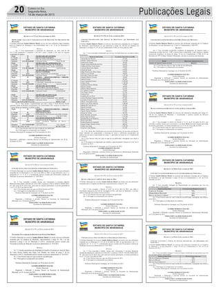 20 Correio do Sul
Segunda-feira,
16 de março de 2015
ESTADO DE SANTA CATARINA
MUNICÍPIO DE ARARANGUÁ
_______________________________________________________
Rua: Dr. Virgulino de Queirós, nº 200 – Centro – Araranguá/SC
Fone: (48)35210900 www.ararangua.net
DECRETO Nº 6.773, DE 30 DE DEZEMBRO DE 2014.
DISPÕE SOBRE ANULAÇÃO E SUPLEMENTAÇÃO DE DOTAÇÕES NO ORÇAMENTO DO
MUNICÍPIO.
O Prefeito Municipal Sandro Roberto Maciel, no uso das suas atribuições legais emanadas
pela Lei Orgânica do Município e em conformidade com o art. 10 da Lei Municipal nº
3.215/2013.
DECRETA
Art. 1º Fica suplementado o orçamento do Município, no valor total de R$
553.173,00 (quinhentos e cinqüenta e três mil e cento e setenta e três reais) na seguinte
modalidade de despesa:
Órgão 04 SECRETARIA DE GOVERNO
U. Orçam. 03 Dpto de Gestão Participativa
Proj/Ativ. 2.010 Func. dos serviços da secretaria de governo
Elemento 32/31.90.00.00.0001 Aplicações Diretas R$ 8.781,00
Órgão 05 SECRETARIA DE ADMINISTRAÇÃO
U. Orçam. 01 Dpto de Gestão d Pessoas, Sel. Treinamento
Proj/Ativ. 2.012 Dpto Gestão de pessoas, seleção e treinamento
Elemento 37/31.90.00.00.0001 Aplicações Diretas R$ 43.450,00
Órgão 06 SECRETARIA DE FINANÇAS
U. Orçam. 02 Dpto de Contabilidade
Proj/Ativ. 2.016 Manut. Departamento de contabilidade
Elemento 53/31.90.00.00.0001 Aplicações Diretas R$ 46.510,00
Órgão 09 SECRET. DESENVOLVIMENTO URBANO,
OBRAS E SERVIÇOS
U. Orçam. 01 Departamento de Obras
Proj/Ativ. 2.021 Conservação e manutenção das vias urbanas
Elemento 72/31.90.00.00.0001 Aplicações Diretas R$ 212.852,00
Órgão 10 SECRETARIA DO INTERIOR
U. Orçam. 02 Dpto de Obras e Serviços do Interior
Proj/Ativ. 2.027 Conservação e melhoria das estradas do interior
Elemento 115/31.90.00.00.0001 Aplicações Diretas R$30.030,00
Órgão 11 SECRETARIA DA EDUCAÇÃO
U. Orçam. 03 Dpto de Ensino Fundamental
Proj/Ativ. 2.023 Manut. de Ensino Fundamental - REC. PRÓPIO
Elemento 132/31.90.00.00.0114 Aplicações Diretas R$ 211.550,00
TOTAL DE SUPLEMENTAÇÃO...................................................... R$553.173,00
Art. 2º. Para atender a suplementação que trata o artigo 1º deste Decreto, ficarão
reduzidos saldos de dotações orçamentárias, em conformidade com o disposto no artigo 43, §
1º inciso III da Lei Federal nº 4.320/64, a saber:
Órgão 09 SECRET. DESENVOLVIMENTO URBANO,
OBRAS E SERVIÇOS
U. Orçam. 01 Departamento de Obras
Proj/Ativ. 1.003 Pavimentações e Infra-Estrutura com asfalto ou lajotas
Elemento 83/44.90.00.00.0001 Aplicações Diretas R$ 549.573,00
Órgão 14 ENCARGOS GERAIS DO MUNICÍPIO
ESTADO DE SANTA CATARINA
MUNICÍPIO DE ARARANGUÁ
_______________________________________________________
Rua: Dr. Virgulino de Queirós, nº 200 – Centro – Araranguá/SC
Fone: (48)35210900 www.ararangua.net
U. Orçam. 01 Encargos Gerais do Município
Proj/Ativ. 2.044 Manut. Previdência Municipal de Inativos e
Pensionistas
Elemento 159/31.90.00.00.0001 Aplicações Diretas R$ 3.600,00
TOTAL DE ANULAÇÃO................................................................... R$ 553.173,00
Art. 3º Este Decreto entra em vigor na data de sua publicação.
Art. 4º Revogam-se as disposições em contrário.
Prefeitura Municipal de Araranguá, em 30 de dezembro de 2014
SANDRO ROBERTO MACIEL
Prefeito Municipal
Registrado e publicado o presente Decreto na Secretaria de Administração em 30 de
dezembro de 2014.
FERNANDO VALMOR MARCELINO
Secretário de Administração
ESTADO DE SANTA CATARINA
MUNICÍPIO DE ARARANGUÁ
_______________________________________________________
Rua: Dr. Virgulino de Queirós, nº 200 – Centro – Araranguá/SC
Fone: (48)35210900 www.ararangua.net
DECRETO Nº 6.790, DE 15 DE JANEIRO DE 2015.
CONCEDE LICENÇA SEM VENCIMENTOS AO SERVIDOR QUE ESPECIFICA.
O Prefeito Municipal em exercício Sandro Roberto Maciel, de acordo com suas atribuições
emanadas da Lei Municipal nº 2.311 de 14 de Julho de 2005, no que determina o art. 1º, e
parágrafos §1º, 2º, 3º, 4º, 5º e considerando parecer exarado pela Procuradoria Jurídica do
Município no processo administrativo n° 4385/2014.
DECRETA
Art. 1º Fica concedida a pedido, licença sem vencimentos à servidora ARLETE
PINGUELO DOS ANJOS, admitida em 25/01/1999. Conforme CTPS Nº 0076475 SÉRIE 0019-
SC, pelo prazo de 02 (dois) anos, para tratar de assuntos particulares, na forma permitida na
Lei nº 2.311 de 14 de julho de 2005.
Art. 2º Este Decreto entra em vigor em 09 de fevereiro de 2015.
Art. 3º Revogam-se as disposições em contrário.
Prefeitura Municipal de Araranguá, em 15 de janeiro de 2015.
SANDRO ROBERTO MACIEL
Prefeito Municipal
Registrado e Publicado o presente Decreto na Secretaria da Administração
Municipal, em 15 de janeiro de 2015.
FERNANDO VALMOR MARCELINO
Secretário de Administração
ESTADO DE SANTA CATARINA
MUNICÍPIO DE ARARANGUÁ
_______________________________________________________
DECRETO Nº 6.791, DE 20 DE JANEIRO DE 2015.
TRANSFERE TITULARIDADE DE BENEFÍCIO DE PENSÃO POR MORTE.
O Prefeito Municipal em exercício Sandro Roberto Maciel, de acordo com suas atribuições
emanadas pela Lei Orgânica do Município, especificamente o artigo 83, VII, e ao que
determina o artigo 2º da Lei Municipal nº 638/75, considerando parecer exarado pela
Procuradoria Jurídica do Município no processo administrativo n° 7616/2013.
DECRETA
Art. 1º Concede transferência de titularidade de benefício de pensão por morte de Maria
do Carmo Pereira Paladini para Sérgio Luiz Paladini, nos termos do artigo 2º da Lei
Municipal nº 638/75, considerando parecer exarado no processo administrativo nº 7616/2013.
Art. 2º Este Decreto entra em vigor na data de sua publicação.
Art. 3º Revogam-se as disposições em contrário.
Prefeitura Municipal de Araranguá, em 20 de janeiro de 2015.
SANDRO ROBERTO MACIEL
Prefeito Municipal
Registrado e Publicado o presente Decreto na Secretaria da Administração
Municipal, em 20 de janeiro de 2015.
FERNANDO VALMOR MARCELINO
Secretário de Administração
ESTADO DE SANTA CATARINA
MUNICÍPIO DE ARARANGUÁ
_______________________________________________________
Rua: Dr. Virgulino de Queirós, nº 200 – Centro – Araranguá/SC
Fone: (48)35210900 www.ararangua.net
DECRETO Nº 6.792, DE 22 DE JANEIRO DE 2015.
CONCEDE GRATIFICAÇÕES POR SERVIÇO DE RELEVÂNCIA AOS SERVIDORES QUE
ESPECIFICA.
O Prefeito Sandro Roberto Maciel, no exercício das atribuições emanadas da Lei Orgânica
do Município, especificamente ao que determina o artigo 83, VII da Lei Orgânica do
Município e os artigos 8º e 9º, da Lei Complementar nº 066, de 29 de junho de 1996.
DECRETA
Art. 1º Fica concedido Gratificação por Serviços de Relevância aos servidores abaixo
mencionados:
NOME DO SERVIDOR VALOR DA GRATIFICAÇÃO R$
Alessandra de Oliveira 571,00
Alfredo Afrânio Ronconi 1.553,00
Andreza de Araujo 593,00
Ângela Aparecida Rocha da Silva 424,00
Anilton da Silva Vieira Junior 258,00
Carmela Maciel dos Santos 778,00
Cinara de Souza 570,00
Edgar Horácio de Abreu Nunes 768,00
Emerson Luis Krutli 300,00
Enevaldo Clemes de Melo 1.437,00
Fabiano Ribeiro Teixeira 529,00
Gabriel Gomes 987,00
Gesse Espindola Gomes 2.698,00
Gilmar Farias 1.586,00
Guilherme Boeira Michels 770,00
Helena Colodel 350,00
Heloisa Maria Manarim 521,00
Jói Antônio Cristiano 758,00
José Paulo Clemes 557,00
Josiana Pires 288,29
Leandro da Luz Alves 500,00
Letícia Machado Zuanazzi da Silva 677,00
Lucinéia Fortunato Canto 240,00
Márcio Alessandro Farias 264,00
Maria Luiza Brina Macedo 1.000,00
Marina De Luca da Luz 251,00
Michel Germano 165,00
Mônia Nunes Cardoso 395,00
Nanete Simone Neuhaus 571,00
Osmar de Freitas 367,00
Paulo Ricardo Lazzaretti 1.255,00
Pedro Paulo de Souza 1.475,00
Ricardo Recco de Medeiros 261,00
ESTADO DE SANTA CATARINA
MUNICÍPIO DE ARARANGUÁ
_______________________________________________________
Rua: Dr. Virgulino de Queirós, nº 200 – Centro – Araranguá/SC
Fone: (48)35210900 www.ararangua.net
Rosa Costa Melo 832,00
Sandra Regina de Espíndola 571,00
Simoni Nunes Silvano Gomes 608,40
Valdir José Sauer 1.001,00
Vinicius Costa Dannus 811,00
Art. 2º Os valores das Gratificações por Serviços de Relevância, de que trata este Decreto,
foram reduzidos em compensação à concessão de níveis e referências incorporados aos
salários dos servidores mencionados no artigo 1º, aprovados na forma da Lei Complementar
nº 158/2013.
Art. 3º Este Decreto entra em vigor na data de sua publicação, retroagindo seus efeitos a
05/01/2015.
Art. 4º Revogam-se as disposições em contrário, especificamente o Decreto nº 6.365, de 15
de janeiro de 2014.
Prefeitura Municipal de Araranguá, em 22 de janeiro de 2015.
SANDRO ROBERTO MACIEL
Prefeito Municipal
Registrado e Publicado o presente Decreto na Secretaria da Administração Municipal,
em 22 de janeiro de 2015.
FERNANDO VALMOR MARCELINO
Secretário de Administração
ESTADO DE SANTA CATARINA
MUNICÍPIO DE ARARANGUÁ
_______________________________________________________
Rua: Dr. Virgulino de Queirós, nº 200 – Centro – Araranguá/SC
Fone: (48)35210900 www.ararangua.net
DECRETO Nº 6.793, DE 22 DE JANEIRO DE 2015.
REVOGA O DECRETO Nº 6.057 DE 10 DE ABRIL DE 2013.
O Prefeito Municipal em exercício Sandro Roberto Maciel, de acordo com suas atribuições
emanadas pela Lei Orgânica do Município, especificamente o artigo 83, VII.
DECRETA
Art. 1º Fica revogado o Decreto nº 6.057 de 10 de abril de 2013, que cedeu à
Associação Empresarial do Vale do Araranguá-ACIVA, com ônus ao Município, o servidor
público municipal José Johnny Ferreira da Silva.
Art. 2º Este Decreto entra em vigor na data de sua publicação.
Art. 3º Revogam-se as disposições em contrário.
Prefeitura Municipal de Araranguá, em 22 de janeiro de 2015.
SANDRO ROBERTO MACIEL
Prefeito Municipal
Registrado e Publicado o presente Decreto na Secretaria da Administração
Municipal, em 22 de janeiro de 2015.
FERNANDO VALMOR MARCELINO
Secretário de Administração
ESTADO DE SANTA CATARINA
MUNICÍPIO DE ARARANGUÁ
_______________________________________________________
DECRETO Nº 6.794, DE 22 DE JANEIRO DE 2015.
CONCEDE LICENÇA SEM VENCIMENTOS AO SERVIDOR QUE ESPECIFICA.
O Prefeito Municipal em exercício Sandro Roberto Maciel, de acordo com suas atribuições
emanadas da Lei Municipal nº 2.311 de 14 de Julho de 2005, no que determina o art. 1º, e
parágrafos §1º, 2º, 3º, 4º, 5º e considerando parecer exarado pela Procuradoria Jurídica do
Município no processo administrativo n° 8721/2014.
DECRETA
Art. 1º Fica concedida a pedido, licença sem vencimentos à servidora ELIZIANE
APARECIDA DAUMANN, admitida em 03/02/2012. Conforme CTPS Nº 1816544 SÉRIE 0010-
SC, pelo prazo de 02 (dois) anos, para tratar de assuntos particulares, na forma permitida na
Lei nº 2.311 de 14 de julho de 2005.
Art. 2º Este Decreto entra em vigor em 28 de fevereiro de 2015.
Art. 3º Revogam-se as disposições em contrário.
Prefeitura Municipal de Araranguá, em 22 de janeiro de 2015.
SANDRO ROBERTO MACIEL
Prefeito Municipal
Registrado e Publicado o presente Decreto na Secretaria da Administração
Municipal, em 22 de janeiro de 2015.
FERNANDO VALMOR MARCELINO
Secretário de Administração
ESTADO DE SANTA CATARINA
MUNICÍPIO DE ARARANGUÁ
_______________________________________________________
Rua: Dr. Virgulino de Queirós, nº 200 – Centro – Araranguá/SC
Fone: (48)35210900 www.ararangua.net
DECRETO Nº 6.795, DE 22 DE JANEIRO DE 2015.
CONCEDE ISENÇÃO/NÃO INCIDÊNCIA DE ITBI À PESSOA QUE MENCIONA.
O Prefeito Sandro Roberto Maciel no exercício das atribuições emanadas da Lei Orgânica
do Município, e ao que determina o art. 23 da Lei Complementar n° 006/1997:
DECRETA
Art. 1º Fica concedida isenção/não incidência do pagamento do Imposto sobre a
Transmissão de Bens Imóveis - ITBI, à pessoa abaixo relacionada, a qual requereu a aludida
isenção/não incidência, na forma do artigo. 23 da Lei Complementar nº 006, de 03 de
dezembro de 1997 (Código Tributário Municipal), com base no processo que menciona.
NOME PROCESSO ADMINISTRATIVO
 
Art. 2º Este Decreto entra em vigor na data de sua publicação.
Art. 3º Revogam-se as disposições em contrário.
Prefeitura Municipal de Araranguá, em 22 de janeiro de 2015.
SANDRO ROBERTO MACIEL
Prefeito Municipal
Registrado e Publicado o presente Decreto na Secretaria da Administração
Municipal, em 22 de janeiro de 2015.
FERNANDO VALMOR MARCELINO
Secretário de Administração
ESTADO DE SANTA CATARINA
MUNICÍPIO DE ARARANGUÁ
_______________________________________________________
Rua: Dr. Virgulino de Queirós, nº 200 – Centro – Araranguá/SC
Fone: (48)35210900 www.ararangua.net
DECRETO Nº 6.797 DE 22 DE JANEIRO DE 2015.
REVOGA OS EFEITOS DO DECRETO N° 6.112, DE 03 DE JUNHO DE 2013.
O Prefeito Sandro Roberto Maciel, no exercício das atribuições emanadas pelo Artigo 83,
VII da Lei orgânica do Município, e considerando o parecer exarado no Processo
Administrativo nº 355/2015:
DECRETA
Art. 1º Fica revogado os efeitos do Decreto n° 6.112, de 03 de junho de 2013, que
concedeu a pedido, licença sem vencimentos à servidora MARA LUCIANA LEITE, para tratar
de assuntos particulares, na forma permitida na Lei nº 2.311 de 14 de julho de 2005.
Art. 2º Este Decreto entra em vigor em 02 de fevereiro de 2015.
Art. 3º Revogam-se as disposições em contrário.
Prefeitura Municipal de Araranguá, em 22 de janeiro de 2015.
SANDRO ROBERTO MACIEL
Prefeito Municipal
Registrado e Publicado o presente Decreto na Secretaria da Administração
Municipal, em 22 de janeiro de 2015.
FERNANDO VALMOR MARCELINO
Secretário da Administração
ESTADO DE SANTA CATARINA
MUNICÍPIO DE ARARANGUÁ
_______________________________________________________
Rua: Dr. Virgulino de Queirós, nº 200 – Centro – Araranguá/SC
Fone: (48)35210900 www.ararangua.net
DECRETO Nº 6.798 DE 22 DE JANEIRO DE 2015.
CONCEDE VANTAGEM DE REPRESENTAÇÃO AOS SERVIDORES QUE ESPECIFICA.
O Prefeito Sandro Roberto Maciel, no exercício das atribuições emanadas da Lei Orgânica
do Município e ao que determina o artigo 218 da Lei Complementar nº 145, de 26 de
dezembro de 2012:
DECRETA
Art. 1º Fica concedida Vantagem de Representação nos percentuais que fixa aos
servidores abaixo relacionados:
NOME DO SERVIDOR VANTAGEM DE REPRESENTAÇÃO
CRISTIANE TEIXEIRA 79%
MÁRIO SÉRGIO MACHADO 14%
RENATA DE SOUZA CARDOSO 88%
Art. 2º Este Decreto entra em vigor na data de sua publicação, retroagindo seus efeitos a
05/01/2015.
Art. 3º Revogam-se as disposições em contrário.
Prefeitura Municipal de Araranguá, em 22 de janeiro de 2015.
SANDRO ROBERTO MACIEL
Prefeito Municipal
Registrado e Publicado o presente Decreto na Secretaria da Administração Municipal,
em 22 de janeiro de 2015.
FERNANDO VALMOR MARCELINO
Secretário da Administração
ESTADO DE SANTA CATARINA
MUNICÍPIO DE ARARANGUÁ
_______________________________________________________
DECRETO Nº 6.799 DE 22 DE JANEIRO DE 2015.
CONCEDE VANTAGEM A TÍTULO DE FUNÇÃO GRATIFICADA AOS SERVIDORES QUE
ESPECIFICA.
O Prefeito Sandro Roberto Maciel, no exercício das atribuições emanadas da Lei Orgânica
do Município e ao que determina o artigo 219 da Lei Complementar nº 145, de 26 de
dezembro de 2012:
DECRETA
Art. 1º Fica concedida vantagem a título de Função Gratificada nos percentuais que fixa
aos servidores abaixo relacionados:
NOME DO SERVIDOR FUNÇÃO GRATIFICADA
MATEUS GEREMIAS PEDROSO 79%
RENATO MACIEL 31%
SILVIO ALEX CRISTIANO 61%
Art. 2º Este Decreto entra em vigor na data de sua publicação, retroagindo seus efeitos a
05/01/2015.
Art. 3º Revogam-se as disposições em contrário.
Prefeitura Municipal de Araranguá, em 22 de janeiro de 2015.
SANDRO ROBERTO MACIEL
Prefeito Municipal
Registrado e Publicado o presente Decreto na Secretaria da Administração
Municipal, em 22 de janeiro de 2015.
FERNANDO VALMOR MARCELINO
Secretário da Administração
Publicações Legais
 