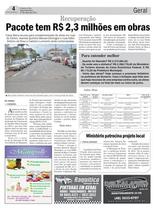 entorno dos Parques Na-
cionais Aparados da Serra
e da Serra Geral.
O Ministério do Turis-
mo e a prefeitura investi-
rão recursos financeiros
no valor de R$ 564.631,00,
com o objetivo de propor-
cionar a valorização e o
desenvolvimento do setor,
a geração de emprego, de
renda e da preservação
do Turismo para pavimen-
tação, drenagem e sinali-
zação de ruas e avenidas
do Centro e do Parque das
Avenidas, no pacote que
transforma o Centro no
mais moderno do sul do
estado.Destevalor,omuni-
cípio dará contrapartida de
apenas R$ 85.115,20.
“Teremos uma cidade
antes e outra depois destas
obras. A modernidade e a
acessibilidadedevemdeixar
a autoestima da população
melhor. Sem tirar vagas
de estacionamento vamos
incentivar ainda mais o ci-
clista e o pedestre que quer
Geral4 Correio do Sul
Segunda-feira,
27 de abril de 2015
Para entender melhor
Saiba Mais
Dois lotes
circular no que chamamos
deshoppingabertoqueserá
o nosso Centro. O turismo
religioso e de compras se
fortalecerá e cada vez mais
seremos a referência em
planejamento e infraes-
trutura no sul do estado”,
acredita o prefeito Zênio
Cardoso.
Dividido em dois lotes,
o recurso faz com que duas
licitações sejam feitas e,
consequentemente, duas
empreiteiras diferentes
possam realizar o serviço.
O Lote 1 abrange a
avenida Quintino Manoel
Domingos e as ruas Edílio
Antônio da Rosa e Caetano
Lumertz. A Caetano, que
tem um trecho já em obras
com recursos da Defesa
Civil, possui 140 metros
nesse lote, na parte entre
a marginal da BR 101 e
a frente da Auto Escola
Premium. A Quintino Ma-
Da redação
Pacote tem R$ 2,3 milhões em obras
Recuperação
> SOMBRIO
Aprefeitura de Som-
brio recebeu no fim
de semana mais uma boa
notícia com relação aos
recursos do Programa de
Aceleração do Crescimento
de Sombrio (Pacs) lançado
em 2014 e que tem como
objetivo fazer em dois anos
obras estruturantes que
levariam cerca de 20 anos
a serem feitas.
Desta vez, o anún-
cio foi da liberação de R$
2.373.894,02 do Ministério
³Rua Santo Antônio será uma das beneficiadas com o novo pacote de obras
Caixa libera recurso para complementação de obras em ruas
do Centro. Avenida Quintino Manoel Domingos e ruas Edílio
Antônio da Rosa e Caetano Lummertz serão contempladas
> PRAIA GRANDE
AprefeituradePraia
Grande abriu processo
de licitação para elabo-
rar um projeto visando
estruturar, qualificar e
promover um roteiro de
turismo comunitário,
valorizando os produtos
associadosaoturismono
Ministério patrocina projeto local
ambiental.
Oprojetodeveiniciar
em maio, com duração
até o segundo semestre
de 2016. “Ao se pensar
turismo, além de infra-
estrutura básica e de
apoio, é importante pla-
nejamento,identificando
deficiências e oportuni-
dades”, afirma o prefeito
Valcir Daros.
noel Domingos, também
contemplada pela Defesa
CivilcompoucomaisdeR$
700milpararecuperaçãodo
trecho no bairro São Luiz,
prestes a receber ordem de
serviço,entraagoranapar-
te sem pavimentação. São
189 metros de drenagem,
terraplanagem,pavimenta-
ção, calçadas e sinalização.
O lote 2 contempla as
ruasdoCentroqueformam
umquadradoquelevaatéa
IgrejaMatriz,pontoturísti-
coreligiosodacidade.Neste
setor, são as ruas Padre
João Reitz, Santo Antô-
nio, João José Guimarães,
Antônio Inácio da Rosa e
Antônio Sant’Helena.
Nome da rua ou
avenida
Metragem
da obra
De onde a onde? Obra? Valor em R$
(arredondado)
Av. Quintino Manoel
Domingos (Parque das
Avenidas)
189 Metros Liga os dois trechos já
asfaltados
Drenagem,pavimentação e sinalização 630 mil
R. Edílio Antônio da
Rosa(Acesso Central II
de Sombrio)
111 Metros Liga a marginal da BR a João
José Guimarães
Drenagem, pavimentação com lajotas e
sinalização
108 mil
R. Caetano Lumertz
(saída para Balneário
gaivota)
140 Metros Marginal da BR 101 até a frente
da Auto Escola Premium
Drenagem e revitalização com recapeamento
asfaltico e calçadas
140 mil
R. Padre João Reitz
(frente da Igreja)
228 metros Desde a Caetano Lumertz até a
Santo Antônio
Drenagem e revitalização com recapeamento
asfáltico e calçadas
228 mil
R Santo Antônio (ao
lado do Catulo)
931 metros Desde a Marginal da BR 101,
até a Breno Cardoso
Drenagem e revitalização com recapeamento
asfáltico e calçadas
906 mil
R. João José
Guimarães (Frente do
Giassi)
222 metros Desde a Caetano Lumertz até a
Santo Antônio
Drenagem e revitalização com recapeamento
asfáltico e calçadas
167 mil
R. Antônio Inácio da
Rosa (Atrás do Catulo)
230 metros Desde a Getúlio Vargas até a
Alberto Santos
Drenagem e pavimentação asfáltica e calçadas 229 mil
Av. Antônio
Sant’Helena
97 metros Desde a Getúlio Vargas até a
Santo Antônio
Drenagem e recapeamento asfáltico e
calçadas
76 mil
. Quanto foi liberado? R$ 2.373.894,02;
. De onde veio o dinheiro? R$ 2.288,778,82 do Ministério
do Turismo através da Caixa Econômica Federal. E R$
85.115,20 da Prefeitura Municipal;
. Início das obras? Hoje começa o processo licitatório
na prefeitura de Sombrio. Caso a licitação seja feita sem
que haja recursos de uma empresa contra outra, as obras
devem começar no final de maio ou início de junho.
 