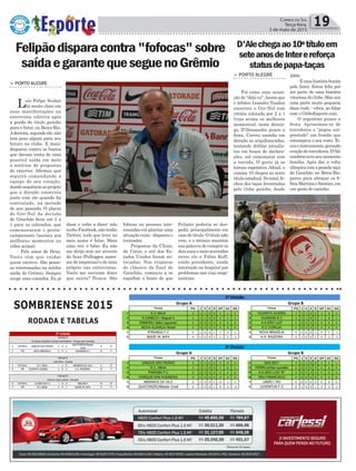 fofocas ou pessoas inte-
ressadas em plantar uma
situação ruim - disparou o
treinador.
Propostas da China,
do Catar, e até dos Es-
tados Unidos foram no-
ticiadas. Nas vésperas
do clássico da final do
Gauchão, começou a se
espalhar o boato de que
Política 19Correio do Sul
Terça-feira,
5 de maio de 2015
SOMBRIENSE 2015
RODADA E TABELAS
Felipão poderia se des-
pedir, principalmente em
caso de título. O título não
veio, e o técnico mantém
sua palavra de cumprir os
doisanosemeioacertados
entre ele e Fábio Koff,
então presidente, ainda
internado no hospital por
problemas nas vias respi-
ratórias.
> PORTO ALEGRE
Luiz Felipe Scolari
foi muito claro em
suas manifestações na
entrevista coletiva após
a perda do título gaúcho
para o Inter, no Beira-Rio.
Aderrota,segundoele,não
tem peso algum para seu
futuro no clube. E mais:
disparou contra os boatos
que davam conta de uma
possível saída em meio
a notícias de propostas
do exterior. Afirmou que
seguirá comandando a
equipe do seu coração,
dandosequênciaaoprojeto
que a direção construiu
junto com ele quando foi
contratado, na metade
do ano passado. O placar
do Gre-Nal da decisão
do Gauchão ficou em 2 a
1 para os colorados, que
comemoraram o penta-
campeonato (assista aos
melhores momentos no
vídeo acima).
- Pelo amor de Deus.
Vocês têm que cuidar
quem escreve. São pesso-
as interessadas na minha
saída do Grêmio. Sempre
surge uma coisinha. Eu já
Felipãodisparacontra"fofocas"sobre
saídaegarantequeseguenoGrêmio
disse e volto a dizer: não
tenhoFacebook,nãotenho
Twitter, tudo que tiver no
meu nome é falso. Mais
uma vez: é falso. Eu não
me dirijo sem ser através
do Acaz (Fellegger, asses-
sor de imprensa) e de mim
próprio nas entrevistas.
Vocês me ouviram dizer
que sairia? Nunca. São
D'Alechegaao10ºtítuloem
seteanosdeInterereforça
statusdepapa-taças
> PORTO ALEGRE
Foi como uma sensa-
ção de "déjà vu".Assim que
o árbitro Leandro Vuaden
encerrou o Gre-Nal com
vitória colorada por 2 a 1
(veja acima os melhores
momentos), neste domin-
go, D’Alessandro puxou a
festa. Correu sozinho em
direção as arquibancadas,
tentando driblar jornalis-
tas em busca de declara-
ções, até comemorar com
a torcida. O gesto já se
tornou repetitivo. Afinal, o
camisa 10 chegou ao sexto
títuloestadual.Nototal,fe-
chou dez taças levantadas
pelo clube gaúcho, desde
2008.
-Éumahistóriabonita
pelo Inter. Estou feliz por
ser parte de uma história
vitoriosa do clube. Mas sou
uma parte muito pequena
disso tudo - vibra, ao falar
com o GloboEsporte.com.
O argentino puxou a
festa. Aproximou-se de
torcedores e “pegou em-
prestado” um bumbo que
estampava o seu rosto. To-
couoinstrumento,gerando
ovaçãodetorcedores.D'Ale
tambémteveseumomento
família. Após dar a volta
olímpicacomapesadataça
do Gauchão no Beira-Rio,
parou para abraçar os fi-
lhosMartinaeSantino,em
um gesto de carinho.
 