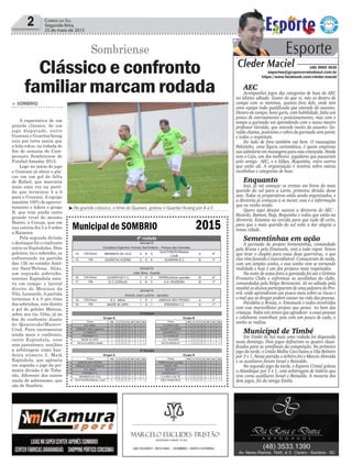 2 Correio do Sul
Segunda-feira,
25 de maio de 2015
> SOMBRIO
A expectativa de um
grande clássico, de um
jogo disputado, entre
Guarani e Guarita/Aceng
caiu por terra assim que
a bola rolou, na rodada do
fim de semana do Cam-
peonato Sombriense de
Futebol Amador 2015.
Logo no início do jogo
o Guarani já abriu o pla-
car em um gol de falta
de Rafael, que marcaria
mais uma vez na parti-
da que terminou 4 a 0
para o Guarani. A equipe
mantém 100% de aprovei-
tamento e lidera o grupo
B, que tem ainda outro
grande rival do mesmo
Bairro, a Coruja, que em
sua estreia fez 5 a 0 sobre
a Raizeira.
Pela segunda divisão
o destaque foi o confronto
entre os Espíndulas. Dois
goleiros, tio e sobrinho, se
enfrentando na partida
das 13h no estádio Antô-
nio Sant'Helena. Aliás,
um segundo sobrinho,
terceiro Espíndula esta-
va em campo: o lateral
direito do Meninos da
Vila, Leonardo. A partida
terminou 4 a 0 pro time
dos sobrinhos, com direito
a gol do goleiro Mateus,
sobre seu tio, Giba, já no
fim do confronto diante
do Quatorzão/Master-
Cred. Para incrementar
ainda mais o confronto,
outro Espíndula, esse
sem parentesco, auxiliou
a arbitragem como ban-
deira número 2. Maik
Espíndula, que apitaria
em seguida o jogo da pri-
meira divisão é de Tuba-
rão, diferente dos outros
xarás de sobrenome, que
são de Sombrio.
Clássico e confronto
familiar marcam rodada AEC
Acompanhei jogos das categorias de base do AEC
no último sábado. Gostei do que vi, não só dentro de
campo com os meninos, quanto fora dele, onde tem
uma equipe toda qualificada que entende do assunto.
Dentro de campo, bons guris, com habilidade, falta um
pouco de entrosamento e posicionamento, mas com o
tempo a gurizada vai aprendendo com o nosso mestre
professor Geraldo, que entende muito do assunto. Ge-
raldo chama, posiciona e cobra da gurizada sem parar,
e todos o respeitam.
Do lado de fora também vai bem. O massagista
Pelézinho, uma figura carismática, é quem empresta
sua sabedoria em massagens para essa criançada. Ainda
tem o Caio, um dos melhores jogadores que passaram
pelo antigo AEC, e o Edipo, Boquinha, entre outros
que estão ali. A organização é notória sobre outras
escolinhas e categorias de base.
Enquanto
Isso, já vai começar os treinos em breve do mais
querido do sul para a Larm, primeira divisão desse
ano. Todos os preparativos estão sendo organizados, e
a diretoria já começou a se mexer, essa é a informação
que eu venho tendo.
Quero aqui desejar sucesso a diretoria do AEC -
Ricardo, Ramon, Regi, Boquinha e todos que estão na
diretoria. Estamos na torcida para que tudo dê certo,
para que o mais querido do sul volte a dar alegria a
nossa cidade.
Sementinhas em ação
A gurizada do projeto Sementinhas, comandado
pela Bruna e pela Emanuele, está a todo vapor. Temos
que tirar o chapéu para essas duas guerreiras, o que
elas vêm fazendo é inacreditável. Começaram do nada,
com um simples sonho, e esse sonho vem se tornando
realidade e hoje é um dos projetos mais respeitados.
Na noite de sexta-feira a garotada foi até o Grêmio
Fronteira Clube e enfrentou as escolinhas do clube,
comandadas pelo Felipe Bertoncini. Já no sábado pela
manhã os alunos participaram de uma palestra do Pro-
erd, onde aprenderam um pouco mais sobre os riscos e
o mal que as drogas podem causar na vida das pessoas.
Parabéns a Bruna, a Emanuele e todos envolvidos
com esse maravilhoso projeto que pensa no bem das
crianças. Todos nós temos que agradecer a essas pessoas
e colaborar, contribuir, pois com um pouco de cada, o
sonho se realiza.
Municipal de Timbé
Em Timbé do Sul mais uma rodada foi disputada
neste domingo. Dois jogos definiram os quatro classi-
ficados para as semifinais da competição. No primeiro
jogo da tarde, o União Molha Coco bateu a Vila Belmiro
por 3 x 1. Nesta partida o árbitro foi o Marcio Almeida
e os auxiliares foram Israel e Reinaldo.
No segundo jogo da tarde, o Esporte Cristal goleou
o Alambique por 5 x 1, com arbitragem de Valério que
teve como auxiliares Israel e Reinaldo. A mesaria dos
dois jogos, foi da amiga Estela.
Esporte
Cleder Maciel (48) 9900 3535
esportes@grupocorreiodosul.com.br
https://www.facebook.com/cleder.maciel
Sombriense
³No grande clássico, o time do Guarani, goleou o Guarita/Aceng por 4 a 0
Municipal de SOMBRIO 2015
 