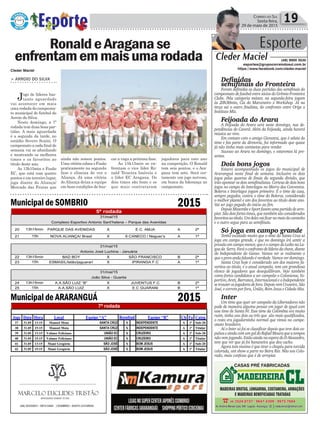 Política 19Correio do Sul
Sexta-feira,
29 de maio de 2015
> ARROIO DO SILVA
Jogo de líderes bas-
tante aguardado
vai acontecer em mais
uma rodada do campeona-
to municipal de futebol do
Arroio do Silva.
Neste domingo, a 7º
rodada tem duas boas par-
tidas. A mais aguardada
é a segunda da tarde, no
estádio Severo Scaini. O
campeonatoacadafinalde
semana vai se afunilando
e mostrando os melhores
times e os favoritos ao
título deste ano.
As 13h15min o Fusão
EC, que está com quatro
pontos e em terceiro lugar,
joga diante do Aliança/
Mercado das Frutas que
RonaldeAraganase
enfrentamemmaisumarodada
Definidas
semifinais do Fronteira
Foram definidas as duas partidas das semifinais do
campeonato de futebol entre sócios do Grêmio Fronteira
Clube. Pela categoria máster, na segunda-feira jogam
às 20h30min, Cia do Marceneiro x Workshop. Já na
terça sai o outro finalista, do confronto entre Orige x
Instituto Mix.
Feijoada do Arara
A Feijoada do Arara será neste domingo, nas de-
pendências do Caverá. Além da Feijoada, ainda haverá
música ao vivo.
Em contato com o amigo Giovanni, que é atleta do
time e faz parte da diretoria, fui informado que quase
já não tinha mais camisetas para vender.
Sucesso ao Arara no domingo, e estaremos lá pre-
sentes.
Dois bons jogos
Estarei acompanhado os jogos do municipal de
Araranguá neste final de semana. Inclusive os dois
jogos pelas quartas de finais da segunda divisão, que
irão apontar os dois semifinalistas. Certeza de dois bons
jogos no campo do Interlagos no Morro dos Conventos.
Boleros e Interlagos jogam primeiro. É o time da casa,
sempre pegador, contra o time do Boleros, considerado
o melhor plantel e um dos favoritos ao título deste ano.
Vai ser jogo pegado do inicio ao fim.
DepoisMazembeeSportfazemumapartidadearre-
piar. São dois fortes times, que também são considerados
favoritosaotítulo.Umdelesvaificarnomeiodocaminho
e o outro segue para as semifinais.
Só joga em campo grande
Tenho escutado muito que o time do Santa Cruz só
joga em campo grande, e que no domingo irá sentir a
pressão em campo menor, que é o campo do Ledio na La-
goada Serra.Faráoconfrontodelíderesdachave,diante
do Independente do Ganso. Vamos ver se realmente o
que o povo anda falando é verdade. Vamos ver domingo.
Santa Cruz hoje é considerado um dos maiores fa-
voritos ao título, é o atual campeão, tem um grandioso
elenco de jogadores que desequilibram. Vejo também
como fortes candidatos a ser campeão o Coloniense, Es-
portivo, Areti, Barranca, Internacional e o Independente
setrouxerosjogadoresdefora.DepoisvemCruzeiro,São
José, e correm por fora, União, Bom Jesus e Cidade Alta.
Inter
Um time que quer ser campeão da Libertadores não
pode de maneira alguma pensar em jogar de igual com
esse time de Santa Fé. Esse time da Colômbia era muito
ruim, tinha uns dois ou três que são mais qualificados,
o resto era jogadorzinho normal que vimos no campe-
onato brasileiro.
Aí o Inter só foi se classificar depois que teve dois ex-
pulsoseaindacomumgoldoRafaelMouraqueatempos
nãovemjogando.EstãoaindanaesperadoDAlesandro,
tem que ver que já foi bananeira que deu cacho.
Agora tem mesmo é que tirar o chapéu para torcida
colorada, um show a parte no Beira Rio. Não sou Colo-
rado, mais confesso que é de arrepiar.
Esporte
Cleder Maciel (48) 9900 3535
esportes@grupocorreiodosul.com.br
https://www.facebook.com/cleder.maciel
ainda não somou pontos.
UmavitóriacolocaoFusão
praticamente na segunda
fase e elimina de vez o
Aliança. Já uma vitória
do Aliança deixa a equipe
em boas condições de bus-
car a vaga a próxima fase.
As 15h15min se en-
frentam o vice líder Ro-
nald Teixeira Imóveis e
o líder EC Aragana. Os
dois times são bons e os
que mais contrataram
jogadores para este ano
na competição. O Ronald
tem seis pontos, e o Ara-
gana tem sete. Será cer-
tamente um jogo nervoso,
em busca da liderança no
campeonato.
CASAS PRÉ FABRICADAS
Cleder Maciel
Municipal de SOMBRIO
Municipal de ARARANGUÁ
2015
2015
 