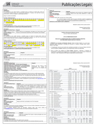 Publicações Legais16 Correio do Sul
Quarta-feira,
10 de junho de 2015
O cartão digitalizado da candidata, consta divulgado em sua área restrita do candidato no site.
PONTUAÇÃO MANTIDA E CLASSIFICAÇÃO PRELIMINAR MANTIDA
Decisão 03
Inscrição/Candidato/Cargo Alegação
73246
Magda Magnus Teixeira
Auxiliar de Biblioteca
Solicita revisão de seu cartão resposta pois alega ter acertado 21
(vinte e um) questões, sendo 11 em conhecimentos gerais e 10 em
conhecimentos específicos e não 20 (vinte) conforme divulgado na
classificação.
Decisão:
INDEFERIDO
Em conferência ao seu cartão resposta, a candidata possui os mesmos 21 acertos totais, sendo em
conhecimentos gerais8 acertos,e em conhecimentos específicos 13 acertos, com nota final na prova
escrita de8,40, conforme divulgado na classificação preliminar.
Segue os acertos da candidata:
Auxiliar Administrativo
SITUAÇÃO MANTIDA.
O cartão digitalizado da candidata, consta divulgado em sua área restrita do candidato no site.
PONTUAÇÃO MANTIDA E CLASSIFICAÇÃO PRELIMINAR MANTIDA
01 02 03 04 05 06 07 08 09 10 11 12 13 14 15 16 17 18 19 20
C B A C X C B A D B C A C D B A C D B C
21 22 23 24 25
D A D A B
Decisão 04
Inscrição/Candidato/Cargo Alegação
75908
Antonio Adalberto Silveira
Auxiliar de Ensino
Solicita revisão de sua classificação, pois alega ter 20 (vinte) acertos, sendo
10 (dez) em conhecimentos específicos e não 18 (dezoito) como divulgado.
Decisão:
INDEFERIDO
Em conferência ao seu cartão resposta, o candidato possui os mesmos 18 acertos totais, sendo em
conhecimentos gerais9 acertos,e em conhecimentos específicos 9 acertos, com nota final na prova escrita
de4,50, restando reprovado conforme divulgado na classificação preliminar.
Segue os acertos do candidato:
Auxiliar de Ensino
SITUAÇÃO MANTIDA.
O cartão digitalizado do candidato, consta divulgado em sua área restrita do candidato no site.
PONTUAÇÃO MANTIDA E CLASSIFICAÇÃO PRELIMINAR MANTIDA
01 02 03 04 05 06 07 08 09 10 11 12 13 14 15 16 17 18 19 20
B D A C B C D B C A D B D C D A D B A C
21 22 23 24 25 26 27 28 29 30 31 32 33 34 35 36 37 38 39 40
B D A C B A B C D A C B D A B A C C B A
Decisão 05
Inscrição/Candidato/Cargo Alegação
Prefeitura Municipal de Balneário Gaivota
Concurso Público Edital 001/2015
75755
Francine Brognoli Homem
Fonoaudióloga
Recurso contra questões da prova.
Decisão:
RECURSO INTEMPESTIVO
Recursos contra as questões já foram julgados e não cabem mais recursos administrativamente, conforme item
11.12 do edital.
Decisão 06
Inscrição/Candidato/Cargo Alegação
68796 Kilian Andre Euzebio - Prof de Língua Portuguesa
76268 Marilia Milene de F. Meixedo Garcia – Prof de Matemática
76452 Greici Raupp Bitencourt da Rosa – Prof de Séries Iniciais
76007 Renan Vizeu Fernandes – Técnico de Enfermagem
76288 Renata Santos da Silva – Advogado
76680 Alexandre Bueno Sherer – Motorista II
76378 Patricia C. Possamai Santana – Prof de Matemática
Afirmam que seus nomes e suas
classificações não constam na
listagem do ato 09 divulgada pelo
IOBV.
Decisão:
DEFERIDO
Aos candidatos assiste razão, devido à erro de impressão do número de prova no cartão resposta destes
candidatos, os cartões foram lidos pela leitora óptica como sendo prova de número “dois”, sendo que havia
para todos os cargos apenas a prova de número “um”. Os cartões foram lidos pela leitora, porém não foram
processados no arquivo.
A classificação destes candidatos constam na Classificação Final da Prova escrita conforme ato 011.
Os cartões digitalizados dos candidatos, constam divulgadosem sua área restrita no site www.iobv.org.br, para
sua conferência.
Inclui-se na classificação final da prova escrita.
Decisão 07
Inscrição/Candidato/Cargo Alegação
77401
Sandra Nadia Kuntze
Prof Ensino Infantil (40h)
Alega que solicitou a vaga para deficiente e prova ampliada com letras nº 18
e foram aceitas, porém o cartão resposta não foi o mesmo tamanho tendo
assim dificuldades em ver os quadradinhos e preencher, errou 3 (três)
questões e se sentiu prejudicada, errando até o local da assinatura e sendo
uma das últimas a sair da sala 7 (sete).
Decisão:
INDEFERIDO: conforme a própria candidata afirma solicitou apenas ampliação da prova e não do cartão-
resposta. Sendo o cartão corrigido por leitora óptica não havia como ser ampliado para correção.
Ademais em conferência o cartão resposta da candidata, verifica-se que a mesma preencheu perfeitamente o
cartão sem rasuras ou borrões e que sua assinatura consta no local correto do cartão.
O cartão digitalizado da candidata, consta publicado na sua área restrita para sua conferência.
Classificação Mantida.
Decisão 08
Inscrição/Candidato/Cargo Alegação
69223
Marcia Roldao Baltazar
Prof Séries Iniciais
Alega que está sem a pontuação de sua Pós Graduação.
Decisão:
INDEFERIDO
Em conferência pela banca dos títulos recebidos via correio do Concurso Público de Balneário Gaivota não foi
encontrado o título de pós graduação da candidata.
Caso a candidata realmente enviou tal documento conforme edital, favor enviar através do
emailiobv@iobv.com.br o comprovante do Sedex com AR para verificação mais apurada.
Decisão 09
Inscrição/Candidato/Cargo Alegação
Prefeitura Municipal de Balneário Gaivota
Concurso Público Edital 001/2015
75759
Magna dos Santos Andre
Técnico de Enfermagem
Alega que a candidata 75913 possui a mesma pontuação que a sua e
está à sua frente.
Decisão:
INDEFERIDO
RECURSO IMPROCEDENTE
A candidata obteve nota final de 4,90, restando assim reprovada.
A candidata a sua frente inscrição nº 75913, possui nota final de 5,00 obviamente diferente da sua nota.
Parecer 10
Inscrição/Candidato/Cargo Alegação
69380
Odilon Melo Rodrigues
Técnico de Enfermagem
Solicita reclassificação, pois de acordo com o Estatuto do Idoso os
candidatos acima de 60 anos terão preferência no critério de
desempate.
75759
Magna dos Santos Andre
Técnico de Enfermagem
Alega que a candidata 75913 possui a mesma pontuação que a sua e
está à sua frente.
Decisão:
INDEFERIDO
RECURSO IMPROCEDENTE
A candidata obteve nota final de 4,90, restando assim reprovada.
A candidata a sua frente inscrição nº 75913, possui nota final de 5,00 obviamente diferente da sua nota.
Parecer 10
Inscrição/Candidato/Cargo Alegação
69380
Odilon Melo Rodrigues
Técnico de Enfermagem
Solicita reclassificação, pois de acordo com o Estatuto do Idoso os
candidatos acima de 60 anos terão preferência no critério de
desempate.
Decisão:
DEFERIDO
O candidato assiste razão, de acordo com o item do edital:
12.4. Ocorrendo empate na nota final, aplicar-se-á, para o desempate, o disposto no parágrafo único
do artigo 27 da Lei Federal 12.741/03, para os candidatos que se enquadrarem na condição de idoso
nos termos do Artigo 1º da mencionada Lei (possuírem 60 anos completos ou mais).
DEFERE-SE E RECLASSIFCA-SE O CANDIDATO
Balneário Gaivota, 08 de Junho de 2015
Ronaldo Pereira da Silva
Prefeito Municipal
Prefeitura Municipal de Balneário Gaivota
Concurso Público Edital 001/2015
ATO 011/PMBG/ED001/2015/CP
DIVULGA A CLASSIFICAÇÃO FINAL DA PROVA ESCRITA OBJETIVA
DO CONCURSO PÚBLICO EDITAL Nº 001/2015
O PREFEITO do município de Balneário Gaivota, Estado de Santa Catarina, no uso de suas
atribuições legais, juntamente a Comissão de Concurso e o Instituto o Barriga Verde, tornam
público o que segue:
1. A Classificação Final da prova escrita dos candidatos aprovados no Concurso Público 001/2015,
consta divulgada no Anexo I deste ato, já considerandoos critérios de desempate.
2. Para os cargos com exigência de Prova Prática: Motorista I, Motorista II, Operador de
Equipamento I e Operador de Equipamento II, será divulgado um ato com os locais e horários da
realização no dia 14 de junho de 2015 para os aprovados na prova escrita.
Balneário Gaivota, 08 de Junho de 2015
Ronaldo Pereira da Silva
Prefeito Municipal
Prefeitura Municipal de Balneário Gaivota
Concurso Público Edital 001/2015
ANEXO I
CLASSIFICAÇÃO FINAL DA PROVA ESCRITA
Advogado | Ensino Superior Completo
Seq. INSC. CANDIDATO NASC.
CG CE Total
Acertos
Nota
Prova
Situação
Acertos Nota Acertos Nota
1 78656 Francisco Carus Greco 04/01/1990 11 2,20 17 4,76 28 6,96 Aprovado
2 71649 GrasielaSpeckEufrasio 21/11/1981 12 2,40 16 4,48 28 6,88 Aprovado
3 68745 Guilherme Scherer Moutinho 25/11/1989 9 1,80 17 4,76 26 6,56 Aprovado
4 76776 Giancarlo De Almeida Rosa 24/07/1969 13 2,60 14 3,92 27 6,52 Aprovado
5 77294 Daniela Pereira Dos Reis 07/04/1979 13 2,60 13 3,64 26 6,24 Aprovado
6 76262 Cassio Cardoso Candido 27/04/1991 10 2,00 15 4,20 25 6,20 Aprovado
7 76293 KalineMichelsBoteon 17/09/1983 10 2,00 14 3,92 24 5,92 Aprovado
8 75871 Carlos Saturnino Soares Junior 13/06/1979 9 1,80 14 3,92 23 5,72 Aprovado
9 76982 Jocilene Raupp Guimaraes 06/11/1977 11 2,20 12 3,36 23 5,56 Aprovado
10 77780 Liziane Sousa De Franca 29/10/1983 9 1,80 13 3,64 22 5,44 Aprovado
11 76288 Renata Santos Da Silva(ato 010) 22/01/1972 10 2,00 12 3,36 22 5,36 Aprovado
12 75816 Rosiane Muller Carvalho 29/06/1990 10 2,00 12 3,36 22 5,36 Aprovado
13 77271 Gabriel Barreto De Melo 13/06/1991 7 1,40 14 3,92 21 5,32 Aprovado
14 76994 MileidyBett Da Silva Rech 10/04/1985 8 1,60 13 3,64 21 5,24 Aprovado
15 73842 Kele Da Silva Serafin 10/02/1981 12 2,40 10 2,80 22 5,20 Aprovado
16 75920 Richardson Delfino Goncalves 18/07/1988 9 1,80 12 3,36 21 5,16 Aprovado
17 68751 Mariana Mendes Da Silva Bitencourt 02/07/1990 9 1,80 12 3,36 21 5,16 Aprovado
Agente Administrativo | Ensino Médio Completo
Seq. INSC. CANDIDATO NASC.
CG CE Total
Acertos
Nota
Prova
Situação
Acertos Nota Acertos Nota
1 77065 Valdir Paulo Da Silva 26/05/1978 16 3,20 19 5,70 35 8,90 Aprovado
Prefeitura Municipal de Balneário Gaivota
Concurso Público Edital 001/2015
2 77747 Alexandre Fernandes Goulart 19/11/1974 17 3,40 18 5,40 35 8,80 Aprovado
3 69733 Richard Quadros Magnus 11/03/1992 17 3,40 15 4,50 32 7,90 Aprovado
4 78083 Gustavo Andreazza 01/06/1987 16 3,20 15 4,50 31 7,70 Aprovado
5 78417 Thiago Rafael Ayres 30/03/1979 15 3,00 15 4,50 30 7,50 Aprovado
6 78122 Aloizio Da Silva Martins 22/03/1983 17 3,40 12 3,60 29 7,00 Aprovado
7 77524 Alice Dos Santos 12/11/1984 11 2,20 15 4,50 26 6,70 Aprovado
8 78206 Amanda Pereira Dos Santos 02/03/1992 13 2,60 13 3,90 26 6,50 Aprovado
9 75767 Camile Da Silva Coelho 24/05/1991 12 2,40 12 3,60 24 6,00 Aprovado
10 76651 Carlos Andre Rocha 12/01/1983 10 2,00 12 3,60 22 5,60 Aprovado
11 77938 Fabiano BozelloPatricio 22/10/1980 11 2,20 11 3,30 22 5,50 Aprovado
12 77476 Daniela Silveira Gomes 16/05/1988 11 2,20 11 3,30 22 5,50 Aprovado
13 70905 Michele Dos Passos Feliciano 26/11/1984 9 1,80 11 3,30 20 5,10 Aprovado
Assistente Social | Ensino Superior Completo
Seq. INSC. CANDIDATO NASC.
CG CE Total
Acertos
Nota
Prova
Situação
Acertos Nota Acertos Nota
1 77507 Marta Teresinha Silverio 12/12/1974 8 1,60 19 5,32 27 6,92 Aprovado
2 75864 Maria Das Gracas Fernandes Isoppo 09/08/1982 6 1,20 19 5,32 25 6,52 Aprovado
3 77687 Patricia Pereira De Oliveira Casagrande 29/01/1982 10 2,00 14 3,92 24 5,92 Aprovado
4 77236 Robson Rodrigo Coelho 22/03/1980 5 1,00 15 4,20 20 5,20 Aprovado
Auxiliar Administrativo | Ensino Fundamental Completo
Seq. INSC. CANDIDATO NASC.
CG CE Total
Acertos
Nota
Prova
Situação
Acertos Nota Acertos Nota
1 68871 Caroline Brinkhus Goulart 30/09/1979 9 3,60 14 5,60 23 9,20 Aprovado
2 76035 Aline ZatteraBiasuzDeboni 26/12/1988 9 3,60 14 5,60 23 9,20 Aprovado
3 76665 Rosiani Da Silva De Vicente 27/07/1987 7 2,80 15 6,00 22 8,80 Aprovado
 