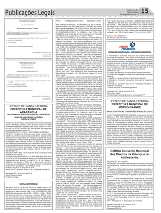 Publicações Legais 15Correio do Sul
Quinta-feira,
25 de junho de 2015
Tráfico
AVISO DE DISPENSA DE LICITAÇÃO
EDITAL Nº 17/2015
O Município de Araranguá, através da Secretaria de Assistência
Social e Habitação, pessoa jurídica de direito público com sede
na Avenida Engenheiro Mesquita, 593, centro, inscrito no CNPJ/
MF sob o nº 01.851.875/0001-60, torna público que dispensou
procedimento licitatório conforme:
PROCEDIMENTO nº 17/2015 – DISPENSA DE LICITAÇÃO
OBJETO: Locação de 01(uma) casa mista, própria para
residência, com área de aproximadamente 56m2, situada na Rua
José Manoel do Nascimento, s/n, loteamento Santa Rita, bairro
Urussanguinha, municípioAraranguá, Santa Catarina, que servirá
de residência para a família da Sra. Eva Silva Velho, que teve
sua residência consumida pelo fogo, encontrando-se em situação
de vulnerabilidade social conforme Laudos anexos ao processo.
CONTRATADO: Vladimir dos Santos Teixeira, brasileiro casado
com Maria Aparecida de Bem Teixeira, inscrito no CPF sob n°
342.885.469-15.
VALOR GLOBAL: R$ 3.150,00 (Três mil cento e cinqüenta reais)
VIGÉNCIA: 31/12/2015.
DOTAÇÃO ORÇAMENTÁRIA: 10.01.2064.3390.0001.3390.3615
JUSTIFICATIVA: A dispensa de licitação, no presente caso, está
caracterizada com suporte no artigo 24, X, da Lei Federal nº
8.666/93 e no Decreto nº 6.395, de 14 de Fevereiro de 2014,
sendo que a contratação servirá para atender às necessidades
de família em situação de vulnerabilidade social.
HOMOLOGAÇÃO: 18 de junho de 2015.
BASE LEGAL: Artigo 24, Inciso X, da Lei Federal nº 8.666/93.
Araranguá, SC, 18 de junho de 2015.
Sandro Roberto Maciel
Prefeito Municipal
ESTADO DE SANTA CATARINA
PREFEITURA MUNICIPAL DE
ARARANGUÁ
SECRETARIA DE ASSISTÊNCIA SOCIAL E HABITAÇÃO
EDITAL DE INTIMAÇÃO
ARLINDO EDÍLIO DA ROSA, Titular do TABELIONATO DE
NOTAS E PROTESTOS DE TÍTULOS desta Comarca de Sombrio,
situado na Av. Nereu Ramos, 1300 - Fone (48) 3533-0318 - CEP
88960-000, atendimento das 08:00h - 12:00h e 14:00h - 18:00h,
faz saber na forma da Lei aos que o presente EDITAL virem,
que se encontram nesse tabelionato para serem protestados,
decorrido o prazo legal de 03 (três) dias úteis, por não terem sido
encontrados nos endereços fornecidos, ou por se recusarem a
tomar conhecimento, os títulos cujos responsáveis estão abaixo
discriminados. Ficam esclarecidos, também, de que nesse mesmo
prazo poderão apresentar resposta escrita, que não impedirá a
lavratura do protesto.
PROT. APRESENTANTE / CNPJ DEVEDOR / CNPJ
Prot: 136089; Devedor(es).: ALEXANDRE LUZ DE OLIVEIRA -
646.141.829-68, End: Rua CastroAlves, 47, Sombrio; Tip: Normal;
Mot: Falta de pagamento; Ced: SUPER CREDI JAPONES SERVI
OSASSESSORIACREDI; Sac: SUPER CREDI JAPONES SERVI
OS ASSESSORIA CREDI; Tit: 306460-4 ; Apr: FCDL; VEN:
16/02/2015; Esp: Duplicata de Venda Mercantil por Indicação;
Val: 390,70+Juros Legais (1% a.m.); Emol.: 46,96.
Prot: 136175; Devedor(es).: ALIELI MIGUEL DO NASCIMENTO
- 086.320.239-00, End: Rua Teodoro Rodrigues de Oliveira, 35,
Sombrio; Tip: Normal; Mot: Falta de pagamento; Ced: SUPER
CREDI JAPONES SERVI OSASSESSORIACREDI; Sac: SUPER
CREDI JAPONES SERVI OSASSESSORIACREDI; Tit: 3033846
;Apr: FCDL; VEN: 04/05/2015; Esp: Duplicata de Venda Mercantil
por Indicação; Val: 246,00+Juros Legais (1% a.m.); Emol.: 46,96.
Prot: 136247; Devedor(es).: CONFECÇÕES MACEDO LTDA
ME - 10.289.364/0001-97, End: Rodovia José Tiskoski, 4039,
BALNEÁRIO GAIVOTA; Tip: Normal; Mot: Falta de pagamento;
Ced: INWIKO IND E COM DE MALHAS LTDA; Sac: INWIKO
IND E COM DE MALHAS LTDA; Tit: 3946-C ; Apr: BANCO DO
BRASIL SA; VEN: 17/06/2015; Esp: Duplicata de Venda Mercantil
por Indicação; Val: 499,36+Juros Legais (1% a.m.); Emol.: 65,05.
Prot: 136094; Devedor(es).: GLENIO RIBEIRO DA SILVA -
030.042.866-96, End: Rua Caetano Lummertz, 729, Sombrio;
Tip: Normal; Mot: Falta de pagamento; Ced: CONFECCOES
MATTRIC LTDA; Sac: CONFECCOES MATTRIC LTDA; Tit:
24766 ; Apr: FCDL; VEN: 05/04/2015; Esp: Duplicata de Venda
Mercantil por Indicação; Val: 188,59+Juros Legais (1% a.m.);
Emol.: 46,96.
Prot: 136181; Devedor(es).: JOAO LUIZ DOS SANTOSAGRINFO
- 064.641.529-80, End: Rua André Alves da Silva Sobrinho, 632,
Sombrio; Tip: Normal; Mot: Falta de pagamento; Ced: SUPER
CREDI JAPONES SERVI OSASSESSORIACREDI; Sac: SUPER
CREDI JAPONES SERVI OSASSESSORIACREDI; Tit: 3077822
;Apr: FCDL; VEN: 08/02/2015; Esp: Duplicata de Venda Mercantil
por Indicação; Val: 94,00+Juros Legais (1% a.m.); Emol.: 46,96.
Prot: 136125; Devedor(es).: LANDOALDO EUSÉBIO MACHADO
- 021.658.299-76, End: Rua Antonio Simão, 328, Sombrio; Tip:
Normal; Mot: Falta de pagamento; Ced: PAZMATEX COMERCIO
DE MAQUINAS DE COSTURA LTDA ME; Sac: PAZMATEX
COMERCIO DE MAQUINAS DE COSTURA LTDA ME; Tit:
66639.22 ; Apr: BANCO DO BRASIL SA; VEN: 15/06/2015; Esp:
Duplicata de Venda Mercantil por Indicação; Val: 2.450,00+Juros
Legais (1% a.m.); Emol.: 46,96.
Prot: 136105; Devedor(es).: LIOMAR PATRICIO JERONIMO -
062.674.999-95, End: Estrada Geral, 447, Sombrio; Tip: Normal;
Mot: Falta de pagamento; Ced: SUPER CREDI JAPONES SERVI
OSASSESSORIACREDI; Sac: SUPER CREDI JAPONES SERVI
OS ASSESSORIA CREDI; Tit: 308523-4 ; Apr: FCDL; VEN:
21/05/2015; Esp: Duplicata de Venda Mercantil por Indicação;
Val: 411,49+Juros Legais (1% a.m.); Emol.: 71,89.
Prot: 136083; Devedor(es).: LUCAS DE OLIVEIRA MORGEROT
- 107.801.529-56, End: Rua André Justo Maggi, 346, Sombrio;
Tip: Normal; Mot: Falta de pagamento; Ced: SUPER CREDI
JAPONES SERVI OSASSESSORIACREDI; Sac: SUPER CREDI
JAPONES SERVI OS ASSESSORIA CREDI; Tit: 308657-5 ; Apr:
FCDL; VEN: 25/03/2015; Esp: Duplicata de Venda Mercantil por
Indicação; Val: 105,80+Juros Legais (1% a.m.); Emol.: 46,96.
Prot: 136086; Devedor(es).: MICHELE RODRIGUES DAROCHA-
012.906.250-26, End: Rua M, 385, Balneario Gaivota; Tip: Normal;
Mot: Falta de pagamento; Ced: SUPER CREDI JAPONES SERVI
OSASSESSORIACREDI; Sac: SUPER CREDI JAPONES SERVI
OS ASSESSORIA CREDI; Tit: 303631-7 ; Apr: FCDL; VEN:
08/01/2015; Esp: Duplicata de Venda Mercantil por Indicação;
Val: 180,00+Juros Legais (1% a.m.); Emol.: 75,28.
Prot: 136173; Devedor(es).: PAULA DE SOUZA DE VARGAS
- 097.475.939-20, End: Rua Alvaro Silveira, 879, Sombrio; Tip:
Normal; Mot: Falta de pagamento; Ced: SUPER CREDI
JAPONES SERVI OSASSESSORIACREDI; Sac: SUPER CREDI
JAPONES SERVI OS ASSESSORIA CREDI; Tit: 3065361 ; Apr:
FCDL; VEN: 17/05/2015; Esp: Duplicata de Venda Mercantil por
Indicação; Val: 345,90+Juros Legais (1% a.m.); Emol.: 46,96.
Prot: 136176; Devedor(es).: RAMON MARINHO DE QUADROS
- 062.130.399-29, End: Rua José Patricio dos Santos, 310,
Sombrio; Tip: Normal; Mot: Falta de pagamento; Ced: SUPER
CREDI JAPONES SERVI OSASSESSORIACREDI; Sac: SUPER
CREDI JAPONES SERVI OSASSESSORIACREDI; Tit: 3019056
;Apr: FCDL; VEN: 11/04/2015; Esp: Duplicata de Venda Mercantil
por Indicação; Val: 240,00+Juros Legais (1% a.m.); Emol.: 46,96.
Prot: 136231; Devedor(es).: ROSELI OSMARIN BATISTA -
645.692.689-00, End: Rua Mato Grosso, 144, Balneario Gaivota;
Tip: Normal; Mot: Falta de pagamento; Ced:ADRIANACRISTINA
LENZ E CIA LTD ME; Sac: ADRIANA CRISTINA LENZ E CIA
LTD ME; Tit: 26963 ; Apr: FCDL; VEN: 01/04/2015; Esp: Nota
Promissória; Val: 56,00+Juros Legais (1% a.m.); Emol.: 70,13.
Prot: 136209; Devedor(es).: SANDRO RICARDO DA CUNHA
NUNES - 594.147.749-04, End: Rua Travessa Olinda Demétrio
Coelho, 36, Sombrio; Tip: Normal; Mot: Falta de pagamento;
Ced: BV FINANCEIRA S/A C.F.I.; Sac: ; Tit: 116079858 ; Apr:
SCHULZEADVOGADOSASSOCIADOS; VEN: 23/06/2015; Esp:
Cédula de Crédito Bancário por Indicação; Val: 3.376,69+Juros
Legais (1% a.m.); Emol.: 46,96.
Prot: 136235; Devedor(es).: SARAH VIEIRA SCHEFFER -
096.809.589-57, End: Rua Frederico Hobold, S/N, Sombrio;
Tip: Normal; Mot: Falta de pagamento; Ced: CENTAURO
COMERCIO DE MOVEIS LTDA ME; Sac: CENTAURO
COMERCIO DE MOVEIS LTDA ME; Tit: 05182014 ; Apr: CAIXA
ECONÔMICA FEDERAL; VEN: 10/06/2015; Esp: Duplicata de
Venda Mercantil por Indicação; Val: 674,00+Juros Legais (1%
a.m.); Emol.: 46,96.
Prot: 136104; Devedor(es).: TAMARA LAZZARIN DOS SANTOS
- 087.988.879-20, End: Rua José Quartieiro, 943, Sombrio;
Tip: Normal; Mot: Falta de pagamento; Ced: SUPER CREDI
JAPONES SERVI OSASSESSORIACREDI; Sac: SUPER CREDI
JAPONES SERVI OS ASSESSORIA CREDI; Tit: 305308-2 ; Apr:
FCDL; VEN: 31/05/2015; Esp: Duplicata de Venda Mercantil por
Indicação; Val: 162,00+Juros Legais (1% a.m.); Emol.: 46,96.
Sombrio - SC, 25/06/2015
ARLINDO EDÍLIO DA ROSA
EDITAL DE CONVOCAÇÃO - CONVENÇÃO MUNICIPAL
O Presidente da Comissão Executiva do Diretório Municipal
do Partido Progressista - PP, Seção de Araranguá, na forma
da Lei Eleitoral vigente e de acordo com o Estatuto Partidário,
convoca os convencionais habilitados para Convenção Municipal
a realizar-se no dia 04 de julho de 2015, na sede do CTG Galpão
de Estância, sito à Rodovia ARA-227, Km 05, acesso a Morro
dos Conventos, às 09:00 horas, que se prolongará até às 12:30
horas, nesta cidade, para a deliberação da seguinte:
ORDEM DO DIA
a. Eleição dos Membros e Suplentes do Diretório Municipal;
b. Escolha dos Delegados e respectivos Suplentes à Convenção
Estadual;
c. Eleição do Conselho Fiscal e respectivo suplentes;
d. Eleição do Conselho Consultivo Municipal e respectivo
suplentes;
e. Eleição do Conselho de Ética e Fidelidade Partidária e
respectiva suplentes;
f. Outros assuntos de interesse partidário.
Araranguá (SC), 24 de junho de 2015.
José Hilson Sasso
Presidente da Comissão Executiva Municipal do PP
ESTADO DE SANTA CATARINA
PREFEITURA MUNICIPAL DE
MORRO GRANDE
AVISO DE LICITAÇÃO - PREGÃO PRESENCIAL Nº 13/2015
A PREFEITURA DE MORRO GRANDE, localizada a Rua Rui
Barbosa, nº 310, CEP 88.925-000, Centro, Morro Grande/SC,
torna público para conhecimento dos interessados, que está
sendo publicado o Edital de Pregão Presencial nº 13/2015, cujo
objetivo é a contratação de pessoa jurídica para a prestação
de serviços profissionais de elétrica predial visando atender as
necessidades do munícipio de Morro Grande. Os envelopes
contendo a proposta de preços e documentação de habilitação
serão recebidos até às 09h00min do dia 09/07/2015, com
abertura no mesmo dia às 09h30min, junto ao Setor de Licitações
desta Prefeitura. Informamos que a íntegra do Edital e seus
anexos poderão ser lidos ou obtidos no endereço supra citado
ou no site www.morrogrande.sc.gov.br. Maiores informações
estarão disponíveis os telefones (0xx48) 3544-0015/3544-0016
ou pelo e-mail licita@morrogrande.sc.gov.br. Valdionir Rocha -
Prefeito Municipal.
CMDCA Conselho Municipal
dos Direitos da Criança e do
Adolescente.
RESOLUÇÃO Nº 003/2015
Dispõe sobre a comissão organizadora do Processo de Escolha
dos conselheiros Tutelares, do município de Balneário Gaivota
– SC.
O Presidente do Conselho Municipal dos Direitos da Criança e
do Adolescente de Balneário Gaivota , Estado de Santa Catarina,
no uso de suas atribuições legais e conforme o disposto no Art.
28, segundo da Lei Municipal Nº 858 de 03 de junho de 2015.
Resolve:
Art. 1ª – Ficam nomeados para comporem a Comissão
Organizadora do Processo de escolha dos Conselheiros
Tutelares, conforme Lei Municipal nº 858 e Resolução
CONANDA nº 170, dois membros representantes do CMDCA,
dois membros não governamental e dois do órgão governamental
,os seguintes membros: Inezi da Cunha, Celo Francisco de
Castro, João Carlos Pujol, Maria das Graças Martins da Luz,
Esadir Gomes Machado e Augusta de Assis.
Art. 2ª – Os membros que compõe a presente Comissão não
serão remunerados, para a execução dessas atividades.
Art. 3ª – Esta Resolução entra em vigor na data de sua
publicação.
Art.4ª Revogam-se as disposições em contrário.
Balneário Gaivota 15 de junho de 2015.
Celo Francisco de Castro
Presidente CMDCA
 