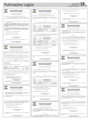 Publicações Legais 15Correio do Sul
Segunda-feira,
29 de junho de 2015
ESTADO DE SANTA CATARINA
MUNICÍPIO DE ARARANGUÁ
_______________________________________________________
Rua: Dr. Virgulino de Queirós, nº 200 – Centro – Araranguá/SC
Fone: (48)35210900 www.ararangua.net
LEI Nº 3.344, DE 11 DE JUNHO DE 2015
ALTERA A EMENTA E O ART. 1º DA LEI Nº 2.039, DE 19 DE DEZEMBRO DE 2000.
O Prefeito Municipal Sandro Roberto Maciel, no uso das suas atribuições legais faz
saber a todos os habitantes deste Município que a Câmara aprovou e ele sanciona a seguinte
lei:
Art. 1º A Ementa e o Art. 1º da Lei Municipal 2.039, de 19 de dezembro de 2.000,
passam a ter a seguinte redação:
“DENOMINA “VITOR MARINHO ANASTÁCIO”, A ATUAL RUA “F” DO
LOTEAMENTO VILA DOS MOTORISTAS, TENDO SEU INÍCIO ÀS MARGENS
DA BR-101, NO BAIRRO SANGA D’AREIA, ATÉ ENCONTRAR-SE COM A ARA-
211, (RODOVIA TINHO RÉUS), NA LOCALIDADE DE CAMPINHO, NESTE
MUNICÍPIO”.
“Art. 1º Denomina “Vitor Marinho Anastácio”, a atual Rua “F” do Loteamento
Vila dos Motoristas, tendo seu início às Margens da BR-101, no Bairro Sanga D’Areia,
até encontrar-se com a ARA-211, (Rodovia Tinho Réus), na Localidade de Campinho,
neste Município”.
Art. 2º Esta Lei entra em vigor na data de sua publicação.
Art. 3º Revogam-se as disposições em contrário.
Prefeitura Municipal de Araranguá, em 11 de junho de 2015.
SANDRO ROBERTO MACIEL
Prefeito Municipal
Registrada e publicada a presente Lei na Secretaria de Administração, em 11 de junho
de 2015.
FERNANDO VALMOR MARCELINO
Secretário de Administração
ESTADO DE SANTA CATARINA
MUNICÍPIO DE ARARANGUÁ
_______________________________________________________
Rua: Dr. Virgulino de Queirós, nº 200 – Centro – Araranguá/SC
Fone: (48)35210900 www.ararangua.net
DECRETO Nº 6.962, DE 01 DE JUNHO DE 2015.
DISPÕE SOBRE A SUPLEMENTAÇÃO DE DOTAÇÕES NO ORÇAMENTO DO SERVIÇO
AUTÔNOMO MUNICIPAL DE ÁGUA E ESGOTO – SAMAE DE ARARANGUÁ DO EXERCÍCIO DE
2015.
O Prefeito Sandro Roberto Maciel, no exercício das suas atribuições, e de acordo com a Lei
Orgânica do Município de Araranguá – LOMA, combinado com o Art. 8º e Art. 12. da Lei nº
3.300, de 12 de Dezembro de 2014 e Lei nº 2.645, de 20 de Maio de 2008, e em conformidade
com o art. 43, § 1º, Inciso I e § 2º da Lei 4.320/64 de 17 de Março de 1964.
DECRETA
Art. 1º Fica suplementado o Orçamento do Serviço Autônomo Municipal de Água e
Esgoto – SAMAE, nos itens orçamentários abaixo, no valor total de R$ 800.000,00
(Oitocentos mil reais).
Administração Indireta
Serviço Autônomo Municipal de Água e Esgotos – SAMAE
Projeto/
Atividade:
1.014 CONSTRUÇÃO DA ESTAÇÃO DE TRATAMENTO
DE ESGOTO
Elemento: 4.4.90.00.00.00.00.00.081 Aplicações Diretas R$ 800.000,00
TOTAL........................................................................ R$ 800.000,00
Art. 2º Para atender à suplementação supra, será utilizado parte dos recursos do
Superávit Financeiro, apurado no Balanço Patrimonial do exercício de 2014, em
conformidade com o art. 43, § 1º, Inciso I e § 2º da Lei 4.320/64 de 17 de Março de 1964, no
valor de R$ 800.000,00 (Oitocentos mil, reais).
Decreto nº 6.962, de 01 de junho de 2015. Fls. 02
Art. 3º Esta Decreto entra em vigor na data de sua publicação.
Art. 4º Revogam-se as disposições em contrário.
Prefeitura Municipal de Araranguá, em 01 de Junho de 2015.
SANDRO ROBERTO MACIEL
Prefeito Municipal
Registrado e Publicado o presente Decreto na Secretaria de Administração Municipal,
em 01 de Junho de 2015.
FERNANDO VALMOR MARCELINO
Secretário de Administração
ESTADO DE SANTA CATARINA
MUNICÍPIO DE ARARANGUÁ
_______________________________________________________
DECRETO Nº 6.969, DE 02 DE JUNHO DE 2015.
CONCEDE PRORROGAÇÃO DE CEDÊNCIA DO SERVIDOR MUNICIPAL QUE MENCIONA, AO
TRIBUNAL REGIONAL ELEITORAL DE SANTA CATARINA PARA ATUAR JUNTO AO
CARTÓRIO ELEITORAL DA 1ª ZONA, COM ÔNUS PARA O MUNICÍPIO.
O Prefeito Sandro Roberto Maciel, no exercício das atribuições emanadas pelo art. 83, VII
da Lei Orgânica do Município.
DECRETA
Art. 1º Fica autorizado a prorrogação da cedência do servidor Jorge José Timboni,
matriculado sob o nº 485, pelo período de 14/06/2015 a 13/06/2016, para desempenhar a
função de Auxiliar Eleitoral, junto a Tribunal Regional Eleitoral de Santa Catarina para atuar
junto ao Cartório Eleitoral da 1ª Zona, com ônus ao Município de Araranguá.
Art. 2º Este Decreto entra em vigor na data de sua publicação.
Art. 3º Revogam-se as disposições em contrário.
Prefeitura Municipal de Araranguá, em 02 de junho de 2015.
SANDRO ROBERTO MACIEL
Prefeito Municipal
Registrado e Publicado o presente Decreto na Secretaria da Administração Municipal,
em 02 de junho de 2015.
FERNANDO VALMOR MARCELINO
Secretário de Administração
ESTADO DE SANTA CATARINA
MUNICÍPIO DE ARARANGUÁ
_______________________________________________________
Rua: Dr. Virgulino de Queirós, nº 200 – Centro – Araranguá/SC
Fone: (48)35210900 www.ararangua.net
DECRETO Nº 6.970 DE 02 DE JUNHO DE 2015.
VISA SUPLEMENTAÇÃO E ANULAÇÃO DE DOTAÇÕES NO ORÇAMENTO DO MUNICÍPIO.
O Prefeito Municipal Sandro Roberto Maciel, no uso das suas atribuições legais emanadas
pela Lei Orgânica do Município e em conformidade com o art. 7º da Lei Municipal nº
3.300/2014.
DECRETA
Art. 1º Fica suplementado o orçamento do Município, no valor total de R$
1.371.000,00 (um milhão e trezentos e setenta e um mil reais) na seguinte modalidade de
despesa:
Órgão 09 SECRETARIA DE SAÚDE
U. Orçam. 01 Fundo Municipal de Saúde
Proj/Ativ. 1.011 Bloco: Investimentos para saúde
Elemento 02/44.90.00.00.0106 Aplicações Diretas R$ 30.000,00
Elemento 03/44.90.00.00.0122 Aplicações Diretas R$ 265.000,00
TOTAL DE SUPLEMENTAÇÃO.......................................................R$ 295.000,00
Art. 2º. Fará fazer face a suplementação do artigo 1º deste Decreto, serão reduzidos
no mesmo valos os itens orçamentários abaixo, em conformidade com o disposto no Artigo
7º, da Lei Municipal nº 3.300, de 12 de dezembro de 2014, a saber:
Órgão 09 SECRETARIA DE SAÚDE
U. Orçam. 01 Fundo Municipal de Saúde
Proj/Ativ. 2.056 Bloco: Gestão em Saúde
Elemento 08/44.90.00.00.0106 Aplicações Diretas R$ 30.000,00
Elemento 09/44.90.00.00.0122 Aplicações Diretas R$ 55.000,00
Proj/Ativ. 2.057 Bloco: Atenção Básica a Saúde
Elemento 19/44.90.00.00.0122 Aplicações Diretas R$ 210.000,00
TOTAL DE ANULAÇÃO....................................................................R$ 295.000,00
ESTADO DE SANTA CATARINA
MUNICÍPIO DE ARARANGUÁ
_______________________________________________________
Rua: Dr. Virgulino de Queirós, nº 200 – Centro – Araranguá/SC
Fone: (48)35210900 www.ararangua.net
Art. 3º Este Decreto entra em vigor na data de sua publicação.
Art. 4º Revogam-se as disposições em contrário.
Prefeitura Municipal de Araranguá, em 02 de junho de 2015
SANDRO ROBERTO MACIEL
Prefeito Municipal
Registrado e publicado o presente Decreto na Secretaria de Administração em 02 de junho
de 2015
FERNANDO VALMOR MARCELINO
Secretário de Administração
ESTADO DE SANTA CATARINA
MUNICÍPIO DE ARARANGUÁ
_______________________________________________________
Rua: Dr. Virgulino de Queirós, nº 200 – Centro – Araranguá/SC
Fone: (48)35210900 www.ararangua.net
DECRETO Nº 6.971 DE 02 DE JUNHO DE 2015.
SUPLEMENTA O ORÇAMENTO DO FUNDO MUNICIPAL DE SAÚDE.
O Prefeito Municipal Sandro Roberto Maciel, no uso das suas atribuições legais emanadas
pela Lei Orgânica do Município e em conformidade com o art. 8º da Lei Municipal nº
3.300/2014.
DECRETA
Art. 1º Fica suplementado o orçamento do Município, no valor total de R$
1.371.000,00 (um milhão e trezentos e setenta e um mil reais) na seguinte modalidade de
despesa:
Órgão 09 SECRETARIA DE SAÚDE
U. Orçam. 01 Fundo Municipal de Saúde
Proj/Ativ. 1.011 Bloco: Investimentos para saúde
Elemento 03/44.90.00.00.0122 Aplicações Diretas R$ 1.371.000,00
TOTAL DE SUPLEMENTAÇÃO.......................................................R$ 1.371.000,00
Art. 2º. Fará face a suplementação deste Decreto, o provável excesso de arrecadação
na fonte de Recursos de Convênio do Governo Federal (122), em conformidade com o
disposto no Art. 8º da Lei Municipal nº 3.300/2014, a saber:
Art. 3º Este Decreto entra em vigor na data de sua publicação.
Art. 4º Revogam-se as disposições em contrário.
Prefeitura Municipal de Araranguá, em 02 de junho de 2015
SANDRO ROBERTO MACIEL
Prefeito Municipal
Registrado e publicado o presente Decreto na Secretaria de Administração em 02 de junho
de 2015
FERNANDO VALMOR MARCELINO
Secretário de Administração
ESTADO DE SANTA CATARINA
MUNICÍPIO DE ARARANGUÁ
_______________________________________________________
DECRETO Nº 6.976, DE 08 DE JUNHO DE 2015.
NOMEIA SECRETÁRIO DO DESENVOLVIMENTO ECONÔMICO SUSTENTÁVEL.
O Prefeito Sandro Roberto Maciel, no exercício das atribuições emanadas da Lei Orgânica
do Município, especificamente o art. 83, VII, e ao que determina a Lei Complementar nº 145,
de 26 de dezembro de 2012:
DECRETA
Art. 1º Fica nomeado MAURECI RAUL RODRIGUES para exercer em comissão o
cargo de Secretário do Desenvolvimento Econômico Sustentável, símbolo CC1, no quadro de
pessoal do Poder Executivo Municipal.
Art. 2º Este Decreto entra em vigor na data de sua publicação.
Art. 3º Revogam-se as disposições em contrário.
Rua: Dr. Virgulino de Queirós, nº 200 – Centro – Araranguá/SC
Fone: (48)35210900 www.ararangua.net
NOMEIA SECRETÁRIO DO DESENVOLVIMENTO ECONÔMICO SUSTENTÁVEL.
O Prefeito Sandro Roberto Maciel, no exercício das atribuições emanadas da Lei Orgânica
do Município, especificamente o art. 83, VII, e ao que determina a Lei Complementar nº 145,
de 26 de dezembro de 2012:
DECRETA
Art. 1º Fica nomeado MAURECI RAUL RODRIGUES para exercer em comissão o
cargo de Secretário do Desenvolvimento Econômico Sustentável, símbolo CC1, no quadro de
pessoal do Poder Executivo Municipal.
Art. 2º Este Decreto entra em vigor na data de sua publicação.
Art. 3º Revogam-se as disposições em contrário.
Prefeitura Municipal de Araranguá, em 08 de junho de 2015.
SANDRO ROBERTO MACIEL
Prefeito Municipal
Registrado e Publicado o presente Decreto na Secretaria da Administração
Municipal, em 08 de junho de 2015.
FERNANDO VALMOR MARCELINO
Secretário de Administração
ESTADO DE SANTA CATARINA
MUNICÍPIO DE ARARANGUÁ
_______________________________________________________
Rua: Dr. Virgulino de Queirós, nº 200 – Centro – Araranguá/SC
Fone: (48)35210900 www.ararangua.net
DECRETO Nº 6.977, DE 09 DE JUNHO DE 2015.
NOMEIA DIRETOR OPERACIONAL DA FUNDAÇÃO AMBIENTAL DO MUNICÍPIO DE
ARARANGUÁ - FAMA.
O Prefeito Sandro Roberto Maciel, no exercício das atribuições emanadas da Lei Orgânica
do Município, especificamente o art. 83, VII, e ao que determina a Lei Complementar nº 145,
de 26 de dezembro de 2012:
DECRETA
Art. 1º Fica nomeado PACÍFICO GUIMARÃES BATISTA JUNIOR para exercer
em comissão o cargo de Diretor Operacional da Fundação Ambiental do Município de
Araranguá - FAMA, símbolo CC3, no quadro de pessoal do Poder Executivo Municipal.
Art. 2º Fica concedido 40% (quarenta por cento) de Vantagem de Representação,
conforme o artigo 1º, da Lei 3.020, de 29 de setembro de 2011.
Art. 3º Este Decreto entra em vigor na data de sua publicação.
Art. 4º Revogam-se as disposições em contrário.
Prefeitura Municipal de Araranguá, em 09 de junho de 2015.
SANDRO ROBERTO MACIEL
Prefeito Municipal
Registrado e Publicado o presente Decreto na Fundação Ambiental do Município de
Araranguá - FAMA, em 09 de junho de 2015.
KARINE FERREIRA NEVES
Diretora Superintendente da FAMA
ESTADO DE SANTA CATARINA
MUNICÍPIO DE ARARANGUÁ
_______________________________________________________
Rua: Dr. Virgulino de Queirós, nº 200 – Centro – Araranguá/SC
Fone: (48)35210900 www.ararangua.net
DECRETO Nº 6.980, DE 11 DE JUNHO DE 2015.
NOMEIA CHEFE DO SERVIÇO DE EXPEDIENTE.
O Prefeito Sandro Roberto Maciel, no exercício das atribuições emanadas da Lei Orgânica
do Município, especificamente o art. 83, VII, e ao que determina a Lei Complementar nº 145,
de 26 de dezembro de 2012:
DECRETA
Art. 1º Fica nomeado DIEGO ROSA PIRES para exercer em comissão o cargo de
Chefe de Serviço de Expediente, da Secretaria de Saúde, símbolo CC5, no quadro de pessoal
do Poder Executivo Municipal.
Art. 2º - Fica concedido 100% (cem por cento) de Função Gratificada e 66% (sessenta e
seis por cento) de Vantagem de Representação, conforme os artigos 218 e 219 da Lei
Complementar nº 145, de 26 de dezembro de 2012.
Art. 3º Este Decreto entra em vigor na data de sua publicação.
Art. 4º Revogam-se as disposições em contrário.
Prefeitura Municipal de Araranguá, em 11 de junho de 2015.
SANDRO ROBERTO MACIEL
Prefeito Municipal
Registrado e Publicado o presente Decreto na Secretaria da Administração
Municipal, em 11 de junho de 2015.
FERNANDO VALMOR MARCELINO
Secretário de Administração
ESTADO DE SANTA CATARINA
MUNICÍPIO DE ARARANGUÁ
_______________________________________________________
DECRETO Nº 6.981, DE 11 DE JUNHO DE 2015.
CONCEDE LICENÇA SEM VENCIMENTOS AO SERVIDOR QUE ESPECIFICA.
O Prefeito Municipal Sandro Roberto Maciel, de acordo com suas atribuições emanadas da
Lei Municipal nº 2.311 de 14 de Julho de 2005, no que determina o art. 1º, e parágrafos §1º,
2º, 3º, 4º, 5º e considerando parecer exarado pela Procuradoria Jurídica do Município no
processo administrativo n° 2792971/2015.
DECRETA
Art. 1º Fica concedida a pedido, licença sem vencimentos ao servidor CRISTIANO
FLORÊNCIO, admitido em 09/12/2010. Conforme CTPS Nº 94216 SÉRIE 00025-SC, pelo
prazo de 02 (dois) anos, para tratar de assuntos particulares, na forma permitida na Lei nº
2.311 de 14 de julho de 2005.
Art. 2º Este Decreto entrará em vigor na data de sua publicação, retroagindo seus efeitos
a 01 de junho de 2015.
Art. 3º Revogam-se as disposições em contrário.
Prefeitura Municipal de Araranguá, em 11 de Junho de 2015.
SANDRO ROBERTO MACIEL
Prefeito Municipal
Registrado e Publicado o presente Decreto na Secretaria da Administração Municipal, em 11
de Junho de 2015.
FERNANDO VALMOR MARCELINO
Secretário da Administração
 