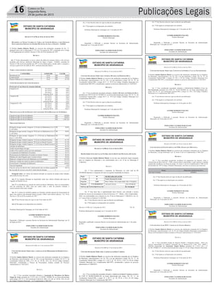 Publicações Legais16 Correio do Sul
Segunda-feira,
29 de junho de 2015
ESTADO DE SANTA CATARINA
MUNICÍPIO DE ARARANGUÁ
_______________________________________________________
Rua: Dr. Virgulino de Queirós, nº 200 – Centro – Araranguá/SC
Fone: (48)35210900 www.ararangua.net
DECRETO Nº 6.978, DE 10 DE JUNHO DE 2015.
DETERMINA OS NOVOS VALORES DA TABELA DE CONSUMO BÁSICO, E DOS SERVIÇOS
EFETUADOS PELO SERVIÇO AUTÔNOMO MUNICIPAL DE ÁGUA E ESGOTO – SAMAE.
O Prefeito Sandro Roberto Maciel, no exercício das atribuições emanadas do Art. 11,
parágrafo único, da Lei Municipal nº 1755, de 13 de agosto de 1997, combinado com o Artigo
9º do Regulamento do SAMAE, Decreto nº 268, de 03 de Setembro de 1997:
DECRETA
Art. 1º Ficam determinados os novos valores da tabela de consumo básico e dos serviços
prestados pelo Serviço Autônomo Municipal de Água e Esgoto - SAMAE, constante do
Decreto nº 268, de 03 de setembro de 1997. A nova tabela passa a incidir sobre o consumo e
serviços a partir de 01 de Julho de 2015, conforme descrição abaixo:
TABELA ANEXA DO REGULAMENTO:
CATEGORIA CONSUMO VALOR
Residencial (A) 10 m³ R$ 30,89
Comercial (B) 10 m³ R$ 34,32
Poderes Públicos (C) e Industrial (D) 10 m³ R$ 61,78
CONSUMO EXCEDENTE DO CONSUMO BÁSICO:
Preços por m³ nas faixas de consumo indicada
Categoria (A) 10 a 20 m³
20 a 30 m³
30 a 40 m³
acima de 40 m³
R$ 4,00
R$ 4,40
R$ 4,85
R$ 5,33
Categoria (B) 10 a 20 m³
20 a 30 m³
30 a 40 m³
acima de 40 m³
R$ 4,45
R$ 4,90
R$ 5,39
R$ 5,93
Categoria (C e D) 10 a 20 m³
20 a 30 m³
30 a 40 m³
acima de 40 m³
R$ 8,00
R$ 8,81
R$ 9,69
R$ 10,67
ESTADO DE SANTA CATARINA
MUNICÍPIO DE ARARANGUÁ
_______________________________________________________
Rua: Dr. Virgulino de Queirós, nº 200 – Centro – Araranguá/SC
Fone: (48)35210900 www.ararangua.net
PREÇOS DAS LIGAÇÕES DE RAMAIS COM CADASTROS NOVOS/BAIXADAS OU SUPRIMIDAS
Ligação de água 20 mm de diâmetro R$ 169,88
Ligação de água 32 mm de diâmetro R$ 539,85
Ligação de água 60 mm de diâmetro R$ 1.447,16
PREÇOS DOS SERVIÇOS
Religação de água normal, Categoria “A”(Corte no Hidrômetro) (Lei nº
2.285/2004)
R$ 30,89
Religação de água normal, Categoria “B”(Corte no Hidrômetro) (Lei nº
2.285/2004)
R$ 30,89
Religação de água normal, Categoria “C e D”(Corte no Hidrômetro)
(Lei nº 2.285/2004)
R$ 30,89
Religação de água violada Categoria “A”(Corte no Ramal Externo) R$ 61,78
Religação de água violada Categoria “B”(Corte no Ramal Externo) R$ 61,78
Religação de água violada Categoria “C e D”(Corte no Ramal Externo) R$ 61,78
Aferição de hidrômetro R$ 42,78
Análise bacteriológica de água R$ 60,40
Análise físico-químico (preço por item analisado) R$ 16,36
Levantamento do Hidrômetro (Cavalete) R$ 25,17
Deslocamento do Hidrômetro (Cavalete) no mesmo Terreno R$ 46,56
Mudança de ramal (ligação) para o mesmo terreno R$ 94,38
Multa por violação do lacre do Hidrômetro ou Extremidades R$ 355,78
Multa por violação do ramal (cavalete) ou hidrômetro R$ 711,57
Fornecimento e instalação de hidrômetro R$ 169,88
Taxa de Expediente R$ 1,25
Taxa de serviço de mão de obra e deslocamento dos servidores quando
da execução de serviços com até 01 (uma) hora de duração.
R$ 20,13
Parágrafo único. Os valores do material utilizado no conserto de ramais serão cobrados
pela média do preço de custo.
Art. 2º As Ligações Baixadas ou Suprimidas, terão seus valores cobrados pelo preço de
Ligações de Ramais Novos.
Art. 3º A reincidência na violação do ramal (cavalete), hidrômetro, lacre ou extremidades,
terá um acréscimo de 100% (cem por cento) sobre o valor da primeira violação, e
sucessivamente sobre cada violação.
ESTADO DE SANTA CATARINA
MUNICÍPIO DE ARARANGUÁ
_______________________________________________________
Rua: Dr. Virgulino de Queirós, nº 200 – Centro – Araranguá/SC
Fone: (48)35210900 www.ararangua.net
Art. 4º A critério do SAMAE poderão ser firmados contrato especial de fornecimento de
água, com usuários cuja demanda mensal exceda a 100m³ (cem metros cúbicos). “Art. 58 do
Decreto nº 268, de 03 de setembro de 1997”.
Art. 5º Este Decreto entra em vigor no dia 10 de Junho de 2015
Art. 6º Revogam-se as disposições em contrário.
Prefeitura Municipal de Araranguá, em 10 de Junho de 2015.
SANDRO ROBERTO MACIEL
Prefeito Municipal
Registrado e Publicado o presente Decreto na Secretaria da Administração Municipal, em 10
de Junho de 2015.
FERNANDO VALMOR MARCELINO
Secretário da Administração
ESTADO DE SANTA CATARINA
MUNICÍPIO DE ARARANGUÁ
_______________________________________________________
DECRETO Nº 6.982, DE 11 DE JUNHO DE 2015.
CONCEDE IMUNIDADE TRIBUTÁRIA À ASSOCIAÇÃO DE MORADORES DO BAIRRO SANGA
DA AREIA.
O Prefeito Sandro Roberto Maciel, no exercício das atribuições emanadas da Lei Orgânica
do Município, especificamente o art. 83, VII, e ao que determinam os artigos 150, VI “c” da
Constituição Federal de 1988 e 25 I, 86 “g”, 99 III, 130 I, II e III do Código Tributário
Municipal, considerando o Parecer da Procuradoria Jurídica exarado no Processo
Administrativo n° 2625/2015:
DECRETA
Art. 1º Fica concedida imunidade tributária à Associação de Moradores do Bairro
Sanga da Areia, portadora do C.N.P.J sob o nº 80.991.730/0001-50, na forma determinada
pelos artigos 150, VI “c” da Constituição Federal de 1988 e 25 I, 86 “g”, 99 III, 130 I, II e III
do Código Tributário Municipal – Lei Complementar n° 006/1997.
Art. 2º Este Decreto entra em vigor na data de sua publicação.
Art. 3º Revogam-se as disposições em contrário.
Rua: Dr. Virgulino de Queirós, nº 200 – Centro – Araranguá/SC
Fone: (48)35210900 www.ararangua.net
Municipal, considerando o Parecer da Procuradoria Jurídica exarado no Processo
Administrativo n° 2625/2015:
DECRETA
Art. 1º Fica concedida imunidade tributária à Associação de Moradores do Bairro
Sanga da Areia, portadora do C.N.P.J sob o nº 80.991.730/0001-50, na forma determinada
pelos artigos 150, VI “c” da Constituição Federal de 1988 e 25 I, 86 “g”, 99 III, 130 I, II e III
do Código Tributário Municipal – Lei Complementar n° 006/1997.
Art. 2º Este Decreto entra em vigor na data de sua publicação.
Art. 3º Revogam-se as disposições em contrário.
Prefeitura Municipal de Araranguá, em 11 de junho de 2015.
SANDRO ROBERTO MACIEL
Prefeito Municipal
Registrado e Publicado o presente Decreto na Secretaria da Administração
Municipal, em 11 de junho de 2015.
FERNANDO VALMOR MARCELINO
Secretário de Administração
ESTADO DE SANTA CATARINA
MUNICÍPIO DE ARARANGUÁ
_______________________________________________________
Rua: Dr. Virgulino de Queirós, nº 200 – Centro – Araranguá/SC
Fone: (48)35210900 www.ararangua.net
DECRETO Nº 6.983 DE 11 DE JUNHO DE 2015.
CONCEDE IMUNIDADE TRIBUTÁRIA À IGREJA MUNDIAL DO PODER DE DEUS.
O Prefeito Sandro Roberto Maciel, no exercício das atribuições emanadas da Lei Orgânica
do Município, especificamente o art. 83, VII, e ao que determina o artigo 150, VI, “b”, da
Constituição Federal/1988, e artigos 86 V “e”, 99 II, do Código Tributário Municipal (Lei
Complementar 006/1997), considerando o parecer no processo administrativo nº 2629/2015:
DECRETA
Art. 1º Fica reconhecida imunidade tributária à IGREJA MUNDIAL DO PODER DE DEUS,
portadora do CNPJ Nº 02.415.583/0001-47, na forma determinada pelo artigo 150, VI, “b”, da
Constituição Federal/1988, e artigos 86 V “e”, 99 II do Código Tributário Municipal (Lei
Complementar 006/1997).
Art. 2º Este Decreto entra em vigor na data de sua publicação.
Art. 3º Revogam-se as disposições em contrário.
Prefeitura Municipal de Araranguá, em 11 de junho de 2015.
SANDRO ROBERTO MACIEL
Prefeito Municipal
Registrado e Publicado o presente Decreto na Secretaria da Administração
Municipal, em 11 de junho de 2015.
FERNANDO VALMOR MARCELINO
Secretário de Administração
ESTADO DE SANTA CATARINA
MUNICÍPIO DE ARARANGUÁ
_______________________________________________________
Rua: Dr. Virgulino de Queirós, nº 200 – Centro – Araranguá/SC
Fone: (48)35210900 www.ararangua.net
DECRETO Nº 6.984 DE 11 DE JUNHO DE 2015.
DISPÕE SOBRE SUPLEMENTAÇÃO NO ORÇAMENTO DO FUNDO MUNICIPAL DE SAÚDE.
O Prefeito Municipal Sandro Roberto Maciel, no uso das suas atribuições legais emanadas
pela Lei Orgânica do Município e em conformidade com o art. 8º da Lei Municipal nº
3.300/2014.
DECRETA
Art. 1º Fica suplementado o orçamento do Município, no valor total de R$
250.000,00 (duzentos e cinquenta mil reais) na seguinte modalidade de despesa:
Órgão 09 SECRETARIA DE SAÚDE
U. Orçam. 01 Fundo Municipal de Saúde
Proj/Ativ. 2.058 Bloco: Média e Alta complexidade Amb. E Hospitalar
Elemento 27/33.90.00.00.0217 Aplicações Diretas R$ 250.000,00
TOTAL DE SUPLEMENTAÇÃO.......................................................R$ 250.000,00
Art. 2º. Para fazer face à suplementação deste Decreto, será utilizado o recurso
oriundo do excesso de arrecadação na fonte de Recursos 217 - Média e Alta Complexidade -
MAC, em conformidade com o disposto no Art. 8º da Lei Municipal nº 3.300/2014 e Art. 43,
§ 1º, inciso II da Lei Federal nº 4.320/1964.
Art. 3º Este Decreto entra em vigor na data de sua publicação.
Art. 4º Revogam-se as disposições em contrário.
Decreto nº 6.984, de 11 de junho de 2015. Fls. 02
Prefeitura Municipal de Araranguá, em 11 de junho de 2015
SANDRO ROBERTO MACIEL
Prefeito Municipal
Registrado e publicado o presente Decreto na Secretaria de Administração em 11 de junho
de 2015
FERNANDO VALMOR MARCELINO
Secretário de Administração
ESTADO DE SANTA CATARINA
MUNICÍPIO DE ARARANGUÁ
_______________________________________________________
DECRETO Nº 6.985 DE 17 DE JUNHO DE 2015.
CONCEDE IMUNIDADE TRIBUTÁRIA À ASSOCIAÇÃO IRMÃ CARMEM.
O Prefeito Sandro Roberto Maciel, no exercício das atribuições emanadas da Lei Orgânica
do Município, especificamente o art. 83, VII, e ao que determina o artigo 150, VI, “c”, da
Constituição Federal/1988, e artigos 25, I; 86 V “g”; 92; 99 II; e 130 I, II, III do Código
Tributário Municipal (Lei Complementar 006/1997), considerando o parecer no processo
administrativo nº 4040/2015:
DECRETA
Art. 1º Fica reconhecida imunidade tributária à ASSOCIAÇÃO IRMÃ CARMEM, portadora
do CNPJ Nº 00.900.930/0001-00, na forma determinada pelo artigo 150, VI, “c”, da
Constituição Federal/1988, e artigos 25, I; 86 V “g”; 92; 99 II; e 130 I, II, III Código
Tributário Municipal (Lei Complementar 006/1997).
Art. 2º Este Decreto entra em vigor na data de sua publicação.
Art. 3º Revogam-se as disposições em contrário.
Rua: Dr. Virgulino de Queirós, nº 200 – Centro – Araranguá/SC
Fone: (48)35210900 www.ararangua.net
Constituição Federal/1988, e artigos 25, I; 86 V “g”; 92; 99 II; e 130 I, II, III do Código
Tributário Municipal (Lei Complementar 006/1997), considerando o parecer no processo
administrativo nº 4040/2015:
DECRETA
Art. 1º Fica reconhecida imunidade tributária à ASSOCIAÇÃO IRMÃ CARMEM, portadora
do CNPJ Nº 00.900.930/0001-00, na forma determinada pelo artigo 150, VI, “c”, da
Constituição Federal/1988, e artigos 25, I; 86 V “g”; 92; 99 II; e 130 I, II, III Código
Tributário Municipal (Lei Complementar 006/1997).
Art. 2º Este Decreto entra em vigor na data de sua publicação.
Art. 3º Revogam-se as disposições em contrário.
Prefeitura Municipal de Araranguá, em 17 de junho de 2015.
SANDRO ROBERTO MACIEL
Prefeito Municipal
Registrado e Publicado o presente Decreto na Secretaria da Administração
Municipal, em 17 de junho de 2015.
FERNANDO VALMOR MARCELINO
Secretário de Administração
ESTADO DE SANTA CATARINA
MUNICÍPIO DE ARARANGUÁ
_______________________________________________________
Rua: Dr. Virgulino de Queirós, nº 200 – Centro – Araranguá/SC
Fone: (48)35210900 www.ararangua.net
DECRETO Nº 6.986 DE 18 DE JUNHO DE 2015.
CONCEDE IMUNIDADE TRIBUTÁRIA À INSTITUIÇÃO ESPÍRITA CASA DA FRATERNIDADE.
O Prefeito Sandro Roberto Maciel, no exercício das atribuições emanadas da Lei Orgânica
do Município, especificamente o art. 83, VII, e ao que determina o artigo 150, VI, “b”, da
Constituição Federal/1988, e artigos 22 VII, e 130 do Código Tributário Municipal (Lei
Complementar 006/1997), considerando o parecer no processo administrativo nº 2463/2015:
DECRETA
Art. 1º Fica reconhecida imunidade tributária à INSTITUIÇÃO ESPÍRITA CASA DA
FRATERNIDADE, portadora do CNPJ Nº 79.679.346/0001-18, na forma determinada pelo
artigo 150, VI, “b”, da Constituição Federal/1988, e artigos 22, VII e 130 Código Tributário
Municipal (Lei Complementar 006/1997).
Art. 2º Este Decreto entra em vigor na data de sua publicação.
Art. 3º Revogam-se as disposições em contrário.
Prefeitura Municipal de Araranguá, em 18 de junho de 2015.
SANDRO ROBERTO MACIEL
Prefeito Municipal
Registrado e Publicado o presente Decreto na Secretaria da Administração
Municipal, em 18 de junho de 2015.
FERNANDO VALMOR MARCELINO
Secretário de Administração
ESTADO DE SANTA CATARINA
MUNICÍPIO DE ARARANGUÁ
_______________________________________________________
Rua: Dr. Virgulino de Queirós, nº 200 – Centro – Araranguá/SC
Fone: (48)35210900 www.ararangua.net
DECRETO Nº 6.987, DE 18 DE JUNHO DE 2015.
CONCEDE ISENÇÃO/NÃO INCIDÊNCIA DE ITBI À PESSOA QUE MENCIONA.
O Prefeito Sandro Roberto Maciel no exercício das atribuições emanadas da Lei Orgânica
do Município, e ao que determina o art. 34, inciso V da Lei Complementar n° 006/1997:
DECRETA
Art. 1º Fica concedida isenção/não incidência do pagamento do Imposto sobre a
Transmissão de Bens Imóveis - ITBI, à pessoa abaixo relacionada, a qual requereu a aludida
isenção/não incidência, na forma do artigo. 34, inciso V da Lei Complementar nº 006, de 03
de dezembro de 1997 (Código Tributário Municipal), com base no processo que menciona.
NOME PROCESSO ADMINISTRATIVO
Júlio Cesar Fernandes 2078/2015
Art. 2º Este Decreto entra em vigor na data de sua publicação.
Art. 3º Revogam-se as disposições em contrário.
Prefeitura Municipal de Araranguá, em 18 de junho de 2015.
SANDRO ROBERTO MACIEL
Prefeito Municipal
Registrado e Publicado o presente Decreto na Secretaria da Administração
Municipal, em 18 de junho de 2015.
FERNANDO VALMOR MARCELINO
Secretário de Administração
ESTADO DE SANTA CATARINA
MUNICÍPIO DE ARARANGUÁ
_______________________________________________________
DECRETO Nº 6.988 DE 18 DE JUNHO DE 2015.
CONCEDE ISENÇÃO DE IPTU À ASSOCIAÇÃO ÂNGELO REDIVO.
O Prefeito Sandro Roberto Maciel, no exercício das atribuições emanadas da Lei Orgânica
do Município, especificamente o art. 22, IV, do Código tributário Municipal e considerando o
Parecer da Procuradoria Jurídica exarado no Processo Administrativo n° 2579/2015:
DECRETA
Art. 1º Fica concedida isenção de Imposto Predial e Territorial Urbano – IPTU aos
imóveis matriculados no cadastro municipal sob os números2332, 2340, 2341, 29094 e
29093de propriedade da Associação Ângelo Redivo, portadora do C.N.P.J sob o nº
04.706.170/0001-47, na forma determinada pelo artigo 22, IV do Código tributário Municipal.
Art. 2º Este Decreto entra em vigor na data de sua publicação.
Art. 3º Revogam-se as disposições em contrário.
Prefeitura Municipal de Araranguá, em 18 de junho de 2015.
SANDRO ROBERTO MACIEL
Prefeito Municipal
Registrado e Publicado o presente Decreto na Secretaria da Administração
Municipal, em 18 de junho de 2015.
FERNANDO VALMOR MARCELINO
Secretário de Administração
 