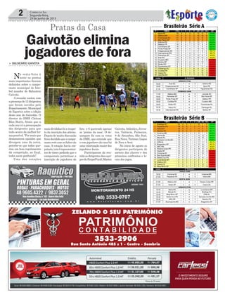 2 Correio do Sul
Segunda-feira,
29 de junho de 2015
> BALNEÁRIO GAIVOTA
Na sexta-feira à
noite os pontos
mais importantes ficaram
definidos sobre o campe-
onato municipal de fute-
bol amador de Balneário
Gaivota.
A reunião contou com
apresençade12dirigentes
que foram ouvidos pelo
Departamento Municipal
de Esportes sobre a edição
deste ano do Gaivotão. O
diretor do DME Cleiton
Rios Burin, frisou que a
cada ano vê a preocupação
dos dirigentes para que
tudo ocorra da melhor for-
mapossível.“Pormaisque
demonstrem opiniões que
divergem uma da outra,
percebe-se que todos que-
rem um bom regulamento
da competição, ao final,
todos saem ganhando”.
Uma das votações
mais divididas foi a respei-
to da inscrição dos atletas.
Depois de muita discussão
ficoudecididoqueocampe-
onatoserácomasfichasda
casa. A votação havia em-
patado,com6representan-
tes de times pedindo que o
campeonato permitisse a
inscrição de jogadores de
Pratas da Casa
fora e 6 querendo apenas
as 'pratas da casa'. O de-
sempate foi com os votos
do DME, que entende que
o com jogadores da casa há
umavalorizaçãomaiordos
jogadores locais.
Participaram da reu-
niãoosdirigentesdasequi-
pesdoFerpa/Funil,Master
Gaivota, Atlântico, Juven-
tus, Valência, Palmeira,
8 de Setembro, São José,
RuaNova,Turimar,Lagoa
de Fora e Avaí.
No inicio de agosto os
dirigentes participam do
sorteio das chaves e dos
primeiros confrontos e lo-
cais dos jogos.
Gaivotão elimina
jogadores de fora
Brasileirão Série A
Brasileirão Série B
 