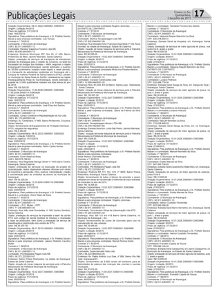 Publicações Legais 17Correio do Sul
Quinta-feira,
2 de julho de 2015
Dotação Orçamentária: 09.01.2022.33900001.33903910
Origem: Licitação 54/2015
Prazo de vigência: 31/12/2015
Data: 18/03/2015
Signatários: Pela prefeitura de Araranguá, o Sr. Prefeito Sandro
Maciel e pela empresa contratada Luiz Tomasi.
Contrato n.º: 79/2015
Contratante: O Município de Araranguá
CNPJ: 82.911.249/0001-13
Contratado: Raniere Viagens e Turismo Ltda ME
CNPJ: 05.638.445/0001-15
Endereço: Rodovia Municipal 257, Km 22, nº 458, Bairro
Pinheirinho do Meio, Jacinto Machado, Santa Catarina.
Objeto: prestação de serviços de transporte de estudantes
autistas de Araranguá para a cidade de Criciúma, na sede da
Sociedade de Amigos dos Autistas – AMA, seguindo o trajeto
Araranguá/Criciúma/Araranguá, sendo estimada a quantia
de 28.800 quilômetros rodados neste trajeto e neste período,
e o transporte de estudantes residentes em Araranguá até o
Campus do Instituto Federal de Santa Catarina (IFSC), situado
no município de Santa Rosa do Sul/SC, obedecendo ao trajeto
Araranguá/Santa Rosa do Sul/Araranguá, sendo estimada a
quantia de 15.000 quilômetros rodados nos dias letivos do ano
de 2015.
Valor: R$ 136.620,00
Dotação Orçamentária: 11.06.2039.33900001.33903926
11.05.2038.33900114.33903926
Origem: Licitação 36/2015
Prazo de vigência: 31/12/2015
Data: 18/03/2015
Signatários: Pela prefeitura de Araranguá, o Sr. Prefeito Sandro
Maciel e pela empresa contratada José Elias dos Santos.
Contrato n.º: 80/2015
Contratante: O Município de Araranguá
CNPJ: 82.911.249/0001-13
Contratado: Corsul Comércio e Representação do Sul Ltda.
CNPJ: 85.179.240/0001-58
Endereço: Av. Centenário, nº 900, Bairro Pinheirinho, Criciúma,
Santa Catarina.
Objeto: fornecimento de Equipamentos de Proteção Individual –
EPI’S, calçados de segurança.
Valor: R$ 4.380,00
Dotação Orçamentária: 09.02.2023.33900001.33903028
Origem: Licitação 136/2014
Prazo de vigência: 31/12/2015
Data: 23/03/2015
Signatários: Pela prefeitura de Araranguá, o Sr. Prefeito Sandro
Maciel e pela empresa contratada Pedro Carlos Nunes.
Contrato n.º: 84/2015
Contratante: O Município de Araranguá
CNPJ: 82.911.249/0001-13
Contratado: Elonir Natal da Rosa
CNPJ: 560.875.788-20
Endereço: Rua Reginaldo Barriga Verde nº 1443 bairro Centro,
Araranguá, Santa Catarina.
Objeto: prestação de serviços na execução de projeto de
musicalização, teatro objetivando oferecer oficinas com intuito
de incentivar a percepção, ritmo, postura, interpretação, criação
e coordenação para as unidades de ensino do município de
Araranguá.
Valor: R$ 43.320,00
Dotação Orçamentária: 11.03.2034.33900116.33903999
Origem: Licitação 38/2015
Prazo de vigência: 31/12/2015
Data: 24/03/2015
Signatários: Pela prefeitura de Araranguá, o Sr. Prefeito Sandro
Maciel e o contratado Elonir Natal da Rosa.
Contrato n.º: 85/2015
Contratante: O Município de Araranguá
CNPJ: 82.911.249/0001-13
Contratado: J.R.C. Muller – EPP
CNPJ: 11.336.680/0001-35
Endereço: Rua João José Guimarães, nº 188, Centro, Sombrio,
Santa Catarina.
Objeto: prestação de serviços de impressão a laser de carnês
IPTU com código de barras (boletos de tributos) e impressão
a laser de protocolos, bem como a prestação de serviço de
classificação e distribuição dos carnês de IPTU.
Valor: R$ 35.257,76
Dotação Orçamentária: 06.01.2015.33900001.33903900
Origem: Licitação 29/2015
Prazo de vigência: 31/12/2015
Data: 24/03/2015
Signatários: Pela prefeitura de Araranguá, o Sr. Prefeito Sandro
Maciel e pela empresa contratada jabson Roberto Caudino
Muller.
Contrato n.º: 86/2015
Contratante: O Município de Araranguá
CNPJ: 82.911.249/0001-13
Contratado: Pré-Moldados Pagani Ltda ME
CNPJ: 08.372.222/0001-47
Endereço: Bairro Policia Rodoviária, na cidade de Araranguá,
Estado de Santa Catarina.
Objeto: locação de horas máquina de serviços junto à Patrulha
Mecanizada da Prefeitura Municipal de Araranguá.
Valor: R$ 24.290,00
Dotação Orçamentária: 10.02.2027.33900001.33903999
Origem: Licitação 32/2015
Prazo de vigência: 31/12/2015
Data: 25/03/2015
Signatários: Pela prefeitura de Araranguá, o Sr. Prefeito Sandro
Maciel e pela empresa contratada Rogério Jeremias.................
EXTRATO DE CONTRATO
Contrato n.º: 87/2015
Contratante: O Município de Araranguá
CNPJ: 82.911.249/0001-13
Contratado: Martins Terraplanagem Ltda ME
CNPJ: 07.932.294/0001-39
Endereço: Rua VereadorArtur Francisco Espíndola nº 729, Nova
Divinéia, na cidade de Araranguá, Estado de Catarina,
Objeto: locação de horas máquina de serviços junto à Patrulha
Mecanizada da Prefeitura Municipal de Araranguá.
Valor: R$ 50.550,00
Dotação Orçamentária: 10.02.2027.33900001.33903999
Origem: Licitação 32/2015
Prazo de vigência: 31/12/2015
Data: 25/03/2015
Signatários: Pela prefeitura de Araranguá, o Sr. Prefeito Sandro
Maciel e pela empresa contratada Minervina Prestes Martins.
Contrato n.º: 88/2015
Contratante: O Município de Araranguá
CNPJ: 82.911.249/0001-13
Contratado: Consoni Construções Ltda
CNPJ: 10.599.044/0001-33
Endereço: Rod. SC 445, Km 02 Bairro: Santa Luzia , Siderópolis
, Santa Catarina.
Objeto: locação de horas máquina de serviços junto à Patrulha
Mecanizada da Prefeitura Municipal de Araranguá.
Valor: R$ 100.507,50
Dotação Orçamentária: 10.02.2027.33900001.33903999
Origem: Licitação 32/2015
Prazo de vigência: 31/12/2015
Data: 25/03/2015
Signatários: Pela prefeitura de Araranguá, o Sr. Prefeito Sandro
Maciel e pela empresa contratada Jacira de Fátima da Silva
Consoni.
Contrato n.º: 89/2015
Contratante: O Município de Araranguá
CNPJ: 82.911.249/0001-13
Contratado: Terraplanagem Bendo LTDA ME
CNPJ: 04.378.792/0001-93
Endereço: Estrada Geral s/n, Linha São Pedro, Jacinto Machado,
Santa Catarina.
Objeto: locação de horas máquina de serviços junto à Patrulha
Mecanizada da Prefeitura Municipal de Araranguá
Valor: R$ 8.928,50
Dotação Orçamentária: 10.02.2027.33900001.33903999
Origem: Licitação
Prazo de vigência: 31/12/2015
Data: 25/03/2015
Signatários: Pela prefeitura de Araranguá, o Sr. Prefeito Sandro
Maciel e pela empresa contratada
Deise Ramos Chechetto Bendo.
Contrato n.º: 90/2015
Contratante: O Município de Araranguá
CNPJ: 82.911.249/0001-13
Contratado: Pré-Moldados Pagani Ltda ME
CNPJ: 08.372.222/0001-47
Endereço: Rodovia BR 101, Km. 418, nº 5800, Bairro Policia
Rodoviária, Araranguá, Santa Catarina.
Objeto: fornecimento de tubos e blocos de concreto a serem
utilizados em obras de manutenção e melhorias de vias e estradas
do município no ano de 2015.
Valor: R$ 14.565,00
Dotação Orçamentária: 10.02.2027.33900001.33903999
Origem: Licitação 33/2015
Prazo de vigência: 31/12/2015
Data: 25/03/2015
Signatários: Pela prefeitura de Araranguá, o Sr. Prefeito Sandro
Maciel e pela empresa contratada Rogério Jeremias.
Contrato n.º: 91/2015
Contratante: O Município de Araranguá
CNPJ: 82.911.249/0001-13
Contratado: Concretubos Obras de Urbanização Ltda EPP.
CNPJ: 07.323.544/0001-33
Endereço: Rod. BR 101 km 418 Bairro Santa Catarina, no
Município de Araranguá – SC.
Objeto: fornecimento de tubos de concreto para uso na
manutenção de vias urbanas.
Valor: R$ 16.255,00
Dotação Orçamentária: 10.02.2027.33900001.33903999
Origem: Licitação 33/2015
Prazo de vigência: 31/12/2015
Data: 25/03/2015
Signatários: Pela prefeitura de Araranguá, o Sr. Prefeito Sandro
Maciel e pela empresa contratada Marcel Pereira André.
Contrato n.º: 92/2015
Contratante: O Município de Araranguá.
CNPJ: 82.911.249/0001-13
Contratado: Supermercado Sete Ltda.
CNPJ: 85.223.980/0002-25
Endereço: Av. Padre Antônio Luiz Dias, nº 866, Bairro Vila São
José, Araranguá/SC.
Objeto: fornecimento de 5.500 caixas de bombons para as
festividades da páscoa das crianças das creches e escolas
municipais.
Valor: R$ 37.675,00
Dotação Orçamentária: 11.04.2037.33900114.33903099
Origem: Licitação 42/2015
Prazo de vigência: 31/12/2015
Data: 26/03/2015
Signatários: Pela prefeitura de Araranguá, o Sr. Prefeito Sandro
Maciel e o contratado Vanderlei Ferreira dos Santos.
Contrato n.º: 93/2015
Contratante: O Município de Araranguá
CNPJ: 82.911.249/0001-13
Contratado: Valquiria Raquel Bianchini da Silva
CPF: 030.378.649-31
Endereço: Estrada Geral da Itoupaba, s/n, Araranguá, Santa
Catarina.
Objeto: prestação de serviços de trator agrícola de pneus, nos
polos 5 e 6, arado e grade.
Valor: R$ 30.000,00
Dotação Orçamentária: 10.01.2026.33900001.33903999
Origem: Licitação 30/2015
Prazo de vigência: 31/12/2015
Data: 27/03/2015
Signatários: Pela prefeitura de Araranguá, o Sr. Prefeito Sandro
Maciel e a contratada Valquiria Raquel Bianchini da Silva.
EXTRATO DE CONTRATO
Contrato n.º: 94/2015
Contratante: O Município de Araranguá
CNPJ: 82.911.249/0001-13
Contratado: Luciano Pedrozo
CPF: 022.488.779-35
Endereço: Estrada Geral Sanga da Toca, s/n, Sanga da Toca I,
Araranguá, Santa Catarina.
Objeto: prestação de serviços de trator agrícola de pneus, no
polo 4, arado e grade.
Valor: R$ 26.250,00
Dotação Orçamentária: 10.01.2026.33900001.33903999
Origem: Licitação 30/2015
Prazo de vigência: 31/12/2015
Data: 27/03/2015
Signatários: Pela prefeitura de Araranguá, o Sr. Prefeito Sandro
Maciel e o contratado Luciano Pedrozo
Contrato n.º: 95/2015
Contratante: O Município de Araranguá
CNPJ: 82.911.249/0001-13
Contratado: Manuel Normelio da Silva
CPF: 715.638.909-25
Endereço: Estrada Geral Sanga da Areia, s/n, no Araranguá,
Santa Catarina.
Objeto: prestação de serviços de trator agrícola de pneus, no
polo 7, arado e grade.
Valor: R$ 30.00,00
Dotação Orçamentária: 10.01.2026.33900001.33903999
Origem: Licitação 30/2015
Prazo de vigência: 31/12/2015
Data: 27/06/2015
Signatários: Pela prefeitura de Araranguá, o Sr. Prefeito Sandro
Maciel e o contratado Manuel Normelio da Silva.
Contrato n.º: 96/2015
Contratante: O Município de Araranguá
CNPJ: 82.911.249/0001-13
Contratado: Eraldo Manoel da Silva
CPF: 887.490.709-59
Endereço: Estrada Geral Caverazinho (MatoAlto), s/n,Araranguá,
Santa Catarina.
Objeto: prestação de serviços de trator agrícola de esteiras,
polos 5 me 6.
Valor: R$ 15.000,00
Dotação Orçamentária: 10.01.2026.33900001.33903999
Origem: Licitação 30/2015
Prazo de vigência: 31/12/2015
Data: 27/03/2015
Signatários: Pela prefeitura de Araranguá, o Sr. Prefeito Sandro
Maciel e o contratado Eraldo Manoel da Silva.
Contrato n.º: 97/2015
Contratante: O Município de Araranguá
CNPJ: 82.911.249/0001-13
Contratado: Valmor Custódio Fernandes
CPF: 822.995.589-00
Endereço: Estrada Geral Barro Vermelho, s/n, Araranguá, Santa
Catarina.
Objeto: prestação de serviços de trator agrícola de pneus, no
polo 1, arado e grade.
Valor: R$ 30.000,00
Dotação Orçamentária: 10.01.2026.33900001.33903999
Origem: Licitação 30/2015
Prazo de vigência: 31/12/2015
Data: 27/03/2015
Signatários: Pela prefeitura de Araranguá, o Sr. Prefeito Sandro
Maciel e o contratado Valmor Custódio Fernandes.
Contrato n.º: 98/2015
Contratante: O Município de Araranguá
CNPJ: 82.911.249/0001-13
Contratado: Everaldo Capela de Souza
CPF: 785.086.149-34
Endereço: Estrada Geral Canjiquinha, s/n, bairro Canjiquinha, no
Município de Araranguá, no Estado de Santa Catarina.
Objeto: prestação de serviços de trator agrícola de esteiras, polo
3, arado e grade.
Valor: R$ 18.000,00
Dotação Orçamentária: 10.01.2026.33900001.33903999
Origem: Licitação 30/2015
Prazo de vigência: 31/12/2015
Data: 27/03/2015
Signatários: Pela prefeitura de Araranguá, o Sr. Prefeito Sandro
Maciel e o contratado Everaldo Capela de Souza.
Contrato n.º: 99/2015
Contratante: O Município de Araranguá
CNPJ: 82.911.249/0001-13
 