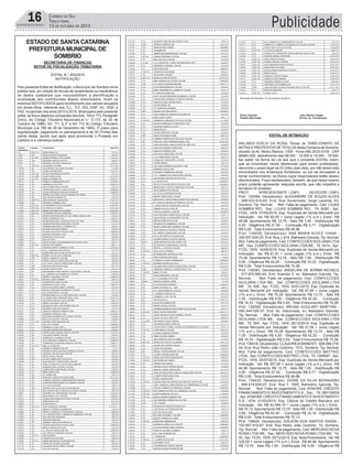 Publicidade16 Correio do Sul
Terça-feira,
13 de ouTubro de 2015
SECRETARIA DE FINANÇAS
SETOR DE FISCALIZAÇÃO TRIBUTARIA
EDITAL N.° 003/2015
NOTIFICAÇÃO
Pelo presente Edital de Notificação, o Município de Sombrio torna
público que, em virtude de recusa de recebimento ou insuficiência
de dados cadastrais que impossibilitam a identificação e
localização dos contribuintes abaixo relacionados, ficam os
mesmos NOTIFICADOS para recolhimento dos valores lançados
em divida Ativa, referente aos TLL, TLF, ISS, ISSF, AC, ISSC e
TAS, no período dos anos 2010 a 2014, alcançados pelo presente
edital, os fins e objetivos constantes dosArts. 145 e 173, Parágrafo
Único, do Código Tributário Nacional(Lei n.° 5.172, de 25 de
Outubro de 1996). Art. 111, § 2° e Art. 112 do Código Tributário
Municipal (Lei 780 de 28 de Dezembro de 1990). O prazo para
regularização, pagamento ou parcelamento é de 30 (Trinta) dias
ciente desta, sendo que após será promovida o Protesto em
Cartório e a cobrança judicial.
EDITAL DE INTIMAÇÃO
ARLINDO EDÍLIO DA ROSA, Titular do TABELIONATO DE
NOTAS E PROTESTOS DE TÍTULOS desta Comarca de Sombrio,
situado na Av. Nereu Ramos, 1300 - Fone (48) 3533-0318 - CEP
88960-000, atendimento das 08:00h - 12:00h e 14:00h - 18:00h,
faz saber na forma da Lei aos que o presente EDITAL virem,
que se encontram nesse tabelionato para serem protestados,
decorrido o prazo legal de 03 (três) dias úteis, por não terem sido
encontrados nos endereços fornecidos, ou por se recusarem a
tomar conhecimento, os títulos cujos responsáveis estão abaixo
discriminados. Ficam esclarecidos, também, de que nesse mesmo
prazo poderão apresentar resposta escrita, que não impedirá a
lavratura do protesto.
PROT. APRESENTANTE / CNPJ DEVEDOR / CNPJ
Prot: 139389; Devedor(es): ALEXANDRE DE SOUZA ALVES
- 069.523.919-83, End: Rua Governador Jorge Lacerda, 63,
Sombrio; Tip: Normal; Mot: Falta de pagamento; Ced: LOJAS
SOMBRA RIO; Sac: LOJAS SOMBRA RIO; Tit: 8280 ; Apr:
FCDL; VEN: 07/05/2015; Esp: Duplicata de Venda Mercantil por
Indicação; Val: R$ 92,00 + Juros Legais (1% a.m.); Emol.: R$
46,96. Apontamento R$ 13,75 - Selo R$ 1,55 - Distribuição R$
0,00 - Diligência R$ 27,50 - Condução R$ 5,71 - Digitalização
R$ 0,00- Total Emolumentos R$ 46,96.
Prot: 139428; Devedor(es): ANA MARIA ALVES VIANA -
329.007.830-20, End: Rua J, 814, Balneario Gaivota; Tip: Normal;
Mot: Falta de pagamento; Ced: CONFECCOES SICILIANA LTDA
ME; Sac: CONFECCOES SICILIANA LTDA ME; Tit: 0014 ; Apr:
FCDL; VEN: 16/09/2015; Esp: Duplicata de Venda Mercantil por
Indicação; Val: R$ 61,81 + Juros Legais (1% a.m.); Emol.: R$
75,28. Apontamento R$ 13,75 - Selo R$ 1,55 - Distribuição R$
0,00 - Diligência R$ 42,20 - Condução R$ 19,33 - Digitalização
R$ 0,00- Total Emolumentos R$ 75,28.
Prot: 139393; Devedor(es): ANGELINA DE BORBA NICHELE
- 577.970.990-49, End: Avenida 3, sn, Balneario Gaivota; Tip:
Normal; Mot: Falta de pagamento; Ced: CONFECCOES
SICILIANA LTDA ME; Sac: CONFECCOES SICILIANA LTDA
ME; Tit: 009 ; Apr: FCDL; VEN: 02/01/2015; Esp: Duplicata de
Venda Mercantil por Indicação; Val: R$ 47,46 + Juros Legais
(1% a.m.); Emol.: R$ 75,28. Apontamento R$ 13,75 - Selo R$
1,55 - Distribuição R$ 0,00 - Diligência R$ 42,20 - Condução
R$ 19,33 - Digitalização R$ 0,00- Total Emolumentos R$ 75,28.
Prot: 139392; Devedor(es): BRUNA GOULART MARTINS -
095.344.029-07, End: Av. Interpraias, sn, Balneario Gaivota;
Tip: Normal; Mot: Falta de pagamento; Ced: CONFECCOES
SICILIANA LTDA ME; Sac: CONFECCOES SICILIANA LTDA
ME; Tit: 004 ; Apr: FCDL; VEN: 26/12/2014; Esp: Duplicata de
Venda Mercantil por Indicação; Val: R$ 27,09 + Juros Legais
(1% a.m.); Emol.: R$ 75,28. Apontamento R$ 13,75 - Selo R$
1,55 - Distribuição R$ 0,00 - Diligência R$ 42,20 - Condução
R$ 19,33 - Digitalização R$ 0,00- Total Emolumentos R$ 75,28.
Prot: 139418; Devedor(es): CLAUDINEIAMANENTI - 938.099.219-
04, End: Rua Pedro João Godinho, 1072, Sombrio; Tip: Normal;
Mot: Falta de pagamento; Ced: CONFECCOES MATTRIC
LTDA; Sac: CONFECCOES MATTRIC LTDA; Tit: 1068067 ; Apr:
FCDL; VEN: 20/07/2015; Esp: Duplicata de Venda Mercantil por
Indicação; Val: R$ 357,00 + Juros Legais (1% a.m.); Emol.: R$
46,96. Apontamento R$ 13,75 - Selo R$ 1,55 - Distribuição R$
0,00 - Diligência R$ 27,50 - Condução R$ 5,71 - Digitalização
R$ 0,00- Total Emolumentos R$ 46,96.
Prot: 139430; Devedor(es): DIONE DA SILVA BERNHARD
- 068.914.659-07, End: Rua F, 1585, Balneário Gaivota; Tip:
Normal; Mot: Falta de pagamento; Ced: AYMORÉ CRÉDITO
FINANCIAMENTO E INVESTIMENTO S.A.; Sac: ; Tit: 280135939
; Apr: AYMORÉ CRÉDITO FINANCIAMENTO E INVESTIMENTO
S.A.; VEN: 21/03/2015; Esp: Cédula de Crédito Bancário por
Indicação; Val: R$ 42.484,70 + Juros Legais (1% a.m.); Emol.:
R$ 70,13. Apontamento R$ 13,75 - Selo R$ 1,55 - Distribuição R$
0,00 - Diligência R$ 42,20 - Condução R$ 14,18 - Digitalização
R$ 0,00- Total Emolumentos R$ 70,13.
Prot: 139424; Devedor(es): EDLSON DOS SANTOS GIASSI -
103.907.919-97, End: Rua Pedro João Godinho, 10, Sombrio;
Tip: Normal; Mot: Falta de pagamento; Ced: MERCADO NOVA
ROMA LTDA ME; Sac: MERCADO NOVA ROMA LTDA ME; Tit:
00 ;Apr: FCDL; VEN: 25/12/2014; Esp: Nota Promissória; Val: R$
325,00 + Juros Legais (1% a.m.); Emol.: R$ 46,96. Apontamento
R$ 13,75 - Selo R$ 1,55 - Distribuição R$ 0,00 - Diligência R$
ESTADO DE SANTACATARINA
PREFEITURAMUNICIPAL DE
SOMBRIO
SECRETARIA DE FINANÇAS
SETOR DE FISCALIZAÇÃO TRIBUTARIA
EDITAL N.° 003/2015
NOTIFICAÇÃO
Pelo presente Edital de Notificação, o Município de Sombrio torna público que, em
virtude de recusa de recebimento ou insuficiência de dados cadastrais que impossibilitam
a identificação e localização dos contribuintes abaixo relacionados, ficam os mesmos
NOTIFICADOS para recolhimento dos valores lançados em divida Ativa, referente aos
TLL, TLF, ISS, ISSF, AC, ISSC e TAS, no período dos anos 2010 a 2014, alcançados
pelo presente edital, os fins e objetivos constantes dos Arts. 145 e 173, Parágrafo Único,
do Código Tributário Nacional(Lei n.° 5.172, de 25 de Outubro de 1996). Art. 111, § 2° e
Art. 112 do Código Tributário Municipal (Lei 780 de 28 de Dezembro de 1990). O prazo
para regularização, pagamento ou parcelamento é de 30 (Trinta) dias ciente desta, sendo
que após será promovida o Protesto em Cartório e a cobrança judicial.
Cadastro
Contribuinte
Receita Contribuinte Valor R$
19 ISSF/TLL JANEO MARGUTE 775,23
3064 ISSF EDSON COELHO PRUDENCIO 299,93
3395 AC/ISSC OSMAR ESPINDOLA DE OLIVEIRA 1.235,49
4037 TAS DECIONIR SANTOS DA SILVA 188,25
4648 TLL ANTONIO GOULART GONÇALVES 1.256,35
6231 ISSF/TLL VALADARES VALERIM 2.571,99
17818 AC SOLIS MIGUEL DA CUNHA COLARES 131,84
18123 TLL GLORIA SILVEIRA REUS 1.322,72
19368 ISSC/AC EVALDO RODRIGUES SCHEFFER 525,41
20135 TLL/ISSF GLAUCO MELO ELIAS 2.017,35
20162 ISS/TLL BANCO DO BRASIL SA 1.232,91
20215 TLL FORMATO AMBALAGENS LTDA 1.530,65
20224 TLL CARDOSO & CIA LTDA 1.661,55
20232 TLL KEKA CONFECÇÕES LTDA ME 679,53
20269 TLL CONFECÇÕES ELEM E LIARA LTDA ME 1.008,98
20295 TLL VOLNEI ROMUALDO SERAFIM DE BEM ME 1.008,98
20347 TLL EMPRESA DE ONIBUS NOSSA SENHORA DA PENHA 144,39
20437 TLL JOSE VALSON MUNARETTO 270,34
20454 ISSSF/TLL JOÃO ANSELMO FRANCELINO 1.391,05
20499 TLL CERAMICA SOMBRIO LTDA 1.753,30
21601 ISSF/TLL CLAUDIONOR DA SILVA COLARES 4.055,94
21602 ISSF/TLL EDI AMADA DA PAIXÃO 4.055,94
21603 ISSF/TLL REJANE STECKEERT DE OLIVEIRA 4.055,94
21627 ISSF/TLL VALMARINO DA SILVA FERMIANO 1.582,70
21646 TLL RHONDA REVENDEDORA DE GAZ COMB E ACESSO LTDA 679,49
21678 TLL TERRE ALIMENDOS LTDA 1.595,31
21815 TLL HIKARY INDUSTRIA E COM DE ELASTICOS LTDA 679,49
22012 TLL TRANSPORTADORA PADRE REUS LTDA ME 514,33
22019 TLL TERREPAR INDUSTRIA E COMERCIO SA 946,97
22200 TLL DILSONEI MACHADO RAMOS 545,69
22213 TLL ZULEIDE DAGOSTIN & FILHOS LTDA 1.008,98
22582 TLL MARIANO MADEIRAS LTDA 679,49
22764 TLL ADROALDO DA SILVA ME 545,69
22860 TLL JOSE DE PONTI 587,40
22903 TLL ANTER TRANSP E REVENDEDORA RETALHISTA LTDA 352,72
22906 ISSF/TLL JOSE MATIAS ROLDÃO 682,11
23015 TLL CERAMICA MONTE CARMELIO LTDA 2.245,60
23073 TLL P.A.C. TEIXEIRA & CIA LTDA ME 731,63
23099 TLL HORMIGONN IND DE PRE MOLDADOS LTDA 352,72
23150 ISSF/TLL DIONES CLEI DA SILVA CARDOSO 1.378,06
23182 TAS PERSOU FARMACIA LTDA ME 405,20
23240 TLL PASANE COM DE CONFECÇÕES LTDA ME 504,46
23283 TLL C & C IND E COM DE CONFECÇÕES LTDA ME 352,72
23320 ISSF EDVALDO JOSE ROSSATO ME 621,97
23499 ISSF CLAUDI COELHO SUPPI 621,97
23527 ISS FISIOTRAUMA COMPL MEDICO E FISIOTERAP. LTDA ME 5.130,80
23643 TLL J.K. COMERCIO DE ALIMENTOS LTDA ME 545,69
23659 TLL PEREIRA & MAGENIS LTDA ME 1.008,98
23695 TAS/TLL MANOEL VIEIRA FERREIRA 828,36
23720 TLL TRANSPORTES LMB LTDA ME 514,33
23788 TLL MAURICIO & COSTA LTDA 1.080,75
23916 TLL IND DE CALÇADOS GREICY LTDA ME 813,24
24001 TLL BAZAR & PAPELARIA RELAMPAGO LTDA ME 525,37
24013 TLL ULIS TRANSPORTES LTDA ME 731,38
24021 TLL DISTRIBUIDORA DE GAS SÃO SEBASTIÃO LTDA ME 545,69
24023 ISS L.E. COM & PREST SERVIÇOS TELEC LTDA 3.432,16
24078 TLL AUTO PEÇAS RIO DA LAGE LTDA ME 304,13
24106 TLL SIERRA CALÇADOS LTDA ME 1.330,83
24135 TLL AGROPLAST IND E COM DE BEM LTDA ME 545,69
24145 TAS RUDIMAR VIEIRA DOS SANTOS 157,43
24235 TLL CABOS DE MADEIRA SOMBRIO LTDA 1.998,27
24244 TLL CERAMICA CARDOSO LTDA 2.245,60
24253 TLL INFOVIDEO INFORMATICA E VIDEO LTDA ME 299,90
24268 TLL PORTO & GOULART LTDA ME 559,88
24286 TLL, TAS ANTONIO SUPPI MACHADO ME 1.179,51
24345 TLL JOSE AILTO RAUPP 1.008,98
24371 TLL COMERCIAL LOOK LTDA 545,69
24381 TLL ETELVIRA ROLDÃO BALTAZAR ME 692,86
24393 TLL CERPOLI IND E COM DE TELHAS LTDA EPP 1.214,51
24443 TLL CALÇADOS FINOPE LTDA ME 679,49
24459 TLL CERAMICOS CATARINA LTDA ME 2.740,27
24463 TLL AUTO MECANICA FABDIESEL LTDA ME 1.008,98
24466 TLL TORNEADOS DE MADEIRA MARUPA LTDA ME 1.998,27
24480 TAS/TLL ENECI B. GOMES ME 1.264,27
24491 ISS LAMARK & PEREIRA LTDA ME 15,21
24494 TLL DISTRIB DE BALAS NICHELE CARDOSO LTDA ME 545,69
24528 TLL CERAMICA RIO DA LAGE LTDA ME 955,52
24562 TLL METAL FORTE LTDA ME 545,69
24589 ISSF GILSON CORREA NETTO DA SILVA 563,09
24599 TLL BLUE MALHAS E CONFECÇÕES LTDA ME 679,49
24613 TLL SONIA FELISBINA DE CASTRO MACHADO ME 545,69
24617 TLL AGROPECUARIA LUCHINA LTDA ME 545,69
24628 TLL CONFECÇÕES MONTAVANI LTDA ME 730,83
24640 TLL MARLI BIANCHI ME 1.008,98
24670 TLL E.C. RAMOS ME 278,17
24716 ISSF RONALDO GONÇALVES URDAGARIN 2.214,20
24720 TLL CONREQ CONTROLE E EQUIPAMENTOS LTDA ME 545,69
24721 TLL VOLNEVAN RENOVADORA DE CABINES LTDA ME 679,49
24723 TLL D.O. O DA SILVA ME 189,35
24729 TAS ANTONIO JOSE ALICIO DE ALCANTARA ME 304,14
24753 TLL PRO-ESPORTE IND E COM DE CALÇADOS LTDA ME 679,49
24801 TLL SHOPPING DA CONSTRUÇÃO LTDA ME 1.503,65
24811 TLL ESQUADRIAS E.B.V LTDA ME 1.503,65
24815 TLL CONFECÇÕES MARIA DE FATIMA LTDA ME 679,49
24843 TLL VERON MATOS ME 813,24
24864 TLL GILMAR DAVILA 813,24
24867 ISSF/TLL KARY APARECIDA FERREIRA 4.149,11
24877 TLL ANGELO VITORINO DE BORBA ME 144,39
24886 TLL MARSUL COMERCIO E TRANSPORTES LTDA ME 1.008,98
24897 TLL T.N. CONSTRUTORA E COMERCIO E MADEIRAS LTDA ME 929,58
24902 TLL JOSE ANTONIO MUNARINI 587,40
24909 TLL ANCELMO RORIGUES 545,69
25001 ISS PREMIUM TABACOS DO BRASIL SA 176,34
25012 TLL ZULEIDE DAGOSTIM & FILHOS LTDA 1.008,98
25018 TLL MARCO AURELIO DA SILVA 545,69
25022 TLL C.J. ROCHA CONFECÇÕES ME 1.008,98
25044 TLL S.B. GRAFICA E EDITORA LTDA ME 278,17
25080 TAS/TLL JOSE CANEVER 1.532,92
25085 TLL ITAMAR SILVA DA ROSA 587,40
25095 TAS/TLL KARINI NAKAMURA DE MEDEIROS ME 1.830,17
25104 TLL TEREZA DE OLIVEIRA ANTONIO 587,40
25119 TLL CALÇADOS MILEVE SPORT LTDA ME 929,58
25149 TLL G.M. DA SILVA ME 545,69
25151 TLL HACSPORT ADM ORG DE EVENTOS LTDA 278,17
25152 ISSH ANDREZA MEDEIROS ME 1.822,24
25161 TLL ZILMA DA ROSA DEBOIT 1.008,98
25181 TLL I BASQUER EPP 545,69
25199 TLL SAMBOCAM SUPERMERCADO LTDA ME 813,24
25222 ISS/TLL GOMESIL DROGARIA LTDA ME 259,99
25225 TLL MAIS VEICULOS LTDA ME 545,69
25246 25246 L.P.J. COM DE PEC. E SERV. AUTOMOTIVOS LTDA 545,69
25247 TLL GENEROSO & TEIXEIRA LTDA ME 545,69
25259 TLL EDNA INACIO ME 1.008,98
25265 TAS/TLL VILMAR DA SILVA BORBA 949,53
25315 TLL ANA MARIA CARDOSO 849,82
25320 ISSF/TLL IRIANEI SILVEIRA DE SOUZA 4.055,94
25334 TLL MHB COMERCIO DE TELHAS LTDA ME 1.008,98
25335 TAS D.G. INACIO AGROPECUARIA ME 1.043,17
25343 TLL P.E.M.R REFRIGERAÇÃO LTDA ME 545,69
25347 TLL JUBER TRANSPORTES E COMERCIO LTDA ME 278,17
25350 TLL P.S. ROCHA SILVERIO ME 545,69
25364 TLL AGUA VIVA DISTRIBUIDORA DE BEBIDAS LTDA ME 545,69
25371 TLL CONFECÇÕES GIURADELLI E FREITAS LTDA ME 1.256,35
25389 TLL ONEIDE DA ROSA PEREIRA PINTO 545,69
25404 TLL ALDAIR PEREIRA ME 545,69
25408 TLL C.P. CARDOSO ACADEMIA 545,69
25420 ISSF ROBSON LUIZ DOS SANTOS 3.408,60
25443 TLL CLEIA APARECIDA PEREIRA DA SILVEIRA ME 545,69
25444 TLL ERICO SOUZA COSTA 565,11
25472 TAS/TLL COMERCIAL E SERVIÇOS TOK STOK LTDA ME 1.217,08
25476 TLL BECKER ILUMINAÇÃO TECNOLOGICA LTDA 545,69
25496 TLL NAZARENO RAMOS DA SILVA 813,24
25507 TLL MARIO BOLICO 545,69
25530 TLL FACÇÃO MONTARY LTDA ME 545,69
25535 ISSF ANIELE GIACOMINI SCHEIN 1.084,54
25543 TLL GUIMEIRA COMERCIO DE VEICULOS LTDA ME 401,58
25571 ISS ORIVALDO SANTA REPRESENTEÇÕES LTDA 2.043,28
25583 TLL LIVRE SOM PROD E MAN DE EQUIP DE COM LTDA 545,69
25584 TLL EDSON DE QUADROS VARGAS ME 846,54
25589 TLL VARGAS & ALMEIDA LTDA 545,69
25596 TLL APPLAUSE CONFECÇÕES LTDA ME 1.503,65
25600 TLL V & F CONFECÇÕES LTDA ME 283,27
25621 TLL CANGALHO CONFECÇÕES LTDA ME 679,49
25626 TLL VALMIR FERRARI 304,13
25645 TLL LUIZ CARLOS BORGES CALÇADOS L3 ME 813,24
25655 TLL JADERSON GARCIA HOFF 587,40
25659 TLL CALÇADOS VANDERVAN LTDA ME 679,49
25663 TLL L.C.L. COMERCIO DE CONFECÇÕES LTDA ME 546,69
25664 TLL ANA HELENA FAUSTINO DA SILVA ME 1.546,45
25669 TLL L.C.DA SILVA ME 1.008,98
25687 ISS INSTITUTO DE EDUCAÇÃO VYGOTSKI LTDA 5.638,66
25690 TLL MARONI IND E COM DE CONFECÇÕES LTDA ME 283,27
25691 TLL DIEGO BARBOSA DOS REIS ME 545,69
25696 TLL J.R. DA SILVA ARTESANATOS ME 545,69
25704 TLL MARVIE CONFECÇÕES LTDA ME 746,56
25718 TLL MAITHI IND E COM DE MAQ E EQUIP ELETR LTDA ME 545,69
25735 TLL W T PADILHA CRIAÇÃO DE FRANGOS LTDA ME 545,69
25736 TLL S. BAYER COM DE CONFECÇÕES LTDA ME 545,69
25745 TLL FABIANE DA SILVA ALVES ME 787,79
25748 TLL PATRICIA QUADROS VALIM ME 1.008,98
25759 TLL FILOS DESIGNER COMUM VISULA LTDA ME 278,17
25771 TLL TALAU MOVEIS E CEDORAÇÕES LTDA ME 144,39
25812 TLL ERITON ALDER DA SILVA ME 545,69
25838 TLL ORGANIZAÇÕS SUBMARINA LTDA ME 849,82
25842 TLL OM DE CONFECÇÕES AMOROSA LTDA ME 813,24
25862 TLL TALIZ MODAS & CALÇADOS LTDA ME 525,37
25864 TLL R.Z. FIBRAS & CONFECÇÕES LTDA ME 545,69
25878 TLL M.C.B. DOS SANTOS CALÇADOS ME 813,24
25886 TLL LUCIANO RABELO DE MATOS SOM ME 545,69
26752 ISS H CEDRO INFRAESTRUTURA VIARIA LTDA 1.750,02
27775 TLL FOX EDITORA E PUBLICIDADE LTDA ME 514,33
28004 TLL RETIFICA J G MOTOS LTDA ME 504,46
28051 TAS/TLL ANA LUCIA GIL BORGES 996,72
28130 TLL RD PRODUÇÕES ARTISTICAS LTDA 751,41
28174 AC ONEILA SERAFIM MACHADO 72,84
28324 TLL FLORINDA E OLIEIRA FERMIANO M 1.008,98
28380 TAS/TLL JUCIMAR SANTANA DA SILVA 1.501,44
28416 TLL VIA ZAPPY IND E COM DE CONFECÇÕES LTDA EPP 1.503,65
28476 ISSH LIDERANÇA LIMPEZA E CONSERVAÇÃO LTDA 713,20
28720 TAS/TLL BANZÉ LTDA ME 738,95
28754 TLL VISUAL BORDADOS LTDA ME 679,49
28950 TLL E.T.C CLAUDINO & CIA LTDA 514,33
28967 ISSNA MARCOS LEANDRO GOMES 55,36
29003 TLL M. DA ROSA RESTAURANTE 1.348,28
29207 ISS BANCO DO BRASIL AS - BESC 168,01
29219 TLL A.N. AGROALIMENTOS LTDA ME 766,88
29259 TLL V. FERREIRA TABACOS ME 813,24
29379 TLL CAMBIDEAL COM LTDA ME 545,69
29601 ISS TIM CELULAR SA 2.782,72
29647 TLL JULIAN REUS BARBOSA ME 401,58
29681 TLL MOVEIS VEFAGO LTDA ME 352,72
29983 TLL LUCEMAR APARECIDA ROCHA MELO DA SILVA ME 497,52
30442 ISSF/TLL PAULO TEOFILO MONTEIRO 2.461,17
30577 TLL ALANO PEREIRA & ALANO PEREIRA LTDA EPP 849,82
30580 TLL JESSICA DA SILVA SPIDO EPP 849,82
30582 TLL/ISSF ANA MARIA DE JESUS PEREIRA 855,86
30612 TLL ALEXANDRE NUNES RAMOS ME 1.313,11
30721 TLL ELETRO SORTE LITORAL COM DE ELETRODOMESTICOS LTDA EPP 422,15
30763 TAS/TLL A PERFUMISTA LTDA ME 1.326,44
30774 TLL CLAUDIA CARDOSO DA ROSA 545,69
30776 TLL SIDNEI GALVÃO CORREIA 545,69
30779 TLL VERA ADRIANA SOUZA SCHERER 411,95
30819 ISSF/TLL MOISES DOS SANTOS FIGUEIREDO 1.697,13
30855 TLL SUZANA DOS SANTOS COELHO 1.008,98
30934 TLL GILNEI SILVA MORAES 545,69
30963 ISS PARAOL TERRAPLANAGEM LTDA ME 279,48
31001 TLL CLAUDIA TEIXEIRA RAUPP ME 1.008,98
31023 TAS/TLL DANIEL MACHADO FERRAGENS ME 688,47
31054 TAS/TLL JOSE RODRIGUES RABELO 492,86
31246 TLL OSAMIR LENTZ MACIEL 514,33
31362 TLL ADRIANA SCHUTZ PEREIRA ROCHA 545,69
31477 TLL FREITAS & VIANA CONFECÇÕES 813,24
31656 TLL AGUA DA ROCHA IND E COM DE CONFECÇÕES LTDA EPP 1.256,35
31657 TLL G. MONTAVANI DE MELLO ME 813,24
31661 TLL PEDRO LAMARQUE MEI 277,74
31688 TAS/TLL JOSILENE PERES DOS SANTOS BALTAZAR DO SANTOS ME 1.334,65
31697 TLL LIDER COMERCIO E MANUTENÇÃO DE COMPRESSORES LTDA ME 545,69
31698 TLL COELHO COMERCIO DE SERVIÇOS LTDA ME 1.008,98
31729 TAS/TLL MD COMERCIO DE FRUTAS E VERDURAS LTDA ME 429,98
31746 TAS/TLL ELIZETE RODRIGUES DA SILVA 1.178,36
31747 TAS/TLL MOISES TEIXEIRA DOMINGOS ME 3.470,93
31759 TLL LUIS FERNANDO PEREIRA DA SILVA ME 1.256,35
31766 TAS T&C LTDA ME 559,86
31950 TLL NIVALDO DE CARVALHO GONÇALVES 278,17
31956 TLL CLAITON DA LUZ BITENCOURT ME 278,17
31962 TLL JOSE AILTON SILVANO 144,39
31966 TLL NET POINT INTERNET LTDA EPP 1.008,98
32016 TLL JOELCIO TEIXEIRA DA CUNHA 514,36
32019 TAS/TLL JHONATAN LORENSON ME 828,36
32023 TLL ROSANA M LOPES & CIA LTDA EPP 1.008,98
32037 TLL JUCICLEIA PEREIRA PIRES CARDOSO 1.008,98
32076 TLL FRANK DE OLIVEIRA CLARINDA 278,17
32151 TLL M.R. COELHO MENDES ME 278,17
32224 TLL E. PEREIRA ME 1.008,98
32238 TAS/TLL G. GOMES DA SILVA EPP 2.211,20
32252 TLL GIOCAMINA VOTRI 283,27
32281 TLL CLAUDEMAR DE CAMPOS SUPI MEI 1.008,98
32293 TLL MAURO EDUARDO RODRIGUES MEI 514,33
32305 TLL CJVL COMERCIO DE LUBRIFICANTES LTDA ME 787,79
32313 TLL COMAPLAST COMERCIO ATACADISTA DE TELHAS LTDA EPP 1.503,65
32315 TLL PRICILA BRATTI PICOLOTTO MEI 1.008,98
32335 TAS/TLL K P DA SILVA BAR ME 1.095,91
32360 TLL TRANSLUCAS TRANSPORTE RODOVIARIO DE CARGAS LTDA 146,29
32390 TLL ROSSANE AMARAL FONTOURA 4.055,94
32391 ISSF/TLL JOHN CARLOS DA ROSA 4.055,94
32392 ISSF/TLL ANDREO ADRIANE TAVARES 4.055,94
32401 ISSF/TLL JOSE FERNANDO BORGES DA SILVA 4.055,94
32402 ISSF/TLL JOSIAS PORTO DA ROSA 4.055,94
32403 ISSF/TLL JULIANA BORBA RODRIGUES DA ROSA 4.055,94
32405 ISSF/TLL MARLEI PAULO 3.932,53
32409 ISSF/TLL RONALDO COELHO PEREIRA 4.055,94
32411 ISSF/TLL GABRIELA ALVES RINALDI 4.055,94
32468 TLL FERNANDO PEREIRA SILVEIRA 1.008,98
32558 TLL CRISTIANO LUCIO BARBOSA ME 1.241,18
32968 ISSH CONSTRUTORA OLIVEIRA POSSAMAI DELLA LTDA EPP 14.251,48
33332 TLL MARLENE BORES EPP 349,31
35919 ISSF/TLL VILMAR COSTA 4.654,46
Município de Sombrio, 07 de Outubro de 2015.
Zênio Cardoso João Alberto Vargas
Prefeito Municipal Diretor de Fiscalização
 