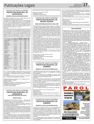 Publicações Legais Correio do Sul
Segunda-feira,
26 de outubro de 2015
17
ESTADO DE SANTA CATARINA
PREFEITURA MUNICIPAL DE
ARARANGUÁ
DECRETO Nº 7.053, DE 21 DE AGOSTO DE 2015.
CONCEDE ISENÇÃO DE IPTU E CONTRIBUIÇÃO DE
MELHORIA ÀS PESSOAS QUE MENCIONA.
O Prefeito Sandro Roberto Maciel no exercício das atribuições
emanadas da Lei Orgânica do Município, e ao que determina
o art. 22, VI, da Lei Complementar nº 006, de 03 de dezembro
de 1997 (Código Tributário Municipal), com alteração das Leis
Complementares nº 036, de 31 de outubro de 2002, nº 038, de
26 de Novembro de 2003, nº 043, de 27 de agosto de 2003, nº
48, de 07 de maio de 2004 e n° 101/2010:
DECRETA
Art. 1º Fica concedida isenção do pagamento do Imposto Predial
e Territorial Urbano - IPTU e Contribuição de Melhoria, às pessoas
abaixo relacionadas, as quais requereram a aludida isenção, na
forma dos artigos. 22, VI e 116, II, da Lei Complementar nº 006,
de 03 de dezembro de 1997 (Código Tributário Municipal), com
alteração das Leis Complementares nº 036, de 31 de outubro
de 2002, nº 038, de 26 de Novembro de 2003, nº 043, de 27 de
agosto de 2003 e nº 48, de 07 de maio de 2004 e n° 101/2010.
Art. 2º O prazo de validade da isenção é de dois (2) anos, após
o que deverá o beneficiado submeter-se a recadastramento,
para comprovar a permanência das condições de concessão
do benefício.
Art. 3º Este Decreto entra em vigor na data de sua publicação.
Art. 4º Revogam-se as disposições em contrário.
Prefeitura Municipal de Araranguá, em 21 de agosto de 2015.
SANDRO ROBERTO MACIEL
Prefeito Municipal
Registrado e Publicado o presente Decreto na Secretaria da
Administração Municipal, em 21 de agosto de 2015.
FERNANDO VALMOR MARCELINO
Secretário de Administração
ESTADO DE SANTA CATARINA
PREFEITURA MUNICIPAL DE
ARARANGUÁ
SECRETARIA MUNICIPAL DE SAÚDE
EDITAL Nº 02/2015
PRORROGAÇÃO DO EDITAL 01/2015 - I MOSTRA DE
EXPERIÊNCIAS DA REDE DE ATENÇÃO PSICOSSOCIAL
(RAPS) NO MUNICÍPIO DE ARARANGUÁ-SC
A Secretaria Municipal de Saúde de Araranguá, através da
Subsecretaria de Políticas Públicas Sobres Drogas, no uso de
suas atribuições legais RESOLVE:
Art. 1º Prorrogar o período de inscrições de trabalhos até a data
de 15 de fevereiro de 2016, que deverão ser enviados através do
e-mail mostraraps@gmail.com, do Edital nº 01/2015 da I Mostra
de Experiências da Rede de Atenção Psicossocial da Secretaria
Municipal de Saúde de Araranguá, publicado na página oficial
do Município de Araranguá em de 07 de outubro de 2015 e,
jornal regional.
Art. 2º Alterar para os dias 15, 16 e 17 do mês de março de
2016, a realização do evento nas dependências da UNISUL de
Araranguá, para apresentados ao público em geral (gestores,
trabalhadores e usuários do SUS, acadêmicos e docentes de
Instituições de Ensino), dos trabalhos selecionados na I Mostra
de Experiências da Rede de Atenção Psicossocial de Araranguá.
Araranguá, 23 de outubro de 2015.
Rosane M. Kochhann
Secretária Municipal de Saúde
ESTADO DE SANTA CATARINA
PREFEITURA MUNICIPAL DE
MORRO GRANDE
EDITAL DE PROCESSO SELETIVO N° 01/2015 - SME
VALDIONIR ROCHA, Prefeito de Morro Grande - SC, através da
Comissão de Processo Seletivo, Decreto nº 66/2015, torna público,
que realizará PROCESSO SELETIVO para preenchimento de
Cadastro de Reservas paraAdmissão de Professores em Caráter
Temporário –ACT, com atuação na Educação Especial, Educação
Básica (Infantil e Ensino Fundamental e EJA) da rede pública do
Município de Morro Grande SC, para o ano letivo de 2016, regido
pelo Estatuto dos Servidores Públicos do Município de Morro
Grande, Lei Municipal nº 683/2009, de 10 de dezembro de 2009
(Plano de cargos e Salários do Magistério Público Municipal) e
leis correspondentes.
Das Inscrições: inscrições serão realizadas no período de
29/10/2015 à 03/12/2015, em dias úteis, de segunda a sexta-
feira, das 08h00min às 11h00min e das 13h00min as 16h00min,
na Secretaria Municipal de Educação (Sala dos professores), sito
a Rua Rui Barbosa, nº 260, 2º Andar, Centro, CEP 88.925-000,
Morro Grande SC, com o preenchimento do Requerimento de
Inscrição, pagamento da taxa de inscrição e apresentação de
comprovante de habilitação de acordo com o quadro do item II e
documentos de Títulos, em conformidade ao Edital do Processo
Seletivo, disponível no mural da Prefeitura de Morro Grande e no
site www.morrogrande.sc.gov.br
O Edital completo está afixado no mural oficial da Prefeitura
Municipal de Morro Grande e no sítio eletrônico: www.
morrogrande.sc.gov.br
Morro Grande, SC, em 26 de outubro de 2015.
Jossemar Antônio Daniel
Presidente da Comissão de Processo Seletivo
VALDIONIR ROCHA
Prefeito de Morro Grande
ESTADO DE SANTA CATARINA
PREFEITURA MUNICIPAL DE
SOMBRIO
DECRETO Nº. 188, DE 01 DE OUTUBRO DE 2015.
“TRANSFERE O PONTO FACULTATIVO O DIA28 DE OUTUBRO,
DIA DO SERVIDOR PÚBLICO, E ESTABELECE OUTRAS
PROVIDÊNCIAS”
O PREFEITO MUNICIPAL DE SOMBRIO-SC, Senhor Zênio
Cardoso, no uso de suas atribuições legais estabelecidas na Lei
Orgânica Municipal de 06 de Abril de 1990.
DECRETA
Art. 1º. O Ponto facultativo de 28 de outubro, instituído pelo Artigo
236 da Lei Federal nº 8.112/90, relativo à comemoração do Dia
do Servidor Público, no exercício de 2015, fica transferido para o
dia 30 de outubro, sexta-feira.
Art. 2º. Ficam excluídos do presente Decreto a Secretaria
Municipal de Saúde e os serviços de caráter contínuo, tais como:
Coleta de Lixo, Vigilância, Zeladoria de Cemitério e SAMAE que
atuarão em regime de plantão.
Art. 3º. Este Decreto entra em vigor na data de sua publicação.
Município de Sombrio - SC, 01 de outubro de 2015.
Zênio Cardoso
Prefeito Municipal
Registrado e publicado nesta Secretaria em data supracitada.
José Sidnei Januário
Secretário Municipal de Finanças,Administração e Planejamento
ESTADO DE SANTA CATARINA
PREFEITURA MUNICIPAL DE
SOMBRIO
DECRETO Nº. 189, DE 01 DE OUTUBRO DE 2015.
ESTABELECE HORÁRIO ESPECIAL DE FUNCIONAMENTO
NA SECRETARIA MUNICIPAL DE DA´DE DE SOMBRIO - SC.
O PREFEITO MUNICIPAL DE SOMBRIO-SC, Senhor Zênio
Cardoso, no uso de suas atribuições legais e de conformidade
com o que estabelece o art. 22, § 3º da Lei no 1415 de 20 de
maio de 2003, combinado com as disposições contidas na Lei
Orgânica Municipal de 06 de Abril de 1990, e considerando o art.
7º, inciso XIV da Constituição Federal.
DECRETA:
Art. 1º. Fica estabelecido o horário especial para o funcionamento
da Secretaria Municipal de Saúde de Sombrio - SC, fixando turno
único de trabalho.
§ 1º. O horário de trabalho na Secretaria Municipal de Saúde do
Município, será das 07h00 as 13h00, de segunda a sexta-feira,
a partir do dia 03 de novembro de 2015.
§ 2º. Fica Excluído do presente Decreto o ESF – Estratégia
Saúde da Família Central, que funcionará das 12h00 as 18h00,
de segunda a sexta-feira
Art. 2º Este Decreto entra em vigor na data de sua publicação.
Município de Sombrio - SC, 01 de outubro de 2015.
Zênio Cardoso
Prefeito Municipal
Registrado e Publicado nesta Secretaria em data supracitada.
José Sidnei Januário
Secretário Municipal de Administração, Finanças e Planejamento
EDITAL DE INTIMAÇÃO
ARLINDO EDÍLIO DA ROSA, Titular do TABELIONATO DE NOTAS
E PROTESTOS DE TÍTULOS desta Comarca de Sombrio, situado
na Av. Nereu Ramos, 1300 - Fone (48) 3533-0318 - CEP 88960-000,
atendimentodas08:00h-12:00he14:00h-18:00h,fazsabernaforma
da Lei aos que o presente EDITAL virem, que se encontram nesse
tabelionatoparaseremprotestados,decorridooprazolegalde03(três)
diasúteis,pornãoteremsidoencontradosnosendereçosfornecidos,ou
por se recusarem a tomar conhecimento, os títulos cujos responsáveis
estãoabaixodiscriminados.Ficamesclarecidos,também,dequenesse
mesmo prazo poderão apresentar resposta escrita, que não impedirá
a lavratura do protesto.
PROT. APRESENTANTE / CNPJ DEVEDOR / CNPJ
Prot:139733;Devedor(es):EDINEIAREUSSILVEIRA-041.496.519-14,
End: Rua Pref. Fioravante Minatto, 82, Sombrio; Tip: Normal; Mot:
Falta de pagamento; Ced: BANCO DO ESTADO DO RIO GRANDE
DO SUL SA; Sac: COMERCIAL ZILLI LTDA ME; Tit: 010312 ; Apr:
BANCOSANTANDERSA;VEN:15/10/2015;Esp:DuplicatadeVenda
Mercantil por Indicação; Val: R$ 327,00 + Juros Legais (1% a.m.);
Emol.: R$ 46,96. Apontamento R$ 13,75 - Selo R$ 1,55 - Distribuição
R$ 0,00 - Diligência R$ 27,50 - Condução R$ 5,71 - Digitalização R$
0,00- Total Emolumentos R$ 46,96.
Prot:139743;Devedor(es):GEDEONILBORBAGOMES-866.888.559-
68, End: Av. Interpraias, 1264, Balneário Gaivota; Tip: Normal; Mot:
Falta de pagamento; Ced: OMNI S/A - CRÉDITO, FINANCIAMENTO
E INVESTIMENTO; Sac: ; Tit: 101670000020714 ; Apr: OMNI S/A -
CRÉDITO, FINANCIAMENTO E INVESTIMENTO; VEN: 11/07/2015;
Esp: Cédula de Crédito Bancário por Indicação; Val: R$ 8.289,78 +
JurosLegais(1%a.m.);Emol.:R$70,13.ApontamentoR$13,75-Selo
R$ 1,55 - Distribuição R$ 0,00 - Diligência R$ 42,20 - Condução R$
14,18 - Digitalização R$ 0,00- Total Emolumentos R$ 70,13.
Prot: 139711; Devedor(es): GUILHERME RODRIGUES DA ROSA -
018.221.140-12, End: RuaAntonio Inacio da Rosa, 986, Sombrio; Tip:
Normal; Mot: Falta de pagamento; Ced: CONFECCOES MATTRIC
LTDA; Sac: CONFECCOES MATTRIC LTDA; Tit: 10100 ;Apr: FCDL;
VEN:13/07/2015;Esp:DuplicatadeVendaMercantilporIndicação; Val:
R$ 245,82 + Juros Legais (1% a.m.); Emol.: R$ 46,96. Apontamento
R$ 13,75 - Selo R$ 1,55 - Distribuição R$ 0,00 - Diligência R$ 27,50
- Condução R$ 5,71 - Digitalização R$ 0,00- Total Emolumentos R$
46,96.
Prot:139731;Devedor(es):SIMONESILVAGOMES-051.545.759-03,
End: Rua Santos Coelh, 400, Sombrio; Tip: Normal; Mot: Falta de
pagamento;Ced:MERCADOGISELELTDA; Sac:MERCADOGISELE
LTDA; Tit: 8501335 ;Apr: FCDL; VEN: 23/09/2015; Esp: Cheque; Val:
R$ 350,00 + Juros Legais (1% a.m.); Emol.: R$ 46,96. Apontamento
R$ 13,75 - Selo R$ 1,55 - Distribuição R$ 0,00 - Diligência R$ 27,50
- Condução R$ 5,71 - Digitalização R$ 0,00- Total Emolumentos R$
46,96.
Certifico,paraosdevidosfins,queopresenteeditalfoiafixadonomural
da serventia em: 26/10/2015.
Sombrio - SC, 26/10/2015 -ARLINDO EDÍLIO DAROSA
 