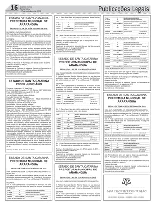 Publicações Legais16 Correio do Sul
Terça-feira,
27 de outubro de 2015
ESTADO DE SANTA CATARINA
PREFEITURA MUNICIPAL DE
ARARANGUÁ
ESTADO DE SANTA CATARINA
PREFEITURA MUNICIPAL DE
ARARANGUÁ
ESTADO DE SANTA CATARINA
PREFEITURA MUNICIPAL DE
ARARANGUÁ
ESTADO DE SANTA CATARINA
PREFEITURA MUNICIPAL DE
ARARANGUÁ
ESTADO DE SANTA CATARINA
PREFEITURA MUNICIPAL DE
ARARANGUÁ
DECRETO Nº 7.106, DE 26 DE OUTUBRO DE 2015.
DECRETA PONTO FACULTATIVO.
O Prefeito Sandro Roberto Maciel, no uso das atribuições que lhe
são conferidas pelo artigo 83, VII da Lei Orgânica do Município:
DECRETA:
Art. 1º Fica decretado ponto facultativo aos servidores municipais,
nas repartições públicas do Município, no dia 30 (trinta) de outubro
de 2015, durante todo o expediente, em comemoração ao Dia do
Servidor Público.
Art. 2º Os serviços de coleta de lixo, a limpeza pública, água,
saúde, educação e outros serviços entendidos como de natureza
essenciais e inadiáveis serão atendidos na forma e nos horários
exigidos, sob a orientação e a responsabilidade do Secretário ou
do Diretor da respectiva pasta.
Art. 3º Este Decreto entra em vigor na data de sua publicação.
Art. 4º Revogam-se as disposições em contrário.
Prefeitura Municipal de Araranguá, em 26 de outubro de 2015.
SANDRO ROBERTO MACIEL
Prefeito Municipal
Registrado e Publicado o presente Decreto na Secretaria da
Administração Municipal, em 26 de outubro de 2015.
FERNANDO VALMOR MARCELINO
Secretário da Administração
DECRETO Nº 7.056 DE 21 DE AGOSTO DE 2015.
VISA TRANSPOSIÇÃO DE DOTAÇÕES NO ORÇAMENTO DO
MUNICÍPIO.
O Prefeito Municipal Sandro Roberto Maciel, no uso das suas
atribuições legais emanadas pela Lei Orgânica do Município e
em conformidade com o art. 9º da Lei Municipal nº 3.300/2014.
DECRETA
Art. 1º Fica suplementado o orçamento do Município, no valor
total de R$ 30.000,00 (trinta mil reais) na seguinte modalidade
de despesa:
DECRETO Nº 7.061 DE 27 DE AGOSTO DE 2015.
VISA SUPLEMENTAÇÃO NO ORÇAMENTO DO MUNICÍPIO.
O Prefeito Municipal Sandro Roberto Maciel, no uso das suas
atribuições legais emanadas pela Lei Orgânica do Município e
em conformidade com o art. 10º da Lei Municipal nº 3.300/2014.
DECRETA
Art. 1º Fica suplementado o orçamento do Município, no valor
total de R$ 788.000,00 (setecentos e oitenta e oito mil reais) na
seguinte modalidade de despesa:
DECRETO Nº 7.068 DE 01 DE SETEMBRO DE 2015.
VISA SUPLEMENTAÇÃO NO ORÇAMENTO DO MUNICÍPIO.
O Prefeito Municipal Sandro Roberto Maciel, no uso das suas
atribuições legais emanadas pela Lei Orgânica do Município e
em conformidade com o art. 7º da Lei Municipal nº 3.300/2014.
DECRETA
Art. 1º Fica suplementado o orçamento do Município, no valor
total de R$ 6.600,00 (seis mil e seiscentos reais) na seguinte
modalidade de despesa:
Art. 2º. Para fazer face ao crédito suplementar deste Decreto,
será reduzido no mesmo valor o item abaixo:
Art. 3º Este Decreto entra em vigor na data de sua publicação.
Art. 4º Revogam-se as disposições em contrário.
Prefeitura Municipal de Araranguá, em 01 de setembro de 2015.
SANDRO ROBERTO MACIEL
Prefeito Municipal
Registrado e publicado o presente Decreto na Secretaria de
Administração em 01 de setembro de 2015
FERNANDO VALMOR MARCELINO
Secretário de Administração
DECRETO Nº 7.057 DE 21 DE AGOSTO DE 2015.
VISA TRANSPOSIÇÃO DE DOTAÇÕES NO ORÇAMENTO DO
MUNICÍPIO.
O Prefeito Municipal Sandro Roberto Maciel, no uso das suas
atribuições legais emanadas pela Lei Orgânica do Município e
em conformidade com o art. 7º da Lei Municipal nº 3.300/2014.
DECRETA
Art. 1º Fica suplementado o orçamento do Município, no valor
total de R$ 297.183,45 (duzentos e noventa e sete mil e cento
e oitenta e três reais e quarenta e cinco centavos) na seguinte
modalidade de despesa:
Art. 2º. Para fazer face ao crédito suplementar deste Decreto,
será reduzido no mesmo valor o item abaixo:
Art. 3º Este Decreto entra em vigor na data de sua publicação.
Art. 4º Revogam-se as disposições em contrário.
Prefeitura Municipal de Araranguá, em 21 de agosto de 2015....
SANDRO ROBERTO MACIEL
Prefeito Municipal
Registrado e publicado o presente Decreto na Secretaria de
Administração em 21 de agosto de 2015
FERNANDO VALMOR MARCELINO
Secretário de Administração
ESTADO DE SANTA CATARINA
PODER JUDICIÁRIO
Comarca - Araranguá / 2ª Vara Cível
Av.Coronel João Fernandes, nº 195, Centro - CEP 88900-904,
Fone: (48) 3521-6023, Araranguá-SC - E-mail:
ararangua.civel2@tjsc.jus.br
Juiz de Direito: Gustavo Santos Mottola
Escrivão: Marcelo Vitto Bongiolo
EDITAL DE CITAÇÃO - USUCAPIÃO - RÉUS INSCRITOS E
EVENTUAIS - COM PRAZO DE 30 DIAS
Usucapião nº 0301448-89.2014.8.24.0004
Requerente: Eduardo Borges Teixeira/
Requerido: Mohamad Malih Omar Omari e outro/
Citando(a)(s): Confrontante : Desvelo Marcos Noal, Rua Mathilde
Zatar, 221, Nonoai - CEP 91720-530, Porto Alegre-RS, CPF
408.360.370-49, Viúva, brasileira, Aposentada.
Descrição do(s) Bem(ns):Imóvel: Um terreno urbano com área de
300,00m2, constituído pelo lote 02 da Quadra 21 do Loteamento
Stelamaris, Balneário Arroio do Silva, matriculado no CRI sob o
nº 29.021 em nome de Mohamed Malih Omar Omari e esposa.
. Prazo Fixado para a Resposta: 15 dias. Por intermédio do
presente, a(s) pessoa(s) acima identificada(s), atualmente em
local incerto ou não sabido, bem como seu(s) cônjuge(s), se
casada(o)(s) for(em), confrontante(s) e aos eventuais interessados
que, fica(m) ciente(s) de que, neste Juízo de Direito, tramitam os
autos do processo epigrafado, bem como CITADA(S) para
responder(em) à ação, querendo, no lapso de tempo supra
mencionado, contado do transcurso do prazo deste edital.
ADVERTÊNCIA: Não sendo contestada a ação no prazo marcado,
presumir-se-ão aceitos como verdadeiros os fatos articulados
pelo autor na petição inicial (art. 285, c/c art. 319 do CPC). E,
para que chegue ao conhecimento de todos, partes e terceiros,
foi expedido o presente edital, o qual será afixado no local de
costume e publicado 1 vez(es), com intervalo de 0 dias na forma
da lei.
Araranguá (SC), 17 de outubro de 2015.
Art. 2º. Para fazer face ao crédito suplementar deste Decreto,
será reduzido no mesmo valor o item abaixo:
Art. 3º Este Decreto entra em vigor na data de sua publicação.
Art. 4º Revogam-se as disposições em contrário.
Prefeitura Municipal de Araranguá, em 21 de agosto de 2015
SANDRO ROBERTO MACIEL
Prefeito Municipal
Registrado e publicado o presente Decreto na Secretaria de
Administração em 21 de agosto de 2015
FERNANDO VALMOR MARCELINO
Secretário de Administração
Art. 2º. Para fazer face ao crédito suplementar deste Decreto,
será reduzido no mesmo valor o item abaixo:
Art. 3º Este Decreto entra em vigor na data de sua publicação.
Art. 4º Revogam-se as disposições em contrário.
Prefeitura Municipal de Araranguá, em 27 de agosto de 2015....
SANDRO ROBERTO MACIEL
Prefeito Municipal
Registrado e publicado o presente Decreto na Secretaria de
Administração em 27 de agosto de 2015
FERNANDO VALMOR MARCELINO
Secretário de Administração
 