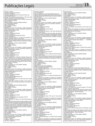 Publicações Legais 15Correio do Sul
Quarta-feira,
11 de novembro de 2015
Contrato n.º: 222/2015
Contratante: O Município deAraranguá
CNPJ: 82.911.249/0001-13
Contratado: Roda Brasil Comércio de Peças para Veículos Ltda
CNPJ: 06.889.977/0001-98
Endereço: Rua Tancredo de Almeida Neves, nº 5056, bairro São
Cristovão, na cidade de Concórdia, Santa Catarina.
Objeto: Contrato para aquisição de pneus, câmaras e aros para uso
na frota municipal deAraranguá.
Valor: R$ 7.690,00
Dotação Orçamentária: 09.02.2023.33900001.33903039
10.01.2026.33900001.33903039
Origem: Licitação 69/2015
Prazo de vigência: 31/12/2015
Data: 09/06/2015
Signatários: De um lado, como contratante, o prefeito de Araranguá
Sandro Roberto Maciel e, do outro, representando legalmente a
empresa contratada,Adriano Toniello.
EXTRATO DE CONTRATO
Contrato n.º: 223/2015
Contratante: O Município deAraranguá
CNPJ: 82.911.249/0001-13
Contratado: Distribuidora Nova Esperança Ltda EPP.
CNPJ: 00.750.862/0001-31
Endereço: Rua Edgar Linhares, n° 121, Bairro Nova Esperança, no
Município de Balneário Camboriú, Santa Catarina.
Objeto: Contrato para aquisição de gêneros alimentícios destinados à
Merenda Escolar das Unidades de Ensino Fundamental do município.
Valor: R$ 3.704,00
Dotação Orçamentária: 11.06.2041.33900109.33903007
Origem: Licitação 13/2015
Prazo de vigência: 31/12/2015
Data: 10/06/2015
Signatários: De um lado, como contratante, o prefeito de Araranguá
Sandro Roberto Maciel e, do outro, representando legalmente a
empresa contratada,Arilson JoséAlves
EXTRATO DE CONTRATO
Contrato n.º: 225/2015
Contratante: O Município deAraranguá
CNPJ: 82.911.249/0001-13
Contratado: José fernando Raminelli
CPF: 20.044.743/0001-70
Endereço:Avenida Paraíso, nº 569, Bairro: Coloninha,Araranguá - SC
Objeto: Contratação de uma empresa prestadora de serviços
na eleboração, levantamentos topográficos e acompanhamento
de Projetos Técnicos de engenharia e regularização fudiária que
configuram operacionalização de programas do Governo Federal,
Governo Estadual, e do Município.
Valor: R$ 77.080,00
Dotação Orçamentária: 07.01.2018.33900001.33903999
Origem: Licitação 84/2015
Prazo de vigência: 31/12/2015
Data: 11/06/2015
Signatários: De um lado, como contratante, o prefeito de Araranguá
Sandro Roberto Maciel e, do outro, representando legalmente a
empresa contratada, José fernando Raminelli.
EXTRATO DE CONTRATO
Contrato n.º: 226/2015
Contratante: O Município deAraranguá
CNPJ: 82.911.249/0001-13
Contratado:Ageluz Instalação Elétricas LTDA
CNPJ: 08.856.986/0001-08
Endereço:RuadoExpedicionárionº275,sala02,bairrocentro.Cidade
de Turvo, Santa Catarina.
Objeto: Contrato para a aquisição de reatores a serem usado na
manuntenção corretiva da iluminação pública do município de
Araranguá.
Valor: R$ 26.780,00
Dotação Orçamentária: 09.02.2046.33900002.33903026
Origem: Licitação 79/2015
Prazo de vigência: 31/12/2015
Data: 12/06/2015
Signatários: De um lado, como contratante, o prefeito de Araranguá
Sandro Roberto Maciel e, do outro, representando legalmente a
empresa contratada, Elder Pescador.
EXTRATO DE CONTRATO
Contrato n.º: 227/2015
Contratante: O Município deAraranguá
CNPJ: 82.911.249/0001-13
Contratado: Concretubos Obras de Urbanização LTDAEPP
CNPJ: 07.323.544/0001-33
Endereço: Rodovia BR 101, 3699- Km 416, bairro Policia Rodoviária,
Araranguá- SC
Objeto: Contrato para a pavimentação com lajotas, drenagem pluvial e
sinalizaçãoviáriadaRuaFilomenaFranciscaAlmeidaeRuaFrancisco
José France Lino com extensão aproximada de 439,30 metros,
localizadas no bairroAlto Feliz, no Município deAraranguá/SC, com o
fornecimento de mão de obra, equipamentos e materiais necessários
à completa e perfeita implantação de todos os elementos necessários
e previstos no edital do processo.
Valor: R$ 279.514,09
Dotação Orçamentária: 09.01.1003.44900001.44905199
Origem: Licitação 80/2015
Prazo de vigência: 31/12/2015
Data: 15/06/2015
Signatários: De um lado, como contratante, o prefeito de Araranguá
Sandro Roberto Maciel e, do outro, representando legalmente a
empresa contratada, Marcel PereiraAndré.
EXTRATO DE CONTRATO
Contrato n.º: 229/2015
Contratante: O Município deAraranguá
CNPJ: 82.911.249/0001-13
Contratado: José Barzan
CPF: 170.030.929-87
Endereço: Estrada Geral 2° Linha, bairro Sangão, Criciúma, SC.
Objeto:Contratoparaaaquisiçãodegênerosalimentíciosdestinadosà
merendaescolardoprogramaMaisEducação,nasescolasmunicipais.
Valor: R$ 1.422,50
Dotação Orçamentária: 11.06.2041.33900109.33903007
Origem: Licitação 16/2015
Prazo de vigência: 31/12/2015
Data: 23/06/2015
Signatários: De um lado, como contratante, o prefeito de Araranguá
Sandro Roberto Maciel e, do outro, como contratado, José Barzan....
EXTRATO DE CONTRATO
Contrato n.º: 230/2015
Contratante: O Município deAraranguá
CNPJ: 82.911.249/0001-13
Contratado: Gálatas Mídias e Eventos Ltda ME
CNPJ: 06.286.545/0001-92
Endereço: Avenida Sete de Setembro, nº 2921, Bairro Vila São José,
Araranguá, Santa Catarina.
Objeto: contrato de prestação de serviços de gestão, planejamento,
organização, promoção, coordenação, operacionalização, produção
e fornecimento de materiais necessários à realização da Festa da
TradiçãoJunina2015,previstaparaocorrerem26/06/2015,emalusão
ao dia de São João.
Valor: R$ 32.007,50
Dotação Orçamentária: 01.06.2006.33900001.33903923
Origem: Licitação 93/2015
Prazo de vigência: 31/12/2015
Data: 24/06/2015
Signatários: De um lado, como contratante, o prefeito de Araranguá
Sandro Roberto Maciel e, do outro, representando legalmente a
empresa contratada, José Felisberto Pereira.
EXTRATO DE CONTRATO
Contrato n.º: 231/2015
Contratante: O Município deAraranguá
CNPJ: 82.911.249/0001-13
Contratado: Pré Moldados Pagani LTDA-EPP
CNPJ: 08.372.222/0001-47
Endereço:RodoviaBR101–KM418,n°5800,bairroPoliciaRodoviária,
Araranguá, Santa Catarina.
Objeto: Contrato de execução de serviços de transporte de materiais
através de caçambas basculantes, estimando-se o quantitativo de
11.620km diversos para manutenção de vias públicas no interior do
Município.
Valor: R$ 49.385,00
Dotação Orçamentária: 10.02.2027.33900001.33903999
Origem: Licitação 92/2015
Prazo de vigência: 31/12/2015
Data: 24/06/2015
Signatários: De um lado, como contratante, o
prefeito deAraranguá Sandro Roberto Maciel e,
do outro, representando legalmente a
empresa contratada, Rogério Jeremias. .EXTRATO DE CONTRATO
Contrato n.º: 232/2015
Contratante: O Município deAraranguá
CNPJ: 82.911.249/0001-13
Contratado: Papelaria Espaço Escolar LTDA
CNPJ: 03.790.887/0001-57
Endereço: rua XV de Novembro, n°31, Edifício São Cristovão, sala 01,
Centro, Orleans, SC.
Objeto: Contrato para aquisições de materiais de expediente
diversos objetivando a manutenção dos diversos setores da estrutura
administrativa do Município deAraranguá.
Valor: R$ 4.889,09
Dotação Orçamentária: 04.03.2010.33900001.33903016
Origem: Licitação 83/2015
Prazo de vigência: 31/12/2015
Data: 24/06/2015
Signatários: De um lado, como contratante, o prefeito de Araranguá
Sandro Roberto Maciel e, do outro, representando legalmente a
empresa contratada, CarinaAscariAlberton Gesser.
EXTRATO DE CONTRATO
Contrato n.º: 233/2015
Contratante: O Município deAraranguá
CNPJ: 82.911.249/0001-13
Contratado: Elmo Papelaria LTDA
CNPJ: 03.999.762/0001-31
Endereço: rua Prefeito Jose kehrig, nº 5501, sala 101, Centro, Santo
Amaro da Imperatriz SC.
Objeto: Contrato para aquisições de materiais de expediente
diversos objetivando a manutenção dos diversos setores da estrutura
administrativa do Município deAraranguá.
Valor: R$ 10.874,51
Dotação Orçamentária: 04.03.2010.33900001.33903016
Origem: Licitação 83/2015
Prazo de vigência: 31/12/2015
Data: 25/06/2015
Signatários: De um lado, como contratante, o prefeito de Araranguá
Sandro Roberto Maciel e, do outro, representando legalmente a
empresa contratada, CátiaAurélia de Oliveira Besen.
EXTRATO DE CONTRATO
Contrato n.º: 234/2015
Contratante: O Município deAraranguá
CNPJ: 82.911.249/0001-13
Contratado: Orleans Informática LTDA– EPP
CNPJ: 02.315.593/0001-00
Endereço: rua Barão do Rio Branco, nº 312, sala 01,Centro, município
de Orleans, SC
Objeto: Contrato para aquisições de materiais de expediente
diversos objetivando a manutenção dos diversos setores da estrutura
administrativa do Município deAraranguá.
Valor: R$ 4.432,26
Dotação Orçamentária: 04.03.2010.33900001.33903016
Origem: Licitação 83/2014
Prazo de vigência: 31/12/2015
Data: 25/06/2015
Signatários: De um lado, como contratante, o prefeito de Araranguá
Sandro Roberto Maciel e, do outro, representando legalmente a
empresa contratada, Wagner Crozeta.
EXTRATO DE CONTRATO
Contrato n.º: 235/2015
Contratante: O Município deAraranguá
CNPJ: 82.911.249/0001-13
Contratado: Rif ComercialAtacadista Ltda
CPF: 18.619.082/0001-12
Endereço: rua Imigrante João Cechinelli, 65, bairro Quarta Linha,
Criciúma, SC
Objeto: Contrato para aquisições de materiais de expediente
diversos objetivando a manutenção dos diversos setores da estrutura
administrativa do Município deAraranguá.
Valor: R$ 4.034,32
Dotação Orçamentária: 04.03.2010.33900001.33903016
Origem: Licitação 83/2015
Prazo de vigência: 31/12/2015
Data: 25/06/2015
Signatários: De um lado, como contratante, o prefeito de Arasranguá
Sandro Roberto Maciel e, do outro, representando legalmente a
empresa contratada, Reginaldo Itamar felisberto.................EXTRATO
DE CONTRATO
Contrato n.º: 236/2015
Contratante: O Município deAraranguá
CNPJ: 82.911.249/0001-13
Contratado: SETEL Engenharia Elétrica Ltda
CNPJ: 83.561.944/0001-65
Endereço: Rua Dr. Virgulino de Queiroz, nº 69, Bairro Centro, Sala 02,
Araranguá, Santa Catarina.
Objeto: O objeto deste contrato é a prestação de serviços de
manutenção e ampliação de rede de iluminação pública no município
deAraranguá.
Valor: R$ 99.904,00
Dotação Orçamentária: 09.02.2046.33900002.33903999
Origem: Licitação 73/2015
Prazo de vigência: 31/12/2015
Data: 25/06/2015
Signatários: De um lado, como contratante, o prefeito de Araranguá
Sandro Roberto Maciel e, do outro, representando legalmente a
empresa contratada, Gerson Paulino.
EXTRATO DE CONTRATO
Contrato n.º: 237/2015
Contratante: O Município deAraranguá
CNPJ: 82.911.249/0001-13
Contratado: José Barzan
CPF: 170.030.929.87
Endereço: Estrada Geral 2° Linha, bairro, Sangão, Criciúma, SC.
Objeto: Contrato para a aquisição de gêneros alimentícios destinados
à merenda escolar das Unidades de Ensino Fundamental da rede
municipal deAraranguá.
Valor: R$ 2.716,00
Dotação Orçamentária: 11.06.2041.33900109.33903007
Origem: Licitação 13/2015
Prazo de vigência: 31/12/2015
Data: 25/06/2015
Signatários: De um lado, como contratante, o prefeito de Araranguá
Sandro Roberto Maciel e, do outro, representando legalmente a
empresa contratada, José Barzan.
EXTRATO DE CONTRATO
Contrato n.º: 238/2015
Contratante: O Município deAraranguá
CNPJ: 82.911.249/0001-13
Contratado: Martins Terraplanagem Ltda ME
CNPJ: 07.932.294/0001-39
Endereço: Rua Vereador Artur Francisco Espíndola nº 729, Nova
Divinéia, Araranguá, Sasnta Catarina.
Objeto: Contrato de locação de horas máquina de serviços junto à
Patrulha Mecanizada da Prefeitura Municipal de Araranguá. Locação
de escavadeira hidráulica – regime hora/máquina.
Valor: R$ 42.630,50
Dotação Orçamentária: 10.01.2026.33900001.33903999
Origem: Licitação 32/2015
Prazo de vigência: 31/12/2015
Data: 26/06/2015
Signatários: De um lado, como contratante, o prefeito de Araranguá
Sandro Roberto Maciel e, do outro, representando legalmente a
empresa contratada, Minervina Prestes Martins.
EXTRATO DE CONTRATO
Contrato n.º: 239/2015
Contratante: O Município deAraranguá
CNPJ: 82.911.249/0001-13
Contratado: Consoni Construções Ltda
CNPJ: 10.599.044/0001-33
Endereço: Rod. SC 445 Km 02 Bairro Santa Luzia, Siderópolis , Santa
Catarina,
Objeto: Contrato de locação de horas máquina de serviços junto à
Patrulha Mecanizada da Prefeitura Municipal de Araranguá. Locação
de escavadeira hidráulica – regime hora/máquina.
Valor: R$ 11.912,00
Dotação Orçamentária: 10.01.2026.33900001.33903999
Origem: Licitação 32/2015
Prazo de vigência: 31/12/2015
Data: 26/09/2015
Signatários: De um lado, como contratante, o prefeito de Araranguá
Sandro Roberto Maciel e, do outro, representando legalmente a
empresa contratada, Jacira de Fátima da Silva Consoni.
 