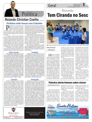 do segundo ano do ensino
fundamental da Escola
Municipal de Meleiro,
levou os alunos pela pri-
meira vez no Sesc Ara-
ranguá. “Achei bem inte-
ressante, primeiro porque
os alunos conhecem outro
município. Aqui são bem
acolhidos e escutam a his-
tória que desperta toda a
imaginação. Para a idade
deles, o lúdico, a brinca-
deira, só vem auxiliar na
aprendizagem”, disse a
professora.
A técnica de lazer in-
formou que ainda tem
vaga para a sexta-feira e a
escola que tiver interesse
pode entrar em contato
com o Sesc através do
telefone 3524-0189.
Política
Rolando Christian Coelho
Geral 5Correio do Sul
Quarta-feira,
11 de novembro de 2015
Prefeitos estão loucos com Colombo
P
refeitos de nossa região estão
tiriricas da vida com o gover-
nador Raimundo Colombo
(PSD). É que sua gestão não
tem facilitado a vida das prefeituras
quando o assunto são os aditivos de prazo
nos convênios firmados com o governo
estadual.
Na prática, quando uma prefeitura
fecha convênio com o governo, passa a
receber os recursos da obra de acordo com
o que for sendo concluído. Grosso modo, se
concluiu 20% de uma rua, recebe o valor
correspondente a este 20%, e assim por
diante. Cada etapa da obra tem um prazo
de conclusão. Se o prazo não for cumprido
o dinheiro não vem e começa a encrenca.
O problema é que fazem quase dois
meses que tem chovido um dia sim e outro
também no Estado. Tudo isto faz com que o
andamento das obras atrasem, e não haja o
cumprimento dos prazos estabelecidos nos
convênios. O governo sabe que o tempo
não tem colaborado, mas mesmo assim não
tem aditivado, ou seja, não tem ampliado o
prazo para que determinada etapa de uma
obra possa ser concluída.
A desconfiança é generalizada de que
o governo tem feito isto para economizar.
Ao criar barreiras através da burocracia
segura o dinheiro em caixa, enquanto
observa o cenário econômico. A questão é
que o resultado disto são ruas, avenidas,
escolas, postos de saúde e uma infinidade
de outras obras sem conclusão.
Por conta disto Colombo tem recebido
ultimatos, principalmente por parte de pre-
feitos do PMDB, que tem se achado os mais
prejudicados nesta “pedalada financeira”
do governador.
ADVOCACIA EMPRESARIAL
FONE: (48) 3533-0145
Tem Ciranda no Sesc
Diversão
> ArArAnguá
Oprojeto Ciranda
Sesc está comple-
tando oito anos consecuti-
vos de realização, se man-
tendo como destaque na
área de recreação infantil.
Karine Alborgheti, técnica
de Lazer do Serviço Social
doComércio(Sesc),explica
como o projeto está sendo
trabalhado na unidade de
Araranguá.Ascriançasou-
vem a história de um rei e
umarainha,quemoravam
em mundos diferentes, um
mundoamareloeummun-
do verde, se apaixonaram,
se uniram e formaram um
mundo só, azul. “Só que
este mundo está um pouco
devastadoeagenteprecisa
da ajuda das crianças para
construir os castelos, roças
etudooqueoreiearainha
precisamparaviver”,conta
karine.
Oprojetoatendecerca
de 180 participantes por
dia, divididos em seis tur-
mas, três de manhã e três
a tarde, iniciou dia 16 de
outubro e segue até esta
sexta-feira. Ao final des-
ta edição devem ter sido
atendidas mais de duas
mil crianças de três a 12
anos, de escolas públicas
e particulares de todos os
municípios da região.
Cleusa Maria Macha-
do Scardueli, professora
Morro Grande
PMDBdeMorroGrande,quedeverálan-
çaroex-prefeitoÊnioZuchinalliaocomando
doexecutivoanoquevem,aindanãodefiniu
se concorrerá com chapa pura ou se buscará
um partido aliado para compor como vice.
Sehouvercomposição,muitoprovavelmente
elaserácomoPSDB,quetemseaproximado
dos peemedebistas. Na situação, a dobradi-
nha entre o PSD do prefeito Valdo Rocha e o
PPdovice-prefeitoEduirMarcelotendeaser
mantida,aindaquehajamuitasrusgasentre
osprogressistas.Abemdaverdade,oPPnão
temmuitaalternativa.SerompercomoPSD
divide o atual governo, o que facilita a vida
do PMDB sobremaneira. No entanto, não
é certo que Eduir vá concorrer novamente
como candidato a vice. Mantida a coligação
com o PSD, há a possibilidade de que outro
progressista ocupe seu lugar na chapa.
Novidade
Indefinição no PP de Meleiro quanto a
suacandidaturaaprefeitoanoquevem,tem
feito surgir o nome da ex-secretaria da Saú-
de, Santina Ize Rosa, como uma alternativa
plausível a sucessão do prefeito Nei Zanette
(PP). Os nomes preferenciais do partido são
o do ex-prefeito Vitor Hugo Coral e do em-
presárioOraciCoral.OproblemaéqueVitor
Hugo sofre restrições internas e Oraci não
estádispostoaoembateeleitoral.Nestesenti-
do,Santinasurgecomoumnomeagregador,
pois conseguiria colocar na mesma mesa as
váriasalasdopartido.Agrandedúvidaqueo
PP tem diz respeito a seu potencial eleitoral.
Já na oposição, dois projetos têm ganhado
força.UmencabeçadoporEderMatos(PSB)
e outro por Edoir Costa, o Ica (PMDB). Se
não houver convergência entre os dois isto
pode facilitar a vida dos progressistas.
Cassação
Por falar em Morro Grande, vereador
Volnei Favarin (PMDB) continua cassado
de suas funções legislativas pela Justiça
Eleitoral. Contradizendo a quase regra,
Volnei, que é advogado, não entrou com
medida cautelar solicitando liminar para
que voltasse à Câmara Municipal, depois
que foi afastado em maio acusado de
abuso de poder econômico na eleição
de 2012. Há meses sua defesa tem se
arrastado no Tribunal Superior Eleitoral,
sem um parecer definitivo a respeito de
seu caso. Esta, aliás, é uma falha gravís-
sima que precisa ser corrigida por nosso
sistema político. Se o eleito for inocente
de sua acusação, ele praticamente perde
o mandato por falta de agilidade em seu
julgamento. O caso do prefeito afastado
de Criciúma, Clésio Salvaro (PSDB), é
emblemático neste sentido.
Costurando
Presidente do PMDB de Araranguá,
AnísioPrêmoli,dizqueseupartidojáiniciou
as tratativas visando a formação de uma
coligação com vistas ao pleito municipal do
ano que vem. De acordo com ele, por ora,
jácomeçaramasconversaçõesnestesentido
comoPTB,eestãosendoiniciadasasprimei-
rastratativascomoPSDB.OPMDBpretende
ainda focar esforços no PC do B e no PSC,
que foram seus aliados no pleito de 2012.
Naquela eleição o PPS também esteve junto
no projeto que tentou eleger o empresário
César Cesa (PMDB) prefeito, e o próprio
Anísio vice-prefeito. Hoje, no entanto, o PPS
está aliado ao prefeito Sandro Maciel (PT),
ocupandoimportantesespaçosnaprefeitura.
Por conta disto, Anísio crê que o partido difi-
cilmente convergirá para os peemedebistas.
“Vamosprocurareles.Jásabemosaresposta,
mas o não, se houver, não será nosso”, diz.
Gislaine Fontoura
³Crianças ouvem história e ajudam a montar cenários usando muita criatividade
> SAntA roSA do Sul
Em clima de Novem-
bro Azul, a Secretaria de
Saúde de Santa Rosa do
Sul realiza nos dias 18
e 25 palestras sobre a
saúde do homem, minis-
tradas pelo médico Cris
LucianodaCostaFeijó.As
palestras serão no salão
paroquial do Centro, às
20 horas, e toda a comu-
nidade está convidada a
participar.
O projeto que con-
templou uma campanha
integrada para a preven-
ção do câncer de mama
e de próstata, enfatiza
agora a conscientização
dos homens a respeito de
doenças masculinas, com
Palestra alerta homens sobre câncer
ênfase na prevenção e no
diagnóstico precoce do
câncer de próstata.
Além das palestras
também será realizada
nas unidades de saúde do
Centro, Peroba, Vila São
Cristovão e Vila Maria
testes de glicemia para
pessoas com mais de 40
anos ou com histórico fa-
miliardediabetesmelitus.
 