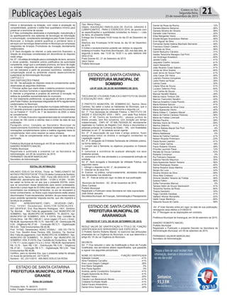 Publicações Legais 21Correio do Sul
Segunda-feira,
23 de novembro de 2015
inferior à demandada na licitação, com vistas à ampliação da
competitividade, podendo o edital fixar quantitativo mínimo para
preservar a economia de escala.
§ 4º Nas contratações destinadas à implantação, manutenção e
ao aperfeiçoamento dos sistemas de tecnologia de informação
e comunicação, considerados estratégicos pelo Poder Executivo
Municipal, a licitação poderá qualificar e ponderar bens e
serviços com tecnologia desenvolvida no Município por empresas
integrantes de Arranjos Promotores de Inovação devidamente
credenciados.
§ 5º Será divulgada na internet, a cada exercício financeiro, a
relação de empresas consideradas em decorrência do disposto
neste artigo.
Art. 57 - Os editais de licitação para a contratação de bens, serviços
e obras poderão, mediante prévia justificativa da autoridade
competente, exigir que o contratado promova, em favor de órgão
ou entidade integrante da administração pública ou daqueles
por ela indicados a partir de processo isonômico, medidas de
compensação social ou ambiental visando desenvolvimento
sustentável da Administração Municipal.
CAPÍTULO V
DAS DISPOSIÇÕES FINAIS
Art. 58 - Na aplicação do disposto nesta lei complementar serão
observadas as seguintes diretrizes:
I- Priorizar ações que visem dotar o sistema produtivo municipal
de mais recursos humanos e capacitação tecnológica;
II- Atender a programas e projetos de estímulo à inovação na
defesa às questões socioambientais do município;
III- Dar tratamento preferencial, na aquisição de bens e serviços
pelo Poder Público, às empresas integrantes deAPIs regularmente
credenciados no Município.
Art. 59 - As autarquias e as fundações municipais definidas como
ICT deverão promover o ajuste de seus estatutos aos fins previstos
na Lei Federal nº. 10.973, de 1º de dezembro de 2004, e nesta
lei complementar.
Art. 60 - O Poder Executivo regulamentará esta lei complementar
no prazo de 180 (cento e oitenta) dias a contar da data de sua
publicação:
Parágrafo único: Compete ao Secretário Municipal de
Desenvolvimento Econômico Sustentável estabelecer normas e
orientações complementares sobre a matéria regulada nesta lei
complementar, bem como resolver os casos omissos.
Art. 61 - Esta lei complementar entra em vigor na data de sua
publicação.
Prefeitura Municipal de Araranguá, em 05 de novembro de 2015.
SANDRO ROBERTO MACIEL
Prefeito Municipal
Registrada e publicada a presente Lei na Secretaria de
Administração, em 05 de novembro de 2015.
FERNANDO VALMOR MARCELINO
Secretário de Administração
EDITAL DE INTIMAÇÃO
ARLINDO EDÍLIO DA ROSA, Titular do TABELIONATO DE
NOTAS E PROTESTOS DE TÍTULOS desta Comarca de Sombrio,
situado na Av. Nereu Ramos, 1300 - Fone (48) 3533-0318 - CEP
88960-000, atendimento das 08:00h - 12:00h e 14:00h - 18:00h,
faz saber na forma da Lei aos que o presente EDITAL virem,
que se encontram nesse tabelionato para serem protestados,
decorrido o prazo legal de 03 (três) dias úteis, por não terem sido
encontrados nos endereços fornecidos, ou por se recusarem a
tomar conhecimento, os títulos cujos responsáveis estão abaixo
discriminados. Ficam esclarecidos, também, de que nesse mesmo
prazo poderão apresentar resposta escrita, que não impedirá a
lavratura do protesto.
PROT. APRESENTANTE / CNPJ DEVEDOR / CNPJ
Prot: 141041; Devedor(es): ADAILTON GONCALVES -
657.329.879-91, End: Rua Maximo Rodrigues, 1401, Sombrio;
Tip: Normal; Mot: Falta de pagamento; Ced: MUNICIPIO DE
SOMBRIO; Sac: MUNICIPIO DE SOMBRIO; Tit: 26/2015 ; Apr:
MUNICIPIO DE SOMBRIO; VEN: À VISTA; Esp: Certidão de
Dívida Ativa; Val: R$ 1.065,40 + Juros Legais (1% a.m.); Emol.:
R$ 46,96. Apontamento R$ 13,75 - Selo R$ 1,55 - Distribuição R$
0,00 - Diligência R$ 27,50 - Condução R$ 5,71 - Digitalização
R$ 0,00- Total Emolumentos R$ 46,96.
Prot: 141042; Devedor(es): ADAO VIGNALI - 030.103.179-72,
End: Trav. Serafim Alves Pereira, 009, Sombrio; Tip: Normal;
Mot: Falta de pagamento; Ced: MUNICIPIO DE SOMBRIO; Sac:
MUNICIPIO DE SOMBRIO; Tit: 29/2015 ; Apr: MUNICIPIO DE
SOMBRIO; VEN: À VISTA; Esp: Certidão de DívidaAtiva; Val: R$
3.179,17 + Juros Legais (1% a.m.); Emol.: R$ 46,96.Apontamento
R$ 13,75 - Selo R$ 1,55 - Distribuição R$ 0,00 - Diligência
R$ 27,50 - Condução R$ 5,71 - Digitalização R$ 0,00- Total
Emolumentos R$ 46,96.
Certifico, para os devidos fins, que o presente edital foi afixado
no mural da serventia em: 23/11/2015.
Sombrio - SC, 23/11/2015 - ARLINDO EDÍLIO DA ROSA
ESTADO DE SANTA CATARINA
PREFEITURA MUNICIPAL DE PRAIA
GRANDE
Aviso de Licitação
Processo Adm. N. 48/2015
Edital: Pregão Presencial n.23/2015
Tipo: Menor Preço
Objeto: AQUISIÇÃO PARCELADA DE ÓLEOS, GRAXAS E
LUBRIFICANTES, PARA O EXERCÍCIO 2016, de acordo com
as especificações e quantidades constantes no Anexo I – Lista
de Itens, do presente Edital.
Entrega dos Envelopes:14:00 horas do dia 03 de Dezembro de
2015.
Abertura dos Envelopes:14:00 horas do dia 03 de Dezembro
de 2015.
O Edital e esclarecimentos poderão ser obtidos no seguinte
endereço e horário: Rua Irineu Bornhausen, 320, nos dias úteis, de
segunda à sexta, das 13:00 às 19:00 h ou pelo telefone 048
3532-0132.
Praia Grande-SC, 21 de Setembro de 2015.
Valcir Daros
Prefeito Municipal
LEI Nº 2239, DE 20 DE NOVEMBRO DE 2015.
“DECLARA DE UTILIDADE PÚBLICA O INSTITUTO DE SAÚDE
E EDUCAÇÃO VIDA – ISEV”.
O PREFEITO MUNICIPAL DE SOMBRIO-SC, Senhor Zênio
Cardoso, faz saber a todos os habitantes do Município, que a
Câmara Municipal aprovou e ele sanciona a seguinte Lei.
Art. 1º. Fica declarada de Utilidade Pública, o INSTITUTO DE
SAÚDE E EDUCAÇÃO VIDA – ISEV, com sede Rua Antonio
Botini, nº 46, Centro de Sombrio/SC, pessoa jurídica de
direito privado, sem fins lucrativos, com duração por tempo
indeterminado, CNPJ Nº. 07.506.752/0020-30, devidamente
registrada no Cartório de Registro Civil, títulos e documentos e
pessoas jurídicas da Comarca de Esteio – RS, com finalidades
definidas no art. 3º, do estatuto social vigente.
Art. 2º. À associação de que trata o artigo anterior, ficam
assegurados todos os direitos e vantagens constantes na
Legislação vigente.
Art. 3º. É obrigação da Entidade Declarada de Utilidade pública,
na forma desta Lei:
I - cumprir leal e fielmente os objetivos propostos no Estatuto
Social;
II- comunicar a ocorrência de qualquer alteração nos seus
estatutos sociais.
III- comunicar o fim das atividades e a conseqüente extinção da
entidade.
Art. 4º. Será revogada a Declaração de Utilidade Pública, nos
seguintes casos:
I - infringir o disposto no Art. 3°, da presente Lei;
II - Desviar-se de seus fins;
III- Exercer, na prática, comprovadamente, atividades diversas
das declaradas nos estatutos.
Art., 5º. Esta lei entra em vigor na data de sua publicação.
Município de Sombrio - SC, 20 de novembro de 2015.
Zênio Cardoso
Prefeito Municipal
Registrado e Publicado nesta Secretaria em data supracitada.
José Sidnei Januário
Secretária Municipal de Finanças, Administração e Planejamento
DECRETO Nº 7.072, DE 09 DE SETEMBRO DE 2015.
REDUZ VALOR DE GRATIFICAÇÃO A TÍTULO DE FUNÇÃO
GRATIFICADA DOS SERVIDORES QUE ESPECIFICA.
O Prefeito Sandro Roberto Maciel, no exercício das atribuições
emanadas da Lei Orgânica do Município, e ao que determina o
artigo 83, VII da Lei Orgânica do Município.
DECRETA
Art. 1º Fica reduzido o valor da Gratificação a título de Função
Gratificada, dos servidores abaixo especificados, que passarão
a vigorar nos seguintes percentuais:
NOME DO SERVIDOR........................ FUNÇÃO GRATIFICADA
Adelaide Colodel...................................................................41%
Aline Felisberto Carvalho......................................................41%
Ana Lucia Gioppo Calegari...................................................28%
Ana Maria Sangaletti...............................................................0%
Ana Paula Agostini..................................................................0%
Andreia Jaime Constantino Gonçalves.................................41%
Angela Aparecida da Silva....................................................41%
Claudeci Vieira......................................................................20%
Claudio Luiz Benevenuto Neves...........................................41%
Cristiane Kunhaski Abatti......................................................41%
Dalva Favaro Alixandrino......................................................41%
Daniel Arino Soares Vieira....................................................20%
ESTADO DE SANTACATARINA
PREFEITURAMUNICIPAL DE
SOMBRIO
ESTADO DE SANTACATARINA
PREFEITURAMUNICIPAL DE
ARARANGUá
Daniel da Rosa da Rocha.....................................................12%
Daniela Máximo Behenck .....................................................56%
Daniela Silveira de Oliveira...................................................56%
Danielle Leite Ferreira...........................................................20%
Elisa Margarete Vieira...........................................................60%
Elizete Borges Scandolara Walnier.......................................56%
Enor Aguiar da Silva .............................................................41%
Fernanda Santa Helena Machado Bernardo ........................56%
Francisco Edson Cesário......................................................40%
Gabriela da Silva...................................................................56%
Gentil Reduzino Cândido......................................................31%
Iraides Terezinha Maragno Dal Pont.....................................20%
Jair Arcênego Anastácio .......................................................60%
Janete Costa.........................................................................41%
Jaquiane Coelho Jacques.....................................................41%
Joacir Alexandre ...................................................................28%
João Ricardo Costa Sabino ..................................................41%
Jonas da Silva Soares ..........................................................60%
José Jervis de Souza Paim...................................................41%
Julio Cesar Zilli Vieira ...........................................................40%
Leandro Pereira Gonçalves ..................................................30%
Ledio Pedro da Rosa ............................................................28%
Letícia Costa.........................................................................30%
Liliane Silva de Souza...........................................................51%
Luciano Zeferino Pires..........................................................60%
Luiz Carlos de Souza............................................................ 11%
Manoel Serafim Mattos.........................................................28%
Márcia Inácio Timboni Zilli.....................................................60%
Marcos Tramontim Serafim...................................................20%
Marcus Anselmo Costa Pizzolo ............................................40%
Maria Adriana Saccon...........................................................41%
Maria Aparecida da Silva Ceza.............................................40%
Maria Aparecida Vitorio.........................................................40%
Maria Edilea C. Caetano Maciel ...........................................69%
Maria de Fatima Cardoso Pedroso.......................................56%
Maria de Freitas Lorenzeti ....................................................41%
Marilea Paulino .....................................................................28%
Marileia Vieira de Oliveira.....................................................69%
Marilva Zeferino ....................................................................41%
Marluci Batista Maciel Dal Pont ..............................................6%
Mauricio Réus.......................................................................40%
Milena Baldessar ....................................................................0%
Neiva de Fatima Cardoso .....................................................41%
Nelson Ricardo Prohmann....................................................23%
Paola Nunes Leandro ...........................................................41%
Paulo Cesar Garcia...............................................................18%
Paulo Roberto Oliveira..........................................................49%
Priscilla Laurindo Pessi.........................................................12%
Renata de Souza Cardoso....................................................53%
Roberta Concenço..................................................................0%
Rui Feliciano Dassoler..........................................................30%
Sabrina Hercílio Maurício......................................................30%
Sara Aparecida Sartori Teixeira ............................................56%
Selma Rodrigues Soares......................................................42%
Selma Rosana Gioso Martins ...............................................40%
Sergio De Luca .....................................................................32%
Silvana Silveira da Silva........................................................59%
Silvio Alex Cristiano ..............................................................41%
Simone Serafim Teixeira de Freitas......................................56%
Solene Feltrin........................................................................56%
Solita Fernandes Marcos........................................................0%
Tainara Valim de Souza Stankowich.....................................41%
Terezinha Santos da Rosa....................................................60%
Thaiza Dandolini ...................................................................32%
Tiago Candido Darabas ........................................................41%
Valdecir Afonso Munaretto....................................................22%
Valdir Cesar Merêncio...........................................................60%
Valquiria Souza do Canto .....................................................56%
Art. 2º Este Decreto entra em vigor na data de sua publicação,
retroagindo seus efeitos a 01/09/2015.
Art. 3º Revogam-se as disposições em contrário.
Prefeitura Municipal de Araranguá, em 09 de setembro de 2015.
SANDRO ROBERTO MACIEL
Prefeito Municipal
Registrado e Publicado o presente Decreto na Secretaria da
Administração Municipal, em 09 de setembro de 2015.
FERNANDO VALMOR MARCELINO
Secretário de Administração
 