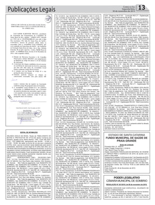 Publicações Legais 13Correio do Sul
Segunda-feira,
30 de novembro de 2015
EDITAL DE INTIMAÇÃO
ARLINDO EDÍLIO DA ROSA, Titular do TABELIONATO DE
NOTAS E PROTESTOS DE TÍTULOS desta Comarca de
Sombrio, situado na Av. Nereu Ramos, 1300 - Fone (48) 3533-
0318 - CEP 88960-000, atendimento das 08:00h - 12:00h e
14:00h - 18:00h, faz saber na forma da Lei aos que o presente
EDITAL virem, que se encontram nesse tabelionato para serem
protestados, decorrido o prazo legal de 03 (três) dias úteis, por
não terem sido encontrados nos endereços fornecidos, ou por se
recusarem a tomar conhecimento, os títulos cujos responsáveis
estão abaixo discriminados. Ficam esclarecidos, também, de que
nesse mesmo prazo poderão apresentar resposta escrita, que
não impedirá a lavratura do protesto.
PROT. APRESENTANTE / CNPJ DEVEDOR / CNPJ
Prot: 141104; Devedor(es): ADIR VUOLO MAGENIS -
480.137.909-59, End: Rua Pedro João Godinho, S/N, Sombrio;
Tip: Normal; Mot: Falta de pagamento; Ced: MUNICIPIO DE
SOMBRIO; Sac: MUNICIPIO DE SOMBRIO; Tit: 37/2015 ; Apr:
MUNICIPIO DE SOMBRIO; VEN: À VISTA; Esp: Certidão de
Dívida Ativa; Val: R$ 853,61 + Juros Legais (1% a.m.); Emol.:
R$ 46,96.Apontamento R$ 13,75 - Selo R$ 1,55 - Distribuição R$
0,00 - Diligência R$ 27,50 - Condução R$ 5,71 - Digitalização
R$ 0,00- Total Emolumentos R$ 46,96.
Prot: 141137; Devedor(es): ALORI MOTA CARDOSO -
509.488.659-20, End: Rua Julio Matias Cardoso, 23, Sombrio;
Tip: Normal; Mot: Falta de pagamento; Ced: MUNICIPIO DE
SOMBRIO; Sac: MUNICIPIO DE SOMBRIO; Tit: 81/2015 ; Apr:
MUNICIPIO DE SOMBRIO; VEN: À VISTA; Esp: Certidão de
Dívida Ativa; Val: R$ 515,58 + Juros Legais (1% a.m.); Emol.:
R$ 71,89.Apontamento R$ 13,75 - Selo R$ 1,55 - Distribuição R$
0,00 - Diligência R$ 42,20 - Condução R$ 15,94 - Digitalização
R$ 0,00- Total Emolumentos R$ 71,89.
Prot: 141165; Devedor(es): ANTONIO REGINALDO DOS
SANTOS - 695.133.259-20, End:Av. Quintino Manoel Domingos,
1317, Sombrio; Tip: Normal; Mot: Falta de pagamento; Ced:
MUNICIPIO DE SOMBRIO; Sac: MUNICIPIO DE SOMBRIO;
Tit: 121/2015 ; Apr: MUNICIPIO DE SOMBRIO; VEN: À VISTA;
Esp: Certidão de Dívida Ativa; Val: R$ 1.887,25 + Juros Legais
(1% a.m.); Emol.: R$ 46,96. Apontamento R$ 13,75 - Selo R$
1,55 - Distribuição R$ 0,00 - Diligência R$ 27,50 - Condução
R$ 5,71 - Digitalização R$ 0,00- Total Emolumentos R$ 46,96.
Prot: 141166; Devedor(es): ANTONIO REGINALDO DOS
SANTOS - 695.133.259-20, End:Av. Quintino Manoel Domingos,
1317, Sombrio; Tip: Normal; Mot: Falta de pagamento; Ced:
MUNICIPIO DE SOMBRIO; Sac: MUNICIPIO DE SOMBRIO;
Tit: 122/2015 ; Apr: MUNICIPIO DE SOMBRIO; VEN: À VISTA;
Esp: Certidão de Dívida Ativa; Val: R$ 1.118,79 + Juros Legais
(1% a.m.); Emol.: R$ 46,96. Apontamento R$ 13,75 - Selo R$
1,55 - Distribuição R$ 0,00 - Diligência R$ 27,50 - Condução
R$ 5,71 - Digitalização R$ 0,00- Total Emolumentos R$ 46,96.
Prot: 141167; Devedor(es): ANTONIO REGINALDO DOS
SANTOS - 695.133.259-20, End:Av. Quintino Manoel Domingos,
1317, Sombrio; Tip: Normal; Mot: Falta de pagamento; Ced:
MUNICIPIO DE SOMBRIO; Sac: MUNICIPIO DE SOMBRIO;
Tit: 123/2015 ; Apr: MUNICIPIO DE SOMBRIO; VEN: À VISTA;
Esp: Certidão de Dívida Ativa; Val: R$ 1.298,75 + Juros Legais
(1% a.m.); Emol.: R$ 46,96. Apontamento R$ 13,75 - Selo R$
1,55 - Distribuição R$ 0,00 - Diligência R$ 27,50 - Condução
R$ 5,71 - Digitalização R$ 0,00- Total Emolumentos R$ 46,96.
Prot: 141168; Devedor(es): ANTONIO REGINALDO DOS
SANTOS - 695.133.259-20, End:Av. Quintino Manoel Domingos,
1317, Sombrio; Tip: Normal; Mot: Falta de pagamento; Ced:
MUNICIPIO DE SOMBRIO; Sac: MUNICIPIO DE SOMBRIO;
Tit: 124/2015 ; Apr: MUNICIPIO DE SOMBRIO; VEN: À VISTA;
Esp: Certidão de Dívida Ativa; Val: R$ 42,54 + Juros Legais
(1% a.m.); Emol.: R$ 46,96. Apontamento R$ 13,75 - Selo R$
1,55 - Distribuição R$ 0,00 - Diligência R$ 27,50 - Condução
R$ 5,71 - Digitalização R$ 0,00- Total Emolumentos R$ 46,96.
Prot: 141198; Devedor(es): CLAUDIA BORBA DA SILVA -
494.728.609-15, End: Rua Imanuel Wurffel, 942, Sombrio; Tip:
Normal; Mot: Falta de pagamento; Ced: MUNICIPIO DE
SOMBRIO; Sac: MUNICIPIO DE SOMBRIO; Tit: 173/2015 ;
Apr: MUNICIPIO DE SOMBRIO; VEN: À VISTA; Esp: Certidão de
Dívida Ativa; Val: R$ 1.092,72 + Juros Legais (1% a.m.); Emol.:
R$ 46,96.Apontamento R$ 13,75 - Selo R$ 1,55 - Distribuição R$
0,00 - Diligência R$ 27,50 - Condução R$ 5,71 - Digitalização
R$ 0,00- Total Emolumentos R$ 46,96.
Prot: 141218; Devedor(es): DANIEL DA CUNHA RAMOS -
826.347.189-34, End: Rua Olavo Antonio dos Santos, 159,
Sombrio; Tip: Normal; Mot: Falta de pagamento; Ced:
MUNICIPIO DE SOMBRIO; Sac: MUNICIPIO DE SOMBRIO;
Tit: 187/2015 ; Apr: MUNICIPIO DE SOMBRIO; VEN: À VISTA;
Esp: Certidão de Dívida Ativa; Val: R$ 418,54 + Juros Legais
(1% a.m.); Emol.: R$ 54,62. Apontamento R$ 13,75 - Selo R$
1,55 - Distribuição R$ 0,00 - Diligência R$ 27,50 - Condução
R$ 13,37 - Digitalização R$ 0,00- Total Emolumentos R$ 54,62.
Prot: 141317; Devedor(es): EDEVALDO GUIMARAES DAROSA
- 612.869.589-20, End: Rua Imanuel Wurffel, 1220, Sombrio;
Tip: Normal; Mot: Falta de pagamento; Ced: MUNICIPIO DE
SOMBRIO; Sac: MUNICIPIO DE SOMBRIO; Tit: 236/2015 ;
Apr: MUNICIPIO DE SOMBRIO; VEN: À VISTA; Esp: Certidão
de Dívida Ativa; Val: R$ 690,02 + Juros Legais (1% a.m.); Emol.:
R$ 64,23.Apontamento R$ 13,75 - Selo R$ 1,55 - Distribuição R$
0,00 - Diligência R$ 42,20 - Condução R$ 8,28 - Digitalização
R$ 0,00- Total Emolumentos R$ 64,23.
Prot: 141318; Devedor(es): EDGAR DE OLIVEIRA SILVA -
560.330.879-68, End: Rua Alcides José Amorim, 46, Sombrio;
Tip: Normal; Mot: Falta de pagamento; Ced: MUNICIPIO DE
SOMBRIO; Sac: MUNICIPIO DE SOMBRIO; Tit: 238/2015 ;
Apr: MUNICIPIO DE SOMBRIO; VEN: À VISTA; Esp: Certidão de
Dívida Ativa; Val: R$ 1.222,93 + Juros Legais (1% a.m.); Emol.:
R$ 46,96.Apontamento R$ 13,75 - Selo R$ 1,55 - Distribuição R$
0,00 - Diligência R$ 27,50 - Condução R$ 5,71 - Digitalização
R$ 0,00- Total Emolumentos R$ 46,96.
Prot: 141342; Devedor(es): ELIEZER FERMIANO RODRIGUES
- 016.049.159-27, End: Av. Antonio Sant’Helena, 412, Sombrio;
Tip: Normal; Mot: Falta de pagamento; Ced: MUNICIPIO DE
SOMBRIO; Sac: MUNICIPIO DE SOMBRIO; Tit: 260/2015 ;
Apr: MUNICIPIO DE SOMBRIO; VEN: À VISTA; Esp: Certidão
de Dívida Ativa; Val: R$ 546,44 + Juros Legais (1% a.m.); Emol.:
R$ 46,96.Apontamento R$ 13,75 - Selo R$ 1,55 - Distribuição R$
0,00 - Diligência R$ 27,50 - Condução R$ 5,71 - Digitalização
R$ 0,00- Total Emolumentos R$ 46,96.
Prot: 141341; Devedor(es): ELIEZER FERMIANO RODRIGUES
- 016.049.159-27, End: Av. Antonio Sant’Helena, 412, Sombrio;
Tip: Normal; Mot: Falta de pagamento; Ced: MUNICIPIO DE
SOMBRIO; Sac: MUNICIPIO DE SOMBRIO; Tit: 259/2015 ;
Apr: MUNICIPIO DE SOMBRIO; VEN: À VISTA; Esp: Certidão
de Dívida Ativa; Val: R$ 149,46 + Juros Legais (1% a.m.); Emol.:
R$ 46,96.Apontamento R$ 13,75 - Selo R$ 1,55 - Distribuição R$
0,00 - Diligência R$ 27,50 - Condução R$ 5,71 - Digitalização
R$ 0,00- Total Emolumentos R$ 46,96.
Prot: 141343; Devedor(es): ELIEZER FERMIANO RODRIGUES
- 016.049.159-27, End: Av. Antonio Sant’Helena, 412, Sombrio;
Tip: Normal; Mot: Falta de pagamento; Ced: MUNICIPIO DE
SOMBRIO; Sac: MUNICIPIO DE SOMBRIO; Tit: 261/2015 ;
Apr: MUNICIPIO DE SOMBRIO; VEN: À VISTA; Esp: Certidão
de Dívida Ativa; Val: R$ 402,03 + Juros Legais (1% a.m.); Emol.:
R$ 46,96.Apontamento R$ 13,75 - Selo R$ 1,55 - Distribuição R$
0,00 - Diligência R$ 27,50 - Condução R$ 5,71 - Digitalização
R$ 0,00- Total Emolumentos R$ 46,96.
Prot: 141340; Devedor(es): ELIEZER FERMIANO RODRIGUES
- 016.049.159-27, End: Av. Antonio Sant’Helena, 412, Sombrio;
Tip: Normal; Mot: Falta de pagamento; Ced: MUNICIPIO DE
SOMBRIO; Sac: MUNICIPIO DE SOMBRIO; Tit: 258/2015 ;
Apr: MUNICIPIO DE SOMBRIO; VEN: À VISTA; Esp: Certidão de
Dívida Ativa; Val: R$ 1.149,08 + Juros Legais (1% a.m.); Emol.:
R$ 46,96.Apontamento R$ 13,75 - Selo R$ 1,55 - Distribuição R$
0,00 - Diligência R$ 27,50 - Condução R$ 5,71 - Digitalização
R$ 0,00- Total Emolumentos R$ 46,96.
Prot: 141392; Devedor(es): ELISEU DE OLIVEIRA BARBOSA -
674.482.679-49, End: RuaAntonio Inacio da Rosa, 973, Sombrio;
Tip: Normal; Mot: Falta de pagamento; Ced: MUNICIPIO DE
SOMBRIO; Sac: MUNICIPIO DE SOMBRIO; Tit: 266/2015 ;
Apr: MUNICIPIO DE SOMBRIO; VEN: À VISTA; Esp: Certidão de
Dívida Ativa; Val: R$ 1.121,50 + Juros Legais (1% a.m.); Emol.:
R$ 46,96.Apontamento R$ 13,75 - Selo R$ 1,55 - Distribuição R$
0,00 - Diligência R$ 27,50 - Condução R$ 5,71 - Digitalização
R$ 0,00- Total Emolumentos R$ 46,96.
Prot: 141396; Devedor(es): ENEDIR SILVA DO AMARAL -
905.245.359-49, End: Rua Demetrio José Coelho, 1588, Sombrio;
Tip: Normal; Mot: Falta de pagamento; Ced: MUNICIPIO DE
SOMBRIO; Sac: MUNICIPIO DE SOMBRIO; Tit: 272/2015 ;
Apr: MUNICIPIO DE SOMBRIO; VEN: À VISTA; Esp: Certidão
de Dívida Ativa; Val: R$ 434,98 + Juros Legais (1% a.m.); Emol.:
R$ 46,96.Apontamento R$ 13,75 - Selo R$ 1,55 - Distribuição R$
0,00 - Diligência R$ 27,50 - Condução R$ 5,71 - Digitalização
R$ 0,00- Total Emolumentos R$ 46,96.
Prot: 141405; Devedor(es): EVERALDO TERRES - 699.977.480-
34, End: Estrada Geral, s/n, Sombrio; Tip: Normal; Mot: Falta
de pagamento; Ced: LICO MATERIAIS DE CONSTRUÇÃO
LTDA ME; Sac: LICO MATERIAIS DE CONSTRUÇÃO LTDA
ME; Tit: D-019050 ; Apr: CAIXA ECONÔMICA FEDERAL; VEN:
15/11/2015; Esp: Duplicata de Venda Mercantil por Indicação;
Val: R$ 302,00 + Juros Legais (1% a.m.); Emol.: R$ 64,23.
Apontamento R$ 13,75 - Selo R$ 1,55 - Distribuição R$ 0,00
- Diligência R$ 42,20 - Condução R$ 8,28 - Digitalização R$
0,00- Total Emolumentos R$ 64,23.
Prot: 141275; Devedor(es): JEAN CARLOS COSTA- 072.506.929-
50, End: Rua Alvaro Silveira, 607, Sombrio; Tip: Normal; Mot:
Falta de pagamento; Ced: BANIP FOMENTO MERCANTIL;
Sac: CHARME & ELEGANCIA CONFECCOES LTDA ME; Tit:
289/02 ; Apr: BANCO BRADESCO S A ; VEN:
17/11/2015; Esp: Duplicata de Venda Mercantil por Indicação;
Val: R$ 1.116,67 + Juros Legais (1% a.m.); Emol.: R$ 46,96.
Apontamento R$ 13,75 - Selo R$ 1,55 - Distribuição R$ 0,00
- Diligência R$ 27,50 - Condução R$ 5,71 - Digitalização R$
0,00- Total Emolumentos R$ 46,96.
Prot: 141293; Devedor(es): MARCIA FELISBINO DOS ANJOS
- 038.276.439-02, End: Rua 3B, 131, Sombrio; Tip: Normal;
Mot: Falta de pagamento; Ced: MONSTRINHO IND E COM
DE CONFECCOES; Sac: MONSTRINHO IND E COM DE
CONFECCOES; Tit: 45946 ; Apr: FCDL; VEN: 06/08/2015; Esp:
Duplicata de Venda Mercantil por Indicação; Val: R$ 243,78
+ Juros Legais (1% a.m.); Emol.: R$ 54,62. Apontamento R$
13,75 - Selo R$ 1,55 - Distribuição R$ 0,00 - Diligência R$ 27,50
- Condução R$ 13,37 - Digitalização R$ 0,00- Total Emolumentos
R$ 54,62.
Prot: 141367; Devedor(es): TRANSPORTES E CONFECÇÕES
VR LTDA ME - 07.701.389/0001-41, End: Rua Artur Ferreira,
349, SOMBRIO; Tip: Normal; Mot: Falta de pagamento; Ced:
MEGAMÉRICA FOMENTO MERCANTIL LTDA; Sac: ALBRAS
- RNALUMINIOS; Tit: 2302 ;Apr: BANCO DO BRASIL SA; VEN:
17/11/2015; Esp: Duplicata de Venda Mercantil por Indicação;
Val: R$ 1.600,00 + Juros Legais (1% a.m.); Emol.: R$ 46,96.
Apontamento R$ 13,75 - Selo R$ 1,55 - Distribuição R$ 0,00
- Diligência R$ 27,50 - Condução R$ 5,71 - Digitalização R$
0,00- Total Emolumentos R$ 46,96.
Certifico, para os devidos fins, que o presente edital foi afixado
no mural da serventia em: 30/11/2015.
Sombrio - SC, 30/11/2015
ARLINDO EDÍLIO DA ROSA
ESTADO DE SANTA CATARINA
FUNDO MUNICIPAL DE SAÚDE DE
PRAIA GRANDE
Aviso de Licitação
Processo Adm. N. 19/2015
Edital: Pregão Presencial n. 07/2015
Tipo: Menor Preço Por Item
Objeto: AQUISIÇÃO PARCELADA DE MATERIAL DE HIGIENE
E LIMPEZA PARA O EXERCICIO DE 2016, de acordo com o
anexo a este edital.
Entrega dos Envelopes:14:00 horas do dia 11 de Dezembro de 2015.
AberturadosEnvelopes:14:00horasdodia11deDezembrode2015.
O Edital e esclarecimentos poderão ser obtidos no seguinte
endereço e horário: Rua Irineu Bornhausen, 320, nos dias úteis,
de segunda à sexta, das 13:00 às 19:00 ou pelo telefone 048
3532-0132.
Praia Grande-SC, 04 de Novembro de 2015.
Valcir Daros
Prefeito Municipal
RESOLUÇÃO N° 021/2015, de 09 de novembro de 2015.
EXONERA SERVIDOR QUE ESPECIFICA, OCUPANTE DE
CARGO COMISSIONADO.
Ademir Cardoso, Presidente da Câmara Municipal de Sombrio/
SC, no uso de suas atribuições regimentais, Resolve:
Art. 1º - Fica exonerado o Servidor DANGELO DA SILVA
SANTOS, portador do RG nº 4451457 e CPF nº 032.734.879-
PODER LEGISLATIVO
CÂMARAMUNICIPALDE SOMBRIO
 