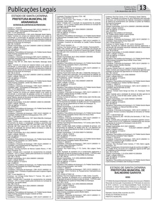 Publicações Legais 13Correio do Sul
Quarta-feira,
2 de dezembro de 2015
Estado dE santaCatarina
PrefeituraMuniciPal de
araranGuÁ
eXtratOS de cOntratOS da Prefeitura
Contrato n.º: 273/2015
Contratante: o Município deararanguá CnPJ: 82.911.249/0001-13
Contratado: sBM – sul Brasileira de Mineração Ltda
CnPJ: 14.779.384/0003-69
Endereço:ruaPedrorocha,n°643,centro,Maracajá,santaCatarina.
objeto: Contrato de compra de material britado a ser usado na
manutenção e conservação de estradas vicinais do município de
Araranguá,conformeconvênion°2797/2014,firmadaentreoEstadode
santa Catarina, através da secretaria de Estado de desenvolvimento
regional do Município deararanguá.
Valor: r$ 119.896,67
dotação orçamentária: 10.02.2027.33900001.33900132.33903099
origem: Licitação 108/2015
Prazo de vigência: 31/12/2015
data: 26/08/2015
signatários:Pelaprefeituradeararanguá,o sr.Prefeito sandroMaciel
e pela empresa contratadaazenir Locks.
Contrato n.º: 274/2015
Contratante: o Município deararanguá CnPJ: 82.911.249/0001-13
Contratado:MaracajaComerciodeMaterialparaConstruçãoLtdaME
CnPJ: 18.513.056/0001-05
Endereço: rod. Br 101, 2004, Bairro Vila Beatriz, Maracajá, santa
Catarina.
objeto: Contrato de compra de material britado a ser usado na
manutenção e conservação de estradas vicinais do município de
Araranguá,conformeconvênion°2797/2014,firmadaentreoEstadode
santa Catarina, através da secretaria de Estado de desenvolvimento
regional do Município deararanguá.
Valor: r$ 33.304,53
dotação orçamentária: 10.02.2027.33900001.33900132.33903099
origem: Licitação 108/2015
Prazo de vigência: 31/12/2015
data: 26/08/2015
signatários:Pelaprefeituradeararanguá,o sr.Prefeito sandroMaciel
e pela empresa contratada Janete ines Weber Eckert.
Contrato n.º: 275/2015
Contratante: o Município deararanguá - CnPJ: 82.911.249/0001-13
Contratado: sBM – sul Brasileira de Mineração Ltda
CnPJ: 14.779.384/0003-69
Endereço:ruaPedrorocha,n°643,centro,Maracajá,santaCatarina.
objeto: Contrato de compra de material britado a ser usado na
manutenção e conservação de estradas vicinais do município de
Araranguá,conformeconvênion°2797/2014,firmadaentreoEstadode
santa Catarina, através da secretaria de Estado de desenvolvimento
regional do Município deararanguá.
Valor: r$ 99.999,72
dotação orçamentária: 10.02.2027.33900001.33900132.33903099
origem: Licitação 108/2015
Prazo de vigência: 31/12/2015
data: 26/08/2015
signatários:Pelaprefeituradeararanguá,o sr.Prefeito sandroMaciel
e pela empresa contratada azenir Locks.
Contrato n.º: 276/2015
Contratante: o Município deararanguá - CnPJ: 82.911.249/0001-13
Contratado: Retifica De MotoresAraranguaense LTDA– EPP.
CnPJ: 73.220.048/001-89
Endereço:ruaantonioBertoncine,1307,BairroMatoalto,araranguá,
santa Catarina.
objeto: Contrato para a execução de serviços necessários, com
fornecimento de peças, a manutenção corretiva e preventiva dos
seguintes veículos: caminhão MB1718, placa MKt 9120, ano 2006,
caminhão MB 1620, placa MCC 4143, ano 2003, motor oM 366,
utilizados na realização dos serviços diários de limpeza e coleta do
lixo, no município deararanguá.
Valor: r$ 54.742,00
dotação orçamentária: 09.01.2022.33900001.33903919
origem: Licitação 106/2015
Prazo de vigência: 31/12/2015
data: 27/08/2015
signatários:Pelaprefeituradeararanguá,o sr.Prefeito sandroMaciel
e pela empresa contratada Luiz Carlos teixeira.
Contrato n.º: 277/2015
Contratante: o Município deararanguá - CnPJ: 82.911.249/0001-13
Contratado: Cenci Equipamentos de segurança Ltda.
CnPJ: 94.987.930/0001-24
Endereço: avenida Humberto de alencar Castelo Branco, nº 940,
Bento Gonçalves, rs.
objeto: Contrato para a aquisição de equipamentos de proteção
individual – EPi´s, a serem usados pelos servidores do município de
araranguá, nas tarefas diárias.
Valor: r$ 11.353,50
dotação orçamentária: 09.01.2024.33900001.33903028
origem: Licitação 89/2015
Prazo de vigência: 31/12/2015
data: 31/08/2015
signatários:Pelaprefeituradeararanguá,o sr.Prefeito sandroMaciel
e pela empresa contratada Joni Edison Baumgardt.
Contrato n.º: 278/2015
Contratante: o Município deararanguá - CnPJ: 82.911.249/0001-13
Contratado:dicril–Produtos e Equipamentos paraLimpezae Higiene
LtdaEPP
CnPJ: 10.442.984/0001-14
Endereço: rua Cônego anibal Maria d´ Francia, 150, sala 01,
Pinheirinho, Criciúma, sC.
objeto: Contrato para a aquisição de equipamentos de proteção
individual – EPi´s, a serem usados pelos servidores do município de
araranguá, nas tarefas diárias.
Valor: r$ 3.792,50
dotação orçamentária: 09.01.2024.33900001.33903028
origem: Licitação 89/2015
Prazo de vigência: 31/12/2015
data: 31/08/2015
signatários:Pelaprefeituradeararanguá,o sr.Prefeito sandroMaciel
e pela empresa contratada douglas Custodio da rosa.
Contrato n.º: 279/2015
Contratante: o Município deararanguá - CnPJ: 82.911.249/0001-13
Contratado: Floricultura Fermiano Ltda– ME
CnPJ: 13.493.857/0001-32
Endereço: rua amaro José Pereira, nº 2055, bairro Coloninha,
araranguá, santa Catarina.
objeto: Contrato para a aquisição de equipamentos de proteção
individual – EPi´s, a serem usados pelos servidores do município de
araranguá, nas tarefas diárias.
Valor: r$ 8.246,60
dotação orçamentária: 09.01.2024.33900001.33903028
origem: Licitação 89/2015
Prazo de vigência: 31/12/2015
data: 01/09/2015
signatários:Pelaprefeituradeararanguá,o sr.PrefeitosandroMaciel
e pela empresa contratada Ueslem Fermiano de oliveira.Contrato n.º:
280/2015
Contratante: o Município deararanguá - CnPJ: 82.911.249/0001-13
Contratado: Consórcio de informática na Gestão Pública Municipal
(CiGa)
CnPJ: 09.427.503/0001-12
Endereço: rua santos saraiva, nº 1.546, Estreito, Florianópolis/sC.
objeto: Este contrato tem por objeto a contratação dos serviços de
tecnologiadainformação,noâmbitodoProgramadeGestãotributária
aprovado pelo CiGa, envolvendo os acessos ao rEGin e ao simples
nacional.
Valor: r$ 4.660,00
dotação orçamentária: 06.01.2042.33930001.33933900
origem: Licitação 120/2015
Prazo de vigência: 31/12/2015
data: 02/09/2015
signatários:Pelaprefeituradeararanguá,o sr.PrefeitosandroMaciel
e pela empresa contratada Gilsoni Lunardialbino.
Contrato n.º: 281/2015
Contratante: o Município deararanguá - CnPJ: 82.911.249/0001-13
Contratado: Pavimentadora Jeremias Ltda
CnPJ: 05.763.785/0001-78
Endereço:ruaErnestoGrechi,290,sala1,Cidadealta,araranguá,sC.
objeto: Contrato para a execução, com fornecimento de materiais, de
galeria pluvial em concreto armado a ser construída na travessia da
rua rui Barbosa - Centro -araranguá - sC
Valor: r$ 101.457,90
dotação orçamentária: 09.01.1003.44900001.44905199
origem: Licitação 113/2015
Prazo de vigência: 31/12/2015
data: 03/09/2015
signatários:Pelaprefeituradeararanguá,o sr.PrefeitosandroMaciel
e pela empresa contratada reginaldo Jeremias.
Contrato n.º: 282/2015
Contratante: o Município deararanguá - CnPJ: 82.911.249/0001-13
Contratado: Gálatas Bureau de Midia LtdaME
CnPJ: 06.286.545/0001-92
Endereço:avsetedesetembro,n°2909,fundos,bairroVilasãoJosé,
araranguá- sC.
objeto: Contrato de prestação de serviços objetivando a realização,
com fornecimento de materiais, do desfile cívico de 7 de Setembro em
alusão ao dia da independência do Brasil, emararanguá. sC.
Valor: r$ 15.010,00
dotação orçamentária: 11.05.2038.33900114.33903923
origem: Licitação 118/2015
Prazo de vigência: 31/12/2015
data: 03/09/2015
signatários:Pelaprefeituradeararanguá,o sr.PrefeitosandroMaciel
e pela empresa contratada Zelmar inácio de souza Vieira.
Contrato n.º: 283/2015
Contratante: o Município deararanguá - CnPJ: 82.911.249/0001-13
Contratado: somvério sonalizações e Eventos Ltda
CnPJ: 03.447.697/0001-31
Endereço:ruasantoniniosilvérioBento,n°97,fundos,bairroVilaFlor,
Capivari de Baixo, sC.
objeto: Constitui objeto deste contrato a prestação de serviços, com
fornecimento de materiais, do desfile cívico de 7 de Setembro em
alusão ao dia da independência do Brasil, na cidade deararanguá.
Valor: r$ 10.000,00
dotação orçamentária: 11.05.2038.33900114.33903923
origem: Licitação 118/2015
Prazo de vigência: 31/12/2015
data: 03/09/2015
signatários:Pelaprefeituradeararanguá,o sr.PrefeitosandroMaciel
e pela empresa contratada Fabiano Morais Bento.
Contrato n.º: 284/2015
Contratante: o Município deararanguá - CnPJ: 82.911.249/0001-13
Contratado:ateky informática LtdaEPP
CnPJ: 03.925.659/0001-47
Endereço: rua Padre auling, nº 173, Centro, são Ludgero, santa
Catarina.
objeto: aquisição de aparelhos de ar condicionado objetivando a
refrigeração da sala de reuniões do setor de trânsito - CoPoM e setor
de planejamento do quartel da Polícia Militar deararanguá.
Valor: r$ 1.800,00
dotação orçamentária: 14.01.2050.44900028.44905299
origem: Licitação 115/2015
Prazo de vigência: 31/12/2015
data: 23/09/2015
signatários:Pelaprefeituradeararanguá,o sr.PrefeitosandroMaciel
e pela empresa contratada Joel Hobold.
Contrato n.º: 285/2015
Contratante: o Município deararanguá - CnPJ: 82.911.249/0001-13
Contratado: VMLX Comércio de Equipamentos Eletroeletrônicos
Ltda–ME
CnPJ: 09.800.477/0001-40
Endereço: rua Frei Gregório dal Molt, nº 1489, Centro, turvo/sC.
objeto: aquisição de aparelhos de ar condicionado objetivando a
refrigeração da sala de reuniões do setor de trânsito - CoPoM e setor
de planejamento do quartel da Polícia Militar deararanguá.
Valor: r$ 2.130,00
dotação orçamentária: 14.01.2050.44900028.44905299
origem: Licitação 115/2015
Prazo de vigência: 31/12/2015
data: 23/09/2015
signatários:Pelaprefeituradeararanguá,o sr.PrefeitosandroMaciel
e pela empresa contratada Leandro Berdini idalino.
Contrato n.º: 286/2015
Contratante: o Município deararanguá - CnPJ: 82.911.249/0001-13
Contratado: Juliandro Coelho Jacques ME
CnPJ: 05.584.531/0001-92
Endereço: rua dos Cravos, nº 412,araranguá, santa Catarina.
objeto: Contratação de empresa do ramo pertinente para execução
de serviços, com fornecimento de materiais, necessários à instalação
de sistema de monitoramento com câmeras no prédio da Prefeitura
Municipal deararanguá.
Valor: r$ 10.682,84
dotação orçamentária: 05.03.2014.33900001.33903099.33903999
origem: Licitação 124/2015
Prazo de vigência: 31/12/2015
data: 30/09/2015
signatários: Pela prefeitura deararanguá,
o sr. Prefeito sandro Maciel e pela empresa
contratada Juliandro Coello Jacques.
Contrato n.º: 287/2015
Contratante: o Município deararanguá - CnPJ: 82.911.249/0001-13
Contratado: dianeandrea tomaz scaini EPP
CnPJ: 95.840.583/0001-75
Endereço:av Getúlio Vargas. n° 227, centro,araranguá sC.
objeto: aquisição de materiais esportivos diversos objetivando a
manutenção das atividades esportivas realizadas pela subsecretaria
de Esporte deste município.
Valor: r$ 34.526,60
dotação orçamentária: 01.05.2005.33900001.33903014
origem: Licitação 117/2015
Prazo de vigência: 31/12/2015
data: 06/10/2015
signatários:Pelaprefeituradeararanguá,o sr.PrefeitosandroMaciel
e pela empresa contratada dianeandréia tomaz scaini.
Contrato n.º: 288/2015
Contratante: o Município deararanguá - CnPJ: 82.911.249/0001-13
Contratado:antônio Hamilton Barbosa
CPF: 707.558.849-49
Endereço: Estrada Geral, s/n, Lagoa do Caverá,araranguá, sC.
objeto: Contrato para aluguel de trator e implementos agrícolas para
prestação de serviços aos agricultores do município deararanguá.
Valor: r$ 1.600,00
dotação orçamentária: 10.01.2026.33900000
origem: Licitação 30/2015
Prazo de vigência: 31/12/2015
data: 08/10/2015
signatários:Pelaprefeituradeararanguá,o sr.PrefeitosandroMaciel
e como contratado ao sr.antônio Hamiltom Barbosa.
Contrato n.º: 289/2015
Contratante: o Município deararanguá - CnPJ: 82.911.249/0001-13
Contratado: Manuel normélio da silva
CPF: 715.638.909-25
Endereço: Estrada Geral sanga da areia, s/n, araranguá, santa
Catarina.
objeto: Contrato para a prestação de serviços de trator agrícola de
pneus, LotE 06 - horas de trator (arado / grade), Polo 07.
Valor: r$ 5.400,00
dotação orçamentária: 10.01.2026.33900001.33903999
origem: Licitação 30/2015
Prazo de vigência: 31/12/2015
data: 08/10/2015
signatários:Pelaprefeituradeararanguá,o sr.PrefeitosandroMaciel
e como contratado o sr. Manuel normélio da silva.
Contrato n.º: 290/2015
Contratante: o Município deararanguá - CnPJ: 82.911.249/0001-13
Contratado: romano Comércio atacadista de derivados de Petróleo
Ltda
CnPJ: 11.496.657/0001-08
Endereço: rodovia sC 285 – KM 038 Linha seminário, nº. 550,turvo,
santa Catarina.
objeto: Contrato para a aquisição de combustível (gasolina comum,
óleo diesel comum e s10), objetivando o abastecimento dos veículos
e máquinas do município deararanguá no ano de 2015.
Valor: r$ 193.066,50
dotação orçamentária: 09.01.2021.33900001. 09
.02.2023.33900001. 10.02.2027.33900001.33903001
origem: Licitação 216/2014
Prazo de vigência: 31/12/2015
data: 19/10/2015
signatários:Pelaprefeituradeararanguá,o sr.PrefeitosandroMaciel
e pela empresa contratada Felipe dagostin.
Contrato n.º: 291/2015
Contratante: o Município deararanguá - CnPJ: 82.911.249/0001-13
Contratado: Comércio de gásanastácio Ltda ME
CnPJ: 11.042.552/0001-89
Endereço: rod. Municipal Carlos Cardoso, nº 1542, Bairro Lagoão,
araranguá – sC.
objeto:Contratoparaofornecimentodegásdecozinha,embotijão13
Kg e botijão 45 Kg, de acordo com a legislação vigente da anP, para
as instalações da administração municipal.
Valor: r$ 13.785,75
dotação orçamentária: 11.03.2034.33900116.33903004
origem: Licitação 208/2015
Prazo de vigência: 31/12/2015
data: 28/10/2015
signatários:Pelaprefeituradeararanguá,o sr.PrefeitosandroMaciel
e pela empresa contratada Joãoarcenegoanastácio.
Estado dE santa Catarina
Prefeitura MuniciPal de
BalneÁriO GaiVOta
aViSO
o Prefeito Municipal de Balneário Gaivota comunica que o relatório
resumido da Execução orçamentária do 5º Bimestre do exercício
de 2015, conforme Lei de responsabilidade Fiscal, encontra-se
publicado no Mural Público desta Prefeitura e a disposição dos
interessados, junto a secretaria de administração e Finanças.
Balneário Gaivota,30de novembro de 2015.
ronaLdo PErEira da siLVa
PrEFEito MUniCiPaL
 