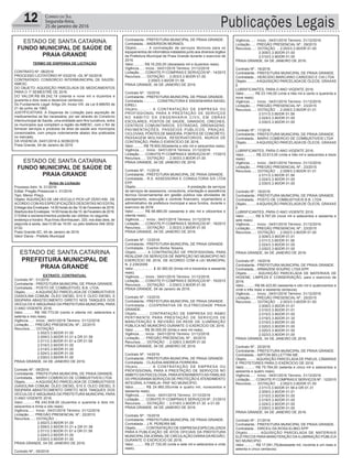 12 Correio do Sul
Segunda-feira,
25 de janeiro de 2016 Publicações Legais
ESTADO DE SANTA CATARINA
FUNDO MUNICIPAL DE SAÚDE DE
PRAIA GRANDE
TERMO DE DISPENSA DE LICITAÇÃO
CONTRATO Nº. 08/2016
PROCESSO LICITATÓRIO Nº 03/2016 –DL Nº 02/2016
CONTRATADO: CONSORCIO INTERMUNICIPAL DE SAÚDE-
AMESC
DO OBJETO: AQUISIÇÃO PARCELADA DE MEDICAMENTOS
PARA O 1º SEMESTRE DE 2016.
DO VALOR:R$ 89.242,19 (oitenta e nove mil e duzentos e
quarenta e dois reais e dezenove centavos).
Do Fundamento Legal: Artigo 24, Inciso VIII, da Lei 8.666/93 de
21 de junho de 1993.
JUSTIFICATIVAS: A Dispensa de Licitação para aquisição de
medicamentos se faz necessária, por ser através do Consórcio
Intermunicipal de Saúde, uma entidade sem fins lucrativos, entre
os municípios que compõem a região da AMESC, com o fim de
fornecer serviços e produtos da área da saúde aos municípios
consorciados, com preços notoriamente abaixo dos praticados
no mercado.
DA VIGENCIA: 04/01/2016 à 30/06/2016.
Praia Grande, 04 de Janeiro de 2016
ESTADO DE SANTA CATARINA
FUNDO MUNICIPAL DE SAÚDE DE
PRAIA GRANDE
Aviso de Licitação
Processo Adm. N. 01/2016
Edital: Pregão Presencial n. 01/2016
Tipo: Menor Preço
Objeto: AQUISIÇÃO DE UM VEICULO PICK-UP ZERO KM, DE
ACORDO COMAS ESPECIFICAÇÕES DESCRITAS NO EDITAL
Entrega dos Envelopes: 14:00 horas do dia 10 de Fevereiro de 2016.
AberturadosEnvelopes:14:00horasdodia10 deFevereirode2016.
O Edital e esclarecimentos poderão ser obtidos no seguinte
endereço e horário: Rua Irineu Bornhausen, 320, nos dias úteis, de
segunda à sexta, das13:00 às 19:00 ou pelo telefone 048 3532-
0132.
Praia Grande-SC, 04 de Janeiro de 2016.
Valcir Daros - Prefeito Municipal
ESTADO DE SANTA CATARINA
PREFEITURA MUNICIPAL DE
PRAIA GRANDE
EXTRATO CONTRATUAL
Contrato Nº.: 01/2016
Contratante.: PREFEITURA MUNICIPAL DE PRAIA GRANDE.
Contratada..: POSTO DE COMBUSTIVEL B.B. LTDA.
Objeto.........: A AQUISIÇÃO PARCELADA DE COMBUSTIVEIS
(GASOLINA COMUM, OLEO DIESEL S10 E OLEO DIESEL S
500)PARA ABASTECIMENTO DIRETO NOS TANQUES DOS
VEICULOS E MÁQUINAS DA PREFEITURA MUNICIPAL PARA
O ANO VIGENTE 2016.
Valor..........: R$ 180.773,00 (cento e oitenta mil, setecentos e
setenta e tres reais).
Vigência.....: Início : 04/01/2016 Término: 31/12/2016
Licitação.....: PREGÃO PRESENCIAL Nº.: 22/2015
Recursos.....: DOTAÇÃO :.
2.002/3.3.90/DR 01.00
2.009/3.3.90/DR 01.01 e DR 01.58
2.011/3.3.90/DR 01.61 e DR 01.58
2.016/3.3.90/DR 01.00
2.019/3.3.90/DR 01.00
2.024/3.3.90/DR 01.00
2.030/3.3.90/DR 01.00
PRAIA GRANDE, 04 DE JANEIRO DE 2016.
Contrato Nº.: 08/2016
Contratante.: PREFEITURA MUNICIPAL DE PRAIA GRANDE.
Contratada..: MARVI COMERCIO DE COMBUSTIVEIS LTDA
Objeto.........: A AQUISIÇÃO PARCELADA DE COMBUSTIVEIS
(GASOLINA COMUM, OLEO DIESEL S10 E OLEO DIESEL S
500)PARA ABASTECIMENTO DIRETO NOS TANQUES DOS
VEICULOS E MÁQUINAS DA PREFEITURA MUNICIPAL PARA
O ANO VIGENTE 2016.
Valor..........: R$ 242.638,00 (duzentos e quarenta e dois mil,
seiscentos e trinta e oito reais).
Vigência.....: Início : 04/01/2016 Término: 31/12/2016
Licitação.....: PREGÃO PRESENCIAL Nº.: 22/2015
Recursos.....: DOTAÇÃO :.
2.002/3.3.90/DR 01.00
2.009/3.3.90/DR 01.01 e DR 01.58
2.011/3.3.90/DR 01.61 e DR 01.58
2.024/3.3.90/DR 01.00
2.030/3.3.90/DR 01.00
PRAIA GRANDE, 04 DE JANEIRO DE 2016.
Contrato Nº.: 09/2016
Contratante.: PREFEITURA MUNICIPAL DE PRAIA GRANDE.
Contratada..: ANDERSON MORAES.
Objeto.........: A contratação de serviços técnicos para os
equipamentos de informática instalados junto aos diversos órgãos
da Prefeitura Municipal de Praia Grande durante o exercício de
2016.
Valor..........: R$ 16.200,00 (dezesseis mil e duzentos reais).
Vigência.....: Início : 04/01/2016 Término: 31/12/2016
Licitação.....: CONVITE P/ COMPRAS E SERVIÇOS Nº.: 14/2015
Recursos.....: DOTAÇÃO :. 2.003/3.3.90/DR 01.00
2.009/3.3.90/DR 01.58
PRAIA GRANDE, 04 DE JANEIRO DE 2016.
Contrato Nº.: 10/2016
Contratante.: PREFEITURA MUNICIPAL DE PRAIA GRANDE.
Contratada..: .......... CONSTRUTORA E ENGENHARIA NAGEL
EIRELI.
Objeto.........: A CONTRATAÇÃO DE EMPRESA OU
PROFISSIONAL PARA A PRESTAÇÃO DE SERVIÇOS
NO AMBITO DA ENGENHARIA CIVIL EM OBRAS
ESCOLARES, POSTOS DE SAUDE, GINASIOS, CRECHES,
CENTROS COMUNITARIOS, ESTRADAS, DRENAGENS,
PAVIMENTAÇÕES, PASSEIOS PUBLICOS, PRAÇAS,
CICLOVIAS, PONTES DE MADEIRA, PONTES DE CONCRETO,
PASSAGEM MOLHADA, RESERVATORIOS, MUROS DE
CONTENÇÃO, PARA O EXERCÍCIO DE 2016.
Valor..........:R$ 78.600,00(setenta e oito mil e seiscentos reais).
Vigência.....: Início : 04/01/2016 Término: 31/12/2016
Licitação.....: CONVITE P/ COMPRAS E SERVIÇOS Nº.: 17/2015
Recursos.....: DOTAÇÃO :. 2.003/3.3.90/DR 01.00
PRAIA GRANDE, 04 DE JANEIRO DE 2016.
Contrato Nº.: 11/2016
Contratante.: PREFEITURA MUNICIPAL DE PRAIA GRANDE.
Contratada..: R.S. ASSESSORIA E CONSULTORIA S/S LTDA
EPP.
Objeto.........:......................................... A prestação de serviços
de serviços de assessoria, consultoria, orientação e assistência
técnica Governamental em gestão pública nas atividades de
planejamento, execução e controle financeiro, orçamentário e
administrativo da prefeitura municipal e seus fundos, durante o
exercício de 2016.
Valor..........: R$ 68.880,00 (sessenta e oito mil e oitocentos e
oitenta reais).
Vigência.....: Início : 04/01/2016 Término: 31/12/2016
Licitação.....: CONVITE P/ COMPRAS E SERVIÇOS Nº.: 18/2015
Recursos.....: DOTAÇÃO :. 2.003/3.3.90/DR 01.00
PRAIA GRANDE, 04 DE JANEIRO DE 2016.
Contrato Nº.: 12/2016
Contratante.: PREFEITURA MUNICIPAL DE PRAIA GRANDE.
Contratada..: Everton Borba Teixeira.
Objeto.........: A CONTRATAÇÃO DE PROFISSIONAL PARA
REALIZAR OS SERVIÇOS DE INSPEÇÃO NO MUNICIPIO NO
EXERCÍCIO DE 2016, DE ACORDO COM A LEI MUNICIPAL
N. 2.239/2009.
Valor..........: ........ $ 30.360,00 (trinta mil e trezentos e sessenta
reais).
Vigência.....: Início : 04/01/2016 Término: 31/12/2016
Licitação.....: CONVITE P/ COMPRAS E SERVIÇOS Nº.: 16/2015
Recursos.....: DOTAÇÃO :. 2.030/3.3.90/DR 01.00
PRAIA GRANDE, 04 de Janeiro de 2016.
Contrato Nº.: 13/2016
Contratante.: PREFEITURA MUNICIPAL DE PRAIA GRANDE.
Contratada..: COOPERATIVA DE ELETRECIDADE PRAIA
GRANDE.
Objeto.........: CONTRATAÇÃO DE EMPRESA DO RAMO
PERTINENTE PARA PRESTAÇÃO DE SERVIÇOS DE
MANUTENÇÃO E REVISÃO DA REDE DE ILUMINAÇÃO
PÚBLICA NO MUNICÍPIO DURANTE O EXERCÍCIO DE 2016.
Valor..........: R$ 36.000,00 (trinta e seis mil reais).
Vigência.....: Início : 04/01/2016 Término: 31/12/2016
Licitação.....: PREGÃO PRESENCIAL Nº.: 30/2015
Recursos.....: DOTAÇÃO :. 2.026/3.3.90/DR 01.00
PRAIA GRANDE, 04 DE JANEIRO DE 2016.
Contrato Nº.: 14/2016
Contratante.: PREFEITURA MUNICIPAL DE PRAIA GRANDE.
Contratada..: CLAUDIA ANDREIA FERREIRA.
Objeto.........: A CONTRATAÇÃO DE EMPRESA OU
PROFISSIONAL PARA A PRESTAÇÃO DE SERVIÇOS NO
AMBITO DA PSICOLOGIA, PARAATENDIMENTO AS FAMILIAS
DO PROGRAMASERVIÇOS DE PROTEÇÃO EATENDIMENTO
INTEGRAL A FAMILIA- PAIF NO MUNICIPIO.
Valor..........: R$ 24.960,00(vinte e quatro mil, novecentos e
sessenta reais).
Vigência.....: Início : 04/01/2016 Término: 31/12/2016
Licitação.....: CONVITE P/ COMPRAS E SERVIÇOS Nº.: 21/2015
Recursos.....: DOTAÇÃO :. 2.019/3.3.90/DR 01.30 e 01.00
PRAIA GRANDE, 04 DE JANEIRO DE 2016.
Contrato Nº.: 15/2016
Contratante.: PREFEITURA MUNICIPAL DE PRAIA GRANDE.
Contratada..: J.R. PEREIRA ME
Objeto.........: CONTRATAÇÃO DE EMPRESA ESPECIALIZADA
PARA A PUBLICAÇÃO DE ATOS OFICIAIS DA PREFEITURA
MUNICIPALEM JORNALDE CIRCULAÇÃO DIÁRIADAREGIÃO,
DURANTE O EXERCICIO DE 2016.
Valor..........: R$ 27.720,00 (vinte e sete mil e setecentos e vinte
reais).
Vigência.....: Início : 04/01/2016 Término: 31/12/2016
Licitação.....: PREGÃO PRESENCIAL Nº.: 29/2015
Recursos.....: DOTAÇÃO :. 2.003/3.3.90/DR 01.00
2.009/3.3.90/DR 01.00
2.010/3.3.90/DR 01.00
PRAIA GRANDE, 04 DE JANEIRO DE 2016.
Contrato Nº.: 16/2016
Contratante.: PREFEITURA MUNICIPAL DE PRAIA GRANDE.
Contratada..: HERCIDIO MARCIANO CARDOSO E CIA LTDA
Objeto.........: AAQUISIÇÃO PARCELADA DE ÓLEOS, GRAXAS
E
LUBRIFICANTES, PARA O ANO VIGENTE 2016.
Valor..........: R$ 23.149,00 (vinte e três mil e cento e quarenta e
nove reais).
Vigência.....: Início : 04/01/2016 Término: 31/12/2016
Licitação.....: PREGÃO PRESENCIAL Nº.: 23/2015
Recursos.....: DOTAÇÃO :. 2.009/3.3.90/DR 01.01
2.011/3.3.90/DR 01.58
2.024/3.3.90/DR 01.00
2.030/3.3.90/DR 01.00
Contrato Nº.: 17/2016
Contratante.: PREFEITURA MUNICIPAL DE PRAIA GRANDE.
Contratada..: MARVI COMERCIO DE COMBUSTIVEIS LTDA
Objeto.........: AAQUISIÇÃO PARCELADA DE ÓLEOS, GRAXAS
E
LUBRIFICANTES, PARA O ANO VIGENTE 2016.
Valor..........: .R$ 23.613,00 (vinte e três mil e seiscentos e treze
reais).
Vigência.....: Início : 04/01/2016 Término: 31/12/2016
Licitação.....: PREGÃO PRESENCIAL Nº.: 23/2015
Recursos.....: DOTAÇÃO :. 2.009/3.3.90/DR 01.01
2.011/3.3.90/DR 01.58
2.024/3.3.90/DR 01.00
2.030/3.3.90/DR 01.00
Contrato Nº.: 18/2016
Contratante.: PREFEITURA MUNICIPAL DE PRAIA GRANDE.
Contratada..: POSTO DE COMBUSTIVEIS B.B. LTDA
Objeto.........: AAQUISIÇÃO PARCELADA DE ÓLEOS, GRAXAS
E
LUBRIFICANTES, PARA O ANO VIGENTE 2016.
Valor..........: R$ 9.767,00 (nove mil e setecentos e sessenta e
sete reais).
Vigência.....: Início : 04/01/2016 Término: 31/12/2016
Licitação.....: PREGÃO PRESENCIAL Nº.: 23/2015
Recursos.....: DOTAÇÃO :. 2.002/3.3.90/DR 01.00
2.009/3.3.90/DR 01.01
2.011/3.3.90/DR 01.58
2.024/3.3.90/DR 01.00
2.030/3.3.90/DR 01.00
PRAIA GRANDE, 04 DE JANEIRO DE 2016.
Contrato Nº.: 19/2016
Contratante.: PREFEITURA MUNICIPAL DE PRAIA GRANDE.
Contratada..: ARMAZEM SOUPAC LTDA EPP.
Objeto.........: AQUISIÇÃO PARCELADA DE MATERIAIS DE
HIGIENE, LIMPEZA E CONSERVAÇÃO, para o exercício de
2016.
Valor..........:R$ 68.423,60 (sessenta e oito mil e quatrocentos e
vinte e três reais e sessenta centavos).
Vigência.....: Início : 04/01/2016 Término: 31/12/2016
Licitação.....: PREGÃO PRESENCIAL Nº.: 25/2015
Recursos.....: DOTAÇÃO :. 2.003/3.3.90/DR 01.00
2.009/3.3.90/DR 01.01
2.010/3.3.90/DR 01.01
2.015/3.3.90/DR 01.00
2.019/3.3.90/DR 01.30
2.019/3.3.90/DR 01.00
2.020/3.3.90/DR 01.00
2.020/3.3.90/DR 01.50
2.023/3.3.90/DR 01.00
PRAIA GRANDE, 04 DE JANEIRO DE 2016.
Contrato Nº.: 20/2016
Contratante.: PREFEITURA MUNICIPAL DE PRAIA GRANDE.
Contratada..: AIRTON BELLETTINI ME.
Objeto.........: AQUISIÇÃO PARCELADA DE PNEUS, CÂMARAS
E PROTETORES PARA O EXERCÍCIO DE 2016.
Valor..........: R$ 75.764,00 (setenta e cinco mil e setecentos e
sessenta e quatro reais).
Vigência.....: Início : 04/01/2016 Término: 31/12/2016
Licitação.....: CONVITE P/ COMPRAS E SERVIÇOS Nº.: 12/2015
Recursos.....: DOTAÇÃO :. 2.002/3.3.90/DR 01.00
2.011/3.3.90/DR 01.58 e DR 01.31
2.009/3.3.90/DR 01.01
2.015/3.3.90/DR 01.00
2.019/3.3.90/DR 01.00
2.024/3.3.90/DR 01.00
2.030/3.3.90/DR 01.00
PRAIA GRANDE, 04 DE JANEIRO DE 2016.
Contrato Nº.: 21/2016
Contratante.: PREFEITURA MUNICIPAL DE PRAIA GRANDE.
Contratada..: DIRCEU DA ROSA ELIBIO EPP
Objeto.........: AQUISIÇÃO PARCELADA DE MATERIAIS
ELÉTRICOS PARA MANUTENÇÃO DA ILUMINAÇÃO PÚBLICA
NO MUNICIPIO.
Valor..........: R$ 17.091,75(dezessete mil, noventa e um reais e
setenta e cinco centavos)
 