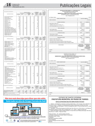 16 Correio do Sul
Quinta-feira,
28 de janeiro de 2016 Publicações Legais
ESTADO DE SANTA CATARINA
PREFEITURA MUNICIPAL DE PASSO DE TORRES
EDITAL DE PROCESSO SELETIVO SIMPLIFICADO Nº 001/2016
1 – Objetivo: Contratação de pessoal por tempo determinado, a fim de atuar como, Motorista de
Veículo em Geral e Arquiteto, nas Secretarias Municipais do Município de Passo de Torres.
2 – Amparo Legal: Leis Municipais nº 5l3 de 25 de agosto de 2005, 737 de 29 de abril de 2011 e 990
de 06 de maio 2015.
3 - Inscrições: no dia 05 de fevereiro de 2016, das 13h e 30 min às 18h e 30 min, na Prefeitura
Municipal de Passo de Torres, sito à rua Beira Rio n° 20 – Centro – Passo de Torres S/C.
4 – Outras informações: Edital Completo afixado no mural interno da Prefeitura Municipal, Sito à Rua
Beira Rio, 20 - Centro – Passo de Torres.
Passo de Torres – SC de 26 de janeiro de 2016.
Comissão Provisória do Processo Seletivo Simplificado:
Alexandre Angelo Felippe
Presidente
Marinelma Gonçalves Scheffer
Vice-Presidente
Marilda Rodrigues da Silva Ferreira
Membro
 