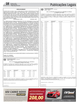 Publicações Legais16 Correio do Sul
Segunda-feira,
14 de março de 2016
EDITAL DE INTIMAÇÃO
ARLINDO EDÍLIO DA ROSA, Titular do TABELIONATO DE NOTAS E PROTESTOS DE TÍTULOS
desta Comarca de Sombrio, situado na Av. Nereu Ramos, 1300 - Fone (48) 3533-0318 - CEP
88960-000, atendimento das 08:00h - 12:00h e 14:00h - 18:00h, faz saber na forma da Lei aos que
o presente EDITAL virem, que se encontram nesse tabelionato para serem protestados, decorrido
o prazo legal de 03 (três) dias úteis, por não terem sido encontrados nos endereços fornecidos, ou
por se recusarem a tomar conhecimento, os títulos cujos responsáveis estão abaixo discriminados.
Ficam esclarecidos, também, de que nesse mesmo prazo poderão apresentar resposta escrita, que
não impedirá a lavratura do protesto.
PROT. APRESENTANTE / CNPJ DEVEDOR / CNPJ
Prot: 144994; Devedor(es): FARMACIAFARMANEVES LTDA- ME - 08.056.820/0001-07, End:Av. Papa
João XXIII, 290, Sombrio; Tip: Normal; Mot: Falta de pagamento; Ced: BANCO DO ESTADO DO
RIO GRANDE DO SUL SA; Sac: GAUCHAFARMA MEDICAMENTOS; Tit: 019749872 ; Apr: BANCO
SANTANDER SA; VEN: 25/01/2016; Esp: Duplicata de Venda Mercantil por Indicação; Val: R$ 108,90
+ Juros Legais (1% a.m.); Emol.: R$ 51,86. Apontamento R$ 15,00 - Selo R$ 1,70 - Distribuição R$
0,00 - Diligência R$ 30,00 - Condução R$ 6,86 - Digitalização R$ 0,00- Total Emolumentos R$ 51,86.
Prot: 144995; Devedor(es): FARMACIAFARMANEVES LTDA- ME - 08.056.820/0001-07, End:Av. Papa
João XXIII, 290, Sombrio; Tip: Normal; Mot: Falta de pagamento; Ced: BANCO DO ESTADO DO
RIO GRANDE DO SUL SA; Sac: GAUCHAFARMA MEDICAMENTOS; Tit: 019984413 ; Apr: BANCO
SANTANDER SA; VEN: 26/02/2016; Esp: Duplicata de Venda Mercantil por Indicação; Val: R$ 135,12
+ Juros Legais (1% a.m.); Emol.: R$ 51,86. Apontamento R$ 15,00 - Selo R$ 1,70 - Distribuição R$
0,00 - Diligência R$ 30,00 - Condução R$ 6,86 - Digitalização R$ 0,00- Total Emolumentos R$ 51,86.
Prot: 144996; Devedor(es): FARMACIAFARMANEVES LTDA- ME - 08.056.820/0001-07, End:Av. Papa
João XXIII, 290, Sombrio; Tip: Normal; Mot: Falta de pagamento; Ced: BANCO DO ESTADO DO
RIO GRANDE DO SUL SA; Sac: GAUCHAFARMA MEDICAMENTOS; Tit: 019845282 ; Apr: BANCO
SANTANDER SA; VEN: 25/01/2016; Esp: Duplicata de Venda Mercantil por Indicação; Val: R$ 139,67
+ Juros Legais (1% a.m.); Emol.: R$ 51,86. Apontamento R$ 15,00 - Selo R$ 1,70 - Distribuição R$
0,00 - Diligência R$ 30,00 - Condução R$ 6,86 - Digitalização R$ 0,00- Total Emolumentos R$ 51,86.
Prot: 145025; Devedor(es): FARMACIAFARMANEVES LTDAME SOMBRI - 08.056.820/0001-07, End:
Av. Papa João XXIII, 290, Sombrio; Tip: Normal; Mot: Falta de pagamento; Ced: BANCO DO ESTADO
DO RIO GRANDE DO SULSA; Sac: NUTRAMED NUTRACEUTICALT; Tit: 0002493-01 ;Apr: BANCO
SANTANDER SA; VEN: 03/03/2016; Esp: Duplicata de Venda Mercantil por Indicação; Val: R$ 959,85
+ Juros Legais (1% a.m.); Emol.: R$ 51,86. Apontamento R$ 15,00 - Selo R$ 1,70 - Distribuição R$
0,00 - Diligência R$ 30,00 - Condução R$ 6,86 - Digitalização R$ 0,00- Total Emolumentos R$ 51,86.
Prot: 144999; Devedor(es): ROSIANE FURLAN BORGHEZAN-ME - 18.920.564/0001-08, End:
Rua Manoel Elias de Olievira, 663, Sombrio; Tip: Normal; Mot: Falta de pagamento; Ced: F I D
C MULTISETORIAL HOPE LP; Sac: BECKHAUSER INDUSTRIA E COMERCIO DE MALHA; Tit:
6046351D ; Apr: BANCO BRADESCO S A ; VEN: 04/03/2016; Esp: Duplicata de Venda
Mercantil por Indicação; Val: R$ 980,81 + Juros Legais (1% a.m.); Emol.: R$ 51,86. Apontamento R$
15,00 - Selo R$ 1,70 - Distribuição R$ 0,00 - Diligência R$ 30,00 - Condução R$ 6,86 - Digitalização
R$ 0,00- Total Emolumentos R$ 51,86.
Certifico, para os devidos fins, que o presente edital foi afixado no mural da serventia em: 14/03/2016.
Sombrio - SC, 14/03/2016
ARLINDO EDÍLIO DA ROSA
FUNDAMENTADO NOS TERMOS DO ART. 281 PARÁGRAFO ÚNICO, INCISO II, DA LEI N. 9.503, DE 23/09/1997, A AUTORIDADE
DE TRÂNSITO, AO FINAL IDENTIFICADA, NOTIFICA O(S) PROPRIETÁRIO(S) DO(S) VEÍCULO(S) ABAIXO ESPECIFICADO(S), DA
AUTUAÇÃO PELO COMETIMENTO DA(S) INFRAÇÃO(ÕES) RESPECTIVA(S), PODENDO, CASO QUEIRA , NO PRAZO DE 60
(SESSENTA) DIAS, APRESENTAR RECURSO EM 1a E 2a INSTÂNCIAS NA FORMA DOS ART. 285 E SEGUINTES DO CTB.
ESTADO DE SANTA CATARINA
SISTEMA DE INFRAÇÕES / SC - DETRAN.NET
DETRAN - DEINFRA
EDITAL DE NOTIFICAÇÃO DE IMPOSIÇÃO DE PENALIDADE PELO COMETIMENTO
DE INFRAÇÃO DE TRÂNSITO Nº 508 748/2016
Página : 1 / 1
EnquadramentoAuto de InfraçãoPlaca Data da Infração Valor da Infração
Código da Infração /
Desdobramento
DQJ4804 55099840E 181 * XV5525/0 07/11/2015 R$ 85,13
IJR1620 54536223F 181 * XV5525/0 19/11/2015 R$ 85,13
IUA5849 54536165F 181 * XV5525/0 09/08/2015 R$ 85,13
IWO5467 54536730F 181 * XV5525/0 11/10/2015 R$ 85,13
KRM2841 54536227F 252 * VI7366/2 19/11/2015 R$ 85,13
MLJ4627 54537102F 244 * II7048/1 26/11/2015 R$ 191,54
TRANSCORRIDO O PRAZO ACIMA, SEM A APRESENTAÇÃO DO RECURSO, OU POR SEU INDEFERIMENTO, FICA(M) O(S)
NOTIFICADO(S) CIENTE(S) DA IMPOSIÇÃO DE PENALIDADE NOS TERMOS DO ART. 282 DA LEI N. 9503, DE 23/09/1997, E SEUS
PARÁGRAFOS 4 E 5 (ACRESCIDOS PELA LEI 9.602/1998), PARA, EM 60 (SESSENTA) DIAS, EFETUAR O PAGAMENTO.
OS PRAZOS ACIMA REFERIDOS ENTRAM EM VIGOR NA DATA DA PUBLICAÇÃO DESTE EDITAL.
BALNEARIO GAIVOTA/SC, 3 DE MARÇO DE 2016
AILTON ZANELATTO
DELEGADO DE POLICIA
1 / 1
FUNDAMENTADO NOS TERMOS DO ART. 281 PARÁGRAFO ÚNICO, INCISO II, DA LEI N. 9.503, DE 23/09/1997, A AUTORIDADE
DE TRÂNSITO, AO FINAL IDENTIFICADA, NOTIFICA O(S) PROPRIETÁRIO(S) DO(S) VEÍCULO(S) ABAIXO ESPECIFICADO(S), DA
AUTUAÇÃO PELO COMETIMENTO DA(S) INFRAÇÃO(ÕES) RESPECTIVA(S), PODENDO, CASO QUEIRA , NO PRAZO DE 30
(TRINTA) DIAS, APRESENTAR DEFESA DA AUTUAÇÃO, OU AINDA INFORMAR O REAL CONDUTOR, CONFORME DISPOSTO NO
ART. 257, PARÁGRAFO 7 DA MESMA LEI, COMBINADO COM A RESOLUÇÃO N. 017/1998 DO CONTRAN. SENDO PESSOA
JURÍDICA O PROPRIETÁRIO DO VEÍCULO, A NÃO INDICAÇÃO DO CONDUTOR IMPLICARÁ NAS SANÇÕES DO ART. 257,
PARÁGRAFO 8 DO CTB.
ESTADO DE SANTA CATARINA
SISTEMA DE INFRAÇÕES / SC - DETRAN.NET
DETRAN - DEINFRA
EDITAL DE NOTIFICAÇÃO POR AUTUAÇÃO PELO COMETIMENTO DE INFRAÇÃO
DE TRÂNSITO Nº 508 745/2016
Página : 1 / 2
EnquadramentoAuto de InfraçãoPlaca Data da Infração
Código da Infração /
Desdobramento
DIB4524 54537290F 181 * XV5525/0 25/12/2015
EFZ4818 55473785F 181 * XV5525/0 26/01/2016
GUK6684 55473906F 162 * II5029/2 07/01/2016
GUK6684 55473907F 164 c/c 162 * II5126/2 07/01/2016
IBY4540 54535685F 1695207/0 16/12/2015
IDI0495 54537267F 181 * XV5525/0 21/12/2015
IEB8550 55473580F 181 * XV5525/0 02/01/2016
IEJ6159 54537284F 181 * XV5525/0 25/12/2015
IIE8921 54537165F 2326912/0 25/01/2016
IIE8921 54537166F 162 * V5045/0 25/01/2016
IIE8921 54537167F 162 * III5037/1 25/01/2016
IIL6002 54537283F 181 * XV5525/0 25/12/2015
IKK3077 54537261F 181 * XV5525/0 21/12/2015
INN2852 54537174F 181 * XVIII5550/0 23/01/2016
INW0755 55474418F 181 * XVIII5550/0 12/01/2016
IPO5612 54537247F 203 * V5967/0 31/12/2015
IPX2006 55473741F 181 * XVIII5550/0 11/01/2016
ISQ3472 55473553F 181 * XV5525/0 25/12/2015
IWZ3549 55474110F 181 * XV5525/0 23/01/2016
JPG2465 55473597F 181 * XV5525/0 02/01/2016
KIS8027 55473787F 181 * VIII5452/5 26/01/2016
KJA4465 55473752F 1655169/1 08/01/2016
LOO6921 54537349F 2777579/0 27/12/2015
MAJ9753 55473609F 230 * IX6637/2 30/12/2015
MAJ9753 55473610F 230 * VII6610/2 30/12/2015
MAS8213 55473539F 181 * XV5525/0 10/01/2016
1 / 2
EnquadramentoAuto de InfraçãoPlaca Data da Infração
Código da Infração /
Desdobramento
MCP6306 55473685F 1655169/1 13/01/2016
MDE4119 55473618F 2326912/0 31/12/2015
MEA9745 55473924F 2777579/0 10/01/2016
MEA9745 55473925F 2326912/0 10/01/2016
MEO9043 54537341F 230 * XVI6700/0 26/12/2015
MEW7575 55474409F 162 * I5010/0 12/01/2016
MEW7575 55474410F 164 c/c 162 * I5118/0 12/01/2016
MGH8145 54536966F 181 * XVIII5550/0 12/01/2016
MGK7426 55473804F 181 * XVIII5550/0 11/01/2016
MGT3433 55473791F 181 * XV5525/0 26/01/2016
MHB9023 54536967F 181 * XVIII5550/0 12/01/2016
MHI5632 54537348F 2777579/0 27/12/2015
MHL8040 54537325F 230 * V6599/2 24/12/2015
MHO6924 55473607F 230 * XIII6670/0 30/12/2015
MJG0257 55473666F 181 * XVIII5550/0 01/01/2016
MJH2639 54535696F 162 * V5045/0 04/01/2016
MJU0381 54537358F 230 * XVI6700/0 28/12/2015
MKT9939 54537175F 181 * XVIII5550/0 23/01/2016
MKY7737 55474432F 2326912/0 12/01/2016
MMD3846 54537173F 181 * XVIII5550/0 23/01/2016
MML2545 55473926F 1655169/1 10/01/2016
TRANSCORRIDO O PRAZO ACIMA, SEM A APRESENTAÇÃO DE DEFESA DA AUTUAÇÃO, OU POR SEU INDEFERIMENTO,
FICA(M) O(S) NOTIFICADO(S) CIENTE(S) DA IMPOSIÇÃO DE PENALIDADE NOS TERMOS DO ART. 282 DA LEI N. 9503, DE
23/09/1997, E SEUS PARÁGRAFOS 4 E 5 (ACRESCIDOS PELA LEI 9.602/1998), PARA, EM 30 (TRINTA) DIAS, EFETUAR O
PAGAMENTO OU, QUERENDO, AINDA, APRESENTAR RECURSO À JARI.
OS PRAZOS ACIMA REFERIDOS ENTRAM EM VIGOR NA DATA DA PUBLICAÇÃO DESTE EDITAL.
BALNEARIO GAIVOTA/SC, 3 DE MARÇO DE 2016
AILTON ZANELATTO
DELEGADO DE POLICIA
2 / 2
 