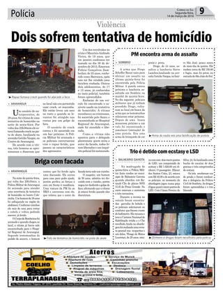 Polícia 9Correio do Sul
Segunda-feira,
14 de março de 2016
³Arma do roubo era uma falsificação de pistola
³Foto da tentativa de homicídio na pista de skate
³Rapaz fumava crack quando foi atacado a faca
³Dinheiro e drogas foram recolhidos pela polícia
> Sombrio
A arma que Diogo
Scheffer Bauer usou para
efetuar um assalto na
última quinta-feira foi
encontrada pela Polícia
Militar. A pistola estava
próxima a lancheria as-
saltada em Sombrio na
manhã de quinta-feira.
No dia seguinte, policiais
militares que já tinham
prendido Diogo, volta-
ram ao local em busca da
arma que as testemunhas
relataram estar próxima.
Depois de uma busca
minuciosa próximo a um
valo foi encontrando o
simulacro (imitação) de
uma pistola. Era uma
arma de brinquedo de cor
> araranguá
Na noite de quinta-feira,
por volta das 20h45min, a
Polícia Militar deAraranguá
foi acionada para atender
uma ocorrência de tentativa
de homicídio no bairro Colo-
ninha.Umhomemde38anos
foi esfaqueado na região do
abdômen.Conformevizinhos
ele saiu de casa para cortar
o cabelo e voltou pedindo
socorro, já ferido.
OCorpodeBombeirosfoi
acionado e quando chegou ao
local, a vítima já havia sido
encaminhada para o Hospi-
tal Regional de Araranguá.
Segundo testemunhas do
pedido de socorro, o homem
> balneário gaivota
Na madrugada de
quinta-feira a Polícia Mili-
tar fazia rondas no muni-
cípio de Balneário Gaivota
quando abordou um Re-
nault Clio de placas NSN
3145 de Praia Grande. No
carro estavam o motorista
e três caroneiros.
Durante a revista no
veículo foram encontra-
das garrafas de bebida e
os policiais solicitaram ao
condutor quefizesseoteste
dobafômetro.Elerecusoue
teveaCarteiraNacionalde
Habilitação retida e o Clio
recolhido.Ainda na aborda-
gemfoirealizadaumarevis-
ta pessoal nos ocupantes e
um deles, Thiago de Matos
Lourenço, de 29 anos, esta-
PM encontra arma de assalto
Briga com facada
Trio é detido com ecstasy e LSD
prata e preta.
Diogo, de 24 anos, as-
saltou a lancheria Sorve
Lanches,localizado na ave-
nida GetúlioVargas,nobair-
contou que foi ferido após
uma discussão. Ele correu
para casa para pedir ajuda,
porém perdeu as forças e
caiu em frente à residência.
Uma viatura da PM foi ao
HRA e conversou com ele,
que relatou que o autor da
vacomcom doismicropontos
de LSD, um comprimido de
ecstasy e R$ 1.620,00 em di-
nheiro. O passageiro Eliezer
dos Santos Cotia, 23, estava
comR$40,00edeacordocom
os policiais, no momento da
abordagem jogou numa poça
d’águaquatromicropontosde
LSD. Com Cássio Pereira da
ro São José, pouco antes
do meio-dia de quinta. Ele
roubou cerca de R$ 150,00
e fugiu, mas foi preso na
entradadeSãoJoãodoSul.
facadateriasidoumvizinho.
O suspeito, um homem
de 50 anos, admitiu ter dis-
cutido com o vizinho, porém
negouterdesferidoogolpede
faca, afirmando que a vítima
já estava ferida quando eles
discutiram.
Silva,24,foilocalizadauma
bucha de cocaína de dois
gramas e três comprimidos
de ecstasy.
Os três receberam voz
de prisão e foram conduzi-
dos a delegacia da Polícia
Civil de Sombrio.As drogas
foram apreendidas e o trio
liberado.
Violência
no local não era permitido
usar crack, só maconha.
Ele então levou um soco
no rosto e quando se le-
vantou foi atingido nas
costas por um golpe de
faca.
O usuário de crack
correu e foi socorrido em
um bar próximo. A Polí-
cia Militar foi acionada e
os policiais conversaram
com o rapaz ferido, que
passou as características
dos agressores.
> araranguá
Um usuário de en-
torpecentes, de
29 anos, foi vítima de uma
tentativa de homicídio na
noite de sexta-feira. Por
voltadas22h30minelees-
tavafumandocracknapis-
ta de skate, localizada na
avenidaGetúlioVargas,no
Centro de Araranguá.
De acordo com a víti-
ma, três homens se apro-
ximaram e disseram que
Dois sofrem tentativa de homicídio
Um dos envolvidos no
crime é MaurícioAndrade
Vieira, de 19 anos, que
em janeiro confessou ter
matado no dia 30 de de-
zembro de 2015, Emerson
Felício Gonçalves Zam-
berlan, de 25 anos, conhe-
cido como Barranca, após
este ter lhe vendido uma
bicicleta roubada. Outros
dois adolescentes, de 17
e 15 anos, já conhecidos
no meio policial, também
foram apreendidos.
Embaixo de um veí-
culo foi encontrado o ca-
nivete usado na tentativa
de homicídio. A vítima
reconheceu os criminosos,
foi socorrida pelo Samu e
encaminhada ao Hospital
Regional de Araranguá,
onde foi atendida e libe-
rada.
Como a vítima não
apontou para o delegado
plantonista quem seria o
autor da facada, todos fo-
ram liberados e um inqué-
rito policial foi instaurado.
 