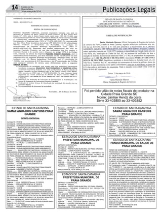Publicações Legais14 Correio do Sul
Quarta-feira,
30 de março de 2016
ESTADO DE SANTA CATARINA
SAMAE AGUA DOS CANYONS PRAIA
GRANDE
EXTRATO CONTRATUAL
Contrato Nº.: 07/2016
Contratante.: SAMAE AGUA DOS CANYONS PRAIA GRANDE.
Contratada..: HIDRABRAS MATERIAIS HIDRAULICOS LTDA.
Objeto.........: AQUISIÇÃO DE MATERIAL HIDRÁULICO E
ACESSÓRIOS PARA SEREM UTILIZADOS NA MANUTENÇÃO
DO SISTEMA DE ABASTECIMENTO DE ÁGUA NO MUNICIPIO
DE PRAIA GRANDE-SC, PARA O EXERCÍCIO DE 2016.
Valor..........: R$ 8.619,50 (oito mil seiscentos e dezenove reais e
cinqüenta centavos).
Vigência.....: Início: 18/03/2016 Término: 31/12/2016
Licitação.....: PREGÃO PRESENCIAL Nº: 02/2016
Recursos.....: DOTAÇÃO :. 2.039/3.3.90/DR 01.20
Contrato Nº.: 08/2016
Contratante.: SAMAE AGUA DOS CANYONS PRAIA GRANDE.
Contratada..: HIDROLUNA MATERIAIS PARA SANEAMENTO.
Objeto.........: AQUISIÇÃO DE MATERIAL HIDRÁULICO E
ACESSÓRIOS PARA SEREM UTILIZADOS NA MANUTENÇÃO
DO SISTEMA DE ABASTECIMENTO DE ÁGUA NO MUNICIPIO
DE PRAIA GRANDE-SC, PARA O EXERCÍCIO DE 2016.
Valor..........: R$ 18.300,00 (dezoito mil e trezentos reais).
Vigência.....: Início: 18/03/2016 Término: 31/12/2016
Licitação.....: PREGÃO PRESENCIAL Nº: 02/2016
Recursos.....: DOTAÇÃO :. 2.039/3.3.90/DR 01.20
Contrato Nº.: 09/2016
Contratante.: SAMAE AGUA DOS CANYONS PRAIA GRANDE.
Contratada..: LUMA MULTICENTER LTDA ME.
Objeto.........: AQUISIÇÃO DE MATERIAL HIDRÁULICO E
ACESSÓRIOS PARA SEREM UTILIZADOS NA MANUTENÇÃO
DO SISTEMA DE ABASTECIMENTO DE ÁGUA NO MUNICIPIO
DE PRAIA GRANDE-SC, PARA O EXERCÍCIO DE 2016.
Valor..........: R$ 1.803,75 (mil oitocentos e três reais e setenta e
cinco centavos).
Vigência.....: Início: 18/03/2016 Término: 31/12/2016
Licitação.....: PREGÃO PRESENCIAL Nº: 02/2016
Recursos.....: DOTAÇÃO :. 2.039/3.3.90/DR 01.20
Contrato Nº.: 10/2016
Contratante.: SAMAE AGUA DOS CANYONS PRAIA GRANDE.
Contratada..:MARGEMCOMÉRCIODEMATERIAISHIDRÁULICOS.
Objeto.........: AQUISIÇÃO DE MATERIAL HIDRÁULICO E
ACESSÓRIOS PARA SEREM UTILIZADOS NA MANUTENÇÃO
DO SISTEMA DE ABASTECIMENTO DE ÁGUA NO MUNICIPIO
DE PRAIA GRANDE-SC, PARA O EXERCÍCIO DE 2016.
Valor..........: R$ 24.118,61 (vinte e quatro mil cento e dezoito reais e
sessenta e um centavos).
Vigência.....: Início: 18/03/2016 Término: 31/12/2016
Licitação.....: PREGÃO PRESENCIAL Nº: 02/2016
Foi perdido talão de notas fiscais de produtor na
Cidade:Praia Grande SC
Nome: Janilse Hendz da costa
Série 33-403850 ao 33-403852
Recursos.....: DOTAÇÃO :. 2.039/3.3.90/DR 01.20
Contrato Nº.: 11/2016
Contratante.: ....SAMAE AGUA DOS CANYONS PRAIA GRANDE.
Contratada..: PROJECT CONSTRUÇÕES LTDA ME.
Objeto.........: AQUISIÇÃO DE MATERIAL HIDRÁULICO E
ACESSÓRIOS PARA SEREM UTILIZADOS NA MANUTENÇÃO
DO SISTEMA DE ABASTECIMENTO DE ÁGUA NO MUNICIPIO
DE PRAIA GRANDE-SC, PARA O EXERCÍCIO DE 2016.
Valor..........:..R$ 1.874,80 (mil oitocentos e setenta e quatro reais e
oitenta centavos).
Vigência.....: Início: 18/03/2016 Término: 31/12/2016
Licitação.....: PREGÃO PRESENCIAL Nº: 02/2016
Recursos.....: DOTAÇÃO :. 2.039/3.3.90/DR 01.20
PRAIA GRANDE, 18 de Março de 2016.
ESTADO DE SANTA CATARINA
SAMAE AGUA DOS CANYONS
PRAIA GRANDE
EXTRATO CONTRATUAL
Contrato Nº.: 12/2016
Contratante.: SAMAE AGUA DOS CANYONS PRAIA GRANDE.
Contratada..: ELETRONANDO PEÇAS E SERVIÇOS LTDA ME
Objeto.........: .......AQUISIÇÃO DE UM CONJUNTO DE BOMBA
CENTRIFUGA, INCLUINDO SERVIÇOS DE INSTALAÇÃO.
Valor..........: R$ 43.200,00(quarenta e três mil e duzentos reais).
Vigência.....: Início: 28/03/2016 Término: 30/06/2016
Licitação.....: PREGÃO PRESENCIAL Nº: 03/2016
Recursos.....: DOTAÇÃO :.2.039/4.4.90/DR01.20E2.039/3.3.90DR01.20
PRAIA GRANDE, 28 de março de 2016.
ESTADO DE SANTA CATARINA
FUNDO MUNICIPAL DE SAUDE DE
PRAIA GRANDE
TERMO DE DISPENSA DE LICITAÇÃO
PROCESSO LICITATÓRIO Nº 06/2016- DL – 04/2016
CONTRATADO: HERCIDIO MARCIANO CARDOSO E CIA LTDA
DO OBJETO:AQUISIÇÃO DE COMBUSTIVEL OLEO DIESEL
S10 PARAABASTECIMENTO DO VEÍCULO CAMIONETE PICK-
UP ZERO KILOMETRO ADQUIRIDO EM 10/02/2016, POR UM
PERÍODO DE 60(SESSENTA)DIAS.
DO VALOR: R$ 3.708,00(três mil setecentos e oito reais).
Do Fundamento Legal: É dispensável a licitação:Artigo 24, da
Lei nº 8.666/93; IV - nos casos de emergência ou de calamidade
pública, quando caracterizada urgência de atendimento de situação
que possa ocasionar prejuízo ou comprometer a segurança de
pessoas, obras, serviços, equipamentos e outros bens, públicos ou
particulares, e somente para os bens necessários ao atendimento
da situação emergencial ou calamitosa e para as parcelas de obras
e serviços que possam ser concluídas no prazo máximo de 180
(cento e oitenta) dias consecutivos e ininterruptos, contados da
ocorrência da emergência ou calamidade, vedada a prorrogação
dos respectivos contratos; DAVIGENCIA:30/03/2016 a 28/05/2016.
JUSTIFICATIVA:ADispensa de Licitação se faz necessária, tendo
em vista a aquisição de um veículo zero kilômetro, que exige um
combustível diferenciado, o DIESEL S10, existe a necessidade de
lançar novo processo licitatório para contratação do fornecimento
do mesmo.O prazo da contratação direta é o suficiente para
a realização do devido processo de licitação, estimado em 60
(sessenta) dias. Da Justificativa da Escolha do Fornecedor e
do Preço: Por ser o preço mais baixo, Conforme pesquisa de
preços anexa e ser o mesmo compatível com o preço de mercado
praticado na região.
Praia Grande/SC, 30 de Março de 2016.
Valcir Daros - Prefeito Municipal
ESTADO DE SANTA CATARINA
PREFEITURA MUNICIPAL DE
PRAIA GRANDE
EXTRATO CONTRATUAL
Contrato Nº.: 43/2016
Contratante.: PREFEITURA MUNICIPAL DE PRAIA GRANDE.
Contratada..: LUANA PEZENTE TEIXEIRA.
Objeto.........: A CONTRATAÇÃO DE EMPRESA OU
PROFISSIONAL PARA COMPOR O QUADRO TECNICO DE
NUTRICIONISTA NA REDE MUNICIPAL DE ENSINO E PNAE,
CONFORME TERMO DE REFERENCIA.
Valor..........: R$ 30.800,00 (trinta mil e oitocentos reais).
Vigência.....: Início : 15/03/2016 Término: 31/12/2016
Licitação.....: CONVITE P/ COMPRAS E SERVIÇOS Nº.: 03/2016
Recursos.....: DOTAÇÃO :. 2.009/3.3.90/DR 01.01
2.010/3.3.90/DR 01.01
PRAIA GRANDE, 15 DE MARÇO DE 2016.
ESTADO DE SANTA CATARINA
PREFEITURA MUNICIPAL DE
PRAIA GRANDE
EXTRATO CONTRATUAL
Contrato Nº.: 44/2016
Contratante.: PREFEITURA MUNICIPAL DE PRAIA GRANDE.
Contratada..: REJANE COMERCIO DE PRODUTOS
PEDAGOGICOS LTDA.
Objeto.........: AQUISIÇÃO DE BRINQUEDOS PARA SEREM
UTILIZADOS PELOS ALUNOS DA EDUCAÇÃO INFANTIL
DA REDE MUNICIPAL DE ENSINO, de acordo com Termo de
Compromisso PAR n° 201306577.
Valor..........: R$ 17.910,00(dezessete mil, novecentos e dez reais).
Vigência.....: Início : 17/03/2016 Término: 30/06/2016
Licitação.....: PREGÃO PRESENCIAL Nº.: 02/2016
Recursos.....: DOTAÇÃO :. 2.010/3.3.90/DR 00.39
PRAIA GRANDE, 17 DE MARÇO DE 2016.
 