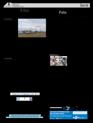 Fundado em 5 de Junho de 1990 - Dia Mundial do Meio Ambiente
Jornalista Rolando Christian Sant’ Helena Coelho - Fundador Jornal Correio do Sul
Publicações legais:
tomaz@grupocorreiodosul.com.br
Financeiro
financeiro@grupocorreiodosul.com.br
Comercial:
l48l 3533.0870
comercial@grupocorreiodosul.com.br
Diretor Geral
Jabson Muller
l48l 9955.5313
diretor@grupocorreiodosul.com.br
Diagramação/Arte:
correiodosul@grupocorreiodosul.com.br
Sul Gráfica
sulgrafica@grupocorreiodosul.com.br
Redação:
editor@grupocorreiodosul.com.br
Radio 93FM
radio93fm@grupocorreiodosul.com.br
Circulação/Assinatura
l48l 3533.0870
assinaturas@grupocorreiodosul.com.br
Rua João José Guimarães,176, Centro - Sombrio/SC - Fone: (48) 3533 0870
Editora: GCS Ltda - ME CNPJ 17.467.695/0001-19
C.S. Empresa Jornalística LTDA.
Geral6 Correio do Sul
Quinta-feira,
31 de março de 2016
Telas no combate ao Aedes aegypti
PeloEstado
O
município de Pinhalzinho, no Oeste, vive uma epidemia de den-
gue, com 1.561 casos registrados. A situação levou equipes da saú-
de a buscarem as causas da proliferação do mosquito Aedes aegypti,
transmissor da doença e ainda do zika vírus e da chikungunya, em oito
mil propriedades. A surpresa, segundo o diretor da Vigilância Sanitária,
Eduardo Macário, veio da percepção que o grave quadro é consequência de
um problema anterior: a falta de água comum na região Oeste. A popula-
ção, especialmente criadores de aves e suínos, passou a acumular água em
cisternas ou outros reservatórios sem o adequado isolamento. Ambientes
perfeitos para o criatório de larvas. A solução adotada para reverter esse
descuido é a distribuição de telas. A explicação foi dada ontem, durante
audiência pública realizada pela Comissão da Saúde da Assembleia Legis-
lativa.Agora, as equipes da vigilância se deslocam para SerraAlta, Coronel
Freitas, Descanso e Bom Jesus, também em situação de epidemia. O estado
tem mais 34 municípios em situação de infestação e registra 3,5 mil focos
somente este ano, em 119 municípios. Para piorar, nos meses de abril e
maio se intensificam os casos de dengue. Santa Catarina não é mais um
oásis em relação à dengue. Com esforço, é possível diminuir o potencial
de infestação, mas não há perspectiva de eliminar a doença. Daí a necessi-
dade de mobilizar toda a comunidade. Quadro que não permite a desmo-
bilização de equipes técnicas. Entretanto, a dificuldade para inspeção nas
propriedades prejudica o trabalho da Vigilância. Há pessoas que impedem
a vistoria, mas a legislação não garante multas pesadas e, quando garante,
não são aplicadas. Para Macário, falta o exemplo da punição. A integração
das comunidades no combate ao Aedes aegypti será tema da campanha
estadual a ser lançada em abril, durante a Semana da Família na Escola.
Desovadevacina?Da tribuna daAssem-
bleia, os peemedebistas Antonio Aguiar e
Fernando Coruja, ambos médicos, alerta-
ram para a distribuição e a comercializa-
ção de vacinas contra a gripe que podem
seriguaisàsjádistribuídasemcampanhas
anteriores. A preocupação é se há interes-
ses da indústria em desovar estoques. É
que as vacinas precisam ser renovadas e
só são eficazes se a distribuição envolver
lotes novos, adequados aos vírus que es-
tão em circulação no momento.
Interiorização Deputada Luciane Car-
minatti (PT) cobrou, durante sessão da
Comissão de Constituição e Justiça (CCJ),
uma revisão sobre o funcionamento das
audiências públicas fora da Grande Flo-
rianópolis. Embora a Casa exija o desloca-
mento de uma equipe da própria Assem-
bleia, o custeio não está mais sendo feito
desdeoanopassado.“Nós,parlamentares
do Oeste, do Sul ou do Vale, somos pre-
judicados porque não temos como levar
toda uma população para a Capital, nem
como bancar a ida de uma equipe grande
daAssembleia às nossas regiões. Defendo
uma diminuição significativa do time que
viaja para as regiões e, logo, dos gastos
públicos, para que as audiências possam
ocorrer em diferentes municípios. O po-
der não pode ser concentrado na capital”.
Pressão do Sul Deputados estaduais
com base no Sul do estado – Cleiton
Salvaro (PSB), José Milton Scheffer e
Valmir Comin (PP), José NeiAscari e Ri-
cardo Guidi (PSD), Luiz Fernando Car-
doso Vampiro e Manoel Mota (PMDB),
e Rodrigo Minotto (PDT) – solicitaram
reunião com o governador Raimundo
Colombo. Em reunião realizada ontem,
decidiram que vão apresentar propos-
tas de melhorias para diferentes pro-
blemas da região, com destaque para
segurança pública e da infraestrutura.
Na verdade, durante os próximos 60
dias a bancada do Sul deixará de contar
com o deputado Comin. Ele saiu ontem
para um período de licença durante o
qual será substituído por André Fretta
May (Deka), também do PP.
Andréa Leonora �lorian�polis ���lorian�polis �� 31Mar16
/sebraesc @Sebrae_SC
Para melhorar a gestão e a produtividade e trazer
mais inovação para seu negócio, conte conosco.
SUA VIDA É SE SUPERAR A CADA
DIA? ESTAMOS JUNTOS.
Audiênciasnointerior
O secretário de Estado de Assistência
Social, Trabalho e Habitação, Geraldo
Althoff, e o secretário Executivo de Polí-
ticas Sociais de Combate à Fome, Arnal-
do Zimmermann, almoçaram ontem no
Restaurante Popular de Joinville. O es-
paço, gerenciado pela ONG Assessoria
de Segurança Alimentar e Nutricional
de Joinville, mantido pelo município, tem capacidade para produzir até 600
refeições por dia e é referência em gestão de equipamento social. O Pacto
pela Proteção Social, lançado pelo Estado, prevê a construção de restauran-
tes populares em várias regiões. “Para que a iniciativa funcione, é necessária
a parceria entre o Estado, o município e a sociedade civil”, avaliou Althoff.
MarileneRodrigues
É Hoje
³Parque de diversão já está a espera das crianças
Começa a Araranguá Fest
> ARARANGUÁ
Araranguá já está em
clima de festa. A quarta
edição da Araranguá Fest
inicia nesta quinta-feira
e segue até domingo. A
estrutura compõe área
coberta e espaço para mais
de 30 expositores, abrigan-
do estandes, praça de ali-
mentação e o palco central.
Hoje serão escolhidas
as soberanas da festa a
partir das 19 horas. Pela
manhã, abre a Praça Gas-
tronômica da 1ª Mostra
da Gastronomia Açoriana
e acolhida aos expositores
da 5ª Expofeira daAgricul-
tura Familiar e das expo-
sições multissetoriais. No
período da tarde, iniciam
as atrações culturais. Os
shows musicais ficam por
conta das duplas João e
Kadu, por volta das 20
horas, e Léo Jr. e Bruno,
às 23 horas.
Os shows nacionais
dos Titãs, na sexta, e da
dupla Guilherme & San-
tiago, no domingo às 18
horas, são gratuitos.
Para os quatros dias
são esperadas mais de 60
mil pessoas. A Araranguá
Fest é uma organização da
prefeitura de Araranguá.
ESTADO DE SANTA CATARINA
PREFEITURA MUNICIPAL DE PRAIA GRANDE
Extrato de Termo de Concessão
Contrato n. 45/2016
Edital: Concorrência P/ Compras e Serviços n. 01/2016
Objeto: A CONCESSÃO DE ESPAÇO PÚBLICO PARA FINS DE
EXPLORAÇÃO DE BAR/CANTINA, PARA PESSOAS FÍSICAS OU
JURÍDICAS, NO GINASIO MUNICIPAL JAIRO REIS DA SILVA, POR 06 (SEIS) ANOS.
CONCEDENTE: MUNICÍPIO DE PRAIA GRANDE. CONCESSIONÁRIA: TIAGO DOS SANTOS.
Vigência: 18/03/2016 até 18/03/2022.
Praia Grande-SC, 18 de Março de 2016.
Valcir Daros - Prefeito Municipal
> ARARANGUÁ
Uma investigação da
2ª Delegacia Regional
Metropolitana de Cano-
as/RS trouxe ontem a
Araranguá policiais civis
gaúchos que estão des-
baratando um esquema
criminoso e milionário de
Operação gaúcha desbarata quadrilha
furto, receptação e clona-
gem de caminhões.
A Operação Truck de-
sarticulou a quadrilha
que furtava e roubava
principalmente carretas
na região metropolitana
de PortoAlegre e tinha ra-
mificações em Araranguá.
Segundo a polícia, o grupo
agia a mais de dez meses,
movimentando cerca de
R$100 mil por mês. Eram
roubados de 20 a 30 veícu-
los por mês.
No total 14 pessoas fo-
rampresas,foramcumpri-
dos 23 mandados de busca
eapreensãoe20mandados
de prisão em sete cidades
do Rio Grande do Sul e
Araranguá.
 