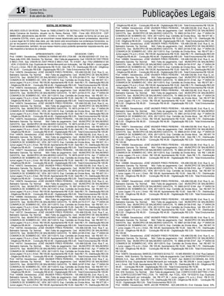 Publicações Legais14 CORREIO DO SUL
Sexta-feira,
8 de abril de 2016
EDITAL DE INTIMAÇÃO
ARLINDO EDÍLIO DA ROSA, Titular do TABELIONATO DE NOTAS E PROTESTOS DE TÍTULOS
desta Comarca de Sombrio, situado na Av. Nereu Ramos, 1300 - Fone (48) 3533-0318 - CEP
88960-000, atendimento das 08:00h - 12:00h e 14:00h - 18:00h, faz saber na forma da Lei aos que
o presente EDITAL virem, que se encontram nesse tabelionato para serem protestados, decorrido
o prazo legal de 03 (três) dias úteis, por não terem sido encontrados nos endereços fornecidos, ou
por se recusarem a tomar conhecimento, os títulos cujos responsáveis estão abaixo discriminados.
Ficam esclarecidos, também, de que nesse mesmo prazo poderão apresentar resposta escrita, que
não impedirá a lavratura do protesto.
PROT. APRESENTANTE / CNPJ DEVEDOR / CNPJ
Prot: 145881; Devedor(es): FARMACIA FARMA NEVES LTDA ME - 08.056.820/0001-07, End: Av.
Papa João XXIII, 290, Sombrio; Tip: Normal; Mot: Falta de pagamento; Ced: VISION SC DIST PROD
E MED LTDA; Sac: VISION SC DIST PROD E MED LTDA; Tit: 315301 ; Apr: ITAU UNIBANCO SA
; VEN: 21/03/2016; Esp: Duplicata de Venda Mercantil por Indicação; Val: R$ 368,89 + Juros Legais
(1% a.m.); Emol.: R$ 51,86. Apontamento R$ 15,00 - Selo R$ 1,70 - Distribuição R$ 0,00 - Diligência
R$ 30,00 - Condução R$ 6,86 - Digitalização R$ 0,00- Total Emolumentos R$ 51,86.
Prot: 145678; Devedor(es): JOSÉ VAGNER PIRES PEREIRA - 105.498.030-68, End: Rua G, sn,
Balneário Gaivota; Tip: Normal; Mot: Falta de pagamento; Ced: MUNICÍPIO DE BALNEÁRIO
GAIVOTA; Sac: MUNICÍPIO DE BALNEÁRIO GAIVOTA; Tit: 976-24168-5175 ; Apr: 1ª VARA DA
COMARCA DE SOMBRIO-SC; VEN: 26/11/2015; Esp: Certidão de Dívida Ativa; Val: R$ 657,19 +
Juros Legais (1% a.m.); Emol.: R$ 105,90.Apontamento R$ 15,00 - Selo R$ 1,70 - Distribuição R$ 0,00
- Diligência R$ 46,00 - Condução R$ 44,90 - Digitalização R$ 0,00- Total Emolumentos R$ 105,90.
Prot: 145673; Devedor(es): JOSÉ VAGNER PIRES PEREIRA - 105.498.030-68, End: Rua G, sn,
Balneário Gaivota; Tip: Normal; Mot: Falta de pagamento; Ced: MUNICÍPIO DE BALNEÁRIO
GAIVOTA; Sac: MUNICÍPIO DE BALNEÁRIO GAIVOTA; Tit: 9971-24163-5170 ; Apr: 1ª VARA DA
COMARCA DE SOMBRIO-SC; VEN: 26/11/2015; Esp: Certidão de Dívida Ativa; Val: R$ 657,19 +
Juros Legais (1% a.m.); Emol.: R$ 105,90.Apontamento R$ 15,00 - Selo R$ 1,70 - Distribuição R$ 0,00
- Diligência R$ 46,00 - Condução R$ 44,90 - Digitalização R$ 0,00- Total Emolumentos R$ 105,90.
Prot: 145674; Devedor(es): JOSÉ VAGNER PIRES PEREIRA - 105.498.030-68, End: Rua G, sn,
Balneário Gaivota; Tip: Normal; Mot: Falta de pagamento; Ced: MUNICÍPIO DE BALNEÁRIO
GAIVOTA; Sac: MUNICÍPIO DE BALNEÁRIO GAIVOTA; Tit: 9972-24164-5171 ; Apr: 1ª VARA DA
COMARCA DE SOMBRIO-SC; VEN: 26/11/2015; Esp: Certidão de Dívida Ativa; Val: R$ 657,19 +
Juros Legais (1% a.m.); Emol.: R$ 105,90.Apontamento R$ 15,00 - Selo R$ 1,70 - Distribuição R$ 0,00
- Diligência R$ 46,00 - Condução R$ 44,90 - Digitalização R$ 0,00- Total Emolumentos R$ 105,90.
Prot: 145675; Devedor(es): JOSÉ VAGNER PIRES PEREIRA - 105.498.030-68, End: Rua G, sn,
Balneário Gaivota; Tip: Normal; Mot: Falta de pagamento; Ced: MUNICÍPIO DE BALNEÁRIO
GAIVOTA; Sac: MUNICÍPIO DE BALNEÁRIO GAIVOTA; Tit: 9973-24165-5172 ; Apr: 1ª VARA DA
COMARCA DE SOMBRIO-SC; VEN: 26/11/2015; Esp: Certidão de Dívida Ativa; Val: R$ 657,19 +
Juros Legais (1% a.m.); Emol.: R$ 105,90.Apontamento R$ 15,00 - Selo R$ 1,70 - Distribuição R$ 0,00
- Diligência R$ 46,00 - Condução R$ 44,90 - Digitalização R$ 0,00- Total Emolumentos R$ 105,90.
Prot: 145676; Devedor(es): JOSÉ VAGNER PIRES PEREIRA - 105.498.030-68, End: Rua G, sn,
Balneário Gaivota; Tip: Normal; Mot: Falta de pagamento; Ced: MUNICÍPIO DE BALNEÁRIO
GAIVOTA; Sac: MUNICÍPIO DE BALNEÁRIO GAIVOTA; Tit: 9974-24166-5173 ; Apr: 1ª VARA DA
COMARCA DE SOMBRIO-SC; VEN: 26/11/2015; Esp: Certidão de Dívida Ativa; Val: R$ 657,19 +
Juros Legais (1% a.m.); Emol.: R$ 105,90.Apontamento R$ 15,00 - Selo R$ 1,70 - Distribuição R$ 0,00
- Diligência R$ 46,00 - Condução R$ 44,90 - Digitalização R$ 0,00- Total Emolumentos R$ 105,90.
Prot: 145677; Devedor(es): JOSÉ VAGNER PIRES PEREIRA - 105.498.030-68, End: Rua G, sn,
Balneário Gaivota; Tip: Normal; Mot: Falta de pagamento; Ced: MUNICÍPIO DE BALNEÁRIO
GAIVOTA; Sac: MUNICÍPIO DE BALNEÁRIO GAIVOTA; Tit: 9975-24167-5174 ; Apr: 1ª VARA DA
COMARCA DE SOMBRIO-SC; VEN: 26/11/2015; Esp: Certidão de Dívida Ativa; Val: R$ 657,19 +
Juros Legais (1% a.m.); Emol.: R$ 105,90.Apontamento R$ 15,00 - Selo R$ 1,70 - Distribuição R$ 0,00
- Diligência R$ 46,00 - Condução R$ 44,90 - Digitalização R$ 0,00- Total Emolumentos R$ 105,90.
Prot: 145672; Devedor(es): JOSÉ VAGNER PIRES PEREIRA - 105.498.030-68, End: Rua G, sn,
Balneário Gaivota; Tip: Normal; Mot: Falta de pagamento; Ced: MUNICÍPIO DE BALNEÁRIO
GAIVOTA; Sac: MUNICÍPIO DE BALNEÁRIO GAIVOTA; Tit: 9970-24162-5169 ; Apr: 1ª VARA DA
COMARCA DE SOMBRIO-SC; VEN: 26/11/2015; Esp: Certidão de Dívida Ativa; Val: R$ 657,19 +
Juros Legais (1% a.m.); Emol.: R$ 105,90.Apontamento R$ 15,00 - Selo R$ 1,70 - Distribuição R$ 0,00
- Diligência R$ 46,00 - Condução R$ 44,90 - Digitalização R$ 0,00- Total Emolumentos R$ 105,90.
Prot: 145679; Devedor(es): JOSÉ VAGNER PIRES PEREIRA - 105.498.030-68, End: Rua G, sn,
Balneário Gaivota; Tip: Normal; Mot: Falta de pagamento; Ced: MUNICÍPIO DE BALNEÁRIO
GAIVOTA; Sac: MUNICÍPIO DE BALNEÁRIO GAIVOTA; Tit: 997-24169-5176 ; Apr: 1ª VARA DA
COMARCA DE SOMBRIO-SC; VEN: 26/11/2015; Esp: Certidão de Dívida Ativa; Val: R$ 657,19 +
Juros Legais (1% a.m.); Emol.: R$ 105,90.Apontamento R$ 15,00 - Selo R$ 1,70 - Distribuição R$ 0,00
- Diligência R$ 46,00 - Condução R$ 44,90 - Digitalização R$ 0,00- Total Emolumentos R$ 105,90.
Prot: 145680; Devedor(es): JOSÉ VAGNER PIRES PEREIRA - 105.498.030-68, End: Rua G, sn,
Balneário Gaivota; Tip: Normal; Mot: Falta de pagamento; Ced: MUNICÍPIO DE BALNEÁRIO
GAIVOTA; Sac: MUNICÍPIO DE BALNEÁRIO GAIVOTA; Tit: 9978-24170-5177 ; Apr: 1ª VARA DA
COMARCA DE SOMBRIO-SC; VEN: 26/11/2015; Esp: Certidão de Dívida Ativa; Val: R$ 657,19 +
Juros Legais (1% a.m.); Emol.: R$ 105,90.Apontamento R$ 15,00 - Selo R$ 1,70 - Distribuição R$ 0,00
- Diligência R$ 46,00 - Condução R$ 44,90 - Digitalização R$ 0,00- Total Emolumentos R$ 105,90.
Prot: 145737; Devedor(es): JOSÉ VAGNER PIRES PEREIRA - 105.498.030-68, End: Rua F, sn,
Balneário Gaivota; Tip: Normal; Mot: Falta de pagamento; Ced: MUNICÍPIO DE BALNEÁRIO
GAIVOTA; Sac: MUNICÍPIO DE BALNEÁRIO GAIVOTA; Tit: 9990-24182-5189 ; Apr: 1ª VARA DA
COMARCA DE SOMBRIO-SC; VEN: 26/11/2015; Esp: Certidão de Dívida Ativa; Val: R$ 657,19 +
Juros Legais (1% a.m.); Emol.: R$ 105,90.Apontamento R$ 15,00 - Selo R$ 1,70 - Distribuição R$ 0,00
- Diligência R$ 46,00 - Condução R$ 44,90 - Digitalização R$ 0,00- Total Emolumentos R$ 105,90.
Prot: 145740; Devedor(es): JOSÉ VAGNER PIRES PEREIRA - 105.498.030-68, End: Rua F, sn,
Balneário Gaivota; Tip: Normal; Mot: Falta de pagamento; Ced: MUNICÍPIO DE BALNEÁRIO
GAIVOTA; Sac: MUNICÍPIO DE BALNEÁRIO GAIVOTA; Tit: 9993-24185-5192 ; Apr: 1ª VARA DA
COMARCA DE SOMBRIO-SC; VEN: 26/11/2015; Esp: Certidão de Dívida Ativa; Val: R$ 657,19 +
Juros Legais (1% a.m.); Emol.: R$ 105,90.Apontamento R$ 15,00 - Selo R$ 1,70 - Distribuição R$ 0,00
- Diligência R$ 46,00 - Condução R$ 44,90 - Digitalização R$ 0,00- Total Emolumentos R$ 105,90.
Prot: 145741; Devedor(es): JOSÉ VAGNER PIRES PEREIRA - 105.498.030-68, End: Rua F, sn,
Balneário Gaivota; Tip: Normal; Mot: Falta de pagamento; Ced: MUNICÍPIO DE BALNEÁRIO
GAIVOTA; Sac: MUNICÍPIO DE BALNEÁRIO GAIVOTA; Tit: 9994-24186-5193 ; Apr: 1ª VARA DA
COMARCA DE SOMBRIO-SC; VEN: 26/11/2015; Esp: Certidão de Dívida Ativa; Val: R$ 657,19 +
Juros Legais (1% a.m.); Emol.: R$ 105,90.Apontamento R$ 15,00 - Selo R$ 1,70 - Distribuição R$ 0,00
- Diligência R$ 46,00 - Condução R$ 44,90 - Digitalização R$ 0,00- Total Emolumentos R$ 105,90.
Prot: 145742; Devedor(es): JOSÉ VAGNER PIRES PEREIRA - 105.498.030-68, End: Rua F, sn,
Balneário Gaivota; Tip: Normal; Mot: Falta de pagamento; Ced: MUNICÍPIO DE BALNEÁRIO
GAIVOTA; Sac: MUNICÍPIO DE BALNEÁRIO GAIVOTA; Tit: 9995-24187-5194 ; Apr: 1ª VARA DA
COMARCA DE SOMBRIO-SC; VEN: 26/11/2015; Esp: Certidão de Dívida Ativa; Val: R$ 657,19 +
Juros Legais (1% a.m.); Emol.: R$ 105,90.Apontamento R$ 15,00 - Selo R$ 1,70 - Distribuição R$ 0,00
- Diligência R$ 46,00 - Condução R$ 44,90 - Digitalização R$ 0,00- Total Emolumentos R$ 105,90.
Prot: 145658; Devedor(es): JOSÉ VAGNER PIRES PEREIRA - 105.498.030-68, End: Rua G, sn,
Balneário Gaivota; Tip: Normal; Mot: Falta de pagamento; Ced: MUNICÍPIO DE BALNEÁRIO
GAIVOTA; Sac: MUNICÍPIO DE BALNEÁRIO GAIVOTA; Tit: 9956-24148-5155 ; Apr: 1ª VARA DA
COMARCA DE SOMBRIO-SC; VEN: 26/11/2015; Esp: Certidão de Dívida Ativa; Val: R$ 677,90 +
Juros Legais (1% a.m.); Emol.: R$ 105,90.Apontamento R$ 15,00 - Selo R$ 1,70 - Distribuição R$ 0,00
- Diligência R$ 46,00 - Condução R$ 44,90 - Digitalização R$ 0,00- Total Emolumentos R$ 105,90.
Prot: 145664; Devedor(es): JOSÉ VAGNER PIRES PEREIRA - 105.498.030-68, End: Rua G, sn,
Balneário Gaivota; Tip: Normal; Mot: Falta de pagamento; Ced: MUNICÍPIO DE BALNEÁRIO
GAIVOTA; Sac: MUNICÍPIO DE BALNEÁRIO GAIVOTA; Tit: 9962-24154-5161 ; Apr: 1ª VARA DA
COMARCA DE SOMBRIO-SC; VEN: 26/11/2015; Esp: Certidão de Dívida Ativa; Val: R$ 677,90 +
Juros Legais (1% a.m.); Emol.: R$ 51,86. Apontamento R$ 15,00 - Selo R$ 1,70 - Distribuição R$
0,00 - Diligência R$ 30,00 - Condução R$ 6,86 - Digitalização R$ 0,00- Total Emolumentos R$ 51,86.
Prot: 145659; Devedor(es): JOSÉ VAGNER PIRES PEREIRA - 105.498.030-68, End: Rua G, sn,
Balneário Gaivota; Tip: Normal; Mot: Falta de pagamento; Ced: MUNICÍPIO DE BALNEÁRIO
GAIVOTA; Sac: MUNICÍPIO DE BALNEÁRIO GAIVOTA; Tit: 9957-24149-5156 ; Apr: 1ª VARA DA
COMARCA DE SOMBRIO-SC; VEN: 26/11/2015; Esp: Certidão de Dívida Ativa; Val: R$ 677,90 +
Juros Legais (1% a.m.); Emol.: R$ 105,90.Apontamento R$ 15,00 - Selo R$ 1,70 - Distribuição R$ 0,00
- Diligência R$ 46,00 - Condução R$ 44,90 - Digitalização R$ 0,00- Total Emolumentos R$ 105,90.
Prot: 145660; Devedor(es): JOSÉ VAGNER PIRES PEREIRA - 105.498.030-68, End: Rua G, sn,
Balneário Gaivota; Tip: Normal; Mot: Falta de pagamento; Ced: MUNICÍPIO DE BALNEÁRIO
GAIVOTA; Sac: MUNICÍPIO DE BALNEÁRIO GAIVOTA; Tit: 9958-24150-5157 ; Apr: 1ª VARA DA
COMARCA DE SOMBRIO-SC; VEN: 26/11/2015; Esp: Certidão de Dívida Ativa; Val: R$ 677,90 +
Juros Legais (1% a.m.); Emol.: R$ 105,90.Apontamento R$ 15,00 - Selo R$ 1,70 - Distribuição R$ 0,00
- Diligência R$ 46,00 - Condução R$ 44,90 - Digitalização R$ 0,00- Total Emolumentos R$ 105,90.
Prot: 145661; Devedor(es): JOSÉ VAGNER PIRES PEREIRA - 105.498.030-68, End: Rua G, sn,
Balneário Gaivota; Tip: Normal; Mot: Falta de pagamento; Ced: MUNICÍPIO DE BALNEÁRIO
GAIVOTA; Sac: MUNICÍPIO DE BALNEÁRIO GAIVOTA; Tit: 9959-24151-5158 ; Apr: 1ª VARA DA
COMARCA DE SOMBRIO-SC; VEN: 26/11/2015; Esp: Certidão de Dívida Ativa; Val: R$ 677,90 +
Juros Legais (1% a.m.); Emol.: R$ 105,90.Apontamento R$ 15,00 - Selo R$ 1,70 - Distribuição R$ 0,00
- Diligência R$ 46,00 - Condução R$ 44,90 - Digitalização R$ 0,00- Total Emolumentos R$ 105,90.
Prot: 145662; Devedor(es): JOSÉ VAGNER PIRES PEREIRA - 105.498.030-68, End: Rua G, sn,
Balneário Gaivota; Tip: Normal; Mot: Falta de pagamento; Ced: MUNICÍPIO DE BALNEÁRIO
GAIVOTA; Sac: MUNICÍPIO DE BALNEÁRIO GAIVOTA; Tit: 9960-24152-5159 ; Apr: 1ª VARA DA
COMARCA DE SOMBRIO-SC; VEN: 26/11/2015; Esp: Certidão de Dívida Ativa; Val: R$ 677,90
+ Juros Legais (1% a.m.); Emol.: R$ 105,90. Apontamento R$ 15,00 - Selo R$ 1,70 - Distribuição
R$ 0,00 - Diligência R$ 46,00 - Condução R$ 44,90 - Digitalização R$ 0,00- Total Emolumentos
R$ 105,90.
Prot: 145663; Devedor(es): JOSÉ VAGNER PIRES PEREIRA - 105.498.030-68, End: Rua G, sn,
Balneário Gaivota; Tip: Normal; Mot: Falta de pagamento; Ced: MUNICÍPIO DE BALNEÁRIO
GAIVOTA; Sac: MUNICÍPIO DE BALNEÁRIO GAIVOTA; Tit: 9961-24153-5160 ; Apr: 1ª VARA DA
COMARCA DE SOMBRIO-SC; VEN: 26/11/2015; Esp: Certidão de Dívida Ativa; Val: R$ 677,90
+ Juros Legais (1% a.m.); Emol.: R$ 105,90. Apontamento R$ 15,00 - Selo R$ 1,70 - Distribuição
R$ 0,00 - Diligência R$ 46,00 - Condução R$ 44,90 - Digitalização R$ 0,00- Total Emolumentos
R$ 105,90.
Prot: 145671; Devedor(es): JOSÉ VAGNER PIRES PEREIRA - 105.498.030-68, End: Rua G, sn,
Balneário Gaivota; Tip: Normal; Mot: Falta de pagamento; Ced: MUNICÍPIO DE BALNEÁRIO
GAIVOTA; Sac: MUNICÍPIO DE BALNEÁRIO GAIVOTA; Tit: 9969-24161-5168 ; Apr: 1ª VARA DA
COMARCA DE SOMBRIO-SC; VEN: 26/11/2015; Esp: Certidão de Dívida Ativa; Val: R$ 657,19
+ Juros Legais (1% a.m.); Emol.: R$ 105,90. Apontamento R$ 15,00 - Selo R$ 1,70 - Distribuição
R$ 0,00 - Diligência R$ 46,00 - Condução R$ 44,90 - Digitalização R$ 0,00- Total Emolumentos
R$ 105,90.
Prot: 145665; Devedor(es): JOSÉ VAGNER PIRES PEREIRA - 105.498.030-68, End: Rua G, sn,
Balneário Gaivota; Tip: Normal; Mot: Falta de pagamento; Ced: MUNICÍPIO DE BALNEÁRIO
GAIVOTA; Sac: MUNICÍPIO DE BALNEÁRIO GAIVOTA; Tit: 9963-24155-5162 ; Apr: 1ª VARA DA
COMARCA DE SOMBRIO-SC; VEN: 26/11/2015; Esp: Certidão de Dívida Ativa; Val: R$ 1.336,85
+ Juros Legais (1% a.m.); Emol.: R$ 105,90. Apontamento R$ 15,00 - Selo R$ 1,70 - Distribuição
R$ 0,00 - Diligência R$ 46,00 - Condução R$ 44,90 - Digitalização R$ 0,00- Total Emolumentos
R$ 105,90.
Prot: 145666; Devedor(es): JOSÉ VAGNER PIRES PEREIRA - 105.498.030-68, End: Rua G, sn,
Balneário Gaivota; Tip: Normal; Mot: Falta de pagamento; Ced: MUNICÍPIO DE BALNEÁRIO
GAIVOTA; Sac: MUNICÍPIO DE BALNEÁRIO GAIVOTA; Tit: 9964-24156-5163 ; Apr: 1ª VARA DA
COMARCA DE SOMBRIO-SC; VEN: 26/11/2015; Esp: Certidão de Dívida Ativa; Val: R$ 657,19
+ Juros Legais (1% a.m.); Emol.: R$ 105,90. Apontamento R$ 15,00 - Selo R$ 1,70 - Distribuição
R$ 0,00 - Diligência R$ 46,00 - Condução R$ 44,90 - Digitalização R$ 0,00- Total Emolumentos
R$ 105,90.
Prot: 145667; Devedor(es): JOSÉ VAGNER PIRES PEREIRA - 105.498.030-68, End: Rua G, sn,
Balneário Gaivota; Tip: Normal; Mot: Falta de pagamento; Ced: MUNICÍPIO DE BALNEÁRIO
GAIVOTA; Sac: MUNICÍPIO DE BALNEÁRIO GAIVOTA; Tit: 9965-24157-5164 ; Apr: 1ª VARA DA
COMARCA DE SOMBRIO-SC; VEN: 26/11/2015; Esp: Certidão de Dívida Ativa; Val: R$ 657,19
+ Juros Legais (1% a.m.); Emol.: R$ 105,90. Apontamento R$ 15,00 - Selo R$ 1,70 - Distribuição
R$ 0,00 - Diligência R$ 46,00 - Condução R$ 44,90 - Digitalização R$ 0,00- Total Emolumentos
R$ 105,90.
Prot: 145668; Devedor(es): JOSÉ VAGNER PIRES PEREIRA - 105.498.030-68, End: Rua G, sn,
Balneário Gaivota; Tip: Normal; Mot: Falta de pagamento; Ced: MUNICÍPIO DE BALNEÁRIO
GAIVOTA; Sac: MUNICÍPIO DE BALNEÁRIO GAIVOTA; Tit: 9966-24158-5165 ; Apr: 1ª VARA DA
COMARCA DE SOMBRIO-SC; VEN: 26/11/2015; Esp: Certidão de Dívida Ativa; Val: R$ 4.651,51
+ Juros Legais (1% a.m.); Emol.: R$ 105,90. Apontamento R$ 15,00 - Selo R$ 1,70 - Distribuição
R$ 0,00 - Diligência R$ 46,00 - Condução R$ 44,90 - Digitalização R$ 0,00- Total Emolumentos
R$ 105,90.
Prot: 145669; Devedor(es): JOSÉ VAGNER PIRES PEREIRA - 105.498.030-68, End: Rua G, sn,
Balneário Gaivota; Tip: Normal; Mot: Falta de pagamento; Ced: MUNICÍPIO DE BALNEÁRIO
GAIVOTA; Sac: MUNICÍPIO DE BALNEÁRIO GAIVOTA; Tit: 9967-24159-5166 ; Apr: 1ª VARA DA
COMARCA DE SOMBRIO-SC; VEN: 26/11/2015; Esp: Certidão de Dívida Ativa; Val: R$ 657,19
+ Juros Legais (1% a.m.); Emol.: R$ 105,90. Apontamento R$ 15,00 - Selo R$ 1,70 - Distribuição
R$ 0,00 - Diligência R$ 46,00 - Condução R$ 44,90 - Digitalização R$ 0,00- Total Emolumentos
R$ 105,90.
Prot: 145670; Devedor(es): JOSÉ VAGNER PIRES PEREIRA - 105.498.030-68, End: Rua G, sn,
Balneário Gaivota; Tip: Normal; Mot: Falta de pagamento; Ced: MUNICÍPIO DE BALNEÁRIO
GAIVOTA; Sac: MUNICÍPIO DE BALNEÁRIO GAIVOTA; Tit: 9968-24160-5167 ; Apr: 1ª VARA DA
COMARCA DE SOMBRIO-SC; VEN: 26/11/2015; Esp: Certidão de Dívida Ativa; Val: R$ 657,19
+ Juros Legais (1% a.m.); Emol.: R$ 105,90. Apontamento R$ 15,00 - Selo R$ 1,70 - Distribuição
R$ 0,00 - Diligência R$ 46,00 - Condução R$ 44,90 - Digitalização R$ 0,00- Total Emolumentos
R$ 105,90.
Prot: 145870; Devedor(es): MARCELO MOISES SCHULTZ - 15.065.959/0001-82, End: Rua Caetano
Emerim, 1648, Sombrio; Tip: Normal; Mot: Falta de pagamento; Ced: BANCO COOPERATIVO DO
BRASIL S.A.; Sac: JERONIMO DOCE VIDA LTDA; Tit: 8337 ; Apr: BANCO DO BRASIL SA; VEN:
29/03/2016; Esp: Duplicata de Venda Mercantil por Indicação; Val: R$ 209,68 + Juros Legais (1%
a.m.); Emol.: R$ 70,96. Apontamento R$ 15,00 - Selo R$ 1,70 - Distribuição R$ 0,00 - Diligência R$
46,00 - Condução R$ 9,96 - Digitalização R$ 0,00- Total Emolumentos R$ 70,96.
Prot: 145891; Devedor(es): MARCIA RIBEIRO FERNANDES - 827.694.519-87, End: Br 101 Km
430, S/N, Sombrio; Tip: Normal; Mot: Falta de pagamento; Ced: CONFECCOES MATTRIC LTDA;
Sac: CONFECCOES MATTRIC LTDA; Tit: 1460160 ; Apr: FCDL; VEN: 19/10/2015; Esp: Duplicata
de Venda Mercantil por Indicação; Val: R$ 477,36 + Juros Legais (1% a.m.); Emol.: R$ 61,03.
Apontamento R$ 15,00 - Selo R$ 1,70 - Distribuição R$ 0,00 - Diligência R$ 30,00 - Condução R$
16,03 - Digitalização R$ 0,00- Total Emolumentos R$ 61,03.
Prot: 145890; Devedor(es): NERI JACOB PEREIRA - 823.248.839-53, End: Estrada Geral, S/N,
 