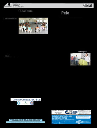 Fundado em 5 de Junho de 1990 - Dia Mundial do Meio Ambiente
Jornalista Rolando Christian Sant’ Helena Coelho - Fundador Jornal Correio do Sul
Publicações legais:
tomaz@grupocorreiodosul.com.br
Financeiro
financeiro@grupocorreiodosul.com.br
Comercial:
l48l 3533.0870
comercial@grupocorreiodosul.com.br
Diretor Geral
Jabson Muller
l48l 9955.5313
diretor@grupocorreiodosul.com.br
Diagramação/Arte:
correiodosul@grupocorreiodosul.com.br
Sul Gráfica
sulgrafica@grupocorreiodosul.com.br
Redação:
editor@grupocorreiodosul.com.br
Radio 93FM
radio93fm@grupocorreiodosul.com.br
Circulação/Assinatura
l48l 3533.0870
assinaturas@grupocorreiodosul.com.br
Rua João José Guimarães,176, Centro - Sombrio/SC - Fone: (48) 3533 0870
Editora: GCS Ltda - ME CNPJ 17.467.695/0001-19
Geral6 Correio do Sul
Terça-feira,
12 de abril de 2016
“Só um governo recém-eleito teria legitimidade. O país tem um
caminho áspero adiante. Quem poderia com sucesso governá-lo, se não
alguém diretamente eleito pelo povo?
Deputado Esperidião Amin (PP-SC), defendendo a saída conjunta de Dilma Rousseff e Michel
Temer do governo federal, em matéria publicada pelo The Wall Street Journal
”
Recado dos poderes
PeloEstado
M
inistério Público (MPSC), Tribunal de Justiça (TJSC), Tri-
bunal de Contas (TCE-SC) e Assembleia Legislativa (Alesc)
parecem não estar convencidos sobre as mudanças sofri-
das pela Previdência estadual com a Lei Complementar n° 662, de
dezembro de 2015. Em recente reunião provocada pelo Instituto de
Previdência do Estado de Santa Catarina (Iprev), representantes dos
poderes manifestaram discordância em alguns pontos, com desta-
que para o aumento e a maneira como é cobrada a taxa de adminis-
tração, fonte de custeio do Instituto, além da extinção do Fundo Pre-
videnciário, ação que gerou descontentamento geral e o apelo para
que seja restabelecido. O consultor previdenciário da Secretaria de
Estado da Fazenda, Célio Peres, representante do Executivo, ouviu
as manifestações e mostrou-se favorável a uma nova rodada de estu-
dos sobre os temas apontados. O recado da reunião foi claro: os po-
deres querem a volta do Fundo Previdenciário. Se o Executivo não
concordar, querem autonomia e que ao menos o governo permita
que mantenham a memória do Fundo em suas contas, para que não
caiam todos na vala comum do Fundo Financeiro. Diante do interes-
se do Executivo, os representantes do MPSC, do TJSC, do TCE-SC e
da Alesc mostraram-se favoráveis à abertura de uma nova rodada de
estudos, que deve ser coordenada pelo presidente do Iprev, Renato
Hinnig. O clima, agora, é de entendimento.
Articulação Deputados do PT em
Santa Catarina estão se programando
para acompanhar de perto a votação
do impeachment da presidente Dilma
Rousseff na Câmara dos Deputados,
prevista para domingo (17). Líder da
bancada estadual, a deputada Luciane
Carminatti pretende chegar a Brasília
no fim de semana. Deputada Ana Pau-
la Lima deve viajar ao Distrito Federal,
onde ainda cumprirá outras agendas,
já na quinta-feira (14). Já o deputado
Dirceu Dresch não tem data marcada
para a viagem. Padre Pedro Baldissera
e Neodi Saretta ainda estão avaliando
se viajam para a Capital nacional até o
domingo.
Lactose Projeto do senador Paulo
Bauer (PSDB-SC) que prevê a infor-
mação no rótulo dos alimentos sobre a
presença da lactose sofreu modificação
na Câmara dos Deputados. Assim, o
texto volta ao Senado para nova avalia-
ção, desta vez na Comissão de Assun-
tos Sociais. O relator será o colega tuca-
no Dalirio Beber, também catarinense.
Se aprovada, a matéria vai direto para
o Plenário da Casa em votação final.
Educação Fiesc, Fecomércio, Fetran-
cesc, Faesc e Secretaria de Estado da
Educação estão se preparando para o
próximo sábado (16), quando acontece
o Dia da Família na Escola, dentro do
Movimento Santa Catarina pela Educa-
ção. A mobilização neste ano envolve
as escolas da rede estadual e do Siste-
ma S, com a expectativa de mobilizar
mais de um milhão de pessoas. As es-
colas estão preparando programações
especiais para integrar pais, estudantes
e demais familiares. Na área de forma-
ção profissional a ênfase à apresenta-
ção de projetos práticos desenvolvidos
pelos estudantes durante os cursos.
Andréa Leonora Florianópolis - 12Abr16
/sebraesc @Sebrae_SC
Para melhorar a gestão e a produtividade e trazer
mais inovação para seu negócio, conte conosco.
SUA VIDA É SE SUPERAR A CADA
DIA? ESTAMOS JUNTOS.
PrestígionaSerra
O deputado Gabriel Ribeiro
(PSD) organizou encontro, em
Lages, para os pré-candidatos da
Serra receberem orientações jurí-
dicas sobre o que pode e o que
não pode ser feito no período
pré-eleitoral e, depois, durante
a campanha. Neste ano, os pré-
candidatos têm mais liberdade
de ação, mas durante a campa-
nha as restrições estão maiores. É um reflexo da crise política nacional.
O evento teve o prestígio do governador Raimundo Colombo, do ex
-prefeito de Lages e ex-deputado Décio Ribeiro, pai de Gabriel, e ainda
do presidente em exercício do PSD, ex-deputado Antônio Ceron.
CristinaGallo
Cidadania
³Participantes da terceira idade recebem orientação
Palestra orienta idosos
> SANTA ROSA DO SUL
Ogrupo da terceira
idade de Santa
Rosa do Sul recomeçou seus
encontros realizados no cen-
trodemúltiplouso.Nasema-
na passada, os participantes
assistiramumapalestracom
a assistente social do INSS
Rita de Cássia Farias,com
o tema Melhor idade com
qualidade. Ela abordou as-
suntos como a ampliação
e consolidação do acesso à
PrevidênciaSocial,seguran-
ça e saúde do trabalhador,
direitos das pessoas com
deficiência e pessoas idosas
e empréstimos consignados.
Osidosostiveramumespaço
para fazer perguntas e tirar
suas dúvidas.
Para a coordenadora
da terceira idade Rosa Ro-
drigues, esta e outras ações
realizadas pelo Centro de
Referência em Assistência
Social (Cras), são de ex-
trema importância para
o acesso de informação e
conhecimento da população
mais velha do município.
“Trabalhamos para dar
qualidade de vida ao nosso
grupo de terceira idade e
essas atividades ajudam a
aumentar o conhecimento
de cada um”,concluiu.
> REGIÃO
SantaCatarinapossui
atualmente 1,1 milhão ou
21% da população com
algum tipo de deficiência
declarada. Mesmo assim,
dos 295 municípios, ape-
nas 30 possuem um cole-
giadopróprioparadebater
políticas públicas para
estas pessoas. O desabado
é do secretário executivo
Região discute política para deficientes
do Conselho Estadual das
Pessoas com Deficiência,
AlexandreBelino,quenes-
ta quarta-feira coordenará
oencontrode representan-
tes da região. Na pauta,
a criação de conselhos
municipais. “Quanto mais
conselhos houver nos mu-
nicípios, mais a política
pública chegará ao cida-
dão”, defende Belino.
O Conselho Estadual
dos Direitos da Pessoa
com Deficiência é vincu-
lado à Secretaria de Es-
tado deAssistência Social,
Trabalho e Habitação.
O conselho é um órgão
colegiado e composto pelo
governo e sociedade civil
com a finalidade de pro-
mover políticas públicas
que assegurem assistên-
cia, prevenção e atendi-
mento especializado às
pessoas com deficiência,
entre outros.
A edição número 4887 do jornal Correio do Sul, que circulou na quinta-feira,
31 de março de 2016, teve um erro de digitação em sua página 14. A referida
página, destinada a publicações legais, foi impressa com a data do dia anterior,
quarta-feira, 30 de março.
Portanto, na edição número 4887 do jornal Correio do Sul, na página 14 deve-se
ler a data de quinta-feira, 31 de março de 2016.
Serviço:
O quê: Reunião sobre políticas públicas para pessoa com deficiência
Quando: Quarta, dia 13, a partir das 9h.
Onde: Auditório da Amesc
ERRATA
Cronograma da eleição
 