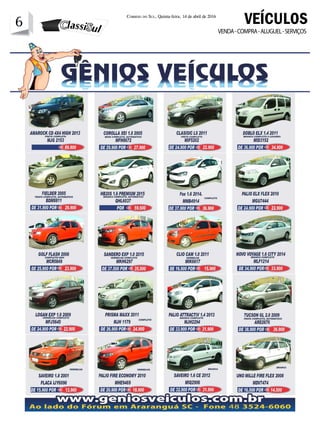 6 Correio do Sul, Quinta-feira, 14 de abril de 2016
6
VENDA-COMPRA-ALUGUEL-SERVIÇOS
VEÍCULOS
 