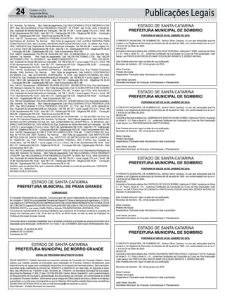 Publicações Legais24 Correio do Sul
Segunda-feira,
18 de abril de 2016
531, Sombrio; Tip: Normal; Mot: Falta de pagamento; Ced: RELOJOARIA E OTICATRESPACH LTDA
EPP; Sac: RELOJOARIA E OTICA TRESPACH LTDA EPP; Tit: 016367 ; Apr: FCDL; VEN: 21/02/2016;
Esp: Duplicata de Venda Mercantil por Indicação; Val: R$ 411,64 + Juros Legais (1% a.m.); Emol.: R$
51,86. Apontamento R$ 15,00 - Selo R$ 1,70 - Distribuição R$ 0,00 - Diligência R$ 30,00 - Condução
R$ 6,86 - Digitalização R$ 0,00- Total Emolumentos R$ 51,86.
Prot: 146137; Devedor(es): FABRICIA PEREIRA SCHEFFER - 007.606.319-48, End: RUa Mario
Sant’Helena, 45, Sombrio; Tip: Normal; Mot: Falta de pagamento; Ced: LAJOSUL MATERIAL PARA
CONSTRUCAO LTDA; Sac: LAJOSULMATERIALPARACONSTRUCAO LTDA; Tit: 48043 ;Apr: FCDL;
VEN: 10/03/2016; Esp: Duplicata de Venda Mercantil por Indicação; Val: R$ 253,98 + Juros Legais (1%
a.m.); Emol.: R$ 51,86.Apontamento R$ 15,00 - Selo R$ 1,70 - Distribuição R$ 0,00 - Diligência R$ 30,00
- Condução R$ 6,86 - Digitalização R$ 0,00- Total Emolumentos R$ 51,86.
Prot: 146077; Devedor(es): FELIPE DE OLIVEIRA OST JEN - 23.385.881/0001-01, End: Rua 306, 204,
Sombrio; Tip: Normal; Mot: Falta de pagamento; Ced: VALOR FACTORING LTDA; Sac: VALOR
FACTORING LTDA; Tit: 0014290-01 ; Apr: BANCO BRADESCO S A ; VEN: 15/12/2015;
Esp: Duplicata de Venda Mercantil por Indicação; Val: R$ 4.440,43 + Juros Legais (1% a.m.); Emol.: R$
51,86. Apontamento R$ 15,00 - Selo R$ 1,70 - Distribuição R$ 0,00 - Diligência R$ 30,00 - Condução
R$ 6,86 - Digitalização R$ 0,00- Total Emolumentos R$ 51,86.
Prot: 146149; Devedor(es): GILVANIO ESPINDOLA - 842.558.389-68, End: Rua Prefeito Fioravante
Minatto, 1060, Sombrio; Tip: Normal; Mot: Falta de pagamento; Ced: BANCO COOPERATIVO
DO BRASIL S.A.; Sac: AUTODIESEL CHAPEAÇÃO; Tit: 0720 ; Apr: BANCO DO BRASIL SA; VEN:
07/04/2016; Esp: Duplicata de Venda Mercantil por Indicação; Val: R$ 900,00 + Juros Legais (1% a.m.);
Emol.: R$ 51,86. Apontamento R$ 15,00 - Selo R$ 1,70 - Distribuição R$ 0,00 - Diligência R$ 30,00
- Condução R$ 6,86 - Digitalização R$ 0,00- Total Emolumentos R$ 51,86.
Prot: 146141; Devedor(es): HERNANDO SILVEIRA ROLDAO - 295.080.020-34, End: Rua das Acacias,
153, Balneario Gaivota;Tip: Normal; Mot: Falta de pagamento; Ced: CLAUDIAOPTICA E RELOJOARIA
LTDA ME; Sac: CLAUDIAOPTICA E RELOJOARIALTDA ME; Tit: 4084 ;Apr: FCDL; VEN: 28/10/2015;
Esp: Duplicata de Venda Mercantil por Indicação; Val: R$ 1.134,00 + Juros Legais (1% a.m.); Emol.: R$
71,91. Apontamento R$ 15,00 - Selo R$ 1,70 - Distribuição R$ 0,00 - Diligência R$ 46,00 - Condução
R$ 10,91 - Digitalização R$ 0,00- Total Emolumentos R$ 71,91.
Prot: 146142; Devedor(es): JAILSON CARDOSO COELHO - 578.845.449-20, End: Rua José Quartieiro,
258, Sombrio; Tip: Normal; Mot: Falta de pagamento; Ced: RELOJOARIA E OTICATRESPACH LTDA
EPP; Sac: RELOJOARIA E OTICA TRESPACH LTDA EPP; Tit: 1710 ; Apr: FCDL; VEN: 09/04/2014;
Esp: Duplicata de Venda Mercantil por Indicação; Val: R$ 247,20 + Juros Legais (1% a.m.); Emol.: R$
51,86. Apontamento R$ 15,00 - Selo R$ 1,70 - Distribuição R$ 0,00 - Diligência R$ 30,00 - Condução
R$ 6,86 - Digitalização R$ 0,00- Total Emolumentos R$ 51,86.
Prot: 146162; Devedor(es): JOANA DARK SANTOS DE OLIVEIRA ME - 21.725.641/0001-83, End: Via
Lat. Br 101 Francisco Possamai, S/N, Sombrio;Tip: Normal; Mot: Falta de pagamento; Ced: BANCO DO
ESTADO DO RIO GRANDE DO SUL SA; Sac: CONDOMINIO ALL SHOPPING A; Tit: 99720103 ; Apr:
BANCO SANTANDER SA; VEN: 04/04/2016; Esp: Duplicata de Venda Mercantil por Indicação; Val: R$
1.279,12 + Juros Legais (1% a.m.); Emol.: R$ 51,86.Apontamento R$ 15,00 - Selo R$ 1,70 - Distribuição
R$ 0,00 - Diligência R$ 30,00 - Condução R$ 6,86 - Digitalização R$ 0,00- Total Emolumentos R$ 51,86.
Prot: 146182; Devedor(es): M.I.IND E COM DE CONFECCOES LTDA ME - 12.587.571/0001-53, End:
Rod. Br 101 Km 435, 2007, Sombrio; Tip: Normal; Mot: Falta de pagamento; Ced: INSTITUTO DE
METROLOGIA DE SANTA CATARINA; Sac: INSTITUTO DE METROLOGIA DE SANTA CATARINA;
Tit: 169293169 ; Apr: PGF - PROCURADORIA-GERAL FEDERAL; VEN: À VISTA; Esp: Certidão de
Dívida Ativa; Val: R$ 826,77 + Juros Legais (1% a.m.); Emol.: R$ 51,86. Apontamento R$ 15,00 - Selo
R$ 1,70 - Distribuição R$ 0,00 - Diligência R$ 30,00 - Condução R$ 6,86 - Digitalização R$ 0,00- Total
Emolumentos R$ 51,86.
Prot: 146175; Devedor(es): SERGIO DASILVARAUPP- 035.257.869-64, End: Rua Maximo Rodrigues da
Silva, 502, Sombrio; Tip: Normal; Mot: Falta de pagamento; Ced: RELOJOARIA E OTICATRESPACH
LTDAEPP; Sac: RELOJOARIAE OTICATRESPACH LTDAEPP; Tit: 5503 ;Apr: FCDL; VEN: 02/10/2015;
Esp: Duplicata de Venda Mercantil por Indicação; Val: R$ 154,00 + Juros Legais (1% a.m.); Emol.: R$
51,86. Apontamento R$ 15,00 - Selo R$ 1,70 - Distribuição R$ 0,00 - Diligência R$ 30,00 - Condução
R$ 6,86 - Digitalização R$ 0,00- Total Emolumentos R$ 51,86.
Certifico, para os devidos fins, que o presente edital foi afixado no mural da serventia em: 18/04/2016.
Sombrio - SC, 18/04/2016
ARLINDO EDÍLIO DA ROSA
COMUNICADO
A Comissão Permanente de Licitações, Comunica que não houve interposição de recursos ao Processo
de Licitação nº 09/2016 na modalidadeTomada de Preços P/ Obras e Serviços de Engenharia n. 01/2016,
cujoobjetoéACONTRATAÇÃODEEMPRESAESPECIALIZADAPARAPAVIMENTAÇÃOCOMBLOCOS
DECONCRETO(lajota)SITOEMTRECHODARUAPEDROMELEIROETRECHODARUAVALDOMIRO
PEREIRA PINTO e que restou HABILITADA a licitante: PAVIMENTADORA JEREMIAS LTDA.
Comunica ao representante da empresa habilitada que a abertura do Envelope contendo a proposta de
preços fica marcado para o dia 19 de abril de 2016, as 09:00 horas, na sala do setor de licitações da
Prefeitura Municipal de praia Grande.
Comunica ainda a empresa Inabilitada que o envelope contendo a proposta de preços encontram-se a
disposição para devolução, conforme Art. 43, inciso II, da Lei 8.666/93, pelo prazo de 60(sessenta) dias.
Praia Grande, 15 de Abril de 2016.
VARNER DE OLIVEIRA
Presidente da CPL
EDITAL DE PROCESSO SELETIVO Nº 01/2016
EDUIR MARCELO, Prefeito Municipal em exercício, através da Comissão de Processo Seletivo, torna
público que estarão abertas as inscrições para realização do Processo Seletivo Simplificado para
preenchimento de vagas para contratação temporária em excepcional interesse público. Das inscrições:
inscrições serão realizadas no período de 19/04/2016 à 09/05/2016, em dias úteis, de segunda a sexta-
feira, das 08h00min as 11h00min e das 13h30min as 17h00min, na Secretaria Municipal de Educação,
sito a Rua Rui Barbosa, nº 260, 2º piso, CEP88.925-000, Centro, Morro Grande/SC, com o preenchimento
do Requerimento de Inscrição e apresentação dos documentos de inscrição, em conformidade ao Edital
do presente Processo Seletivo. Informamos que a íntegra do Edital poderá ser lida ou obtida no endereço
supracitado ou no site www.morrogrande.sc.gov.br. Maiores informações estarão disponíveis os telefones
(0xx48) 3544-0015/3544-0016 ou pelo e-mail educacao@morrogrande.sc.gov.br.
Eduir Marcelo - Prefeito Municipal em exercício.
ESTADO DE SANTA CATARINA
PREFEITURA MUNICIPAL DE PRAIA GRANDE
ESTADO DE SANTA CATARINA
PREFEITURA MUNICIPAL DE MORRO GRANDE
PORTARIA Nº 006 DE 04 DE JANEIRO DE 2016.
O PREFEITO MUNICIPAL DE SOMBRIO-SC, Senhor Zênio Cardoso, no uso das atribuições que lhe
confere a Lei Orgânica do Município de Sombrio,de 06 de abril de 1990, em conformidade com a Lei nº
1.416 de 20 de Maio de 2003.
RESOLVE:
Concede a Servidora efetiva Sra. DANIELA DA SILVA VERONEZ, matrícula nº 4368, mudança do Nível
II – 01, Para o Nível III – 01, conforme Certificado de Conclusão do Curso de Pós-Graduação “Lato
Sensu” em PRÁTICA INTERDISCIPLINAR: EDUCAÇÃO INFANTIL E SÉRIES INICIAIS.
Esta Portaria entra em vigor na data de sua publicação
Município de Sombrio - SC, 04 de janeiro de 2016.
Zênio Cardoso
Prefeito Municipal
Registrada e Publicada nesta Secretaria em data supracitada.
José Sidnei Januário
Secretário Municipal de Finanças, Administração e Planejamento
PORTARIA Nº 007 DE 04 DE JANEIRO DE 2016.
O PREFEITO MUNICIPAL DE SOMBRIO-SC, Senhor Zênio Cardoso, no uso das atribuições que lhe
confere a Lei Orgânica do Município de Sombrio,de 06 de abril de 1990, em conformidade com a Lei nº
1.416 de 20 de Maio de 2003.
RESOLVE:
Concede a Servidora efetiva Sra. SABRINADOS SANTOS VIEIRAGOMES, matrícula nº 6416, mudança
do Nível II – 01, Para o Nível III – 01, conforme Certificado de Conclusão do Curso de Pós-Graduação
“Lato Sensu” em PSICOPEDAGOGIA INSTITUCIONAL.
Esta Portaria entra em vigor na data de sua publicação
Município de Sombrio - SC, 04 de janeiro de 2016.
Zênio Cardoso
Prefeito Municipal
Registrada e Publicada nesta Secretaria em data supracitada.
José Sidnei Januário
Secretário Municipal de Finanças, Administração e Planejamento
PORTARIA Nº 008 DE 04 DE JANEIRO DE 2016.
O PREFEITO MUNICIPAL DE SOMBRIO-SC, Senhor Zênio Cardoso, no uso das atribuições que lhe
confere a Lei Orgânica do Município de Sombrio,de 06 de abril de 1990, em conformidade com a Lei nº
1.416 de 20 de Maio de 2003.
RESOLVE:
Concede a Servidora efetiva Sra. PATRICIA DE SOUZA BORBA, matrícula nº 6346, mudança do Nível
II – 01, Para o Nível III – 01, conforme Certificado de Conclusão do Curso de Pós-Graduação “Lato
Sensu” em METODOLOGIA DO ENSINO A PRÀTICA MULTIDICIPLINAR NAS SÉRIES INICIAIS DO
ENSINO FUNDAMENTAL.
Esta Portaria entra em vigor na data de sua publicação
Município de Sombrio - SC, 04 de janeiro de 2016.
Zênio Cardoso
Prefeito Municipal
Registrada e Publicada nesta Secretaria em data supracitada.
José Sidnei Januário
Secretário Municipal de Finanças, Administração e Planejamento
PORTARIA Nº 009 DE 04 DE JANEIRO DE 2016.
O PREFEITO MUNICIPAL DE SOMBRIO-SC, Senhor Zênio Cardoso, no uso das atribuições que lhe
confere a Lei Orgânica do Município de Sombrio,de 06 de abril de 1990, em conformidade com a Lei nº
1.416 de 20 de Maio de 2003.
RESOLVE:
Concede a Servidora efetiva Sra. TAIANA VALANDRO MARTINS D’AVILA, matrícula nº 6418, mudança
do Nível II – 01, Para o Nível III – 01, conforme Certificado de Conclusão do Curso de Pós-Graduação
“Lato Sensu” em PRÀTICA MULTIDICIPLINAR EDUCAÇÃO INFANTIL E SÉRIES INICIAIS.
Esta Portaria entra em vigor na data de sua publicação
Município de Sombrio - SC, 04 de janeiro de 2016.
Zênio Cardoso
Prefeito Municipal
Registrada e Publicada nesta Secretaria em data supracitada.
José Sidnei Januário
Secretário Municipal de Finanças, Administração e Planejamento
ESTADO DE SANTA CATARINA
PREFEITURA MUNICIPAL DE SOMBRIO
ESTADO DE SANTA CATARINA
PREFEITURA MUNICIPAL DE SOMBRIO
ESTADO DE SANTA CATARINA
PREFEITURA MUNICIPAL DE SOMBRIO
ESTADO DE SANTA CATARINA
PREFEITURA MUNICIPAL DE SOMBRIO
 