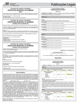 Publicações Legais14 Correio do Sul
Terça-feira,
17 de maio de 2016
ERRATA
Fica revogado o ATO 001, PROCESSO SELETIVO Nº 01/2016 (SAÚDE), publicado no Jornal Correio
do Sul, no dia 16/05/2016, na pagina 16, tendo em vista que o mesmo foi publicado erroneamente,
Município de Sombrio – SC, 16 de maio de 2016.
José Sidnei Januério
Secretário Municipal de Finanças, Administração e Planejamento
PORTARIA Nº 107 DE 12 DE MAIO DE 2016.
EXONERAA PEDIDO, SERVIDOR PÚBLICO QUE ESPECIFICA E DÁ OUTRAS PROVIDÊNCIAS
O PREFEITO MUNICIPAL DE SOMBRIO-SC, Senhor Zênio Cardoso, no uso das atribuições que lhe
confere a Lei Orgânica do Município de Sombrio, de 06 de abril de 1990, e em conformidade com a
Lei nº 1.414 de 20 de Maio de 2003.
RESOLVE:
Exonerar a Pedido o Servidor efetivo Sra. MARIBEL BATISTA SEBASTIÃO, Psicólogo, matrícula nº
3676, com carga horária de 40 horas semanais, nomeado pela Portaria nº 176, de 13 de março de 2006.
Fica revogada a Portaria nº 028, de 24 de fevereiro de 2014, e demais disposições em contrário.
Esta Portaria entra em vigor na data de sua publicação.
Município de Sombrio - SC, 12 de maio de 2016.
Zênio Cardoso
Prefeito Municipal
Registrada e Publicada nesta Secretaria em data supracitada.
José Sidnei Januário
Secretário Municipal de Finanças, Administração e Planejamento
PORTARIA Nº. 108 DE 16 DE MAIO DE 2016
NOMEIA SERVIDORES APROVADOS PELO CONCURSO PÚBLICO
EDITAL N° 001/2015 (ADMINISTRAÇÃO)
O PREFEITO MUNICIPALDE SOMBRIO-SC, Senhor Zênio Cardoso, no uso da competência privativa
que lhe confere a Lei Orgânica do Município de Sombrio, de 06 de abril de 1990 combinado com a Lei
nº. 1.414 de 20 de Maio de 2003.
RESOLVE:
Art. 1º. Nomear o servidor abaixo relacionado, aprovado no Concurso Público Edital nº. 001/2015
(Administração), para o cargo Auxiliar de Ensino Infantil, com Carga Horária de 30 (trinta) horas
semanais, como segue:
NOME
Sandra Regina Marcelino
Esta Portaria Entra em vigor na data de sua publicação.
Município de Sombrio – SC, 16 de maio de 2016.
Zênio Cardoso
Prefeito Municipal
Registrada e publicada nesta secretaria em data supracitada
José Sidnei Januário
Secretário Municipal de Finanças, Administração e Planejamento
EDITAL DE INTIMAÇÃO
ARLINDO EDÍLIO DAROSA, Titular do TABELIONATO DE NOTAS E PROTESTOS DE TÍTULOS desta
Comarca de Sombrio, situado na Av. Nereu Ramos, 1300 - Fone (48) 3533-0318 - CEP 88960-000,
atendimento das 08:00h - 12:00h e 14:00h - 18:00h, faz saber na forma da Lei aos que o presente
EDITAL virem, que se encontram nesse tabelionato para serem protestados, decorrido o prazo legal
de 03 (três) dias úteis, por não terem sido encontrados nos endereços fornecidos, ou por se recusarem
a tomar conhecimento, os títulos cujos responsáveis estão abaixo discriminados. Ficam esclarecidos,
também, de que nesse mesmo prazo poderão apresentar resposta escrita, que não impedirá a lavratura
do protesto.
PROT. APRESENTANTE / CNPJ DEVEDOR / CNPJ
Prot: 146953; Devedor(es): JOANA DARCK SANTOS DE OLVEIRA - 21.725.641/0001-83, End:
Via Lat. Br 101 Francisco Possamai, S/N, Sombrio; Tip: Normal; Mot: Falta de pagamento; Ced:
COOPERATIVA DE CREDITO; Sac: MEGA IMPORT TEXTIL LTDA; Tit: 6045661E ; Apr: BANCO
BRADESCO S A; VEN: 08/05/2016; Esp: Duplicata de Venda Mercantil por Indicação; Val: R$ 367,28
+ Juros Legais (1% a.m.); Emol.: R$ 51,86. Apontamento R$ 15,00 - Selo R$ 1,70 - Distribuição R$
0,00 - Diligência R$ 30,00 - Condução R$ 6,86 - Digitalização R$ 0,00- Total Emolumentos R$ 51,86.
Prot: 146951; Devedor(es): JOSE AMILTON DE SOUSA CANDIDO - 79.404.786/0001-62, End: Via
Lat. da Br 101 Pref. Santelmo Borba, 10120, Sombrio; Tip: Normal; Mot: Falta de pagamento; Ced:
ANTT - AGENCIA NACIONAL DE TRANS. TERRESTRES; Sac: ANTT - AGENCIA NACIONAL DE
TRANS. TERRESTRES; Tit: 59652016 ; Apr: PGF - PROCURADORIA-GERAL FEDERAL; VEN: À
VISTA; Esp: Certidão de Dívida Ativa; Val: R$ 1.826,75 + Juros Legais (1% a.m.); Emol.: R$ 85,13.
Apontamento R$ 15,00 - Selo R$ 1,70 - Distribuição R$ 0,00 - Diligência R$ 46,00 - Condução R$
24,13 - Digitalização R$ 0,00- Total Emolumentos R$ 85,13.
Prot: 146947; Devedor(es): MARLISE CRISTINA PIAZZOLLI RAMOS - 560.331.339-00, End: Rua H,
508, Balneario Gaivota; Tip: Normal; Mot: Falta de pagamento; Ced: CONFECCOES SICILIANA
LTDA ME; Sac: CONFECCOES SICILIANA LTDA ME; Tit: 002 ; Apr: FCDL; VEN: 30/01/2015; Esp:
Duplicata de Venda Mercantil por Indicação; Val: R$ 44,95 + Juros Legais (1% a.m.); Emol.: R$ 84,18.
Apontamento R$ 15,00 - Selo R$ 1,70 - Distribuição R$ 0,00 - Diligência R$ 46,00 - Condução R$
23,18 - Digitalização R$ 0,00- Total Emolumentos R$ 84,18.
Certifico, para os devidos fins, que o presente edital foi afixado no mural da serventia em: 17/05/2016.
Sombrio - SC, 17/05/2016
ARLINDO EDÍLIO DA ROSA
ESTADO DE SANTA CATARINA
PREFEITURA MUNICIPAL DE SOMBRIO
ESTADO DE SANTA CATARINA
PREFEITURA MUNICIPAL DE SOMBRIO
ESTADO DE SANTA CATARINA
PREFEITURA MUNICIPAL DE SOMBRIO
ESTADO DE SANTA CATARINA
PREFEITURA MUNICIPAL DE SOMBRIO
PROCESSO SELETIVO N.º 001/2016
ERRATA 03
O MUNICIPIO DE SOMBRIO torna pública a retificação 02 do Edital de Processo Seletivo
N°_001/2016, para admissão em caráter temporário de vagas para atuação na Secretaria
Municipal de Saúde de Sombrio/SC, nos seguintes Itens:
ONDE SE LÊ:
ANEXO II
CONTEÚDOS PROGRAMÁTICOS PARA OS CARGOS DA PROVA ESCRITA
Fonoaudiólogo
... 5. Portaria Nº 2.281, de 1º de outubro de 2009 cria os NASFs ...
Odontólogo
... 10. Portaria Nº 2.281, de 1º de outubro de 2009 - cria os NASF’s ...
Farmacêutico
... 5. Portaria Nº 2.281, de 1º de outubro de 2009 cria os NASFs. ...
Fisioterapeuta
... 6. Portaria Nº 2.281, de 1º de outubro de 2009 cria os NASFs. ...
LEIA-SE:
ANEXO II
CONTEÚDOS PROGRAMÁTICOS PARA OS CARGOS DA PROVA ESCRITA
Fonoaudiólogo
... 5. Portaria MS/GM Nº 2.488, de 21 de outubro de 2011; ...
Odontólogo
... 10. Portaria MS/GM Nº 2.488, de 21 de outubro de 2011; ...
Farmacêutico
... 5. Portaria MS/GM Nº 2.488, de 21 de outubro de 2011; ...
Fisioterapeuta
... 6. Portaria MS/GM Nº 2.488, de 21 de outubro de 2011; ...
SOMBRIO/SC, em 16 de Maio de 2016.
JOSÉ SIDNEI JANUÁRIO
Secretário Mun. de Adm. Planej. Finanças
Fica homologada a ERRATA 01 do EDITAL DE PROCESSO SELETIVO N.º 002/2016.
ZÊNIO CARDOSO
Prefeito Municipal
ESTADO DE SANTA CATARINA
PREFEITURA MUNICIPAL DE SOMBRIO
PROCESSO SELETIVO N.º 001/2016
ERRATA 02
O MUNICIPIO DE SOMBRIOtorna pública a retificação 02 do Edital de Processo Seletivo N°_001/2016,
paraadmissão em caráter temporário de vagas para atuação na Secretaria Municipal de Saúdede Sombrio/SC, nos
seguintes Itens:
ONDE SE LÊ:
2. DAS VAGAS, CARGOS, CARGA HORÁRIA, REQUISITOS MÍNIMOS.
Nº Cargo Vagas C.H. Remuneração Requisitos
01
Agente Comunitário de Saúde
(ESF) para as seguintes
localidades
a) Centro;
b) São Luiz
c) Guarita
d) Januária
e) Nova Brasília
f) São José
g) Boa Esperança
CR
40h
semanais
R$ 1.215,92
Nível Médio e residir no
bairro de atuação
ANEXO II
CONTEÚDOS PROGRAMÁTICOS PARA OS CARGOS DA PROVA ESCRITA
1. CONHECIMENTOS DE LINGUA PORTUGUESA
Para os cargos de nível Superior e/ou Médio
1. Compreensão e interpretação de textos. 2. Características dos diversos gêneros textuais. 3. Tipologia textual.
(sequência narrativa, descritiva, argumentativa, expositiva, injuntiva e dialogal). 4. Elementos de coesão e coerência
textual. 5. Funções da linguagem, Ortografia oficial. 6. Acentuação gráfica. 7. Emprego do sinal indicativo de crase. 8.
Pontuação. 9. Emprego e descrição das classes de palavras. 10. Sintaxe da oração e do período. (ênfase em
concordância e regência). 11._Significação das palavras e inferência lexical através do contexto. 12. Fonética e
Fonologia Fonema e Letra Ortografia 13. Recursos sonoros Vícios de linguagem Lexicologia Polissemia Sinônimos e
antônimos Homônimos e parônimos; 14. Morfologia Estrutura as palavras Formação das palavras Neologismos e
Estrangeirismos.
LEIA-SE:
2. DAS VAGAS, CARGOS, CARGA HORÁRIA, REQUISITOS MÍNIMOS.
Nº Cargo Vagas C.H. Remuneração Requisitos
01
Agente Comunitário de Saúde
(ESF) para as seguintes
localidades
a) Centro;
b) São Luiz
c) Guarita
d) Januária
e) Nova Brasília
f) São José
g) Boa Esperança
CR
40h
semanais
R$ 1.215,92
Nível Fundamental e
residir no bairro de atuação
 