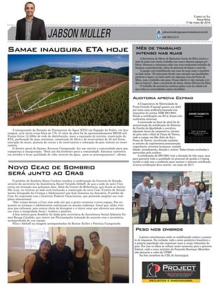 A Cooperativa de Eletricidade de
Praia Grande (Ceprag) passou em abril
por mais uma auditoria baseada nos
requisitos da norma NBR ISO 9001.
Desde a certificação em 2014, foram três
auditorias externas.
A encerrada no final de abril foi de
manutenção da certificação do Sistema
de Gestão da Qualidade e envolveu
algumas áreas da cooperativa, inician-
do pela sede e filial de Passo de Torres,
indo a campo em São João do Sul e
Passo de Torres, envolvendo também
os setores de suprimentos,manutenção,
engenharia, recursos humanos, contabi-
lidade, atendimento, direção e outros. Todas foram avaliadas e
aprovadas pelo auditor.
A certificação da ISO 9001 tem a duração de três anos, mas
para garantir toda a qualidade no processo de gestão a Ceprag
recebe a cada ano a auditoria para manter o sistema certificado.
A nova certificação deve ocorrer em maio de 2017.
JABSON MULLER
Correio do Sul
Terça-feira,
17 de maio de 2016
jabsonmuller@grupocorreiodosul.com.br
(48) 9955.5313
Samae inaugura ETA hoje
O prefeito de Sombrio Zênio Cardoso recebeu a confirmação do Governo do Estado,
através do secretário da Assistência Social Geraldo Althoff, de que a sede do novo Cras
entra em licitação nos próximos dias. Além do Centro de Referência, que ficará no bairro
São Luiz, no terreno ao lado será realizada a construção do novo Ceac (Centro de Atendi-
mento Integrado da Criança e Adolescente) que hoje funciona na Januária. O prédio do
Ceac foi negociado com o Instituto Federal Catarinense, que pretende ampliar seu com-
plexo educacional.
“Não vamos deixar o Ceac sem sede até que a gente construa o novo espaço. Por en-
quanto as crianças e adolescentes continuam no mesmo endereço. Local que, aliás, tive-
mos que reformar, pois estava cheio de ferrugem e a única coisa que oferecia aos alunos
era risco a integridade física”, lembra o prefeito.
A boa notícia para Sombrio foi dada pela secretária de Assistência Social Aldinéia Go-
mes Raupp Cândido, que esteve em Florianópolis tratando do assunto com o secretário,
acompanhada de sua equipe.
Néia e Althoff na imagem acompanhadas de Ronise Euller e Patrícia Casagrande.
Lojistas catarinenses estão se mobilizando contra o aumen-
to de impostos. Na verdade, todo o setor produtivo brasileiro e
a própria população não suportam mais a carga tributária do
país. Por isso os olhos se voltam neste momento para o governo
federal, onde o novo ministro da Fazenda Henrique Meirelles
não descarta a volta da CPMF.
Na foto membros da CDL de Araranguá.
Novo Ceac de Sombrio
será junto ao Cras
Peso nos ombros
A inauguração da Estação de Tratamento de Água (ETA) em Espigão da Pedra, em Ara-
ranguá, será nesta terça-feira às 17h. O valor da obra foi de aproximadamente R$336 mil.
Foram feitos 12.200m de rede de distribuição, mais a aquisição de terreno, construção da
ETA, perfuração de poço artesiano, construção de filtro e de reservatório de 20 mil litros,
execução de muro, pintura de cercas e do reservatório e colocação de piso interno no reser-
vatório.
O diretor geral do Samae, Everson Casagrande, faz um convite a comunidade para que
compareça a inauguração. “Será um dia histórico para a comunidade. Estamos contentes
em atender e levar qualidade de vida, através da água, para os araranguaenses”, afirma.
ASecretaria de Obras de BalneárioArroio do Silva iniciou o
mês de maio com muito trabalho nas ruas e demais espaços pú-
blicos. Homens e máquinas estão nas ruas realizando trabalho de
limpeza e patrolamento, além de pinturas de faixas e meio fio.
Aequipe vem trabalhando nas ruas da zona oeste e também
no lado norte. “Já estivemos dando uma atenção nas localidades
próximo àApae e no lado norte em algumas ruas da Praia da
Meta, mas o trabalho não para. Nosso objetivo é dar atenção à to-
dos os bairros”, disse o secretário de obras, Jaime Silveira da Silva.
O trabalho da secretaria continua pelas ruas da cidade até
que todas as comunidades sejam atendidas.
Mês de trabalho
intenso nas ruas
Auditoria aprova Ceprag
 