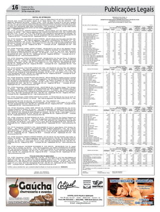 Publicações Legais16 Correio do Sul
Segunda-feira,
30 de maio de 2016
EDITAL DE INTIMAÇÃO
ARLINDO EDÍLIO DA ROSA, Titular do TABELIONATO DE NOTAS E PROTESTOS DE
TÍTULOS desta Comarca de Sombrio, situado na Av. Nereu Ramos, 1300 - Fone (48) 3533-0318 - CEP
88960-000, atendimento das 08:00h - 12:00h e 14:00h - 18:00h, faz saber na forma da Lei aos que o presente
EDITAL virem, que se encontram nesse tabelionato para serem protestados, decorrido o prazo legal de 03 (três)
dias úteis, por não terem sido encontrados nos endereços fornecidos, ou por se recusarem a tomar conhecimento,
os títulos cujos responsáveis estão abaixo discriminados. Ficam esclarecidos, também, de que nesse mesmo
prazo poderão apresentar resposta escrita, que não impedirá a lavratura do protesto.
PROT. APRESENTANTE / CNPJ DEVEDOR / CNPJ
Prot: 147147; Devedor(es): ADRIANA RAMOS FERREIRA - 827.677.009-63, End: Rua Zeferino Daboit, 256,
Sombrio; Tip: Normal; Mot: Falta de pagamento; Ced: CONFECCOES MATTRIC LTDA; Sac: CONFECCOES
MATTRIC LTDA; Tit: 6183 ; Apr: FCDL; VEN: 24/04/2016; Esp: Duplicata de Venda Mercantil por Indicação; Val:
R$ 341,19 + Juros Legais (1% a.m.); Emol.: R$ 51,86. Apontamento R$ 15,00 - Selo R$ 1,70 - Distribuição R$ 0,00
- Diligência R$ 30,00 - Condução R$ 6,86 - Digitalização R$ 0,00- Total Emolumentos R$ 51,86.
Prot: 147154; Devedor(es): ANA MARIA DE JESUS PEREIRA - 904.977.329-04, End: Rua padre João Reitz, 885,
Sombrio; Tip: Normal; Mot: Falta de pagamento; Ced: BANCO COOPERATIVO DO BRASIL S.A.; Sac:
WILHELM FREDERICO LAN; Tit: 031 ; Apr: BANCO DO BRASIL SA; VEN: 11/05/2016; Esp: Duplicata de Venda
Mercantil por Indicação; Val: R$ 95,00 + Juros Legais (1% a.m.); Emol.: R$ 51,86. Apontamento R$ 15,00 - Selo
R$ 1,70 - Distribuição R$ 0,00 - Diligência R$ 30,00 - Condução R$ 6,86 - Digitalização R$ 0,00- Total
Emolumentos R$ 51,86.
Prot: 147094; Devedor(es): DANIEL JUNIOR VITORINO - 035.822.029-76, End: Rua N, 253, Balneario Gaivota;
Tip: Normal; Mot: Falta de pagamento; Ced: GAIVOTA COMERCIO MATERIAL DE CONSTRUCAO LTDA;
Sac: GAIVOTA COMERCIO MATERIAL DE CONSTRUCAO LTDA; Tit: NP 01 ; Apr: FCDL; VEN: 15/03/2016;
Esp: Duplicata de Venda Mercantil por Indicação; Val: R$ 900,00 + Juros Legais (1% a.m.); Emol.: R$ 84,18.
Apontamento R$ 15,00 - Selo R$ 1,70 - Distribuição R$ 0,00 - Diligência R$ 46,00 - Condução R$ 23,18 -
Digitalização R$ 0,00- Total Emolumentos R$ 84,18.
Prot: 147102; Devedor(es): EDSON DIORGNES RICKEN - 806.896.049-04, End: Rua das Palmas, 79, Balneario
Gaivota; Tip: Normal; Mot: Falta de pagamento; Ced: JAIR UMBELINA VARGAS - ME; Sac: JAIR UMBELINA
VARGAS - ME; Tit: OS 4948-1 ; Apr: BANCO BRADESCO S A; VEN: 09/05/2016; Esp: Duplicata de Venda
Mercantil por Indicação; Val: R$ 1.387,00 + Juros Legais (1% a.m.); Emol.: R$ 71,91. Apontamento R$ 15,00 -
Selo R$ 1,70 - Distribuição R$ 0,00 - Diligência R$ 46,00 - Condução R$ 10,91 - Digitalização R$ 0,00- Total
Emolumentos R$ 71,91.
Prot: 147144; Devedor(es): EUCLICIANO GONCALVES DIAS - 974.705.970-34, End: Rua Piaiu, 627, Balneario
Gaivota; Tip: Normal; Mot: Falta de pagamento; Ced: GAIVOTA COMERCIO MATERIAL DE CONSTRUCAO
LTDA; Sac: GAIVOTA COMERCIO MATERIAL DE CONSTRUCAO LTDA; Tit: 603513 ; Apr: FCDL; VEN:
28/12/2012; Esp: Duplicata de Venda Mercantil por Indicação; Val: R$ 161,18 + Juros Legais (1% a.m.); Emol.: R$
77,98. Apontamento R$ 15,00 - Selo R$ 1,70 - Distribuição R$ 0,00 - Diligência R$ 46,00 - Condução R$ 16,98 -
Digitalização R$ 0,00- Total Emolumentos R$ 77,98.
Prot: 147239; Devedor(es): GILMAR DELFINO DOS SANTOS - 396.451.850-68, End: prefeito Francisco Lummertz
Junior, 1265, Sombrio; Tip: Normal; Mot: Falta de pagamento; Ced: JM PNEUS E RECAPAGENS LTDA ME;
Sac: JM PNEUS E RECAPAGENS LTDA ME; Tit: 32782//01 ; Apr: BANCO DO BRASIL SA; VEN: 05/05/2016;
Esp: Duplicata de Venda Mercantil por Indicação; Val: R$ 1.773,00 + Juros Legais (1% a.m.); Emol.: R$ 51,86.
Apontamento R$ 15,00 - Selo R$ 1,70 - Distribuição R$ 0,00 - Diligência R$ 30,00 - Condução R$ 6,86 -
Digitalização R$ 0,00- Total Emolumentos R$ 51,86.
Prot: 147253; Devedor(es): JAIRO BORGES ELIAS - 020.537.899-48, End: Av. Getulio Vargas, 1109, Sombrio;
Tip: Normal; Mot: Falta de pagamento; Ced: RENOVADORA DE PNEUS IRMÃO DA ESTRADA LTDA EPP;
Sac: RENOVADORA DE PNEUS IRMÃO DA ESTRADA LTDA EPP; Tit: 6532001 ; Apr: CAIXA ECONÔMICA
FEDERAL; VEN: 04/05/2016; Esp: Duplicata de Venda Mercantil por Indicação; Val: R$ 300,00 + Juros Legais (1%
a.m.); Emol.: R$ 51,86. Apontamento R$ 15,00 - Selo R$ 1,70 - Distribuição R$ 0,00 - Diligência R$ 30,00 -
Condução R$ 6,86 - Digitalização R$ 0,00- Total Emolumentos R$ 51,86.
Prot: 147275; Devedor(es): JOANA DARCK SANTOS DE OLVEIRA - 21.725.641/0001-83, End: Via Lat. da Br 101
Francisco Possamai, S/N, Sombrio; Tip: Normal; Mot: Falta de pagamento; Ced: BANCO DAYCOVAL S A; Sac:
BECKHAUSER IND.COM. DE MALHAS; Tit: 6047507D ; Apr: ITAU UNIBANCO SA ; VEN:
18/05/2016; Esp: Duplicata de Venda Mercantil por Indicação; Val: R$ 1.314,51 + Juros Legais (1% a.m.); Emol.:
R$ 51,86. Apontamento R$ 15,00 - Selo R$ 1,70 - Distribuição R$ 0,00 - Diligência R$ 30,00 - Condução R$ 6,86
- Digitalização R$ 0,00- Total Emolumentos R$ 51,86.
Prot: 147129; Devedor(es): JOANA DARK SANTOS DE OLIVEIRA ME - 21.725.641/0001-83, End: Br-101,
Francisco Possamai, sn, Sombrio; Tip: Normal; Mot: Falta de pagamento; Ced: BANCO DO ESTADO DO RIO
GRANDE DO SUL SA; Sac: CONDOMINIO ALL SHOPPING A; Tit: 920070102 ; Apr: BANCO SANTANDER SA;
VEN: 15/05/2016; Esp: Duplicata de Venda Mercantil por Indicação; Val: R$ 1.321,53 + Juros Legais (1% a.m.);
Emol.: R$ 51,86. Apontamento R$ 15,00 - Selo R$ 1,70 - Distribuição R$ 0,00 - Diligência R$ 30,00 - Condução
R$ 6,86 - Digitalização R$ 0,00- Total Emolumentos R$ 51,86.
Prot: 147092; Devedor(es): NILVANA BORGES DA SILVA - 679.374.039-34, End: Rua Teodoro Rodrigues de
Oliveira, 386, Sombrio; Tip: Normal; Mot: Falta de pagamento; Ced: CONFECCOES MATTRIC LTDA; Sac:
CONFECCOES MATTRIC LTDA; Tit: 1068225 ; Apr: FCDL; VEN: 30/04/2016; Esp: Duplicata de Venda Mercantil
por Indicação; Val: R$ 306,00 + Juros Legais (1% a.m.); Emol.: R$ 51,86. Apontamento R$ 15,00 - Selo R$ 1,70 -
Distribuição R$ 0,00 - Diligência R$ 30,00 - Condução R$ 6,86 - Digitalização R$ 0,00- Total Emolumentos R$
51,86.
Prot: 147174; Devedor(es): PIZZARITO LTDA - 09.643.582/0001-07, End: Av. nereu Ramos, 1518, Sombrio; Tip:
Normal; Mot: Falta de pagamento; Ced: COMERCIAL RIMA FOMENTO MERCANTIL LTDA; Sac: FORTEX
COM. MAQUINAS.; Tit: 50030/1 ; Apr: BANCO DO BRASIL SA; VEN: 09/05/2016; Esp: Duplicata de Venda
Mercantil por Indicação; Val: R$ 355,00 + Juros Legais (1% a.m.); Emol.: R$ 51,86. Apontamento R$ 15,00 - Selo
R$ 1,70 - Distribuição R$ 0,00 - Diligência R$ 30,00 - Condução R$ 6,86 - Digitalização R$ 0,00- Total
Emolumentos R$ 51,86.
Prot: 147205; Devedor(es): RENATA CANDIDO PEREIRA - 037.193.189-40, End: Rua Demétrio José Coelho, sn,
Sombrio; Tip: Normal; Mot: Falta de pagamento; Ced: MOVEIS GAIVOTA LTDA ME; Sac: MOVEIS GAIVOTA
LTDA ME; Tit: 1182/07 ; Apr: BANCO DO BRASIL SA; VEN: 15/05/2016; Esp: Duplicata de Venda Mercantil por
Indicação; Val: R$ 710,00 + Juros Legais (1% a.m.); Emol.: R$ 51,86. Apontamento R$ 15,00 - Selo R$ 1,70 -
Distribuição R$ 0,00 - Diligência R$ 30,00 - Condução R$ 6,86 - Digitalização R$ 0,00- Total Emolumentos R$
51,86.
Prot: 147158; Devedor(es): VALDIRENE ALEXANDRE M DOS SANTOS - 026.290.949-95, End: Av. Getulio
Vargas, Sala 14, Sombrio; Tip: Normal; Mot: Falta de pagamento; Ced: BANCO COOPERATIVO DO BRASIL
S.A.; Sac: WILHELM FREDERICO LAN; Tit: 032 ; Apr: BANCO DO BRASIL SA; VEN: 04/05/2016; Esp: Duplicata
de Venda Mercantil por Indicação; Val: R$ 171,00 + Juros Legais (1% a.m.); Emol.: R$ 51,86. Apontamento R$
15,00 - Selo R$ 1,70 - Distribuição R$ 0,00 - Diligência R$ 30,00 - Condução R$ 6,86 - Digitalização R$ 0,00-
Total Emolumentos R$ 51,86.
TÍTULOS PARA FINS FALIMENTARES
Prot: 147261; Devedor(es): VISION COMERCIAL LTDA ME - 02.393.212/0001-01, End: Rua Aires Medeiros de
Souza, 490, Sombrio; Tip: Fins Falim; Mot: Falta de pagamento; Ced: IND E COM DE CALCADOS SUZANA
SANTOS LTDA; Sac: IND E COM DE CALCADOS SUZANA SANTOS LTDA; Tit: 121238-F ; Apr: BANCO
BRADESCO S A; VEN: 20/05/2016; Esp: Duplicata de Venda Mercantil por Indicação; Val: R$ 23.827,00 + Juros
Legais (1% a.m.); Emol.: R$ 51,86. Apontamento R$ 15,00 - Selo R$ 1,70 - Distribuição R$ 0,00 - Diligência R$
30,00 - Condução R$ 6,86 - Digitalização R$ 0,00- Total Emolumentos R$ 51,86.
Certifico, para os devidos fins, que o presente edital foi afixado no mural da serventia em: 30/05/2016.
Sombrio - SC, 30/05/2016
ARLINDO EDÍLIO DA ROSA
 