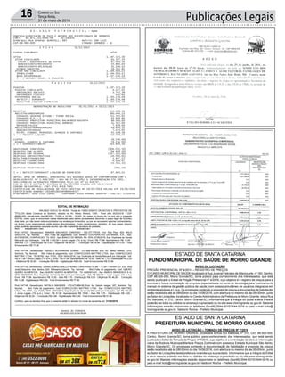 Publicações Legais16 Correio do Sul
Terça-feira,
31 de maio de 2016
AVISO DE LICITAÇÃO
PREGÃO PRESENCIAL Nº 4/2016 – REGISTRO DE PREÇOS
O FUNDO MUNICIPAL DE SAÚDE, localizado à Rua Juvenal Feliciano de Bitencourte, nº 160, Centro,
CEP 88.925-000, Morro Grande/SC, torna público para conhecimento dos interessados, que está
sendo publicado o Edital de Pregão Presencial nº 4/2016, cujo objetivo é o registro de preços para a
eventual e futura contratação de empresa especializada no ramo de tecnologia para licenciamento
mensal de sistema de gestão pública de saúde, com acesso simultâneo de usuários integrados em
ambiente windows e Linux. Os envelopes contendo a proposta de preços e documentos de habilitação
serão recebidos até às 09h00min do dia 14/06/2016, com abertura no mesmo dia às 09h30min, junto
ao Setor de Licitações, localizado no CentroAdministrativo da Prefeitura de Morro Grande, sito a Rua
Rui Barbosa, nº 310, Centro, Morro Grande/SC. Informamos que a íntegra do Edital e seus anexos
poderão ser lidos ou obtidos no endereço supracitado ou no site www.morrogrande.sc.gov.br. Maiores
informações estarão disponíveis os telefones (0xx48) 3544-0015/3544-0016 ou pelo e-mail licita@
morrogrande.sc.gov.br. Valdionir Rocha - Prefeito Municipal.
AVISO DE LICITAÇÃO – TOMADA DE PREÇOS Nº 7/2016
A PREFEITURA DE MORRO GRANDE, localizada a Rua Rui Barbosa, nº 310, CEP 88.925-000,
Centro, Morro Grande/SC, torna público para conhecimento dos interessados, que está sendo
publicado o Edital de Tomada de Preços nº 7/2016, cujo objetivo é a contratação de obra de intersecção
viária da Rodovia Municipal Marlene Piazza Zuchinali com acesso a Estrada Municipal São Bento,
Morro Grande/SC. Os envelopes contendo a documentação de habilitação e proposta de preços
serão recebidos até às 08h30min do dia 16/06/2016, com abertura no mesmo dia às 09h00min, junto
ao Setor de Licitações desta prefeitura no endereço supracitado. Informamos que a íntegra do Edital
e seus anexos poderão ser lidos ou obtidos no endereço supracitado ou no site www.morrogrande.
sc.gov.br. Maiores informações estarão disponíveis os telefones (0xx48) 3544-0015/3544-0016 ou
pelo e-mail licita@morrogrande.sc.gov.br. Valdionir Rocha - Prefeito Municipal.
ESTADO DE SANTA CATARINA
FUNDO MUNICIPAL DE SAÚDE DE MORRO GRANDE
ESTADO DE SANTA CATARINA
PREFEITURA MUNICIPAL DE MORRO GRANDE
EDITAL DE INTIMAÇÃO
ARLINDO EDÍLIO DA ROSA, Titular do TABELIONATO DE NOTAS E PROTESTOS DE
TÍTULOS desta Comarca de Sombrio, situado na Av. Nereu Ramos, 1300 - Fone (48) 3533-0318 - CEP
88960-000, atendimento das 08:00h - 12:00h e 14:00h - 18:00h, faz saber na forma da Lei aos que o presente
EDITAL virem, que se encontram nesse tabelionato para serem protestados, decorrido o prazo legal de 03 (três)
dias úteis, por não terem sido encontrados nos endereços fornecidos, ou por se recusarem a tomar conhecimento,
os títulos cujos responsáveis estão abaixo discriminados. Ficam esclarecidos, também, de que nesse mesmo
prazo poderão apresentar resposta escrita, que não impedirá a lavratura do protesto.
PROT. APRESENTANTE / CNPJ DEVEDOR / CNPJ
Prot: 147222; Devedor(es): AMANDA MACHADO CARDOSO - 082.377.779-05, End: Rua Piaui, 624, BALN
GAIVOTA; Tip: Normal; Mot: Falta de pagamento; Ced: BANCO COOPERATIVO DO BRASIL S.A.; Sac:
AUTODIESEL CHAPEACAO; Tit: 0510 ; Apr: BANCO DO BRASIL SA; VEN: 07/05/2016; Esp: Duplicata de Venda
Mercantil por Indicação; Val: R$ 1.000,00 + Juros Legais (1% a.m.); Emol.: R$ 77,98. Apontamento R$ 15,00 -
Selo R$ 1,70 - Distribuição R$ 0,00 - Diligência R$ 46,00 - Condução R$ 16,98 - Digitalização R$ 0,00- Total
Emolumentos R$ 77,98.
Prot: 147145; Devedor(es): ANDIELE ALEXANDRE GOMES - 072.699.459-69, End: Av. Nereu Ramos, 1375,
Sombrio; Tip: Normal; Mot: Falta de pagamento; Ced: CONFECCOES MATTRIC LTDA; Sac: CONFECCOES
MATTRIC LTDA; Tit: 30782 ; Apr: FCDL; VEN: 05/04/2016; Esp: Duplicata de Venda Mercantil por Indicação; Val:
R$ 611,08 + Juros Legais (1% a.m.); Emol.: R$ 51,86. Apontamento R$ 15,00 - Selo R$ 1,70 - Distribuição R$ 0,00
- Diligência R$ 30,00 - Condução R$ 6,86 - Digitalização R$ 0,00- Total Emolumentos R$ 51,86.
Prot: 147135; Devedor(es): DANIELA MASCARELLO NUNES LANCHONETE ME - 17.281.716/0001-07, End: Rua
José Delaudino dos Santos, 220, Balneario Gaivota; Tip: Normal; Mot: Falta de pagamento; Ced: QUERO
QUERO ALIMENTOS; Sac: QUERO QUERO ALIMENTOS; Tit: A000201423 ; Apr: BANCO BRADESCO S A;
VEN: 03/05/2016; Esp: Duplicata de Venda Mercantil por Indicação; Val: R$ 253,88 + Juros Legais (1% a.m.);
Emol.: R$ 77,98. Apontamento R$ 15,00 - Selo R$ 1,70 - Distribuição R$ 0,00 - Diligência R$ 46,00 - Condução
R$ 16,98 - Digitalização R$ 0,00- Total Emolumentos R$ 77,98.
Prot: 147146; Devedor(es): NATALIA MAGENIS - 072.473.989-06, End: Av. Getulio vargas, 327, Sombrio; Tip:
Normal; Mot: Falta de pagamento; Ced: CONFECCOES MATTRIC LTDA; Sac: CONFECCOES MATTRIC
LTDA; Tit: 4769 ; Apr: FCDL; VEN: 05/01/2014; Esp: Duplicata de Venda Mercantil por Indicação; Val: R$ 483,07
+ Juros Legais (1% a.m.); Emol.: R$ 51,86. Apontamento R$ 15,00 - Selo R$ 1,70 - Distribuição R$ 0,00 -
Diligência R$ 30,00 - Condução R$ 6,86 - Digitalização R$ 0,00- Total Emolumentos R$ 51,86.
Certifico, para os devidos fins, que o presente edital foi afixado no mural da serventia em: 31/05/2016.
Sombrio - SC, 31/05/2016
ARLINDO EDÍLIO DA ROSA
 