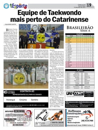 Política 19Correio do Sul
Quarta-feira,
15 de junho de 2016
EquipedeTaekwondo
maispertodoCatarinense> BALNEÁRIOGAIVOTA
Balneário Gaivota
conquistou o bi-
campeonato da Copa do
Brasil Interclubes de Ta-
ekwondo.Aequipe do mes-
trePierreLopes,doCentro
União de Artes Marciais,
conquistou o título com 17
campeões, 4 vice campeões
e uma terceira colocação.
Os atletas Gustavo
Cardoso, Gustavo Mello,
Ana Clara Mello, Pablo
Saulo Scarabelot, Rudi
Mateus, Brenda Lopes e
GabrielGonçalvessesagra-
ram bi campeões da Copa
do Brasil Interclubes na
categoria individual.
A competição aconte-
ceu na cidade de Balneário
Camboriúduranteofinalde
semana com a participação
de vários municípios e deze-
nasdeatletasqueforamem
busca do título e de pontos
Pos. Equipes PG J V E D GP GC SG %
1 Internacional 16 7 5 1 1 8 3 5 76.2
2 Palmeiras 15 7 5 0 2 14 7 7 71.4
3 Grêmio 14 7 4 2 1 11 5 6 66.7
4 Corinthians 13 7 4 1 2 10 5 5 61.9
5 Santos 10 7 3 1 3 9 6 3 47.6
6 Flamengo 10 7 3 1 3 7 7 0 47.6
7 São Paulo 10 7 3 1 3 6 6 0 47.6
8 Ponte Preta 10 7 3 1 3 7 9 -2 47.6
9 Atlético-PR 10 7 3 1 3 7 10 -3 47.6
10 Chapecoense 10 7 2 4 1 11 9 2 47.6
11 Fluminense 10 7 2 4 1 6 6 0 47.6
12 Figueirense 9 7 2 3 2 7 7 0 42.9
13 Vitória 9 7 2 3 2 8 10 -2 42.9
14 Santa Cruz 8 7 2 2 3 11 9 2 38.1
15 Cruzeiro 8 7 2 2 3 8 11 -3 38.1
16 Coritiba 7 7 2 1 4 10 13 -3 33.3
17 Atlético-MG 7 7 1 4 2 10 13 -3 33.3
18 Sport 5 7 1 2 4 8 12 -4 23.8
19 América-MG 5 7 1 2 4 6 11 -5 23.8
20 Botafogo 5 7 1 2 4 4 9 -5 23.8
Classificação
19h30 São Paulo x Vitória
19h30 Chapecoense x Grêmio
19h30 Ponte Preta x Atlético-PR
21h00 Botafogo x América-MG
21h00 Santos x Sport
21h00 Santa Cruz x Figueirense
21h45 Cruzeiro x Flamengo
21h45 Coritiba x Palmeiras
19h30 Internacional x Atlético-MG
20h00 Fluminense x Corinthians
8ª Rodada
Quarta - 15/06/2015
Quinta - 16/06/2016
Brasileirão
Série A
para o ranking catarinense.
Os melhores em cada cate-
goria terão a oportunidade
de disputar o Campeonato
Brasileiro que acontece em
Santa Maria/RS no mês de
setembro.
A equipe gaivotense
conta no momento com 11
atletasemprimeirolugarno
ranking e outros que ainda
têm chance, pois estão em
segundo lugar no ranking
catarinenseemsuascatego-
rias.BalneárioGaivotapode
ser o município com mais
participantes na Seleção
Catarinense.
As etapas anteriores
foram em Penha, Balneário
Gaivota, e está última em
Balneário Camboriú.Agora
a preparação do grupo visa
a quarta e última etapa,
que acontece em agosto em
Florianópolis.
Oscampeõesdofinalde
semanaforam:LuísAntônio
Pontes, 3 categorias; Pablo
Saulo,2categorias;Anthony
A. Lopes, Gustavo Mello,
Ana Clara Mello, Gustavo
Cardoso,LeonardoCardoso,
Gabriel Gonçalves, Marcos
Valentim, Brenda Lopes,
Adrian da Cunha, Rudi
Mateus, Stefany Alves e
Lorenzzo Cararo.
Vicecampeões:Giovana
da Rosa, Wesley Silva e Fe-
lipe Pignatel. Classificação
por equipes: 1- Balneário
Gaivota,2- Picarras,3-Bal-
neário Camboriú, 4- Caça-
dor e 5- Barra Velha.
CONTRATA-SE:
REPRESENTANTES (PJ) PARA AS CIDADES:
Araranguá Criciúma Sombrio
Interessados entrar em contato através do fone: (48) 3381-4400 ou enviar e-mail:
globo@consorcioglobo.com.br
 