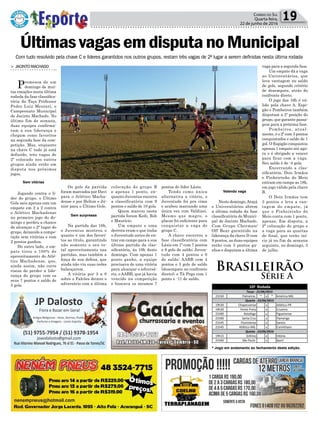 Política 19Correio do Sul
Quarta-feira,
22 de junho de 2016
ÚltimasvagasemdisputanoMunicipal
> JACINTOMACHADO
Promessa de um
domingo de mui-
tas emoções nesta última
rodada da fase classifica-
tória da Taça Professor
Pedro Luiz Mezzari, o
Campeonato Municipal
de Jacinto Machado. No
último fim de semana,
duas equipes confirma-
ram a sua liderança e
chegam como favoritos
na segunda fase da com-
petição. Mas, enquanto
na chave C tudo já está
definido, três vagas de
2º colocado nos outros
grupos ainda estão em
disputa nos próximos
jogos.
Jogando contra o lí-
der do grupo, o Último
Gole saiu apenas com um
empate em 2 a 2 contra
o Atlético Machadense
no primeiro jogo do do-
mingo e perdeu a chance
de alcançar o 2º lugar do
grupo, deixando a compe-
tição sem vitórias e com
2 pontos ganhos.
Do outro lado, o em-
pate tirou o 100% de
aproveitamento do Atlé-
tico Machadense, que,
ainda assim, não corre
riscos de perder a lide-
rança do grupo com os
seus 7 pontos e saldo de
5 gols.
21h30 Palmeiras * x * América-MG
19h30 Chapecoense x Atlético-PR
19h30 Ponte Preta x Cruzeiro
21h00 Botafogo x Figueirense
21h00 Santa Cruz x Flamengo
21h45 Fluminense x Santos
21h45 Atlético-MG x Corinthians
19h15 Grêmio x Vitória
21h00 São Paulo x Sport
21h30 Coritiba x Internacional
10ª Rodada
Terça - 21/06/2015
Quinta - 23/06/2016
Quarta - 22/06/2015
Brasileirão
Série A
Com tudo resolvido pela chave C e líderes garantidos nos outros grupos, restam três vagas de 2º lugar a serem definidas nesta última rodada
* Jogo em andamento ao fechamento desta edição.
Sem vitórias
Sem surpresas
Valendo vaga
Os gols da partida
foram marcados por Davi
para o Atlético Macha-
dense e por Helton e Jú-
nior para o Último Gole.
Na partida das 16h,
o Juventus mostrou o
quanto é um dos favori-
tos ao título, garantindo
não somente o seu to-
tal aproveitamento nas
partidas, mas também a
força de sua defesa, que
ainda não viu suas redes
balançarem.
A vitória por 3 a 0
sobre o Falcões deixou o
adversário com a última
colocação do grupo B
e apenas 1 ponto, en-
quanto Juventus encerra
a classificatória com 9
pontos e saldo de 10 gols.
Quem marcou nesta
partida foram Kedi, Rob
e Maurício.
Um empate e uma
derrota eram o que tinha
o Juventude antes de en-
trar em campo para a sua
última partida da clas-
sificatória, às 18h deste
domingo. Com apenas 1
ponto ganho, a equipe
precisava de uma vitória
para alcançar o adversá-
rio, o AABB, que já havia
vencido na competição
e buscava os mesmos 7
pontos do líder Lázio.
Tendo como única
alternativa a vitória, o
Juventude foi pra cima
e acabou marcando uma
única vez com Valdinei.
Mesmo que magro, o
placar foi suficiente para
conquistar a vaga do
grupo C.
A chave encerrou a
fase classificatória com
Lázio em 1º com 7 pontos
e 8 gols de saldo; Juven-
tude com 4 pontos e 0
de saldo; AABB com 4
pontos e 3 gols de saldo
(desempate no confronto
direto); e Tá Pego com 1
ponto e -11 de saldo.
Neste domingo,Araçá
e Universitários abrem
a última rodada da fase
classificatória do Munici-
pal de Jacinto Machado.
Com Grupo Cherman/
Off Bear garantido na
liderança da chave D com
9 pontos, as duas equipes
estão com 3 pontos ga-
nhos e disputam a última
vaga para a segunda fase.
Um empate dá a vaga
ao Universitários, que
leva vantagem no saldo
de gols, segundo critério
de desempate, atrás do
confronto direto.
O jogo das 16h é vá-
lido pela chave A. Espi-
gão e Pombeiros também
disputam a 2º posição do
grupo, que garante passa-
gem para a próxima fase.
Pombeiros, atual-
mente, é o 2º com 3 pontos
conquistados e saldo de 1
gol. O Espigão conquistou
apenas 1 empate até ago-
ra e é obrigado a vencer
para ficar com a vaga.
Seu saldo é de -4 gols.
Encerrando a clas-
sificatória, Dois Irmãos
e Pinheirinho do Meio
entram em campo as 18h,
em jogo válido pela chave
B.
O Dois Irmãos tem
3 pontos e leva a van-
tagem do empate, já
que o Pinheirinho do
Meio conta com 1 ponto,
apenas. Em disputa, a
2ª colocação do grupo e
a vaga para as quartas
de final, que terão iní-
cio já no fim de semana
seguinte, no domingo, 3
de julho.
 