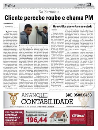 foi visto passando por Ma-
racajá, pela marginal da
rodovia,adentrandonomu-
nicípio em alta velocidade,
fugindo pela avenida prin-
cipal,voltandoparaarodo-
via,fugindodasguarnições
evoltandoparaAraranguá.
Minutos depois, por volta
das19h55min,aguarnição
da PM de Maracajá inter-
ceptou o veículo próximo a
um posto de combustível,
na saída de Maracajá.
Os policiais encontra-
ram com os criminosos o
simulacro de pistola, R$
358,00, a televisão e os
demaisprodutosroubados.
De acordo com a PM, o
Corolla tinha sido roubado
em Içara.
Na delegacia um dos
marginaisestavabastante
alterado. Juliel da Silva
Cougorni, de 29 anos, mo-
rador do bairro Progresso
em Criciúma, xingava a
imprensa e debochava dos
militares. Apesar de estar
na condicional e ter passa-
gem por tráfico de drogas,
ele achava que não ficaria
preso devido ao roubo. Seu
comparsa,RamonPrudên-
cio da Silva,18, confessou
ter roubado o veículo uti-
lizado no assalto no início
da manhã de sábado, em
Içara. Ele completou a
maioridade penal neste
anoeestavacommandado
de apreensão em aberto,
poiseraforagidodoCasepe
desdeentãoestavaescondi-
do no bairro Barranca, em
Araranguá.
Os assaltantes foram
indiciados pelo crime de
roubo e a prisão foi confir-
mada na audiência de cus-
tódia.Ambosencontram-se
na ala de triagem do Presí-
dioRegionaldeAraranguá,
aguardandoaremoçãopara
outro local do estado.
Polícia 13Correio do Sul
Segunda-feira,
18 de julho de 2016
³Ramon e Juliel assaltaram e acabaram na cadeia
Gislaine Fontoura
Cliente percebe roubo e chama PM
Na Farmácia
> ARARANGUÁ
Na noite de sába-
do, por volta de
19h50min, dois bandidos
portando um simulacro
(imitação) de uma pistola
invadiram uma farmá-
cia localizada na avenida
Presidente João Goulart,
no bairro Cidade Alta, em
Araranguá.Elesrenderam
dois funcionários que esta-
vam no local, um homem e
uma mulher e roubaram o
dinheiro do caixa, medica-
mentos, dentre eles caixas
de Viagra (remédio usado
para impotência sexual),
camisinhas, uma televisão
de 32 polegadas com o con-
trole remoto, produtos de
perfumaria e queriam os
celulares dos funcionários,
queacabaramnãolevando.
Um dos ladrões orde-
nou que a mulher levasse
a televisão até o carro que
usaram para cometer o as-
salto,umToyotaCorolla,de
cor verde. Neste momento,
um cliente que iria entrar
na farmácia percebeu o
assalto e acionou a Polícia
Militar. A dupla só saiu do
estabelecimento comer-
cial ao notar o cliente se
afastando e fugiu em alta
velocidade em direção a
BR-101 norte.
Pouco depois, o veículo
Homicídios aumentam no estado
> ESTADO
Números divulga-
dos pela Secretaria de
Estado da Segurança
Pública (SSP) revelam
que Santa Catarina
registrou queda no nú-
mero de latrocínios
(roubos seguido de
morte) e aumento no
número de homicídios
dolosos (com intenção
de matar) no primeiro
semestre de 2016 na
comparação com o mes-
mo período de 2015.
De 1º de janeiro
a 30 de junho foram
registrados 445 assas-
sinatos, contra 385 em
2015, uma variação de
15,6%. Já os latrocí-
nios tiveram queda de
30%. Foram 43 casos
em 2015 contra 30 em
2016. Também houve
redução nos crimes de
lesão corporal seguida
de morte, pessoa morta
por policial civil e poli-
cial militar em serviço.
Em 188 cidades de
Santa Catarina a taxa
de homicídios é zero,
ou seja, não houve re-
gistro de assassinato
nestes municípios.
A taxa de homi-
ças de segurança no
combate aos crimes
contra a vida e o pa-
trimônio. Neste pri-
meiro semestre, foram
instaurados 61 autos
de prisão em flagran-
te, 132 procedimentos
policiais contra auto-
res de tentativa de ho-
micídio, 606 de roubo
consumado e 15 contra
autores de latrocínio e
tentativa.
Os crimes ocorre-
ram com mais intensi-
dade na região Norte,
115 no total. Na sequ-
ência vem o Vale do Ita-
jaí com 106 registros;
Grande Florianópolis
72; seguido do Oeste
com 64; Sul com 62; e
Planalto com 26 homi-
cídios.
Dos 445 homicídios,
cerca de 65% das víti-
mas possuem antece-
dentes criminais e em
cerca de 70% desses
casos o histórico tem a
ver com tráfico ou uso
de drogas. Mesmo per-
centual repete-se em
relação aos autores de
crimes, também identi-
ficados com passagens
de prisão por tráfico e
roubos.
cídios no Estado fechou
no primeiro semestre a
marca de 6,7 mortes in-
tencionais por grupo de
100 mil habitantes, ou
seja, abaixo da chamada
zona de epidemia, classi-
ficada pela Organização
Mundial de Saúde (OMS)
quando há 10 ou mais
homicídios por 100 mil
habitantes/ano. A taxa
de homicídios no Brasil
é de 27 para 100 mil ha-
bitantes.
Das 13 cidades cata-
rinenses com população
acima dos 100 mil ha-
bitantes, apenas uma
- Itajaí – registrou taxa
superior a 10 mortos por
cada grupo de100 mil. No
município, o semestre ter-
minou com a taxa de 10,1.
As outras 12 cidades têm
taxa inferior a 10.
De acordo com o se-
cretário da Segurança
Pública, César Augusto
Grubba, o quadro ge-
ral em Santa Catarina
apresenta números bem
distanciados da realida-
de nacional, o que tem
colocado o Estado em
permanente condição de
destaque positivo.
Grubba também men-
ciona o trabalho das for-
 