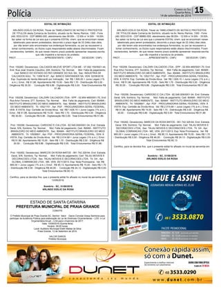 Polícia 15Correio do Sul
Quarta-feira,
14 de setembro de 2016
EDITAL DE INTIMAÇÃO
ARLINDO EDÍLIO DA ROSA, Titular do TABELIONATO DE NOTAS E PROTESTOS
DE TÍTULOS desta Comarca de Sombrio, situado na Av. Nereu Ramos, 1300 - Fone
(48) 3533-0318 - CEP 88960-000, atendimento das 08:00h - 12:00h e 14:00h - 18:00h,
faz saber na forma da Lei aos que o presente EDITAL virem, que se encontram nesse
tabelionato para serem protestados, decorrido o prazo legal de 03 (três) dias úteis,
por não terem sido encontrados nos endereços fornecidos, ou por se recusarem a
tomar conhecimento, os títulos cujos responsáveis estão abaixo discriminados. Ficam
esclarecidos, também, de que nesse mesmo prazo poderão apresentar resposta escrita,
que não impedirá a lavratura do protesto.
PROT. .........................................APRESENTANTE / CNPJ DEVEDOR / CNPJ
Prot: 150260; Devedor(es): CALCADOS MILEVE SPORT LTDA ME - 07.092.155/0001-44,
End: Rua José Vicente Claudino, 245, Sombrio; Tip: Normal; Mot: Falta de pagamento;
Ced: BANCO DO ESTADO DO RIO GRANDE DO SUL SA; Sac: INDUSTRIA DE
CALCADOS AGU; Tit: 1359/16-07 ; Apr: BANCO SANTANDER SA; VEN: 02/09/2016;
Esp: Duplicata de Venda Mercantil por Indicação; Val: R$ 1.500,00 + Juros Legais (1%
a.m.); Emol.: R$ 51,86. Apontamento R$ 15,00 - Selo R$ 1,70 - Distribuição R$ 0,00 -
Diligência R$ 30,00 - Condução R$ 6,86 - Digitalização R$ 0,00- Total Emolumentos R$
51,86.
Prot: 150258; Devedor(es): CALZARI CALCADOS LTDA - EPP - 02.654.469/0001-70, End:
Rua Artur Ferreira, 277, Sombrio; Tip: Normal; Mot: Falta de pagamento; Ced: IBAMA -
INSTITUTO BRASILEIRO DO MEIO AMBIENTE; Sac: IBAMA - INSTITUTO BRASILEIRO
DO MEIO AMBIENTE; Tit: 10521701 ; Apr: PGF - PROCURADORIA-GERAL FEDERAL;
VEN: À VISTA; Esp: Certidão de Dívida Ativa; Val: R$ 1.629,15 + Juros Legais (1% a.m.);
Emol.: R$ 51,86. Apontamento R$ 15,00 - Selo R$ 1,70 - Distribuição R$ 0,00 - Diligência
R$ 30,00 - Condução R$ 6,86 - Digitalização R$ 0,00- Total Emolumentos R$ 51,86.
Prot: 150256; Devedor(es): CARDOSO E CIA LTDA - 82.548.009/0001-04, End: Estrada
Geral, S/N, Sombrio; Tip: Normal; Mot: Falta de pagamento; Ced: IBAMA - INSTITUTO
BRASILEIRO DO MEIO AMBIENTE; Sac: IBAMA - INSTITUTO BRASILEIRO DO MEIO
AMBIENTE; Tit: 10526601 ; Apr: PGF - PROCURADORIA-GERAL FEDERAL; VEN: À
VISTA; Esp: Certidão de Dívida Ativa; Val: R$ 2.014,68 + Juros Legais (1% a.m.); Emol.:
R$ 51,86. Apontamento R$ 15,00 - Selo R$ 1,70 - Distribuição R$ 0,00 - Diligência R$
30,00 - Condução R$ 6,86 - Digitalização R$ 0,00- Total Emolumentos R$ 51,86.
Prot: 150262; Devedor(es): MARCOS DA ROSA MATOS - 061.742.329-64, End: Estrada
Geral, S/N, Sombrio; Tip: Normal; Mot: Falta de pagamento; Ced: TALAU MOVEIS E
DECORACOES LITDA; Sac: TALAU MOVEIS E DECORACOES LTDA; Tit: 3/4 ; Apr:
GLOBAL COBRANCAS LTDA - ME; VEN: 25/11/2013; Esp: Nota Promissória; Val: R$
660,00 + Juros Legais (1% a.m.); Emol.: R$ 85,13. Apontamento R$ 15,00 - Selo R$ 1,70
- Distribuição R$ 0,00 - Diligência R$ 46,00 - Condução R$ 24,13 - Digitalização R$ 0,00-
Total Emolumentos R$ 85,13.
Certifico, para os devidos fins, que o presente edital foi afixado no mural da serventia em:
13/09/2016.
Sombrio - SC, 31/08/2016
ARLINDO EDÍLIO DA ROSA
EDITAL DE INTIMAÇÃO
ARLINDO EDÍLIO DA ROSA, Titular do TABELIONATO DE NOTAS E PROTESTOS
DE TÍTULOS desta Comarca de Sombrio, situado na Av. Nereu Ramos, 1300 - Fone
(48) 3533-0318 - CEP 88960-000, atendimento das 08:00h - 12:00h e 14:00h - 18:00h,
faz saber na forma da Lei aos que o presente EDITAL virem, que se encontram nesse
tabelionato para serem protestados, decorrido o prazo legal de 03 (três) dias úteis,
por não terem sido encontrados nos endereços fornecidos, ou por se recusarem a
tomar conhecimento, os títulos cujos responsáveis estão abaixo discriminados. Ficam
esclarecidos, também, de que nesse mesmo prazo poderão apresentar resposta escrita,
que não impedirá a lavratura do protesto.
PROT. .........................................APRESENTANTE / CNPJ DEVEDOR / CNPJ
Prot: 150258; Devedor(es): CALZARI CALCADOS LTDA - EPP - 02.654.469/0001-70, End:
Rua Artur Ferreira, 277, Sombrio; Tip: Normal; Mot: Falta de pagamento; Ced: IBAMA -
INSTITUTO BRASILEIRO DO MEIO AMBIENTE; Sac: IBAMA - INSTITUTO BRASILEIRO
DO MEIO AMBIENTE; Tit: 10521701 ; Apr: PGF - PROCURADORIA-GERAL FEDERAL;
VEN: À VISTA; Esp: Certidão de Dívida Ativa; Val: R$ 1.629,15 + Juros Legais (1% a.m.);
Emol.: R$ 51,86. Apontamento R$ 15,00 - Selo R$ 1,70 - Distribuição R$ 0,00 - Diligência
R$ 30,00 - Condução R$ 6,86 - Digitalização R$ 0,00- Total Emolumentos R$ 51,86.
Prot: 150256; Devedor(es): CARDOSO E CIA LTDA - 82.548.009/0001-04, End: Estrada
Geral, S/N, Sombrio; Tip: Normal; Mot: Falta de pagamento; Ced: IBAMA - INSTITUTO
BRASILEIRO DO MEIO AMBIENTE; Sac: IBAMA - INSTITUTO BRASILEIRO DO MEIO
AMBIENTE; Tit: 10526601 ; Apr: PGF - PROCURADORIA-GERAL FEDERAL; VEN: À
VISTA; Esp: Certidão de Dívida Ativa; Val: R$ 2.014,68 + Juros Legais (1% a.m.); Emol.:
R$ 51,86. Apontamento R$ 15,00 - Selo R$ 1,70 - Distribuição R$ 0,00 - Diligência R$
30,00 - Condução R$ 6,86 - Digitalização R$ 0,00- Total Emolumentos R$ 51,86.
Prot: 150262; Devedor(es): MARCOS DA ROSA MATOS - 061.742.329-64, End: Estrada
Geral, S/N, Sombrio; Tip: Normal; Mot: Falta de pagamento; Ced: TALAU MOVEIS E
DECORACOES LITDA; Sac: TALAU MOVEIS E DECORACOES LTDA; Tit: 3/4 ; Apr:
GLOBAL COBRANCAS LTDA - ME; VEN: 25/11/2013; Esp: Nota Promissória; Val: R$
660,00 + Juros Legais (1% a.m.); Emol.: R$ 85,13. Apontamento R$ 15,00 - Selo R$ 1,70
- Distribuição R$ 0,00 - Diligência R$ 46,00 - Condução R$ 24,13 - Digitalização R$ 0,00-
Total Emolumentos R$ 85,13.
Certifico, para os devidos fins, que o presente edital foi afixado no mural da serventia em:
14/09/2016.
Sombrio - SC, 31/08/2016
ARLINDO EDÍLIO DA ROSA
CONVITE
O Prefeito Municipal de Praia Grande-SC, Senhor Valcir Daros Convida Vossa Senhoria para
participar da Audiência Pública para elaboração da Lei de Diretrizes Orçamentárias – LDO e Lei
Orçamentária Anual – LOA para o Exercício de 2017.
Data: 15/09/2016 (Quinta-feira)
Horário: 09:00 horas
Local: Auditório Municipal Elieth Matias da Silva
Praia Grande, 13 de Setembro de 2016.
VALCIR DAROS
Prefeito Municipal.
ESTADO DE SANTA CATARINA
PREFEITURA MUNICIPAL DE PRAIA GRANDE
 