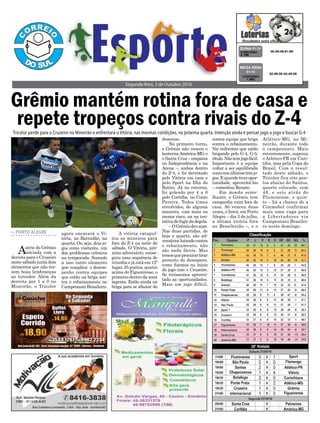 Segunda-feira, 3 de Outubro 2016
> PORTO ALEGRE
Asérie do Grêmio
iniciada com a
derrota para o Cruzeiro
neste sábado junta dois
elementos que não tra-
zem boas lembranças
ao torcedor. Além da
derrota por 1 a 0 no
Mineirão, o Tricolor
agora encarará o Vi-
tória, no Barradão, na
quarta. Ou seja, dois jo-
gos como visitante, um
dos problemas crônicos
na temporada. Somado
a isso outro elemento
que complica: o desem-
penho contra equipes
que estão na briga con-
tra o rebaixamento no
Campeonato Brasileiro.
Grêmio mantém rotina fora de casa e
repete tropeços contra rivais do Z-4
05-26-48-61-69CONCURSO
4.198
QUINA 01/10
A vitória catapul-
tou os mineiros para
fora do Z-4 na noite de
sábado. O Vitória, pró-
ximo adversário, conse-
guiu uma sequência de
triunfos e já está em 12º
lugar, 35 pontos, quatro
acima do Figueirense, o
primeiro dentro da zona
ingrata. Estão ainda na
briga para se afastar do
02-08-35-42-49-56
CONCURSO
1.862
MEGA SENA
01/10
descenso.
No primeiro turno,
o Grêmio não venceu o
lanterna América-MG e
o Santa Cruz – empates
no Independência e na
Arena –, ambos dentro
do Z-4, e foi derrotado
pelo Vitória em casa e
pelo Sport na Ilha do
Retiro. Já no returno,
foi goleado por 4 a 0
pelo Coritiba, no Couto
Pereira. Todos times
envolvidos, de alguma
maneira, com mais ou
menos risco, na na ten-
tativadefugirdadegola.
–OGrêmiodeuazar.
Nas duas partidas, de
hoje e quarta, são ad-
versárioslutandocontra
o rebaixamento, não
são nada fáceis. Mas
temosqueprocurartirar
proveito do desespero,
como fizemos no início
do jogo com o Cruzeiro.
Se tivéssemos aprovei-
tado as oportunidades.
Mais um jogo difícil,
contra equipe que briga
contra o rebaixamento.
Vai enfrentar que estão
brigando pelo G-4, G-5,
título.Nãotemjogofácil.
Importante é a equipe
voltar a ser equilibrada
comonosúltimostrêsjo-
gos.Equandotiveropor-
tunidade, aproveitá-las
– comentou Renato.
Em moeda seme-
lhante, o Grêmio tem
campanha ruim fora de
casa. Só venceu duas
vezes, o Inter, em Porto
Alegre – dia 3 de julho,
a última vitória fora
no Brasileirão –, e o
Atlético-MG, no Mi-
neirão, durante todo
o campeonato. Mais
recentemente, superou
o Atlético-PR em Curi-
tiba, mas pela Copa do
Brasil. Com o resul-
tado deste sábado, o
Tricolor fica oito pon-
tos abaixo do Santos,
quarto colocado, com
48, e seis atrás do
Fluminense, o quin-
to – há a chance de a
Conmebol confirmar
mais uma vaga para
a Libertadores via
Campeonato Brasilei-
ro neste domingo.
Tricolor perde para o Cruzeiro no Mineirão e enfrentará o Vitória, nas mesmas condições, na próxima quarta. Intenção ainda é pensar jogo a jogo e buscar G-4
 