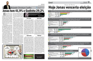 Jonastem41,9%eGodinho29,2%
Candidato à reeleição, prefeito de
Sombrio, Zênio Cardoso (PMDB), in-
cumbiu dois advogados de ficarem 24
horas por dia de olho nas postagens
feitas em redes sociais, que possam ser
consideradas ofensivas a sua pessoa ou
coligação. Nos últimos dias, uma série
de calúnias têm sido feitas contra Zênio,
em especial através do Facebook. Os
responsáveis pelas postagens, assim
como quem as compartilhou, comentou
de forma ofensiva, ou as curtiu, deverão
ser indiciados judicialmente, com base
na legislação eleitoral. Vários perfis
falsos no Facebook também têm sido
utilizados para denegrir a imagem do
candidato do PMDB. Técnicos em infor-
mática, no entanto, estão trabalhando
para localizar os computadores de onde
estão partindo as postagens, de modo a
juntar provas para processar os respon-
sáveis. Afora as ações penais, as multas
para os infratores vão de R$ 5 mil a R$
30 mil, por ofensa.
Força Tarefa Novascontas
DiferençasEleitor atento
ADVOCACIA EMPRESARIAL
FONE: (48) 3533-0145
“Agrande maioria das pessoas não está interessada em
temporais. Elas querem mesmo é alguém que lhes dê um navio
seguro para seguir viagem pela vida”.
Correio do Sul
Quarta-Feira,
28 de setembro de 2016
rolando_coelho@hotmail.com
(48) 9945.6787
William McFee (1881/1966)
Militar e Escritor inglês
Na edição de segunda-feira publi-
quei nota dando conta de que dez, dos
quinze vereadores de Araranguá, es-
tariam concorrendo à reeleição. Leitor
atendo entrou em contato para chamar
a atenção de que são onze, e não dez os
candidatos à reeleição no legislativo da
Cidade das Avenidas. Como obtive as
informações no site do TRE/SC, voltei
ao mesmo para ver o que havia de erra-
do. Eis que foi desvendado o mistério.
Acontece que o vereador Daniel Viriato
Afonso (PP) não consta como candidato
a reeleição, ainda que esteja exercendo
mandato e disputando um novo pleito.
O porquê disto, não da para saber, pelo
menos aparentemente. De todo modo,
refeito os cálculos, fica enfatizado que
são onze, e não dez, os candidatos à
reeleição na Câmara de Araranguá.
Dos quinze, só não estão em uma nova
disputa legislativa Rony da Silva (PSD),
Kila Ghellere (PSB), Chico Merêncio
(PT) e Giancarlo Soares de Souza (PSD).
E
m sua edição de hoje o
Jornal Correio do Sul
publica a sexta pesqui-
sa, referente às eleições
municipais majoritárias deste ano,
realizada em parceria com o Institu-
to Catarinense de Opinião Pública e
Estatística, o Incope. A pesquisa, que
está registrada junto ao Tribunal Re-
gional Eleitoral de Santa Catarina sob
o número SC-04891/2016, ouviu 400
eleitores passotorrenses nos dias 15 e
16 de setembro de 2016. A digitação,
tabulação e confecção do relatório final
foram feitos entre os dias 17 e 19 de
setembro. De acordo com o Incope, a
margem de erro é de 4,7% e o nível de
confiança é de 95%.
No município estão concorrendo ao
executivo o atual prefeito, Juarez Godi-
nho Scheffer (PSD), o vereador Jonas
Souza (PMDB) e a comerciante Neusa
Silva Matos (PSB). Godinho concorre
com o vereador Sérgio Joaquim Del-
fino, o Serginho do Bio (PP), como seu
candidato a vice. Já o candidato a vice
de Jonas é o ex-prefeito Áureo André
Henrique (PMDB). Por sua vez, Neusa
tem como seu companheiro de chapa
Deives Mello de Souza (PSB).
De acordo com o Incope, no que diz
respeito a pergunta estimulada, que é
aquela em que o entrevistador mostra
ao entrevistado as opções de candida-
tura a prefeito no município, o peeme-
debista Jonas Souza obteve 41,9% das
intençõesdevoto. JáGodinhoalcançou
29,2% das intenções de voto.Aterceira
colocação coube a candidata do PSB,
Neusa Matos, com 1,5% das intenções
de voto. Neste quesito, 22.9% disseram
não saber ainda em quem votar, e 4,7%
disseram que irão votar em branco
ou anular seu voto. A diferença entre
Jonas e Godinho é de 12,7%, e entre
Jonas e Neusa de 40,4%.
Pelos números apresentados pelo
Incope, fica evidenciado que a disputa
nesta reta final da campanha se dará
entre Jonas e Godinho. Disputa que,
aliás, deverá ser acirrada, por conta
dos quase 23% de eleitores que ainda
se mostram indecisos em relação a
quem votar para prefeito no município
este ano.
Este quadro mais aflorado de
indecisão, se comparado a pleitos
anteriores, tem sido observado em
toda a região. Em Passo de Torres,
no entanto, ele acaba se ressaltando
um pouco mais do que a média das
pesquisas publicadas até agora, pro-
vavelmente por conta das mudanças
de última hora realizadas na chapa
de situação. É que toda a campanha
timonada pelo PSD estava focada nas
candidaturas de Paulo Cordeiro (PSD)
a prefeito e de Valmir Rodrigues (PP)
a vice. Por conta da impugnação do
nome de Cordeiro, quem assumiu a
disputa pela prefeitura em seu lugar
foi Godinho. Por desentendimentos
internos em sua coligação, Valmir
acabou renunciando a condição de
candidato a vice, sendo substituído
por Serginho do Bio. Houve, portanto,
uma repaginação completa na chapa
de situação, o que, provavelmente,
tenha colaborado para que o número
de indecisos de mantenha alto mesmo
a poucos dias da eleição.
Nesta reta final, além do percen-
tual de 12,7% a frente de Godinho,
pesam a favor de Jonas Souza outros
dois fatores. O primeiro diz respeito
ao percentual de 73,6% dos eleitores
entrevistados que dizem que seus vo-
tos são definitivos, o que é muito bom
para qualquer candidato que esteja na
frente em uma disputa eleitoral. O se-
gundo fator diz respeito a rejeição dos
candidatos. Enquanto 17% dizem que
não votariam em Jonas, o percentual
de rejeição de Godinho é de 24,1%.
É senso comum no meio político de
nossa região que os dois municípios que
apresentarão uma maior diferença pro-
porcional, entre o primeiro e o segundo
colocado, na disputa pelo executivo,
serão São João do Sul e Araranguá.
Este conceito já parece totalmente con-
solidado. Na via inversa, há uma aposta
bastante grande dando conta de que a
menor diferença proporcional se dará
no município de Meleiro. Há também
aqueles municípios cujos desdobramen-
tos de 2016 são uma incógnita, como em
Arroio do Silva, onde desdobramentos
totalmente alheios ao debate político
acabaram tomando conta da campanha
deste ano. Sabe-se lá como a população
irá assimilar esta série de acusações
pessoais mútuas que atingem as can-
didaturas de Juscelino Guimarães, o
Mineirinho (PSD) e Fernando Borges
(PP). Há ainda aqueles casos onde o
número de eleitores é maior que o de
habitantes fixos, como Ermo e Morro
Grande, o que torna a abertura das
urnas um espetáculo a parte.
Tenho observado nas pesquisas
realizadas até agora pelo Incope, e
publicadas pelo Correio do Sul, que a
diferença de percentual entre a per-
gunta estimula e a espontânea é muito
pequena, quando o objetivo é saber em
qual candidato a prefeito o eleitor vai
votar. Na prática, não muda muito o
percentual alcançado por um candidato,
independente do entrevistador citar ou
não o seu nome.Avariação é no máximo
de 3%. Isto significa que o eleitor, de um
modo geral, está muito bem inteirado
do processo eleitoral em andamento.
Mostra também, que mesmo aqueles
que se dizem indecisos estão nesta
condição por indecisão mesmo, e não
por desconhecimento das candidaturas
postas. Fosse do contrário, a diferença
percentual entre a pergunta espontânea
e estimulada seria bem maior. Tudo isto
leva a crer que quem está na frente nas
pesquisas tem de fato maiores chances
de eleição, já que o olhar do eleitor para
o processo eleitoral deste ano está bem
apurado.
Geral 3Correio do Sul
Quarta-feira,
28 de setembro de 2016
Esta pesquisa assegura, com 400 questionários aplicados, margem de erro de 4.7% com nível de confiança de 95%. A coleta de informações no campo ocorreu nos dias 15 e 16 de Setembro 2016. A digitação,
tabulação e confecção do relatório foram feitas entre os dias 17 e 19 de Setembro de 2016 e esta registrada no TRE com o número SC-04891/2016
Hoje Jonas venceria eleição
Passo de Torres
Se as Eleições fossem hoje, e os candidatos fossem estes, em quem você votaria para
Prefeito e Vice-Prefeito de Passo de Torres?
Se as Eleições fossem hoje, em quem você votaria para Prefeito de Passo de Torres?
Seu voto é definitivo ou ainda pode mudar?
Votos válidos.
Independente do seu voto, quem você acha que irá ganhar as eleições para
Prefeito de Passo de Torres?
Se as eleições fossem hoje, e os candidatos fossem estes, em quem você não
votaria de jeito nenhum para Prefeito de Passo de Torres?
 