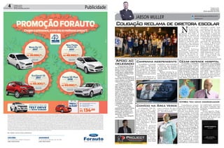 4 Correio do Sul
Quarta-Feira,
28 de setembro de 2016 Publicidade
Preços e condições de financiamento válidos até 30/09/2016 ou enquanto durarem os estoques - 20 unidades. Ka SE 1.0 2017 (cat KCC7) a partir de R$ 39.990,00 à vista ou financiado com taxa de 0,0% a.m. e 00,00% a.a, 65% de entrada (R$ 25.993,50) e saldo em 18 parcelas mensais de R$ 828,00 na
modalidade CDC com 30 dias de carência para pagamento da 1ª parcela, incluindo tarifas, custos e impostos (IOF). Valor total a prazo de R$ 40.897,50. Custo Efetivo Total (CET) calculado na data de 25/08/2016 a partir de 0,67% a.m. e 8,34% a.a., por meio do Programa Ford Credit. Ka SEL 1.0 2017 (cat KEA7)
a partir de R$ 46.990,00 à vista ou financiado com taxa de 0,0% a.m. e 00,00% a.a, 70% de entrada (R$ 32.893,00) e saldo em 24 parcelas mensais de R$ 627,00 na modalidade CDC com 30 dias de carência para pagamento da 1ª parcela, incluindo tarifas, custos e impostos (IOF). Valor total a prazo de R$
47.941,00. Custo Efetivo Total (CET) calculado na data de 26/08/2016 a partir de 0,53% a.m. e 6,54% a.a., por meio do Programa Ford Credit. Ka+ SE 1.0 2017 (cat ZCC7) a partir de R$ 42.990,00 à vista ou financiado com taxa de 0,0% a.m. e 00,00% a.a, 65% de entrada (R$ 27.943,50) e saldo em 18 parcelas
mensais de R$ 888,00 na modalidade CDC com 30 dias de carência para pagamento da 1ª parcela, incluindo tarifas, custos e impostos (IOF). Valor total a prazo de R$ 43.927,50. Custo Efetivo Total (CET) calculado na data de 25/08/2016 a partir de 0,64% a.m. e 8,01% a.a., por meio do Programa Ford Credit.
Ka+ SEL 1.0 2017 (cat ZEA7) a partir de R$ 49.990,00 à vista ou financiado com taxa de 0,0% a.m. e 00,00% a.a, 70% de entrada (R$ 34.993,00) e saldo em 24 parcelas mensais de R$ 667,00 na modalidade CDC com 30 dias de carência para pagamento da 1ª parcela, incluindo tarifas, custos e impostos (IOF).
Valor total a prazo de R$ 51.001,00. Custo Efetivo Total (CET) calculado na data de 26/08/2016 a partir de 0,53% a.m. e 6,53% a.a., por meio do Programa Ford Credit. New Fiesta Hatch SE 1.6 2017 (cat RCA7) a partir de R$ 48.990,00 à vista ou financiado com taxa de 0,0% a.m. e 0,00% a.a, 60% de entrada
(R$ 29.394,00) e saldo em 24 parcelas mensais de R$ 863,00 na modalidade CDC com 30 dias de carência para pagamento da 1ª parcela, incluindo tarifas, custos e impostos (IOF). Valor total a prazo de R$ 50.106,00. Custo Efetivo Total (CET) calculado na data de 25/08/2016 a partir de 0,45% a.m. e 5,51%
a.a., por meio do Programa Ford Credit. New Fiesta Hatch SEL 1.6 2017 (cat RCB7) a partir de R$ 55.790,00 à vista ou financiado com taxa de 0,0% a.m. e 0,00% a.a, 60% de entrada (R$ 33.474,00) e saldo em 24 parcelas mensais de R$ 979,00 na modalidade CDC com 30 dias de carência para pagamento da
1ª parcela, incluindo tarifas, custos e impostos (IOF). Valor total a prazo de R$ 56.970,00. Custo Efetivo Total (CET) calculado na data de 25/08/2016 a partir de 0,42% a.m. e 5,11% a.a., por meio do Programa Ford Credit. EcoSport FreeStyle 1.6 2017 (cat EFA7) a partir de R$ 69.990,00 à vista ou financiado com
taxa de 0,0% a.m. e 00,00% a.a, 60% de entrada (R$ 41.994,00) e saldo em 24 parcelas mensais de R$ 1.222,00 na modalidade CDC com 30 dias de carência para pagamento da 1ª parcela, incluindo tarifas, custos e impostos (IOF). Valor total a prazo de R$ 71.322,00. Custo Efetivo Total (CET) calculado na data
de 25/08/2016 a partir de 0,38% a.m. e 4,60% a.a., por meio do Programa Ford Credit. EcoSport SE 1.6 2017 (cat ECG7) a partir de R$ 65.300,00 à vista ou financiado com taxa de 0,0% a.m. e 00,00% a.a, 60% de entrada (R$ 39.180,00) e saldo em 24 parcelas mensais de R$ 1.142,00 na modalidade CDC
com 30 dias de carência para pagamento da 1ª parcela, incluindo tarifas, custos e impostos (IOF). Valor total a prazo de R$ 66.588,00. Custo Efetivo Total (CET) calculado na data de 26/08/2016 a partir de 0,39% a.m. e 4,77% a.a., por meio do Programa Ford Credit. Focus Fastback SE Plus 2.0 AT 2016 (cat
RDJ6) a partir de R$ 76.990 à vista. Focus SE Plus 1.6 2016 (cat QBN6) a partir de R$ 69.990,00 à vista.Não abrange seguro, acessórios, documentação e serviços de despachante, manutenção ou qualquer outro serviço prestado pelo Distribuidor. Sujeito à aprovação de crédito. O valor de composição do CET
poderá sofrer alteração, quando da data efetiva da contratação, considerando o valor do bem adquirido, as despesas contratadas pelo cliente, custos de Registros de Cartórios variáveis de acordo com a UF (não incluso no valor das parcelas e no cálculo da CET) na data da contratação. Contratos de Financiamento
e Arrendamento Ford Credit são operacionalizados pelo Banco Bradesco Financiamentos S.A. Valores válidos para cores sólidas. Frete incluso.
*Promoçãoválidaaté30desetembrode2016ouenquantoduraremosestoques.
Na cidade, somos todos pedestres.
Av. Centenário, 6000. Próspera
CRICIÚMA
(48) 3461.6000
R. Ascendino Moraes de Sá, 991
ARARANGUÁ
(48) 3521.2200
Preços e condições de financiamento válidos até 30/09/2016 ou enquanto durarem os estoques - 20 unidades. Ka SE 1.0 2017 (cat KCC7) a partir de R$ 39.990,00 à vista ou financiado com taxa de 0,0% a.m. e 00,00% a.a, 65% de entrada (R$ 25.993,50) e saldo em 18 parcelas mensais de R$ 828,00 na
APROVEITE E FAÇA UM
TEST DRIVE
NA NOVA RANGER!
Preços e condições de financiamento válidos até 30/09/2016 ou enquanto durarem os estoques - 20 unidades. Ka SE 1.0 2017 (cat KCC7) a partir de R$ 39.990,00 à vista ou financiado com taxa de 0,0% a.m. e 00,00% a.a, 65% de entrada (R$ 25.993,50) e saldo em 18 parcelas mensais de R$ 828,00 na
Focus SE Plus
Confira os outros
modelos da linha.
2016
(CAT QBN6)
à vista
a partir de
R$ 69.990,00
EcoSport 1.6
Confira os outros
modelos da linha.
2017
(CAT ECG7)
à vista
a partir de
R$ 65.300,00
New Fiesta
Hatch 1.6
Confira os outros
modelos da linha.
2017
(CAT RCA7)
à vista
a partir de
R$ 48.990,00
Novo Ka 1.0
Confira os outros
modelos da linha.
2017
(CAT KCC7)
à vista
a partir de
R$ 39.990,00
Focus SE Plus
à vista69.990,00
69.990,00
69.990,
Confira os outros
modelos da linha.
(CAT ECG7)
a partir de
R$ 65.300,
*Promoçãoválidaaté30desetembrode2016ouenquantoduraremosestoques.
Confira os outros
modelos da linha.
à vista48.990,00
48.990,00
48.990,
Confira os outros
modelos da linha.
(CAT KCC7)
a partir de
R$ 39.990,
PROMOÇÃOFORAUTOPROMOÇÃOFORAUTOPROMOÇÃOFORAUTOPROMOÇÃOFORAUTOPROMOÇÃOFORAUTOPROMOÇÃOFORAUTOPROMOÇÃOFORAUTOPROMOÇÃOFORAUTOPROMOÇÃOFORAUTOPROMOÇÃOFORAUTOPROMOÇÃOFORAUTOPROMOÇÃOFORAUTOPROMOÇÃOFORAUTOPROMOÇÃOFORAUTOPROMOÇÃOFORAUTOPROMOÇÃOFORAUTOPROMOÇÃOFORAUTOPROMOÇÃOFORAUTOPROMOÇÃOFORAUTOPROMOÇÃOFORAUTOPROMOÇÃOFORAUTOPROMOÇÃOFORAUTOPROMOÇÃOFORAUTOPROMOÇÃOFORAUTOPROMOÇÃOFORAUTOPROMOÇÃOFORAUTOPROMOÇÃOFORAUTOPROMOÇÃOFORAUTOPROMOÇÃOFORAUTOPROMOÇÃOFORAUTOPROMOÇÃOFORAUTOPROMOÇÃOFORAUTOPROMOÇÃOFORAUTOPROMOÇÃOFORAUTOPROMOÇÃOFORAUTOPROMOÇÃOFORAUTOPROMOÇÃOFORAUTOPROMOÇÃOFORAUTOPROMOÇÃOFORAUTOPROMOÇÃOFORAUTOPROMOÇÃOFORAUTOPROMOÇÃOFORAUTOPROMOÇÃOFORAUTOPROMOÇÃOFORAUTOPROMOÇÃOFORAUTOPROMOÇÃOFORAUTOPROMOÇÃOFORAUTOPROMOÇÃOFORAUTOPROMOÇÃOFORAUTOPROMOÇÃOFORAUTOPROMOÇÃOFORAUTOPROMOÇÃOFORAUTOPROMOÇÃOFORAUTOPROMOÇÃOFORAUTOPROMOÇÃOFORAUTOPROMOÇÃOFORAUTOPROMOÇÃOFORAUTOPROMOÇÃOFORAUTOPROMOÇÃOFORAUTOPROMOÇÃOFORAUTOPROMOÇÃOFORAUTOPROMOÇÃOFORAUTOPROMOÇÃOFORAUTOPROMOÇÃOFORAUTO
Chegouaprimavera,ecomelaosmelhorespreços*
!
anos
JABSON MULLER
Correio do Sul
Quarta-Feira,
28 de setembro de 2016
jabsonmuller@grupocorreiodosul.com.br
(48) 9955.5313
AAssociação dos Delega-
dos de Polícia do Estado de
Santa Catarina (Adepol/SC)
divulgou uma nota expres-
sando apoio e solidariedade
ao delegado da Polícia Civil
Ari José Soto Riva.
Riva, que foi delegado de
Santa Rosa do Sul por vários
anos e chegou a ser delegado
regional emAraranguá.
Anota refere-se a um
vídeo publicado pelo candi-
dato a prefeito de Meleiro
Eder Mattos, na página do
facebook ‘União por Meleiro’,
no dia 25 de setembro. No
vídeo, o candidato acusa o
Riva de ter gravado imagens
de uma investigação ocorrida
em 2012, na qual apurava
compra de votos, salientan-
do se tratar de uma “chula
montagem”. Acusa ainda
o delegado de ter cometido
outras irregularidades.
Anota assinada pelo
presidente daAdepol Ulisses
Gabriel afirma que as ale-
gações “não condizem com
a verdade, são caluniosas e
distorcem o ocorrido”.
Ari Riva hoje é delegado
em Criciúma.
Coligaçãoreclamadediretoraescolar
Apoio ao
delegado
Campanha independente Cézar defende hospital
Comício na Área Verde
ICMBio tem novo coordenador
N
a n o i t e d e
s e g u n d a -
-feira, a Ju-
ventude da
coligação Por Amor a
Maracajá se reuniu na
s a í d a d e u m a e s c o l a
para entregar o plano
de governo de seu can-
didato a prefeito pelo
município aos alunos,
na hora que eles fossem
sair do colégio para pe-
gar o ônibus.
S e g u n d o J u l i a n a
Dassoler, membro da
Juventude, aproxima-
damente 35 jovens es-
tavam em frente à es-
cola e não conseguiram
O candidato a vereador
em Sombrio, Marcello
Areão (PT), parece repetir
sua campanha de 2012,
quando fez um trabalho
independente da chapa
majoritária na qual estava
inserido.
Neste ano basta ver o
material de divulgação do
O vereador e candidato
a reeleição Cézar Luchina
está incomodado com os
comentários feitos pela opo-
sição em relação ao Hospital
Dom Joaquim. Cézar está
entre os maiores defenso-
res do hospital sombriense
e tem se dedicado a ele
com afinco. Com apoio de
Conselheiros consul-
tivos do entorno dos Par-
ques Nacionais Aparados
da Serra e Serra Geral
foram convidados para
uma reunião realizada
na segunda-feira, na sede
dos parques, em Cambará
do Sul. Na oportunidade,
foram apresentados ao
novo coordenador regio-
nal (Paraná, Santa Cata-
rina e Rio Grande do Sul)
do Instituto Chico Men-
des de Conversação da
Biodiversidade (ICMBio),
o biólogo Jorge Pegoraro.
O coordenador men-
cionou a atual situação
dos parques, sua infra-
estrutura e um assunto
que há desde a criação
das unidades de conser-
vação gera conflito entre
moradores e interessados
A coligação ‘Um Ar-
roio para todos’, que
tem a frente o candida-
to a prefeito Fernando
B o r g e s ( P P ) e a v i c e
Vera Vitor (PMDB), vai
se encontrar na Área
Verde, ao lado do Mer-
cado Lisboa, a partir
d a s 1 9 h 3 0 m i n , d e s t a
quarta-feira.
F a l t a n d o p o u c o s
dias para as eleições,
Fernando e Vera in-
tensificaram as visitas
as comunidades. “Nos-
sa campanha cresceu.
Está for-
t a l e c i d a
e c h e g a -
mos nesta
reta final
entregar o plano, nem
conversar com os alu-
nos, devido ao fato de
a d i r e t o r a d a e s c o l a
ter mudado o ponto de
ônibus dos estudantes
e orientado os alunos a
saírem por outro portão.
Os membros da Ju-
ventude da coligação
Por Amor a Maracajá
e o c a n d i d a t o a p r e -
feito, Arlindo Rocha,
aparecem em um vídeo,
publicado na página do
candidato no Facebook,
onde lamentam o ocor-
rido, até a noite de on-
tem, o vídeo tinha 116
compartilhamentos.
candidato, como santinhos
e Adesivos, que percebe-
-se que foge dos padrões
da campanha de Gilberto
e Dimi.
Muitos veículos de ca-
bos eleitorais de Marcello
usam adesivo do vereador,
casado com adesivo do can-
didato Zênio Cardoso.
empresários, ele coordenou
melhorias no prédio do HDJ
e agora comemora boas
notícias como o retorno das
internações e cirurgias
pelo SUS. “Quero fazer
um apelo, não usem o
hospital na guerra polí-
tica, pois quem sofre é a
população”, diz.
na exploração turística
da região Caminho dos
Canyons: a regularização
fundiária.
Nesta quarta, Pego-
raro visita Praia Grande
pela manhã e à tarde será
recebido pelo prefeito
Antônio de Fáveri em
Jacinto Machado.
com a certeza de que a
maioria quer a mudan-
ça”, diz Fernando.
 