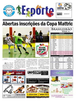 Terça-feira, 11 de outubro 2016
> SOMBRIO
Após o fim do
maior campeo-
nato municipal de fute-
bol de todos os tempos, é
hora de rolar a bola nas
quadras de Sombrio.
Para isso, estão aber-
tas a partir de hoje as
inscrições para a Copa
Mattric Sports de Fut-
sal, uma parceria da
Prefeitura de Sombrio
com a Mattric Sports e
a Liga Atlética Vale do
Mampituba.
AbertasinscriçõesdaCopaMattric
04-20-32-75-77CONCURSO
4.205
QUINA 10/10
Serão sete categorias
na maior competição da
modalidade na região.
Livre masculino, Livre
Feminino, Sub 17, Sub
15, Sub 13, Sub 11 e
Sub 09.
O sistema será o
mesmo de 2015 com toda
Brasileirão
Série A
a estrutura fornecida
pela Prefeitura de Som-
briocom inscrições pagas
para custear a arbitra-
gem e premiação doada
pela Mattric.
Mas informações:
99820219 (Fernando Xi-
mia) / 35336605 (DME).
 